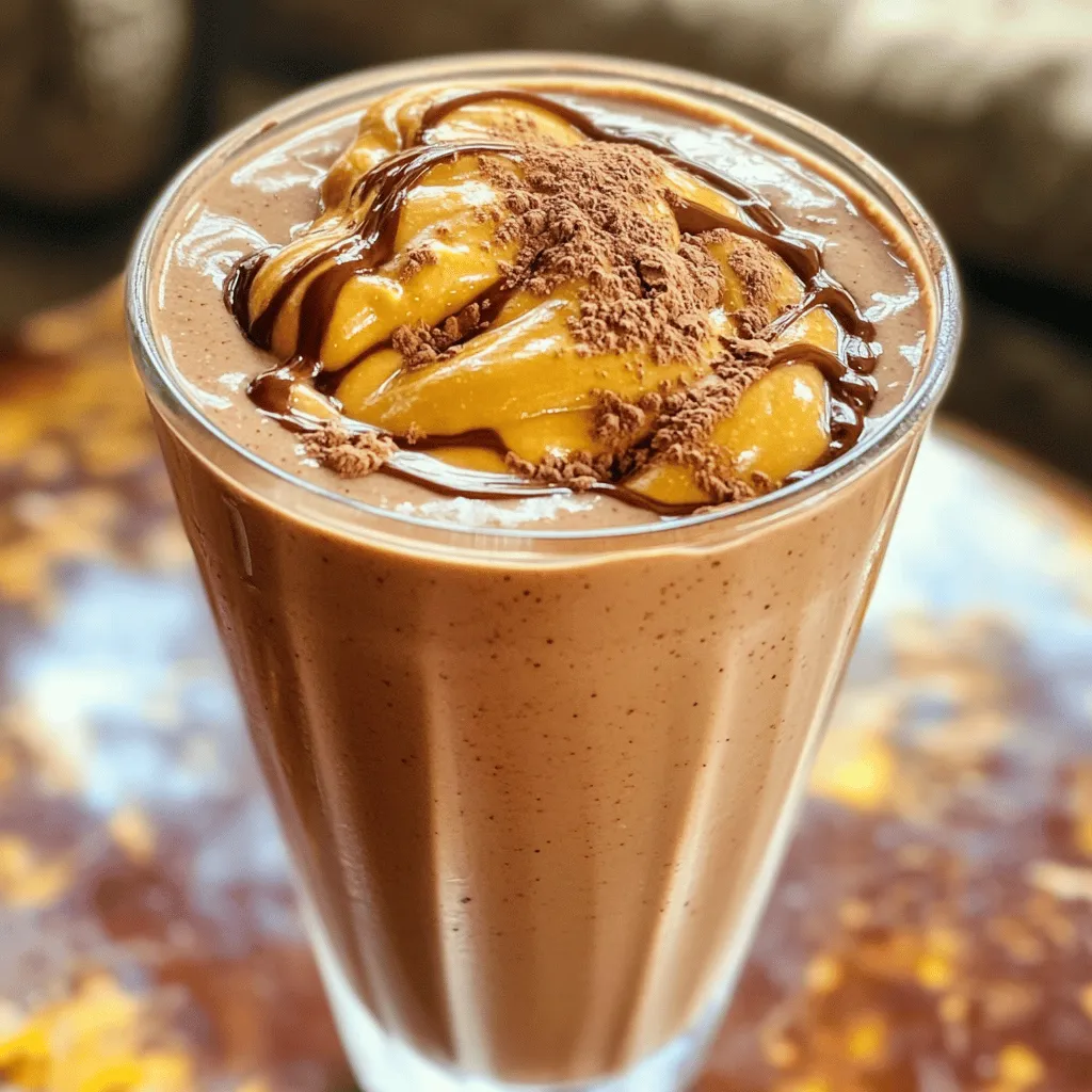 - Zuerst gebe die gefrorene Banane in den Mixer. Sie macht deinen Smoothie schön cremig. - Dann füge die natürliche Erdnussbutter hinzu. Sie bringt den leckeren, nussigen Geschmack. - Gieße jetzt die ungesüßte Mandelmilch über die Zutaten. Das hilft beim Mixen. - Siebe das Kakaopulver hinein. So bekommst du den vollen Schokoladengeschmack. - Wenn du es süßer magst, gib nach Geschmack Honig oder Ahornsirup dazu. - Füge den Vanilleextrakt und eine Prise Meersalz hinzu. Das hebt die Aromen hervor. - Mixe alles auf hoher Stufe, bis du eine glatte, cremige Konsistenz erreichst. Wenn du einen dickeren Smoothie willst, füge ein paar Eiswürfel hinzu und püriere erneut. - Gieße deinen Smoothie in ein gekühltes Glas. - Optional: Für eine schöne Präsentation träufle etwas Erdnussbutter an die Innenseite des Glases, bevor du den Smoothie eingießt. Bestreue ihn mit Kakaopulver oder Schokoladenspänen für das gewisse Extra. Genieße diesen schokoladigen Erdnussbutter-Smoothie. Er ist schnell gemacht und schmeckt fantastisch! Du findest das vollständige Rezept unter [Full Recipe]. Um die perfekte Konsistenz für deinen Smoothie zu erreichen, benutze gefrorene Zutaten. Gefrorene Bananen machen den Smoothie cremig und kühl. Sie helfen, die nötige Dicke und Textur zu erhalten. Mixe die Zutaten für etwa 30 bis 60 Sekunden. Wenn du einen dickeren Smoothie magst, füge noch mehr Eiswürfel hinzu und mixe weiter. Wenn du auf Zucker verzichten möchtest, probiere alternative Süßungsmittel. Stevia oder Datteln sind gesunde Optionen. Sie geben dem Smoothie Süße, ohne viel Zucker hinzuzufügen. Zudem kannst du die Mandelmilch durch Kokosmilch ersetzen. So wird der Smoothie milchfrei oder vegan. Diese Optionen sind lecker und gesünder für dich. Um deinem Smoothie mehr Nährstoffe zu geben, füge zusätzliche Proteinquellen hinzu. Ein Esslöffel Proteinpulver oder griechischer Joghurt funktioniert gut. Du kannst auch frische Früchte als Topping verwenden. Himbeeren, Erdbeeren oder Bananen machen den Smoothie noch schmackhafter. Diese kleinen Extras bringen Farbe und Geschmack in dein Getränk. {{image_4}} Du kannst die Erdnussbutter durch andere Nussbutter ersetzen. Mandelbutter oder Cashewbutter funktionieren gut. Diese Alternativen geben dem Smoothie einen neuen Geschmack. Du kannst auch Erdnussbutter aus dem Supermarkt wählen. Achte darauf, eine ohne Zuckerzusatz zu nehmen. Für die Milch kannst du verschiedene Sorten verwenden. Sojamilch ist eine gute Option, wenn du mehr Protein möchtest. Hafermilch gibt dem Smoothie eine süße Note. Wenn du es cremig magst, probiere Kokosmilch. Es gibt viele Möglichkeiten, deinen Smoothie anzupassen. Kakao-Nibs sind eine tolle Ergänzung. Sie geben deinem Smoothie einen knackigen Biss. Du kannst auch Schokoladensirup hinzufügen, um die Süße zu erhöhen. Dies macht den Smoothie noch schokoladiger und leckerer. Wenn du mehr Fruchtgeschmack willst, füge eine Handvoll Beeren hinzu. Himbeeren oder Erdbeeren passen gut. Sie bringen Frische in den Smoothie und sind gesund. Du kannst auch eine halbe Avocado beifügen. Das macht den Smoothie cremiger und nährstoffreicher. Wenn du einen Smoothie Bowl machen möchtest, reduziere die Flüssigkeit. Verwende weniger Milch, um eine dickere Konsistenz zu erreichen. Gieße den Smoothie in eine Schüssel und füge Toppings hinzu. Nüsse, Samen oder frische Früchte sind tolle Optionen. Du kannst auch einen grünen Smoothie ausprobieren. Füge eine Handvoll Spinat oder Grünkohl hinzu. Dies erhöht den Nährstoffgehalt und gibt dir einen gesunden Schub. Der Geschmack wird von der Erdnussbutter und dem Kakao überdeckt. So bleibt dein Smoothie lecker und nährstoffreich. Für das Full Recipe findest du alle Details hier. Nachdem du deinen schokoladigen Peanut Butter Smoothie gemacht hast, bleibt er am besten kühl. Lagere Reste im Kühlschrank. Verwende dazu ein luftdichtes Gefäß. So bleibt der Smoothie frisch und lecker. Er hält sich etwa 1 bis 2 Tage. Am besten genießt du ihn jedoch frisch, um den vollen Geschmack zu erleben. Wenn du deinen Smoothie mitnehmen möchtest, bereite ihn in einer dichten Flasche vor. Fülle die Flasche bis zum Rand, um Luft zu vermeiden. Das hält den Smoothie länger frisch. Du kannst auch einen Strohhalm in die Flasche stecken. So kannst du ihn einfach unterwegs trinken. Packe ihn in eine Kühltasche, besonders an warmen Tagen. Du kannst deinen Smoothie auch einfrieren. Gieße ihn in Eiswürfelformen oder in einen gefrierfesten Behälter. So kannst du ihn länger aufbewahren. Wenn du ihn wieder verwenden möchtest, lasse ihn im Kühlschrank oder bei Raumtemperatur auftauen. Verwende geeignete Behälter, um ein Auslaufen zu verhindern. Der Smoothie bleibt so über mehrere Wochen genießbar. ```markdown H2 - FAQs H3 - Wie kann ich den Smoothie süßer machen? Um den Smoothie süßer zu machen, kannst du natürliche Süßstoffe verwenden. Honig oder Ahornsirup sind tolle Optionen. Beide bringen nicht nur Süße, sondern auch einen besonderen Geschmack. Du kannst auch Datteln oder Agavendicksaft probieren. Diese Süßstoffe sind gesund und lecker. Beginne mit etwas weniger und füge mehr nach Geschmack hinzu. H3 - Kann ich andere Milchalternativen verwenden? Ja, du kannst viele verschiedene pflanzliche Milchsorten verwenden. Sojamilch, Kokosmilch und Hafermilch sind gute Alternativen. Jede Sorte hat ihren eigenen Geschmack. Sojamilch ist cremig, während Kokosmilch einen tropischen Touch gibt. Hafermilch ist besonders süß und weich. Wähle die Milch, die dir am besten gefällt. H3 - Wie viele Portionen ergibt dieses Rezept? Das Rezept ergibt eine Portion. Es ist perfekt für einen schnellen Snack oder ein Frühstück. Wenn du mehr machen willst, verdopple einfach die Zutaten. So kannst du den Smoothie leicht für zwei oder mehr Personen machen. Achte darauf, die Mixzeit zu verlängern, damit alles gut vermischt wird. H3 - Ist dieser Smoothie vegan? Ja, dieser Smoothie ist vegan. Alle Zutaten stammen aus pflanzlichen Quellen. Die Banane und die Erdnussbutter sind vegan. Auch die Mandelmilch ist pflanzlich. Wenn du Honig weglässt, bleibt er vollständig vegan. Du kannst auch einen pflanzlichen Süßstoff verwenden, wenn du das möchtest. So passt der Smoothie zu einer veganen Ernährung. ``` Dieser Blogbeitrag hat gezeigt, wie du einen leckeren Smoothie zubereitest. Wir haben die Hauptzutaten, die Schritt-für-Schritt-Anleitung und viele Tipps besprochen. Du kannst den Smoothie ganz nach deinem Geschmack anpassen. Denk daran, frische Zutaten machen den besten Unterschied. Ich hoffe, du probierst dieses Rezept bald aus und findest deine perfekte Mischung!