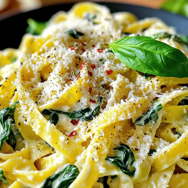 - 225 g Fettuccine oder andere Pasta - 5 Knoblauchzehen, fein gehackt - 240 ml Sahne Die Hauptzutaten sind einfach und leicht zu finden. Ich bevorzuge Fettuccine, aber jede Pasta funktioniert gut. Der Knoblauch gibt der Sauce einen starken Geschmack. Frischer Knoblauch ist am besten. Die Sahne macht die Sauce schön cremig und reichhaltig. - 1 Teelöffel italienische Gewürzmischung - 50 g geriebener Parmesan - Frische Basilikumblätter zur Dekoration Die italienische Gewürzmischung bringt die Aromen zusammen. Parmesan fügt einen salzigen und nussigen Geschmack hinzu. Nutze frische Basilikumblätter für die Dekoration. Sie sehen nicht nur schön aus, sie geben auch einen frischen Geschmack. Für das gesamte Rezept kannst du die Details im Full Recipe finden. Um die Pasta perfekt zu kochen, beginne mit einem großen Topf. Fülle ihn mit Wasser und füge eine gute Menge Salz hinzu. Das Salz hilft, den Geschmack der Pasta zu verbessern. Bringe das Wasser zum Kochen. Wenn das Wasser sprudelt, füge die Fettuccine oder deine Lieblingspasta hinzu. Koche die Pasta gemäß der Verpackungsanweisung, bis sie al dente ist. Al dente bedeutet, dass die Pasta fest bleibt, aber nicht hart ist. Nach dem Kochen, lasse die Pasta abtropfen und bewahre 120 ml des Nudelwassers auf. Das Wasser wird später für die Sauce nützlich sein. Jetzt ist es Zeit, den Knoblauch anzubraten. Erhitze in einer großen Pfanne bei mittlerer Hitze das Olivenöl. Achte darauf, dass das Öl heiß ist, bevor du den Knoblauch hinzufügst. Brate den fein gehackten Knoblauch etwa 1-2 Minuten an. Rühre währenddessen um, damit er nicht anbrennt. Du willst, dass er duftet, aber nicht braun wird. Wenn der Knoblauch goldig ist, bist du bereit für den nächsten Schritt. Für die Sauce gieße langsam die Sahne in die Pfanne. Rühre ständig, um sie gut mit dem Knoblauch zu vermengen. Füge die italienische Gewürzmischung, rote Pfefferflocken, Salz und Pfeffer hinzu. Lasse die Sauce für 2-3 Minuten köcheln. Überprüfe die Konsistenz. Sie sollte leicht dick sein, aber nicht zu fest. Wenn sie zu dick wird, kannst du etwas von dem Nudelwasser hinzufügen. So hast du die perfekte cremige Sauce für deine Pasta. Um die perfekte Konsistenz für deine cremige Knoblauch-Pasta zu bekommen, ist Nudelwasser ein Geheimtipp. Dieses Wasser enthält Stärke, die die Sauce bindet. Wenn die Sauce zu dick ist, füge einfach etwas von dem aufbewahrten Nudelwasser hinzu. Das macht die Sauce cremiger. Du kannst die Sauce auch anpassen. Wenn du mehr Geschmack möchtest, füge etwas mehr Parmesan oder Gewürze hinzu. Für einen zusätzlichen Kick eignen sich frische Kräuter oder ein Spritzer Zitrone. Wenn du Reste hast, lagere die Pasta in einem luftdichten Behälter im Kühlschrank. So bleibt sie frisch und lecker. Achte darauf, dass die Sauce die Pasta gut umhüllt, um ein Austrocknen zu verhindern. Um die Pasta wieder aufzuwärmen, benutze die Mikrowelle. Stelle die Hitze auf niedrig und decke die Schüssel ab. Dies hilft, die Feuchtigkeit zu halten, während die Pasta erhitzt wird. Rühre zwischendurch um, damit sie gleichmäßig warm wird. {{image_4}} Um das Gericht noch bunter und gesünder zu machen, fügen Sie weiteres Gemüse hinzu. Erbsen sind eine tolle Option. Sie bringen etwas Süße und Farbe. Brokkoli passt ebenfalls gut. Er gibt dem Gericht mehr Textur und Nährstoffe. Einfach das Gemüse in die Pfanne geben, wenn der Spinat fast gar ist. So bleibt es knackig und frisch. Möchten Sie etwas mehr Protein? Dann probieren Sie Hähnchen, Garnelen oder Tofu. Für Hähnchen nehmen Sie gekochte Stücke oder braten Sie es vorher an. Garnelen können in der Pfanne mit dem Knoblauch schnell gegart werden. Tofu ist eine großartige vegane Wahl. Schneiden Sie es in Würfel und braten Sie es an, bis es goldbraun ist. Diese Proteinoptionen machen das Gericht noch sättigender und leckerer. Um deine cremige Knoblauch-Pasta mit Spinat frisch zu halten, lagere sie richtig. Bewahre die Reste in einem luftdichten Behälter im Kühlschrank auf. So bleibt der Geschmack für 3 bis 4 Tage erhalten. Vor dem Lagern solltest du die Pasta vollständig abkühlen lassen. Das verhindert die Bildung von Kondenswasser, das die Pasta matschig machen kann. Wenn du die Pasta länger aufbewahren möchtest, kannst du sie im Gefrierschrank lagern. Fülle sie in einen gefrierfesten Behälter oder in einen Gefrierbeutel. Achte darauf, die Luft so gut wie möglich zu entfernen. Die Pasta kann bis zu 3 Monate eingefroren werden. Wenn du sie später genießen möchtest, lasse sie im Kühlschrank über Nacht auftauen. Um deine Pasta optimal wiederzuerwärmen, benutze eine Pfanne. Füge etwas Olivenöl oder Butter hinzu, um die Pasta wieder schmackhaft zu machen. Erhitze die Pasta langsam bei mittlerer Hitze. Rühre oft um, damit sie nicht anbrennt. Wenn die Pasta zu trocken erscheint, kannst du etwas Wasser oder Sahne hinzufügen. Das sorgt für die perfekte Konsistenz. Du kannst auch die Mikrowelle nutzen, aber achte darauf, die Pasta in kurzen Intervallen zu erhitzen. So bleibt sie gleichmäßig warm und trockenheit wird vermieden. Mit diesen Tipps bleibt deine cremige Knoblauch-Pasta mit Spinat lecker und frisch! Um die Pasta vegan zu machen, verwenden Sie pflanzliche Sahne. Es gibt viele Optionen wie Hafer- oder Sojasahne. Sie können auch Käsealternativen verwenden. Diese sind oft aus Nüssen oder Soja hergestellt. Sie haben einen ähnlichen Geschmack wie Parmesan. So bleibt das Gericht cremig und lecker. Ja, Sie können die Pasta im Voraus zubereiten. Kochen Sie die Pasta und die Sauce wie gewohnt. Lassen Sie alles abkühlen, bevor Sie es in einem luftdichten Behälter aufbewahren. Im Kühlschrank hält es sich bis zu drei Tage. Wenn Sie es servieren möchten, erwärmen Sie die Pasta sanft. Fügen Sie etwas Nudelwasser hinzu, um die Sauce cremig zu halten. Um den Knoblauchgeschmack zu mildern, verwenden Sie weniger Knoblauch. Sie können auch den Knoblauch kurz anbraten, anstatt ihn lange zu garen. Eine andere Idee ist, den Knoblauch zu pürieren, bevor Sie ihn in die Sauce geben. So verteilt sich der Geschmack besser und wird sanfter. Probieren Sie diese Tipps, um die Aromen anzupassen. Diese Anleitung half dir, köstliche Pasta zuzubereiten. Du hast die Hauptzutaten kennengelernt und gelernt, wie du sie perfekt kochst. Wir haben die Tipps für die Konsistenz und die Aufbewahrung besprochen. Variationen wie Gemüse und Proteinoptionen erweitern das Gericht. Denke daran, dass die richtige Lagerung und Wiedererwärmung wichtig sind. Probiere unsere Vorschläge für eine angepasste und schmackhafte Pasta. Viel Spaß beim Kochen und Genießen!