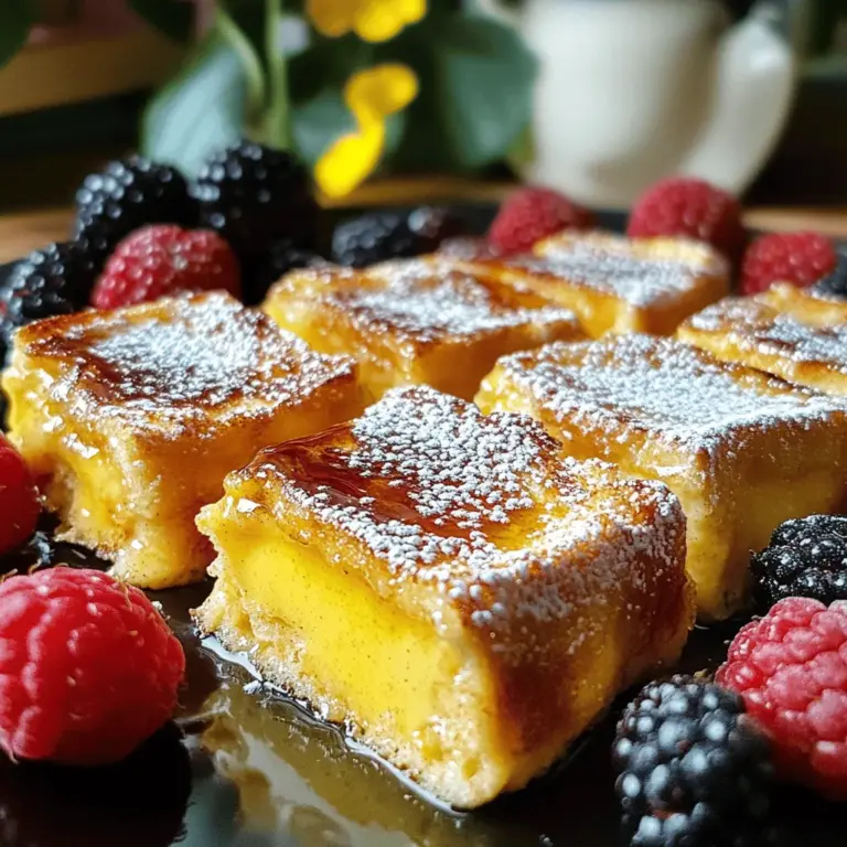 Für die Übernachtete Crème Brûlée French Toast benötigst du: - 1 Laib Challah-Brot, in 2,5 cm dicke Scheiben geschnitten - 4 große Eier - 1 Tasse Vollmilch - 1 Tasse Schlagsahne - 1/2 Tasse Kristallzucker - 1 Esslöffel Vanilleextrakt - 1 Teelöffel gemahlener Zimt - 1/4 Teelöffel Salz - 1/2 Tasse brauner Zucker (zum Bestreuen) - Frische Beeren (zur Garnitur) - Puderzucker (optional, zum Bestäuben) Wähle frische Eier für den besten Geschmack. Sie sollten immer kühl gelagert sein. Die Milch und Sahne sind wichtig für eine cremige Konsistenz. Achte darauf, dass sie frisch und unverdorben sind. Das Brot ist entscheidend. Challah hat eine tolle Textur und schmeckt süß. Wenn du kein Challah hast, benutze Brioche. Sie hat ähnliche Eigenschaften. Der Zimt sorgt für Wärme und Tiefe. Hochwertiger Vanilleextrakt macht einen großen Unterschied. Du kannst die Zutaten nach deinem Geschmack anpassen. Für eine leichtere Version nimm fettarme Milch statt Vollmilch. Wenn du den Zuckergehalt reduzieren möchtest, verwende weniger Kristallzucker. Für vegane Optionen, ersetze die Eier durch Leinsamen oder Chiasamen. Pflanzliche Milch und Sahne funktionieren ebenfalls gut. Du kannst auch verschiedene Brotsorten ausprobieren, wie Vollkornbrot oder glutenfreies Brot. Wenn du Beeren nicht magst, probiere Bananen oder Äpfel. Frisches Obst macht die Speise noch bunter und gesünder. Für die vollständige Zubereitung schaue dir das Full Recipe an. Um das Brot vorzubereiten, schneide den Challah-Brotlaib in dicke Scheiben. Diese sollten etwa 2,5 cm dick sein. Lege die Brotscheiben in eine gefettete Auflaufform. Achte darauf, dass die Scheiben leicht überlappen. Diese Überlappung hilft, die Custard-Mischung gleichmäßig zu verteilen. Das Brot ist die Basis für unseren köstlichen Crème Brûlée French Toast. Jetzt kommt der spaßige Teil! Nimm eine große Rührschüssel und gib die Eier hinein. Füge die Vollmilch, die Schlagsahne und den Kristallzucker hinzu. Rühre alles gut um, bis die Mischung homogen ist. Der Vanilleextrakt sorgt für einen tollen Geschmack. Jetzt kommt der gemahlene Zimt und das Salz dazu. Diese Zutaten geben der Custard eine wunderbare Note. Gieße die Custard-Mischung gleichmäßig über die Brotscheiben. Drücke vorsichtig auf das Brot, damit es die Flüssigkeit gut aufnimmt. Decke die Auflaufform mit Frischhaltefolie ab. Stelle sie dann über Nacht in den Kühlschrank. Dadurch kann das Brot die Custard gut aufnehmen. Am nächsten Morgen heize den Ofen auf 175°C vor. Nimm die Folie ab und backe das Brot für etwa 35-40 Minuten. Es sollte goldbraun und leicht aufgegangen sein. Nach dem Backen lass das Gericht kurz abkühlen. Bestreue die Oberfläche gleichmäßig mit braunem Zucker. Jetzt kommt der aufregende Teil! Verwende einen Küchenbrenner, um den Zucker zu karamellisieren. Der Zucker sollte blubbern und goldbraun werden. Wenn du keinen Brenner hast, lege das Gericht für 1-2 Minuten unter den Grill. Achte darauf, dass es nicht verbrennt. Serviere das French Toast warm, garniert mit frischen Beeren und Puderzucker. So wird dein Frühstück zu einem echten Genuss! Ein häufiger Fehler ist, dass das Brot nicht genug Flüssigkeit aufnimmt. Achte darauf, die Custard-Mischung gleichmäßig über das Brot zu gießen. Drücke leicht auf die Scheiben, damit sie gut durchtränkt werden. Ein weiterer Fehler ist, die Backzeit nicht genau zu beachten. Halte die Zeit im Auge, um ein Überbacken zu vermeiden. Das Ergebnis sollte goldbraun und fluffig sein. Für das beste Ergebnis benutze frisches Challah-Brot. Es hat die perfekte Textur. Lass das Gericht über Nacht im Kühlschrank ruhen. So kann das Brot die Aromen besser aufnehmen. Der Vanilleextrakt bringt viel Geschmack. Verwende hochwertige Zutaten, um die Aromen zu verstärken. Der braune Zucker sorgt für eine knusprige Karamellschicht. Serviere die Crème Brûlée French Toast auf schönen Desserttellern. Garniere jede Portion mit frischen Beeren. Ein wenig Puderzucker darüber streuen macht das Gericht besonders. Du kannst auch etwas Ahornsirup danebenlegen. Das sieht toll aus und schmeckt lecker. Wenn du magst, füge Minzblätter hinzu für einen frischen Touch. {{image_4}} Wenn du eine vegane Variante ausprobieren möchtest, ist das ganz einfach. Du kannst die Eier durch eine Mischung aus Leinsamen und Wasser ersetzen. Für jedes Ei nimm einfach 1 Esslöffel gemahlene Leinsamen und 3 Esslöffel Wasser. Lass diese Mischung kurz quellen. Statt Milch und Sahne kannst du Pflanzenmilch und Kokoscreme verwenden. Diese ersetzen die cremige Textur und den Geschmack sehr gut. Du kannst dein Crème Brûlée French Toast noch aufregender machen. Füge Zimt, Muskatnuss oder sogar ein wenig Kakaopulver zur Custard-Mischung hinzu. Diese Gewürze geben dem Gericht einen besonderen Kick. Für die Toppings sind frische Früchte eine tolle Wahl. Überrasche deine Gäste mit frischen Erdbeeren, Himbeeren oder Bananen. Ein Spritzer Ahornsirup oder Honig macht es noch süßer. Für eine glutenfreie Version wähle glutenfreies Brot. Achte darauf, dass das Brot frisch ist, um die beste Textur zu erhalten. Du kannst auch Mandel- oder Kokosmehl verwenden, um das Custard zu binden. Diese Optionen sind lecker und für alle geeignet. So genießt jeder dein Gericht. Wenn du mehr erfahren möchtest, schau dir die [Full Recipe] an. Du kannst dein Overnight Crème Brûlée French Toast sicher im Kühlschrank aufbewahren. Decke es gut ab, um es frisch zu halten. Verwende Frischhaltefolie oder einen luftdichten Behälter. So bleibt der Geschmack erhalten und das Brot wird nicht trocken. Es bleibt für bis zu drei Tage frisch. Wenn du Reste hast, kannst du diese einfrieren. Schneide das French Toast in Portionen und lege jede in einen Gefrierbeutel. Achte darauf, die Luft gut herauszudrücken. Im Gefrierfach bleibt es bis zu drei Monate haltbar. Zum Aufwärmen, nimm eine Portion heraus und lass sie im Kühlschrank über Nacht auftauen. Erhitze sie dann im Ofen bei 175°C für etwa 10-15 Minuten. Die Haltbarkeit hängt von den Zutaten ab. Eier und Milch sind die Hauptakteure. Frische Eier halten sich etwa drei bis fünf Wochen im Kühlschrank. Vollmilch bleibt ebenfalls bis zu einer Woche nach dem Mindesthaltbarkeitsdatum frisch. Achte darauf, das French Toast immer gut abzudecken. So vermeidest du Gerüche aus dem Kühlschrank. Diese Tipps sorgen dafür, dass dein Gericht frisch und lecker bleibt. Ich empfehle, das Gericht mindestens 4 Stunden vorher zuzubereiten. Am besten ist es jedoch, es über Nacht im Kühlschrank zu lassen. So kann das Brot die Custard-Mischung gut aufnehmen. Diese Zeit gibt dem Gericht den vollen Geschmack und die perfekte Textur. Ja, du kannst das Rezept anpassen. Du kannst verschiedene Brotsorten verwenden, wie Brioche oder Vollkornbrot. Auch die Milch kann durch pflanzliche Alternativen ersetzt werden. Wenn du keine Eier verwenden möchtest, probiere einen Eiersatz. Du kannst auch den Zimt durch Muskatnuss oder andere Gewürze ersetzen. So machst du das Gericht ganz nach deinem Geschmack. Der beste Weg, die Oberfläche zu karamellisieren, ist mit einem Küchenbrenner. Halte den Brenner etwa 5-10 cm über den Zucker. Bewege den Brenner langsam, bis der Zucker blubbert und goldbraun wird. Wenn du keinen Brenner hast, kannst du das Gericht unter den Grill im Ofen legen. Achte darauf, das Gericht nicht zu lange zu lassen, um ein Verbrennen zu vermeiden. Zusammenfassend habe ich die besten Zutaten für Crème Brûlée French Toast beschrieben. Ich habe Tipps gegeben, wie man die richtigen Zutaten auswählt und Optionen für verschiedene Vorlieben vorgestellt. Die Schritt-für-Schritt-Anleitung erleichtert die Zubereitung und das Backen. Ich teile auch häufige Fehler und wie man sie vermeidet. Denke daran, auch Variationen und die richtigen Aufbewahrungsmethoden zu nutzen. Damit gelingt dir dieses köstliche Gericht immer. Viel Spaß beim Kochen!