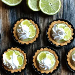 Um die perfekten Mini Key Lime Pies zu machen, brauchst du einige einfache Zutaten: - 1 Tasse Graham-Cracker-Krümel - 1/4 Tasse ungesalzene Butter, geschmolzen - 1/4 Tasse Zucker - 1 Tasse Frischkäse, weich - 1/2 Tasse gesüßte Kondensmilch - 1/2 Tasse frisch gepresster Key-Limettensaft - 1 Teelöffel Limettenschale - 1 Tasse Schlagsahne - 2 Esslöffel Puderzucker - Frische Limettenscheiben zur Garnitur Achte darauf, dass der Frischkäse weich ist. So lässt er sich gut vermengen. Verwende frische Limetten für den besten Geschmack. Die frischen Limetten geben dem Dessert einen tollen, spritzigen Kick. Lass die Mini Pies nach der Zubereitung gut kühlen. So bleibt die Füllung fest und cremig. Wenn du keinen Graham-Cracker hast, probiere Kekse wie Butterkekse oder Haferkekse. Für eine vegane Option kannst du pflanzlichen Frischkäse nutzen. Ersetze die gesüßte Kondensmilch durch Kokoscreme oder eine andere pflanzliche Alternative. Wenn du keinen Zugang zu Key-Limetten hast, kannst du normalen Limettensaft verwenden. Um die perfekte Graham-Cracker-Kruste zu machen, nehmen Sie eine mittlere Schüssel. Mischen Sie dort 1 Tasse Graham-Cracker-Krümel, 1/4 Tasse geschmolzene Butter und 1/4 Tasse Zucker gut miteinander. Achten Sie darauf, dass die Krümel gleichmäßig befeuchtet sind. Dann drücken Sie die Mischung fest in Mini-Tartformen oder Muffinförmchen. Stellen Sie die Formen in den Kühlschrank, während Sie die Füllung zubereiten. Für die Füllung nehmen Sie eine Rührschüssel. Schlagen Sie dort 1 Tasse weichen Frischkäse zusammen mit 1/2 Tasse gesüßter Kondensmilch cremig. Die Mischung sollte glatt sein. Fügen Sie dann 1/2 Tasse frisch gepressten Key-Limettensaft und 1 Teelöffel Limettenschale hinzu. Rühren Sie alles gut um, bis die Füllung samtig wird. In einer separaten Schüssel schlagen Sie 1 Tasse Schlagsahne mit 2 Esslöffeln Puderzucker, bis sich weiche Spitzen bilden. Heben Sie die geschlagene Sahne vorsichtig unter die Füllung. Die Mischung sollte leicht und luftiger sein. Nehmen Sie die Krusten aus dem Kühlschrank. Füllen Sie jede Kruste gleichmäßig mit der Key-Lime-Füllung. Glätten Sie die Oberflächen mit einem Spatel. Stellen Sie die Mini-Key-Lime-Pies zurück in den Kühlschrank und lassen Sie sie mindestens 2 Stunden lang kühlen. Wenn sie fest sind, toppen Sie jede mit einem Klecks Schlagsahne und garnieren Sie sie mit frischen Limettenscheiben. Servieren Sie die Mini-Pies auf einem schönen Dessertteller. So kommen die leuchtenden Farben perfekt zur Geltung. Um perfekte Mini Key Lime Pies zu machen, brauchst du frische Zutaten. Verwende frischen Limettensaft für den besten Geschmack. Der Frischkäse sollte weich sein, damit er sich gut vermischt. Achte darauf, die Graham-Cracker-Kruste fest zu drücken. So bleibt sie stabil, wenn du die Füllung hinzufügst. Kühle die Pies lange genug, damit sie fest werden. Mindestens zwei Stunden sind wichtig. Die Sahne muss kalt sein, bevor du sie schlägst. Stelle die Schüssel und den Schneebesen auch in den Kühlschrank. Das hilft, die Sahne besser aufzuschlagen. Schlage die Sahne, bis sich weiche Spitzen bilden. Achte darauf, die Sahne sanft unter die Füllung zu heben. So bleibt die Mischung luftig und leicht. Übertreibe es nicht beim Rühren, um die Luftigkeit nicht zu verlieren. Teile den Keksboden gleichmäßig in die Formen. Das sorgt für gleichmäßige Portionen. Kühle die Pies mindestens zwei Stunden. So festigen sie sich gut und lassen sich leicht herausnehmen. Du kannst sie auch über Nacht im Kühlschrank lassen. So sind sie am nächsten Tag bereit zum Servieren. Garnieren mit Schlagsahne und Limettenscheiben gibt den letzten Schliff. Verwende die Full Recipe, um alle Schritte zu befolgen. {{image_4}} Du kannst die Mini Key Lime Pies einfach anpassen. Probiere verschiedene Früchte aus! Erdbeeren, Himbeeren oder Mango geben einen tollen Geschmack. Mische einfach die Fruchtpürees in die Füllung. Das sorgt für frische und fruchtige Noten. Für eine glutenfreie Option wähle glutenfreie Kekse. Diese ersetzen die Graham-Cracker-Krümel. Du kannst auch eine vegane Variante machen. Nutze Kokoscreme anstelle von Frischkäse. Für den Zucker nimm Agavendicksaft oder einen anderen Süßstoff. So bleibt der Genuss ganz ohne tierische Produkte. Die Toppings machen es besonders! Du kannst frische Limettenscheiben verwenden. Auch Minzblätter sehen toll aus. Schlagsahne ist ein Muss für viele. Probiere auch Kokosraspel für den Extra-Kick. Diese kleinen Details machen deine Mini Pies zu einem echten Hingucker. Um die Mini Key Lime Pies frisch zu halten, bewahre sie im Kühlschrank auf. Ich empfehle, sie in einem luftdichten Behälter zu lagern. So bleiben sie lecker und weich. Wenn du die Pies auf einen Teller stellst, decke sie mit Frischhaltefolie ab. Das schützt sie vor anderen Gerüchen im Kühlschrank. Die Mini Key Lime Pies halten sich gut im Kühlschrank. Du kannst sie bis zu drei Tage genießen. Nach drei Tagen kann die Kruste weich werden. Wenn du sie länger aufbewahren möchtest, denke an das Einfrieren. Einfrieren ist eine tolle Option. Stelle sicher, dass die Pies gut verpackt sind. Verwende Frischhaltefolie und dann Alufolie. So bleibt ihre Frische erhalten. Du kannst die Pies bis zu einem Monat einfrieren. Um sie zu genießen, lasse sie einfach im Kühlschrank auftauen. So bleiben sie lecker und cremig. Die Mini Key Lime Pies bleiben im Kühlschrank bis zu fünf Tage frisch. Bewahre sie in einem luftdichten Behälter auf. So bleiben die Kruste knusprig und die Füllung cremig. Wenn du sie länger aufbewahren möchtest, kannst du sie auch einfrieren. Achte darauf, sie gut zu verpacken, um Gefrierbrand zu vermeiden. Ja, du kannst frische Limonen verwenden, wenn du keine Key-Limetten findest. Der Geschmack wird leicht anders sein, aber die Pies bleiben lecker. Limonen sind saftiger und etwas süßer. Das ergibt eine schöne, frische Note. Probiere es aus und finde heraus, was dir besser gefällt! Wenn die Füllung zu dick ist, füge etwas mehr Limettensaft oder gesüßte Kondensmilch hinzu. Das macht die Füllung cremiger. Wenn sie zu dünn ist, kannst du etwas mehr Frischkäse verwenden. Achte darauf, die Mischung gut zu schlagen, damit sie luftig bleibt. Spiele mit den Zutaten, bis du deine perfekte Konsistenz findest. Die Mini Key Lime Pies sind eine einfache und leckere Süßigkeit. Wir haben die Hauptzutaten dieser kleinen Köstlichkeiten geprüft. Ich habe dir gezeigt, wie du die Kruste und die Füllung zubereitest. Außerdem gab es nützliche Tipps für das perfekte Gelingen. Vergiss nicht, mit verschiedenen Geschmäckern zu experimentieren oder Alternativen zu verwenden. Ideal ist es, sie richtig zu lagern, damit sie frisch bleiben. Du solltest bereit sein, diese Leckerei zu genießen.