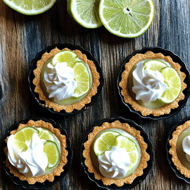 Um die perfekten Mini Key Lime Pies zu machen, brauchst du einige einfache Zutaten: - 1 Tasse Graham-Cracker-Krümel - 1/4 Tasse ungesalzene Butter, geschmolzen - 1/4 Tasse Zucker - 1 Tasse Frischkäse, weich - 1/2 Tasse gesüßte Kondensmilch - 1/2 Tasse frisch gepresster Key-Limettensaft - 1 Teelöffel Limettenschale - 1 Tasse Schlagsahne - 2 Esslöffel Puderzucker - Frische Limettenscheiben zur Garnitur Achte darauf, dass der Frischkäse weich ist. So lässt er sich gut vermengen. Verwende frische Limetten für den besten Geschmack. Die frischen Limetten geben dem Dessert einen tollen, spritzigen Kick. Lass die Mini Pies nach der Zubereitung gut kühlen. So bleibt die Füllung fest und cremig. Wenn du keinen Graham-Cracker hast, probiere Kekse wie Butterkekse oder Haferkekse. Für eine vegane Option kannst du pflanzlichen Frischkäse nutzen. Ersetze die gesüßte Kondensmilch durch Kokoscreme oder eine andere pflanzliche Alternative. Wenn du keinen Zugang zu Key-Limetten hast, kannst du normalen Limettensaft verwenden. Um die perfekte Graham-Cracker-Kruste zu machen, nehmen Sie eine mittlere Schüssel. Mischen Sie dort 1 Tasse Graham-Cracker-Krümel, 1/4 Tasse geschmolzene Butter und 1/4 Tasse Zucker gut miteinander. Achten Sie darauf, dass die Krümel gleichmäßig befeuchtet sind. Dann drücken Sie die Mischung fest in Mini-Tartformen oder Muffinförmchen. Stellen Sie die Formen in den Kühlschrank, während Sie die Füllung zubereiten. Für die Füllung nehmen Sie eine Rührschüssel. Schlagen Sie dort 1 Tasse weichen Frischkäse zusammen mit 1/2 Tasse gesüßter Kondensmilch cremig. Die Mischung sollte glatt sein. Fügen Sie dann 1/2 Tasse frisch gepressten Key-Limettensaft und 1 Teelöffel Limettenschale hinzu. Rühren Sie alles gut um, bis die Füllung samtig wird. In einer separaten Schüssel schlagen Sie 1 Tasse Schlagsahne mit 2 Esslöffeln Puderzucker, bis sich weiche Spitzen bilden. Heben Sie die geschlagene Sahne vorsichtig unter die Füllung. Die Mischung sollte leicht und luftiger sein. Nehmen Sie die Krusten aus dem Kühlschrank. Füllen Sie jede Kruste gleichmäßig mit der Key-Lime-Füllung. Glätten Sie die Oberflächen mit einem Spatel. Stellen Sie die Mini-Key-Lime-Pies zurück in den Kühlschrank und lassen Sie sie mindestens 2 Stunden lang kühlen. Wenn sie fest sind, toppen Sie jede mit einem Klecks Schlagsahne und garnieren Sie sie mit frischen Limettenscheiben. Servieren Sie die Mini-Pies auf einem schönen Dessertteller. So kommen die leuchtenden Farben perfekt zur Geltung. Um perfekte Mini Key Lime Pies zu machen, brauchst du frische Zutaten. Verwende frischen Limettensaft für den besten Geschmack. Der Frischkäse sollte weich sein, damit er sich gut vermischt. Achte darauf, die Graham-Cracker-Kruste fest zu drücken. So bleibt sie stabil, wenn du die Füllung hinzufügst. Kühle die Pies lange genug, damit sie fest werden. Mindestens zwei Stunden sind wichtig. Die Sahne muss kalt sein, bevor du sie schlägst. Stelle die Schüssel und den Schneebesen auch in den Kühlschrank. Das hilft, die Sahne besser aufzuschlagen. Schlage die Sahne, bis sich weiche Spitzen bilden. Achte darauf, die Sahne sanft unter die Füllung zu heben. So bleibt die Mischung luftig und leicht. Übertreibe es nicht beim Rühren, um die Luftigkeit nicht zu verlieren. Teile den Keksboden gleichmäßig in die Formen. Das sorgt für gleichmäßige Portionen. Kühle die Pies mindestens zwei Stunden. So festigen sie sich gut und lassen sich leicht herausnehmen. Du kannst sie auch über Nacht im Kühlschrank lassen. So sind sie am nächsten Tag bereit zum Servieren. Garnieren mit Schlagsahne und Limettenscheiben gibt den letzten Schliff. Verwende die Full Recipe, um alle Schritte zu befolgen. {{image_4}} Du kannst die Mini Key Lime Pies einfach anpassen. Probiere verschiedene Früchte aus! Erdbeeren, Himbeeren oder Mango geben einen tollen Geschmack. Mische einfach die Fruchtpürees in die Füllung. Das sorgt für frische und fruchtige Noten. Für eine glutenfreie Option wähle glutenfreie Kekse. Diese ersetzen die Graham-Cracker-Krümel. Du kannst auch eine vegane Variante machen. Nutze Kokoscreme anstelle von Frischkäse. Für den Zucker nimm Agavendicksaft oder einen anderen Süßstoff. So bleibt der Genuss ganz ohne tierische Produkte. Die Toppings machen es besonders! Du kannst frische Limettenscheiben verwenden. Auch Minzblätter sehen toll aus. Schlagsahne ist ein Muss für viele. Probiere auch Kokosraspel für den Extra-Kick. Diese kleinen Details machen deine Mini Pies zu einem echten Hingucker. Um die Mini Key Lime Pies frisch zu halten, bewahre sie im Kühlschrank auf. Ich empfehle, sie in einem luftdichten Behälter zu lagern. So bleiben sie lecker und weich. Wenn du die Pies auf einen Teller stellst, decke sie mit Frischhaltefolie ab. Das schützt sie vor anderen Gerüchen im Kühlschrank. Die Mini Key Lime Pies halten sich gut im Kühlschrank. Du kannst sie bis zu drei Tage genießen. Nach drei Tagen kann die Kruste weich werden. Wenn du sie länger aufbewahren möchtest, denke an das Einfrieren. Einfrieren ist eine tolle Option. Stelle sicher, dass die Pies gut verpackt sind. Verwende Frischhaltefolie und dann Alufolie. So bleibt ihre Frische erhalten. Du kannst die Pies bis zu einem Monat einfrieren. Um sie zu genießen, lasse sie einfach im Kühlschrank auftauen. So bleiben sie lecker und cremig. Die Mini Key Lime Pies bleiben im Kühlschrank bis zu fünf Tage frisch. Bewahre sie in einem luftdichten Behälter auf. So bleiben die Kruste knusprig und die Füllung cremig. Wenn du sie länger aufbewahren möchtest, kannst du sie auch einfrieren. Achte darauf, sie gut zu verpacken, um Gefrierbrand zu vermeiden. Ja, du kannst frische Limonen verwenden, wenn du keine Key-Limetten findest. Der Geschmack wird leicht anders sein, aber die Pies bleiben lecker. Limonen sind saftiger und etwas süßer. Das ergibt eine schöne, frische Note. Probiere es aus und finde heraus, was dir besser gefällt! Wenn die Füllung zu dick ist, füge etwas mehr Limettensaft oder gesüßte Kondensmilch hinzu. Das macht die Füllung cremiger. Wenn sie zu dünn ist, kannst du etwas mehr Frischkäse verwenden. Achte darauf, die Mischung gut zu schlagen, damit sie luftig bleibt. Spiele mit den Zutaten, bis du deine perfekte Konsistenz findest. Die Mini Key Lime Pies sind eine einfache und leckere Süßigkeit. Wir haben die Hauptzutaten dieser kleinen Köstlichkeiten geprüft. Ich habe dir gezeigt, wie du die Kruste und die Füllung zubereitest. Außerdem gab es nützliche Tipps für das perfekte Gelingen. Vergiss nicht, mit verschiedenen Geschmäckern zu experimentieren oder Alternativen zu verwenden. Ideal ist es, sie richtig zu lagern, damit sie frisch bleiben. Du solltest bereit sein, diese Leckerei zu genießen.