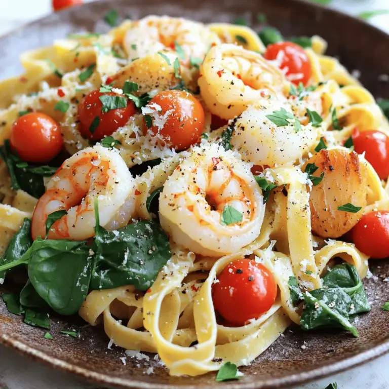 - 225 g Spaghetti oder Fettuccine - 450 g große Garnelen - 225 g Jakobsmuscheln Die Hauptzutaten machen das Gericht besonders. Die Spaghetti oder Fettuccine sind die Basis. Beide Nudelsorten passen gut zu den Meeresfrüchten. Garnelen und Jakobsmuscheln bringen frischen Geschmack. Sie sind leicht, zart und saftig. Diese Zutaten machen die Pasta zu einem echten Genuss. - 3 Knoblauchzehen - 150 g Kirschtomaten - 150 g frische Spinatblätter Knoblauch bringt ein tolles Aroma. Er gibt der Pasta einen kräftigen Geschmack. Kirschtomaten fügen eine süße Note hinzu. Ihre Farbe macht das Gericht auch hübsch. Spinatblätter sind gesund und geben Frische. Diese Zusatzstoffe sind einfach und lecker. - 60 ml Olivenöl - 1 Zitrone, Saft und Abrieb - Salz und Pfeffer nach Geschmack Olivenöl ist ein Muss für Geschmack und Textur. Es gibt der Pasta eine schöne Konsistenz. Zitronensaft und -abrieb bringen Frische. Sie heben die Aromen der Meeresfrüchte hervor. Salz und Pfeffer runden alles ab. Mit diesen Gewürzen wird die Pasta perfekt. Für das vollständige Rezept schauen Sie sich gerne die [Full Recipe] an. Bringen Sie in einem großen Topf gesalzenes Wasser zum Kochen. Fügen Sie Ihre Spaghetti oder Fettuccine hinzu. Kochen Sie die Pasta nach den Anweisungen auf der Verpackung, bis sie al dente ist. Reservieren Sie 120 ml des Nudelwassers, bevor Sie die Pasta abgießen. Stellen Sie die Pasta beiseite. Erhitzen Sie in einer großen Pfanne bei mittlerer Hitze 60 ml Olivenöl. Sobald das Öl heiß ist, fügen Sie drei fein gehackte Knoblauchzehen hinzu. Braten Sie den Knoblauch etwa eine Minute an, bis er duftet. Geben Sie dann 450 g große Garnelen und 225 g Jakobsmuscheln in die Pfanne. Braten Sie alles für 2-3 Minuten auf jeder Seite, bis die Meeresfrüchte undurchsichtig und durchgegart sind. Jetzt kommen die frischen Zutaten ins Spiel! Fügen Sie 150 g halbierte Kirschtomaten und 150 g frische Spinatblätter in die Pfanne. Kochen Sie alles für weitere 2-3 Minuten, bis der Spinat zusammengefallen und die Tomaten weich sind. Geben Sie dann die gekochte Pasta in die Pfanne. Fügen Sie das reservierte Nudelwasser, den Saft und Abrieb einer Zitrone hinzu. Vermengen Sie alles gut bei niedriger Hitze. Schmecken Sie mit Salz und Pfeffer ab. Für das volle Rezept schauen Sie auf [Full Recipe]. Wie lange Garnelen und Jakobsmuscheln braten? Braten Sie Garnelen und Jakobsmuscheln etwa 2-3 Minuten pro Seite. Sie sind fertig, wenn sie undurchsichtig sind. Achten Sie darauf, die Meeresfrüchte nicht zu lange zu braten. Sonst werden sie gummiartig. Tipps für die perfekte Al Dente Pasta Kochen Sie die Pasta genau nach den Anweisungen auf der Verpackung. Testen Sie die Konsistenz kurz vor Ende der Garzeit. Die Pasta sollte weich, aber noch bissfest sein. Das gibt der Pasta den besten Geschmack. Empfohlene Gewürze und Kräuter Verwenden Sie frische Kräuter wie Petersilie oder Basilikum. Diese verleihen dem Gericht Frische. Rote Paprikaflocken fügen einen kleinen Kick hinzu. So wird Ihre Pasta noch schmackhafter. Wie man die Zitronennote verstärkt Nutzen Sie den Saft und den Abrieb der Zitrone. Das gibt einen frischen, hellen Geschmack. Fügen Sie etwas Zitronenschale zum Kochen hinzu, um die Aromen zu intensivieren. So wird das Gericht lebendiger. Welcher Käse passt am besten? Parmesan ist die beste Wahl für dieses Gericht. Er schmilzt gut und hat einen tollen Geschmack. Fügen Sie ihn am Ende hinzu, um das Gericht cremig zu machen. Alternative Käse-Optionen Wenn Sie Parmesan nicht mögen, probieren Sie Pecorino oder Grana Padano. Diese Käse sind ebenfalls schmackhaft und passen gut zu Meeresfrüchten. Experimentieren Sie mit verschiedenen Käsesorten, um Ihren Favoriten zu finden. Für das vollständige Rezept, sehen Sie sich die [Full Recipe] an. {{image_4}} Eine cremige Sauce macht das Gericht reichhaltig. Sie hat einen milden, sanften Geschmack. Im Gegensatz dazu hat die tomatenbasierte Sauce eine frische, fruchtige Note. Beide Saucen passen gut zu Garnelen und Jakobsmuscheln. Für eine cremige Sauce brauchst du: - 200 ml Sahne - 60 g Frischkäse - 1 Teelöffel Dijon-Senf - 1 Teelöffel frische Kräuter (wie Basilikum oder Petersilie) Die Sahne und den Frischkäse bringst du in einer Pfanne zum Kochen. Füge den Senf und die Kräuter hinzu. Rühre gut um, bis die Sauce glatt ist. So hast du einen leckeren, cremigen Genuss. Gemüse macht die Pasta bunt und gesund. Du kannst Brokkoli, Zucchini oder Erbsen hinzufügen. Diese Gemüse bringen Farbe und Vitamine in dein Gericht. Auch Paprika ist eine gute Wahl. Als Beilagen passen frisches Baguette oder ein grüner Salat gut dazu. Diese Beilagen ergänzen die Pasta perfekt und machen dein Essen komplett. Du kannst andere Meeresfrüchte verwenden, wenn du magst. Muscheln oder Tintenfisch bringen neue Geschmäcker. Muscheln haben einen salzigen, herzhaften Geschmack. Tintenfisch ist zart und hat eine besondere Textur. Diese Alternativen machen dein Gericht spannend. Du kannst kreativ sein und mit verschiedenen Meeresfrüchten experimentieren. So wird deine Garnelen Jakobsmuscheln Pasta immer frisch und aufregend. Wenn du mehr über die Zubereitung erfahren möchtest, schau dir die Full Recipe an. Um die Reste der Garnelen-Jakobsmuscheln-Pasta frisch zu halten, solltest du sie in einem luftdichten Behälter aufbewahren. Lege die Pasta in den Behälter und schließe ihn gut. Die Reste bleiben so für zwei bis drei Tage frisch. Stelle sicher, dass die Pasta abgekühlt ist, bevor du sie in den Kühlschrank stellst. So vermeidest du Kondenswasser im Behälter. Beim Aufwärmen der Pasta ist es wichtig, die Qualität zu erhalten. Du kannst die Pasta entweder in der Mikrowelle oder auf dem Herd aufwärmen. - Mikrowelle: Stelle die Pasta in eine mikrowellengeeignete Schüssel. Decke die Schüssel mit einem feuchten Papiertuch ab. Erwärme die Pasta in kurzen Intervallen von einer Minute, damit sie gleichmäßig warm wird. - Herd: Erhitze eine Pfanne bei mittlerer Hitze und füge einen Schuss Olivenöl hinzu. Gib die Reste in die Pfanne. Rühre die Pasta langsam um, bis sie warm ist. Beide Methoden sind gut, aber das Aufwärmen auf dem Herd bringt den Geschmack besser zurück. Die restliche Pasta kann im Kühlschrank bis zu drei Tage aufbewahrt werden. Achte darauf, sie in einem luftdichten Behälter zu lagern. So bleibt sie frisch und lecker. Vor dem Servieren kannst du sie einfach aufwärmen. Ja, du kannst die Garnelen durch Hühnchen oder Tofu ersetzen. Beide Optionen bieten einen tollen Geschmack. Wenn du Fisch magst, probiere Lachs oder Kabeljau. Achte darauf, die Garzeiten anzupassen, damit alles gut durchgegart ist. Ja, es gibt glutenfreie Pasta, die du verwenden kannst. Viele Marken bieten diese Alternativen an. Du kannst auch Zucchini-Nudeln oder Reisnudeln verwenden. So kannst du das Rezept genießen, ohne Gluten zu konsumieren. In diesem Blogbeitrag haben wir leckere Meeresfrüchte-Pasta erklärt. Wir starteten mit den Hauptzutaten, wie Garnelen und Jakobsmuscheln. Danach sahen wir uns die Schritt-für-Schritt-Anleitung an. Tipps für perfekte Ergebnisse waren ebenfalls dabei. Schließlich haben wir Variationen, Lagerung und wichtige Fragen besprochen. Die Zubereitung von Meeresfrüchte-Pasta ist einfach und macht Spaß. Nutze die Tipps und Variationen, um dein Gericht zu verbessern. So wird jedes Mal das Essen ein Hit!