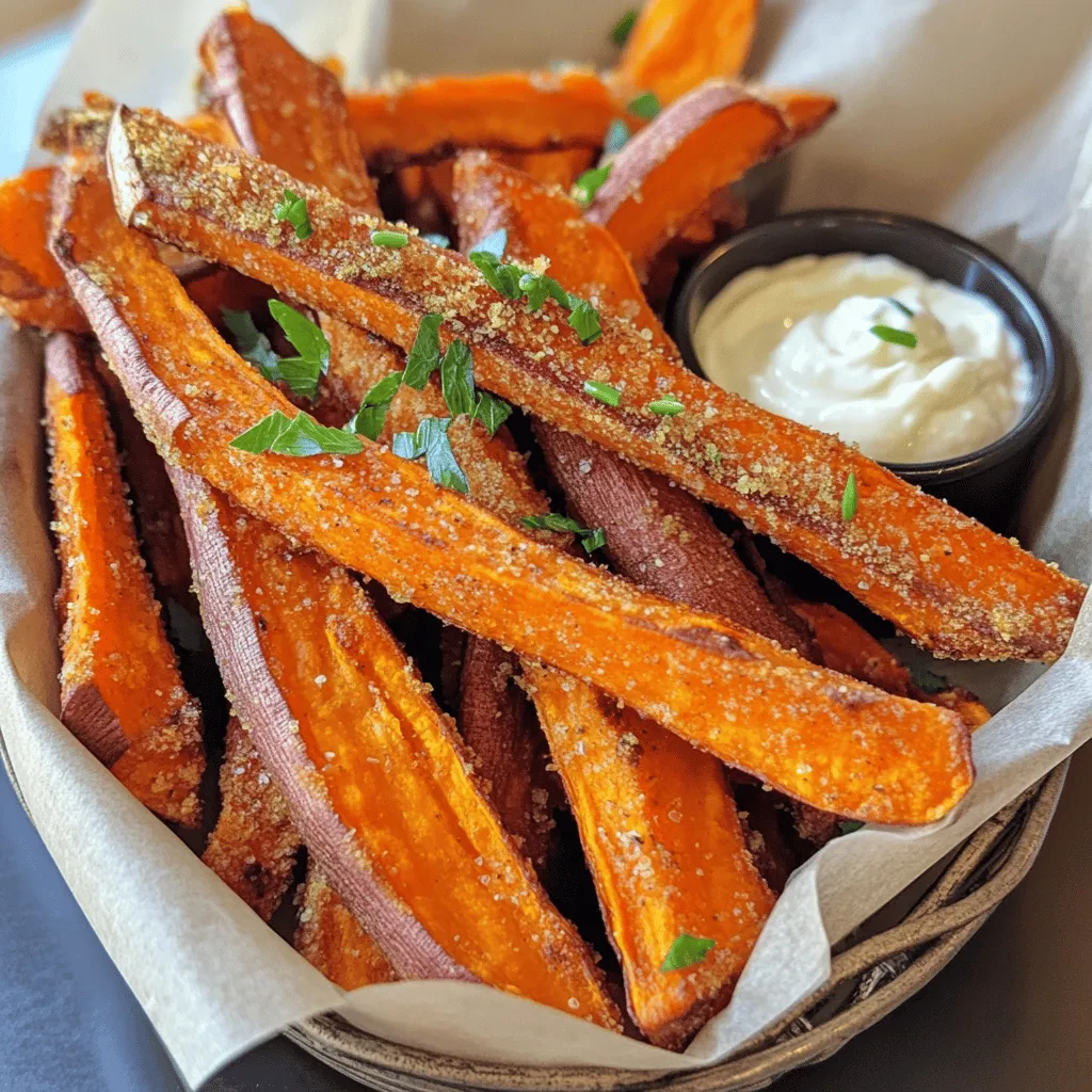 Für das perfekte Rezept brauchst du nur einige Hauptzutaten. Diese Zutaten sind einfach zu finden und machen die Pommes lecker. Hier ist, was du benötigst: - 2 große Süßkartoffeln, geschält und in dünne Pommes geschnitten - 2 Esslöffel Olivenöl - 1 Teelöffel Maisstärke Süßkartoffeln geben den Pommes ihre süße Note. Das Olivenöl sorgt dafür, dass sie im Ofen knusprig werden. Die Maisstärke hilft, die Feuchtigkeit zu reduzieren. Um den Geschmack zu verbessern, füge einige Gewürze hinzu. Diese machen deine Pommes noch schmackhafter. Du brauchst: - 1 Teelöffel Knoblauchpulver - 1 Teelöffel Paprika (geräuchert oder süß) - 1/2 Teelöffel schwarzer Pfeffer - 1/2 Teelöffel Salz Knoblauchpulver gibt einen tollen Geschmack. Paprika fügt eine schöne Farbe und einen Hauch von Rauch hinzu. Pfeffer und Salz runden das Ganze ab. Um deinen Pommes mehr Frische zu geben, kannst du frische Kräuter verwenden. Diese sind nicht nötig, aber sie machen das Gericht schöner. Hier sind einige Vorschläge: - Frische Petersilie - Frischer Koriander Die Kräuter geben einen frischen Kick. Sie sehen auch toll aus, wenn du die Pommes servierst. Wenn du mehr über die Zubereitung erfahren möchtest, lies die vollständige Anleitung im Full Recipe. Um perfekte Süßkartoffelpommes zu machen, beginne mit zwei großen Süßkartoffeln. Schäle sie und schneide sie in dünne, gleichmäßige Pommes. Dünne Pommes werden knuspriger. Danach lege sie für etwa 30 Minuten in kaltes Wasser. Dies entfernt überschüssige Stärke. Dies ist der Schlüssel zu knusprigen Pommes. Wenn die Süßkartoffeln eingeweicht sind, lasse sie abtropfen. Tupfe sie mit Papiertüchern trocken, um Feuchtigkeit zu entfernen. In einer großen Schüssel vermische die trockenen Pommes mit 2 Esslöffeln Olivenöl. Füge 1 Teelöffel Maisstärke, 1 Teelöffel Knoblauchpulver, 1 Teelöffel Paprika, 1/2 Teelöffel schwarzer Pfeffer und 1/2 Teelöffel Salz hinzu. Schwenke alles gut. Achte darauf, dass jede Pommes gut gewürzt ist. Heize deinen Ofen auf 220°C vor. Lege ein Backblech mit Backpapier aus. Verteile die gewürzten Pommes in einer einzigen Schicht auf dem Blech. Achte darauf, dass sie sich nicht überlappen. So werden sie gleichmäßig knusprig. Backe die Pommes für 25-30 Minuten. Wende sie in der Mitte der Backzeit. Behalte sie im Auge, da einige Öfen schneller garen. Wenn sie goldbraun sind, nimm sie heraus. Lass sie kurz abkühlen und serviere sie mit frischen Kräutern. Für das vollständige Rezept, schau dir den Abschnitt "Vollständiges Rezept" an. Um deine Süßkartoffelpommes richtig knusprig zu machen, beachte einige einfache Tipps. Zuerst schneide die Süßkartoffeln in gleichmäßige Stücke. Dicke und dünne Pommes garen unterschiedlich. Dünne Pommes werden knuspriger. Ein weiteres Geheimnis ist das Einweichen. Lasse die Schnitze mindestens 30 Minuten in kaltem Wasser. So entfernst du überschüssige Stärke. Nach dem Einweichen, tupfe die Pommes gut trocken. Feuchtigkeit macht sie weich. Verwende Maisstärke für extra Crunch. Mische die Pommes gut mit Öl und Gewürzen. Verteile sie in einer einzigen Schicht auf dem Backblech. Zu viele Pommes auf einmal machen sie matschig. Ein häufiger Fehler ist, die Pommes nicht genug zu würzen. Verwende genug Salz und Gewürze, um den Geschmack zu verstärken. Ein weiterer Fehler ist, die Backzeit nicht zu beachten. Überprüfe die Pommes regelmäßig. Jeder Ofen ist anders. Manche Leute neigen dazu, die Pommes zu überladen. Das macht sie weich. Achte darauf, dass sie genug Platz haben. Wenn du sie wendest, mach das vorsichtig. So bleiben sie ganz. Die Wahl des Öls kann den Geschmack verändern. Olivenöl ist eine gute Wahl. Es hat einen guten Geschmack und ist gesund. Du kannst auch Avocadoöl verwenden. Es hat einen hohen Rauchpunkt und eignet sich gut zum Backen. Was die Gewürze angeht, gibt es viele Möglichkeiten. Knoblauchpulver und Paprika bringen viel Geschmack. Du kannst auch Cayennepfeffer für etwas Schärfe hinzufügen. Experimentiere mit verschiedenen Kräutern. Frischer Rosmarin oder Thymian passen gut. Mit diesen Tipps wirst du die besten Pommes aus dem Ofen zaubern. Für das vollständige Rezept schau dir die [Full Recipe] an. {{image_4}} Einen leckeren Twist bekommst du, wenn du Käse hinzufügst. Nach dem Backen kannst du die Pommes mit geriebenem Käse bestreuen. Gouda oder Cheddar eignen sich gut. Lass den Käse im Ofen schmelzen. Das macht die Pommes noch schmackhafter und cremiger. Möchtest du etwas Aufregendes? Probiere verschiedene Gewürze aus. Zum Beispiel kannst du italienische Kräuter wie Oregano oder Thymian verwenden. Für einen asiatischen Touch füge etwas Sesam und Sojasauce hinzu. Jede Mischung bringt neue Geschmäcker in dein Gericht. Diese Süßkartoffelpommes sind von Natur aus vegan und glutenfrei. Du kannst sie leicht anpassen. Verwende glutenfreies Mehl anstelle von Maisstärke, um die Pommes noch knuspriger zu machen. Für mehr Geschmack kannst du auch Nährhefe hinzufügen. Sie hat einen käsigen Geschmack und ist eine tolle Ergänzung für vegane Gerichte. Wenn du Pommes übrig hast, lege sie in einen luftdichten Behälter. Achte darauf, dass die Pommes abgekühlt sind, bevor du sie hineinlegst. So bleiben sie frisch und knusprig. Du kannst sie auch mit einem Papiertuch zwischen den Pommes lagern. Das hilft, die Feuchtigkeit zu reduzieren. Um die Pommes wieder knusprig zu machen, heize deinen Ofen auf 200°C vor. Lege die Pommes auf ein Backblech und backe sie etwa 10 Minuten. Wende sie nach der Hälfte der Zeit, um sicherzustellen, dass sie gleichmäßig warm werden. So schmecken sie fast wie frisch gebacken. Im Kühlschrank halten sich die Pommes etwa 3 Tage. Wenn du sie länger aufbewahren möchtest, friere sie ein. Lege die Pommes auf ein Backblech und friere sie zuerst für 1-2 Stunden ein. Danach kannst du sie in einen Gefrierbeutel umfüllen. So bleiben sie bis zu 3 Monate frisch. Für das volle Rezept schaue dir die vollständige Anleitung für Crispy Ofen-gebackene Süßkartoffelpommes an. Die Süßkartoffelpommes sollten etwa 25-30 Minuten im Ofen gebacken werden. Ich empfehle, sie nach der Hälfte der Zeit zu wenden. So werden sie gleichmäßig goldbraun und knusprig. Behalte die Pommes im Auge. Die Backzeit kann je nach Ofen variieren. Ja, du kannst die Süßkartoffelpommes auch frittieren. Frittierte Pommes haben eine andere Textur, sie sind oft außen sehr knusprig. Wenn du sie frittieren möchtest, erhitze das Öl auf 180°C. Frittiere die Pommes in kleinen Portionen für 3-5 Minuten. So bleiben sie schön knusprig. Zu Süßkartoffelpommes passen viele Dips gut. Hier sind einige meiner Favoriten: - Scharfe Mayo: Sie gibt einen tollen Kick. - Knoblauch-Aioli: Cremig und voller Geschmack. - Guacamole: Frisch und gesund. - Salsa: Fruchtig und würzig. Probiere verschiedene Dips aus, um deinen Favoriten zu finden. Süßkartoffelpommes sind lecker und einfach zuzubereiten. Wir haben die besten Zutaten, Gewürze und Schritte für knusprige Pommes vorgestellt. Du hast gelernt, wie man häufige Fehler vermeidet und verschiedene Variationen ausprobiert. Denke auch an die richtige Lagerung, um die Pommes frisch zu halten. Probiere verschiedene Dips und genieße deine leckeren Kreationen. Es gibt viele Möglichkeiten, die Süßkartoffelpommes noch besser zu machen. Viel Spaß beim Kochen!