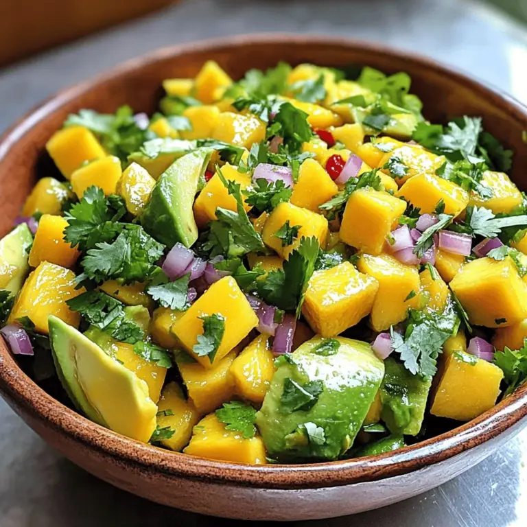 - 2 reife Mangos - 1 große Avocado - 1/2 rote Zwiebel - 1 Jalapeño-Pfeffer - 1/4 Tasse frischer Koriander Die Hauptzutaten sind einfach zu finden. Ich liebe, wie die süßen Mangos mit der cremigen Avocado harmonieren. Die rote Zwiebel bringt einen knackigen Biss und die Jalapeño-Pfeffer fügt einen kleinen Kick hinzu. Frischer Koriander bringt eine tolle Frische in die Salsa. Diese Kombination ist perfekt für einen warmen Tag. - Saft von 2 Limetten - 1 Esslöffel Olivenöl - Salz und Pfeffer nach Geschmack Die Limetten sorgen für einen spritzigen Geschmack. Das Olivenöl macht die Salsa schön geschmeidig. Salz und Pfeffer runden alles ab. Diese einfachen Zutaten machen den Unterschied. Du kannst die Mengen nach deinem Geschmack anpassen. Für das vollständige Rezept, schau dir den Abschnitt "Full Recipe" an. Zuerst schneiden wir die Mangos und die Avocado. Nehmen Sie zwei reife Mangos und schälen Sie sie. Dann schneiden Sie die Mangos in kleine Würfel. Diese Stücke sollten leicht zu essen sein. Für die Avocado nehmen Sie eine große, reife Avocado. Halbieren Sie sie, entfernen Sie den Kern und schneiden Sie das Fruchtfleisch in Würfel. Die Avocado gibt der Salsa eine cremige Textur. Jetzt bereiten wir die Zwiebel und den Jalapeño vor. Für die Zwiebel nehmen Sie eine halbe rote Zwiebel. Hacken Sie sie fein. Der Geschmack der Zwiebel ist wichtig. Dann nehmen Sie einen Jalapeño-Pfeffer. Entfernen Sie die Kerne und hacken Sie ihn ebenfalls klein. Jetzt kombinieren wir die Hauptzutaten in einer großen Schüssel. Geben Sie die gewürfelten Mangos, die Avocado, die Zwiebel und den Jalapeño hinein. Fügen Sie dann 1/4 Tasse frisch gehackten Koriander hinzu. Der Koriander bringt frische Aromen in die Salsa. Jetzt träufeln Sie den Saft von zwei Limetten und 1 Esslöffel Olivenöl über die Mischung. Diese Zutaten sorgen für einen tollen Geschmack. Vermengen Sie die Zutaten vorsichtig. Achten Sie darauf, dass die Avocado nicht zerdrückt wird. Jetzt ist es Zeit, die Salsa zu würzen. Fügen Sie Salz und Pfeffer nach Geschmack hinzu. Mischen Sie alles erneut vorsichtig. Lassen Sie die Salsa dann mindestens 10 Minuten bei Raumtemperatur ruhen. So können sich die Aromen gut entfalten. Diese einfache und frische Mango Salsa mit Avocado ist perfekt für jede Gelegenheit. Genießen Sie sie mit Tortilla-Chips oder als Topping für gegrilltes Hähnchen. Für das vollständige Rezept schauen Sie sich die [Full Recipe] an. - Auswahl der besten Früchte: Wählen Sie Mangos, die leicht weich sind. Sie sollten eine tiefe, goldene Farbe haben. Für die Avocado suchen Sie eine, die ebenfalls leicht nachgibt. So sind sie perfekt für die Salsa. - Reifungstipps: Wenn Ihre Früchte noch fest sind, legen Sie sie bei Zimmertemperatur. Nach ein paar Tagen sind sie reif. Lagern Sie reife Mangos und Avocados im Kühlschrank, um die Frische zu bewahren. - Variation der Jalapeño-Menge: Um die Schärfe zu steuern, fügen Sie mehr oder weniger Jalapeño hinzu. Für weniger Schärfe entfernen Sie die Samen. Für mehr Hitze nehmen Sie eine ganze Peperoni. - Verwendung anderer Chilis: Probieren Sie auch andere Chilis. Serrano oder Habanero bieten einen anderen Geschmack und Schärfegrad. So können Sie die Salsa nach Ihrem Geschmack anpassen. - Kombinationsmöglichkeiten mit anderen Gerichten: Diese Salsa passt perfekt zu gegrilltem Hähnchen oder Fisch. Sie können sie auch mit Tortilla-Chips servieren. - Präsentationstipps bei der Servierung: Servieren Sie die Salsa in einer bunten Schüssel. Garnieren Sie sie mit frischem Koriander. Das sieht nicht nur gut aus, sondern schmeckt auch besser. Für das vollständige Rezept schauen Sie sich meine Tropen Mango-Avocado Salsa an. {{image_4}} Mango Salsa ist sehr wandelbar. Du kannst andere Früchte wie Ananas oder Papaya hinzufügen. Diese bringen eine süße Note und mehr Farbe. Feta oder andere Käsesorten passen auch gut. Der Käse gibt der Salsa eine cremige Textur. Probiere verschiedene Kombinationen, um deinen Favoriten zu finden. Möchtest du die Salsa vegan zubereiten? Dann lasse das Olivenöl weg. Du kannst stattdessen Limettensaft oder eine Avocado verwenden, um die Frische zu bewahren. Für Gewürze könnten Kräuter oder Gewürzmischungen eine tolle Wahl sein. So bleibt der Geschmack spannend und frisch. Die Zutaten können je nach Saison variieren. Im Sommer sind frische Tomaten oder Paprika eine gute Idee. Im Winter kannst du die Salsa mit Granatapfelkernen aufpeppen. Für Feiertage oder Partys sind frische Kräuter eine schöne Dekoration. Sie machen die Salsa noch attraktiver. Diese Variationen bringen Abwechslung und Freude in deine Küche. Um die Mango Salsa frisch zu halten, bewahre sie in einem luftdichten Behälter auf. Stelle sicher, dass der Behälter gut verschlossen ist. So bleibt die Salsa knackig und aromatisch. Ich empfehle, sie im Kühlschrank zu lagern. Dort hält sie sich gut für 2 bis 3 Tage. Die Qualität der Zutaten beeinflusst die Haltbarkeit. Frische Mangos und Avocados halten die Salsa lecker. Wenn die Zutaten nicht mehr frisch sind, wird die Salsa schnell matschig. Achte darauf, reife Früchte zu wählen, um den besten Geschmack zu erzielen. Wenn du Reste von dieser tollen Salsa hast, keine Sorge! Es gibt viele kreative Möglichkeiten, sie zu nutzen. Du kannst die Salsa zu Tacos oder Burritos hinzufügen. Sie passt auch gut zu gegrilltem Fleisch oder Fisch. Eine weitere einfache Anwendung ist, die Salsa auf ein Sandwich zu streichen. Das gibt dem Snack einen frischen Kick. Du kannst auch die Reste in einen Salat mischen. So fügst du Farbe und Geschmack hinzu. Die Mango Salsa ist vielseitig und macht jede Mahlzeit aufregender. Probiere es aus und entdecke neue Wege, sie zu genießen! Für das vollständige Rezept schau dir die [Full Recipe] an. Mango Salsa bleibt frisch für etwa drei Tage im Kühlschrank. Lagern Sie sie in einem luftdichten Behälter. Der Geschmack wird besser, wenn die Salsa etwas zieht. Achten Sie darauf, dass die Zutaten frisch sind, um die beste Qualität zu genießen. Nach ein paar Tagen kann die Avocado jedoch braun werden. Das ist normal, aber der Geschmack bleibt gut. Ja, Sie können die Salsa im Voraus machen. Bereiten Sie die Mango Salsa bis zu einen Tag vor dem Servieren zu. Lagern Sie sie im Kühlschrank, damit sie frisch bleibt. Wenn Sie sie am nächsten Tag servieren möchten, fügen Sie etwas Limettensaft hinzu. Dies hilft, die Farben lebendig zu halten und den Geschmack zu verbessern. Mango Salsa passt gut zu vielen Gerichten. Genießen Sie sie mit Tortilla-Chips als Snack. Sie ist auch lecker auf gegrilltem Hähnchen oder Fisch. Servieren Sie sie als Beilage zu Tacos oder Burritos. Die süße und scharfe Mischung hebt den Geschmack vieler Gerichte hervor. Ja, Mango Salsa ist glutenfrei. Die Zutaten sind nicht verarbeitet, was sie zu einer sicheren Wahl macht. Menschen mit Glutenunverträglichkeit können sie bedenkenlos essen. Achten Sie jedoch darauf, dass Ihre Beilagen ebenfalls glutenfrei sind. Das sorgt für ein sicheres und leckeres Essen. Zusammenfassend haben wir leckere Mango Salsa zubereitet. Wir haben frische Zutaten wie Mangos, Avocado und Koriander verwendet. Die Schritt-für-Schritt-Anleitung hilft euch, die Salsa einfach herzustellen. Außerdem gibt es Tipps zur Schärfe und Variationen. Denkt daran, die Salsa im Kühlschrank aufzubewahren. Sie bleibt frisch und lecker. Nutzt Reste kreativ in anderen Gerichten. Diese Mango Salsa bringt Freude zu jedem Essen. Wartet nicht länger, probiert sie aus und genießt das frische Geschmackserlebnis!