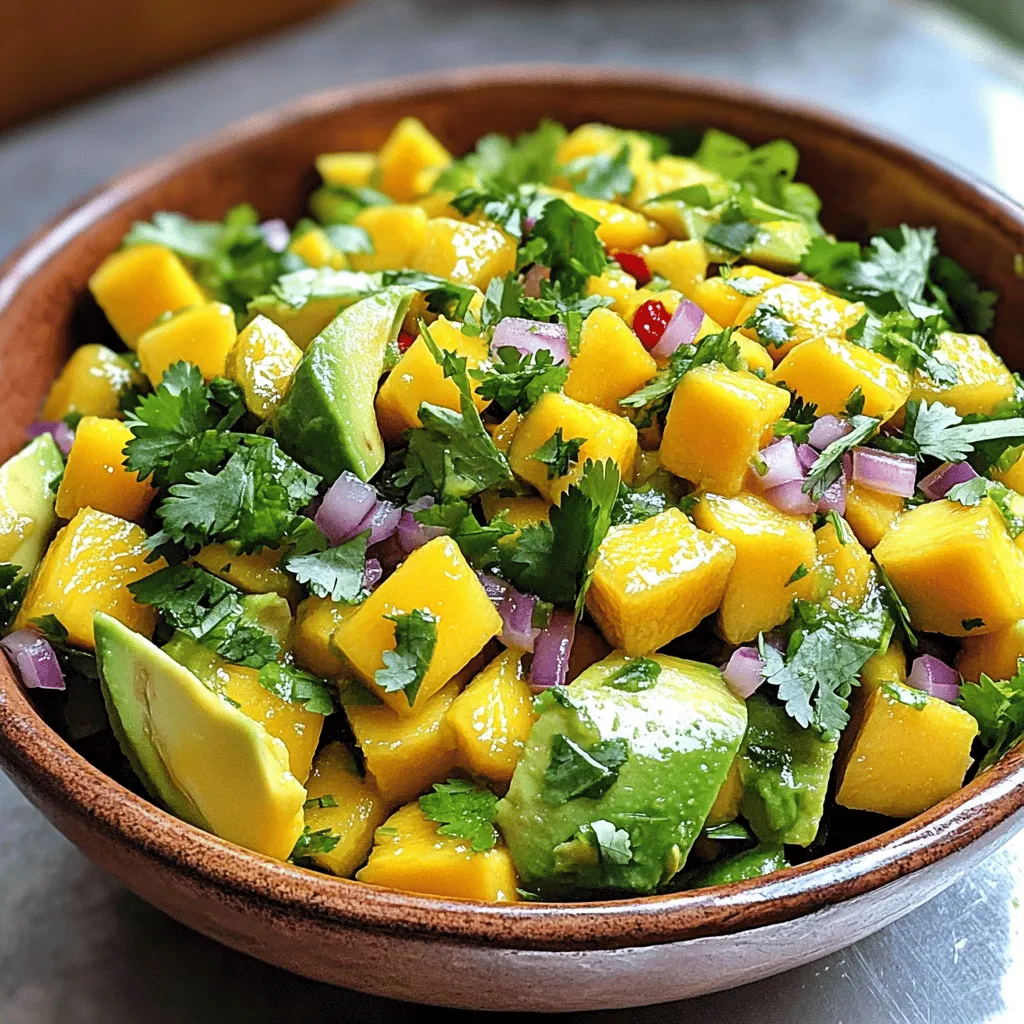 - 2 reife Mangos - 1 große Avocado - 1/2 rote Zwiebel - 1 Jalapeño-Pfeffer - 1/4 Tasse frischer Koriander Die Hauptzutaten sind einfach zu finden. Ich liebe, wie die süßen Mangos mit der cremigen Avocado harmonieren. Die rote Zwiebel bringt einen knackigen Biss und die Jalapeño-Pfeffer fügt einen kleinen Kick hinzu. Frischer Koriander bringt eine tolle Frische in die Salsa. Diese Kombination ist perfekt für einen warmen Tag. - Saft von 2 Limetten - 1 Esslöffel Olivenöl - Salz und Pfeffer nach Geschmack Die Limetten sorgen für einen spritzigen Geschmack. Das Olivenöl macht die Salsa schön geschmeidig. Salz und Pfeffer runden alles ab. Diese einfachen Zutaten machen den Unterschied. Du kannst die Mengen nach deinem Geschmack anpassen. Für das vollständige Rezept, schau dir den Abschnitt "Full Recipe" an. Zuerst schneiden wir die Mangos und die Avocado. Nehmen Sie zwei reife Mangos und schälen Sie sie. Dann schneiden Sie die Mangos in kleine Würfel. Diese Stücke sollten leicht zu essen sein. Für die Avocado nehmen Sie eine große, reife Avocado. Halbieren Sie sie, entfernen Sie den Kern und schneiden Sie das Fruchtfleisch in Würfel. Die Avocado gibt der Salsa eine cremige Textur. Jetzt bereiten wir die Zwiebel und den Jalapeño vor. Für die Zwiebel nehmen Sie eine halbe rote Zwiebel. Hacken Sie sie fein. Der Geschmack der Zwiebel ist wichtig. Dann nehmen Sie einen Jalapeño-Pfeffer. Entfernen Sie die Kerne und hacken Sie ihn ebenfalls klein. Jetzt kombinieren wir die Hauptzutaten in einer großen Schüssel. Geben Sie die gewürfelten Mangos, die Avocado, die Zwiebel und den Jalapeño hinein. Fügen Sie dann 1/4 Tasse frisch gehackten Koriander hinzu. Der Koriander bringt frische Aromen in die Salsa. Jetzt träufeln Sie den Saft von zwei Limetten und 1 Esslöffel Olivenöl über die Mischung. Diese Zutaten sorgen für einen tollen Geschmack. Vermengen Sie die Zutaten vorsichtig. Achten Sie darauf, dass die Avocado nicht zerdrückt wird. Jetzt ist es Zeit, die Salsa zu würzen. Fügen Sie Salz und Pfeffer nach Geschmack hinzu. Mischen Sie alles erneut vorsichtig. Lassen Sie die Salsa dann mindestens 10 Minuten bei Raumtemperatur ruhen. So können sich die Aromen gut entfalten. Diese einfache und frische Mango Salsa mit Avocado ist perfekt für jede Gelegenheit. Genießen Sie sie mit Tortilla-Chips oder als Topping für gegrilltes Hähnchen. Für das vollständige Rezept schauen Sie sich die [Full Recipe] an. - Auswahl der besten Früchte: Wählen Sie Mangos, die leicht weich sind. Sie sollten eine tiefe, goldene Farbe haben. Für die Avocado suchen Sie eine, die ebenfalls leicht nachgibt. So sind sie perfekt für die Salsa. - Reifungstipps: Wenn Ihre Früchte noch fest sind, legen Sie sie bei Zimmertemperatur. Nach ein paar Tagen sind sie reif. Lagern Sie reife Mangos und Avocados im Kühlschrank, um die Frische zu bewahren. - Variation der Jalapeño-Menge: Um die Schärfe zu steuern, fügen Sie mehr oder weniger Jalapeño hinzu. Für weniger Schärfe entfernen Sie die Samen. Für mehr Hitze nehmen Sie eine ganze Peperoni. - Verwendung anderer Chilis: Probieren Sie auch andere Chilis. Serrano oder Habanero bieten einen anderen Geschmack und Schärfegrad. So können Sie die Salsa nach Ihrem Geschmack anpassen. - Kombinationsmöglichkeiten mit anderen Gerichten: Diese Salsa passt perfekt zu gegrilltem Hähnchen oder Fisch. Sie können sie auch mit Tortilla-Chips servieren. - Präsentationstipps bei der Servierung: Servieren Sie die Salsa in einer bunten Schüssel. Garnieren Sie sie mit frischem Koriander. Das sieht nicht nur gut aus, sondern schmeckt auch besser. Für das vollständige Rezept schauen Sie sich meine Tropen Mango-Avocado Salsa an. {{image_4}} Mango Salsa ist sehr wandelbar. Du kannst andere Früchte wie Ananas oder Papaya hinzufügen. Diese bringen eine süße Note und mehr Farbe. Feta oder andere Käsesorten passen auch gut. Der Käse gibt der Salsa eine cremige Textur. Probiere verschiedene Kombinationen, um deinen Favoriten zu finden. Möchtest du die Salsa vegan zubereiten? Dann lasse das Olivenöl weg. Du kannst stattdessen Limettensaft oder eine Avocado verwenden, um die Frische zu bewahren. Für Gewürze könnten Kräuter oder Gewürzmischungen eine tolle Wahl sein. So bleibt der Geschmack spannend und frisch. Die Zutaten können je nach Saison variieren. Im Sommer sind frische Tomaten oder Paprika eine gute Idee. Im Winter kannst du die Salsa mit Granatapfelkernen aufpeppen. Für Feiertage oder Partys sind frische Kräuter eine schöne Dekoration. Sie machen die Salsa noch attraktiver. Diese Variationen bringen Abwechslung und Freude in deine Küche. Um die Mango Salsa frisch zu halten, bewahre sie in einem luftdichten Behälter auf. Stelle sicher, dass der Behälter gut verschlossen ist. So bleibt die Salsa knackig und aromatisch. Ich empfehle, sie im Kühlschrank zu lagern. Dort hält sie sich gut für 2 bis 3 Tage. Die Qualität der Zutaten beeinflusst die Haltbarkeit. Frische Mangos und Avocados halten die Salsa lecker. Wenn die Zutaten nicht mehr frisch sind, wird die Salsa schnell matschig. Achte darauf, reife Früchte zu wählen, um den besten Geschmack zu erzielen. Wenn du Reste von dieser tollen Salsa hast, keine Sorge! Es gibt viele kreative Möglichkeiten, sie zu nutzen. Du kannst die Salsa zu Tacos oder Burritos hinzufügen. Sie passt auch gut zu gegrilltem Fleisch oder Fisch. Eine weitere einfache Anwendung ist, die Salsa auf ein Sandwich zu streichen. Das gibt dem Snack einen frischen Kick. Du kannst auch die Reste in einen Salat mischen. So fügst du Farbe und Geschmack hinzu. Die Mango Salsa ist vielseitig und macht jede Mahlzeit aufregender. Probiere es aus und entdecke neue Wege, sie zu genießen! Für das vollständige Rezept schau dir die [Full Recipe] an. Mango Salsa bleibt frisch für etwa drei Tage im Kühlschrank. Lagern Sie sie in einem luftdichten Behälter. Der Geschmack wird besser, wenn die Salsa etwas zieht. Achten Sie darauf, dass die Zutaten frisch sind, um die beste Qualität zu genießen. Nach ein paar Tagen kann die Avocado jedoch braun werden. Das ist normal, aber der Geschmack bleibt gut. Ja, Sie können die Salsa im Voraus machen. Bereiten Sie die Mango Salsa bis zu einen Tag vor dem Servieren zu. Lagern Sie sie im Kühlschrank, damit sie frisch bleibt. Wenn Sie sie am nächsten Tag servieren möchten, fügen Sie etwas Limettensaft hinzu. Dies hilft, die Farben lebendig zu halten und den Geschmack zu verbessern. Mango Salsa passt gut zu vielen Gerichten. Genießen Sie sie mit Tortilla-Chips als Snack. Sie ist auch lecker auf gegrilltem Hähnchen oder Fisch. Servieren Sie sie als Beilage zu Tacos oder Burritos. Die süße und scharfe Mischung hebt den Geschmack vieler Gerichte hervor. Ja, Mango Salsa ist glutenfrei. Die Zutaten sind nicht verarbeitet, was sie zu einer sicheren Wahl macht. Menschen mit Glutenunverträglichkeit können sie bedenkenlos essen. Achten Sie jedoch darauf, dass Ihre Beilagen ebenfalls glutenfrei sind. Das sorgt für ein sicheres und leckeres Essen. Zusammenfassend haben wir leckere Mango Salsa zubereitet. Wir haben frische Zutaten wie Mangos, Avocado und Koriander verwendet. Die Schritt-für-Schritt-Anleitung hilft euch, die Salsa einfach herzustellen. Außerdem gibt es Tipps zur Schärfe und Variationen. Denkt daran, die Salsa im Kühlschrank aufzubewahren. Sie bleibt frisch und lecker. Nutzt Reste kreativ in anderen Gerichten. Diese Mango Salsa bringt Freude zu jedem Essen. Wartet nicht länger, probiert sie aus und genießt das frische Geschmackserlebnis!