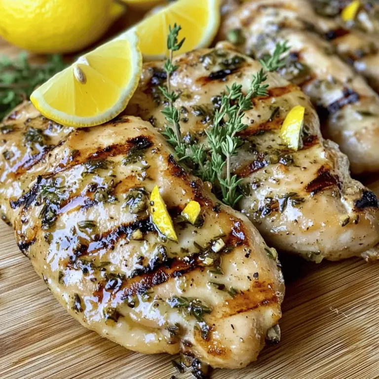 - 4 Hähnchenbrustfilets ohne Haut und Knochen - 60 ml Olivenöl - 2 große Zitronen (Zesten und Saft) - 4 Knoblauchzehen, fein gehackt - 1 Esslöffel frischer Rosmarin, gehackt - 1 Esslöffel frischer Thymian, gehackt - 1 Teelöffel Salz - 1/2 Teelöffel schwarzer Pfeffer - 1 Teelöffel Honig (optional) - Zitronenschnitze - Frische Kräuter Um das Grillierte Zitronen-Kräuter-Hähnchen zu machen, beginne mit den Hauptzutaten. Du brauchst frische Hähnchenbrustfilets. Diese sind zart und perfekt für das Grillen. Olivenöl bringt Geschmack und hilft, das Hähnchen saftig zu halten. Frische Zitronen sorgen für einen spritzigen Geschmack, den wir lieben. Dann kommen die Gewürze und Kräuter. Knoblauch gibt eine schöne Tiefe. Rosmarin und Thymian bringen den mediterranen Flair. Salz und Pfeffer sind wichtig, um alles abzurunden. Der Honig ist optional, aber er gibt einen tollen süßen Akzent. Für die Garnitur sind Zitronenschnitze und frische Kräuter ideal. Sie sehen nicht nur hübsch aus, sondern fügen auch viel Geschmack hinzu. Wenn du das Grillierte Zitronen-Kräuter-Hähnchen zubereitest, achte darauf, dass du alle Zutaten frisch und von guter Qualität wählst. So wird dein Gericht besonders lecker. Für das vollständige Rezept kannst du den [Full Recipe] Link nutzen. Zuerst mische die Zutaten in einer großen Schüssel. Du brauchst Olivenöl, Zitronenzesten, Zitronensaft, gehackten Knoblauch, Rosmarin, Thymian, Salz, Pfeffer und optional Honig. Rühre alles gut um. Diese Mischung wird die Marinade für unser Hähnchen. Lege die Hähnchenbrustfilets in einen großen, verschließbaren Beutel oder in eine flache Schüssel. Gieße die Marinade darüber. Achte darauf, dass jedes Stück gut überzogen ist. Schließe den Beutel oder decke die Schüssel ab. Lass das Hähnchen mindestens eine Stunde im Kühlschrank marinieren. Ideal sind bis zu vier Stunden. So werden die Aromen intensiver. Heize den Grill auf mittelhohe Hitze vor. Das sorgt für gleichmäßiges Grillen. Nimm das Hähnchen aus der Marinade und lass die überschüssige Marinade abtropfen. Entsorge die Marinade danach. So vermeidest du, dass das Hähnchen zu feucht wird. Lege die Hähnchenfilets auf den vorgeheizten Grill. Grill das Hähnchen für etwa 6 bis 7 Minuten pro Seite. Überprüfe die Temperatur mit einem Thermometer. Das Hähnchen sollte eine Innentemperatur von 75°C (165°F) erreichen. So stellst du sicher, dass es durchgegart ist. Nach dem Grillen, nimm das Hähnchen vom Grill. Lass es fünf Minuten ruhen, bevor du es anschneidest. Das hilft, die Säfte zu halten. Richte das Hähnchen auf Tellern an und garniere es mit Zitronenschnitzen und frischen Kräutern. Vergiss nicht, das vollständige Rezept zu schauen! Längeres Marinieren macht das Hähnchen zart und geschmackvoll. Die Marinade zieht in das Fleisch ein und bringt Aromen hervor. Ich empfehle, das Hähnchen mindestens eine Stunde, besser bis zu vier Stunden zu marinieren. So wird jedes Stück köstlich. Um perfekte Grillmarkierungen zu erzielen, heizen Sie den Grill gut vor. Legen Sie das Hähnchen auf den Grill und bewegen Sie es nicht sofort. Warten Sie etwa 6-7 Minuten pro Seite. Verwenden Sie ein Grillthermometer, um die Innentemperatur zu überprüfen. Das Hähnchen sollte 75°C erreichen. So wissen Sie, dass es sicher ist zu essen. Beilagen können das Gericht perfekt abrunden. Ein frischer Salat oder gegrilltes Gemüse passt gut. Auch ein leichter Reis oder Kartoffelsalat sind tolle Optionen. Servieren Sie das Hähnchen mit Zitronenschnitzen und frischen Kräutern. So sieht das Gericht einladend aus. Probieren Sie diese Tipps für ein tolles Essen. Das [Full Recipe] bietet viele Ideen! {{image_4}} Um dein Grilliertes Zitronen-Kräuter-Hähnchen noch aufregender zu machen, kannst du verschiedene Kräuter und Gewürze ausprobieren. - Alternative Kräuter: Verwende frischen Oregano, Basilikum oder Petersilie. Diese Kräuter bringen neue Aromen. - Regional angepasste Alternativen: In Italien kannst du auch italienische Gewürzmischungen verwenden. In der Nähe von München könnte Kümmel eine interessante Note geben. Wenn du keinen Grill hast, gibt es viele andere Möglichkeiten, dieses Hähnchen zuzubereiten. - Alternativen zur Grillmethode: Du kannst das Hähnchen auch auf dem Grillpfanne zubereiten. Dies gibt dir die Grillstreifen. - Ofen- und Pfannenoptionen: Backe das Hähnchen im Ofen bei 200 °C für etwa 25 Minuten. In einer Pfanne brätst du das Hähnchen einfach in etwas Olivenöl, bis es goldbraun ist. Die richtigen Beilagen machen dein Gericht noch besser. - Salate und Dips, die gut harmonieren: Ein frischer Gurkensalat oder ein cremiger Joghurt-Dip passen perfekt dazu. - Reis- und Gemüsevariationen: Serviere das Hähnchen mit Wildreis oder gedämpftem Gemüse wie Brokkoli oder Karotten. Diese Optionen bringen Farbe und Nährstoffe auf den Teller. Für das vollständige Rezept, schau dir die [Full Recipe] an. Um dein gegrilltes Zitronen-Kräuter-Hähnchen frisch zu halten, gibt es zwei Hauptoptionen: den Kühlschrank und die Gefriertruhe. Im Kühlschrank bleibt das Hähnchen bis zu drei Tage frisch. Achte darauf, es in einem luftdichten Behälter zu lagern. Wenn du die Reste länger aufbewahren möchtest, ist die Gefriertruhe eine gute Wahl. Eingefrorenes Hähnchen kann bis zu drei Monate haltbar sein. Stelle sicher, dass du es gut verpackst, um Gefrierbrand zu vermeiden. Es gibt verschiedene Methoden, um das Hähnchen wieder aufzuwärmen. Die beste Methode ist, das Hähnchen im Ofen bei 180°C (350°F) für etwa 15-20 Minuten zu erwärmen. Dies hält das Hähnchen saftig und warm. Eine weitere Methode ist die Mikrowelle. Stelle die Mikrowelle auf mittlere Leistung und erwärme das Hähnchen in kurzen Intervallen, um ein Überkochen zu vermeiden. Um Trockenheit zu vermeiden, füge einen Spritzer Wasser oder etwas Brühe hinzu. Das hilft, die Feuchtigkeit zu bewahren und sorgt für einen besseren Geschmack. Wenn du Zeit sparen möchtest, kannst du das Hähnchen im Voraus marinieren und einfrieren. Mische die Marinade wie im Rezept beschrieben und lege das Hähnchen in einen Beutel. So kannst du es einfach direkt vom Gefrierfach auf den Grill legen. Das Marinieren vor dem Einfrieren sorgt dafür, dass die Aromen tief in das Fleisch eindringen. Lass das Hähnchen vor dem Grillen einfach über Nacht im Kühlschrank auftauen. So hast du immer eine schnelle, leckere Mahlzeit zur Hand. Für das vollständige Rezept schaue dir die [Full Recipe] an. Die beste Marinierzeit für das Hähnchen ist zwischen 1 und 4 Stunden. Wenn du es nur eine Stunde marinierst, ist es auch gut. Aber mehr Zeit macht den Geschmack besser. Die Säure der Zitrone und die Kräuter dringen tiefer ins Fleisch ein. So wird jedes Stück zart und voller Geschmack. Ich empfehle, das Hähnchen nicht länger als 4 Stunden zu marinieren. Sonst kann das Fleisch weich werden. Es ist nicht sicher, die Marinade wiederzuverwenden. Sie enthält rohes Hähnchen. Diese Marinade kann Bakterien haben. Wenn du die Marinade verwenden willst, koche sie zuerst. So machst du sie sicher. Eine gute Idee ist, etwas Marinade zu reservieren, bevor das Hähnchen hineinkommt. Dann kannst du sie später als Sauce verwenden. Das gibt dir den gleichen tollen Geschmack ohne Risiko. Es gibt viele leckere Beilagen für dieses Hähnchen. Hier sind einige meiner Favoriten: - Frischer Salat mit Gurken und Tomaten - Gegrilltes Gemüse wie Zucchini und Paprika - Reis mit Kräutern - Kartoffelsalat - Couscous mit Zitronensaft Diese Beilagen passen gut zum Hähnchen und ergänzen den Zitronengeschmack. Du kannst auch Brot oder Dips wie Hummus dazu servieren. Um zu wissen, ob das Hähnchen fertig ist, nutze ein Fleischthermometer. Die Innentemperatur sollte 75°C (165°F) erreichen. Ein anderes Zeichen ist, wenn der Saft klar ist, nicht rosa. Wenn du das Hähnchen anschneidest, achte auf die Farbe. Es sollte ganz durchgegart und nicht blutig sein. Lass das Hähnchen nach dem Grillen 5 Minuten ruhen. So bleiben die Säfte im Fleisch. Zusammenfassend haben wir die Zutaten und Schritte für ein leckeres, gegrilltes Zitronen-Kräuter-Hähnchen behandelt. Wir haben die Hauptzutaten, Gewürze und garnieren Vorschläge aufgeführt. Das Marinieren und Grillen ist einfach, und einige Tipps helfen, das beste Ergebnis zu erzielen. Variationen und Lagerhinweise geben dir viele Ideen zur Vorbereitung. Mit diesen Methoden kannst du ein schmackhaftes Gericht zubereiten. Experimentiere mit Gewürzen und genieße die Vielfalt! Schmecke deine Kreationen und finde deine Lieblingskombinationen.