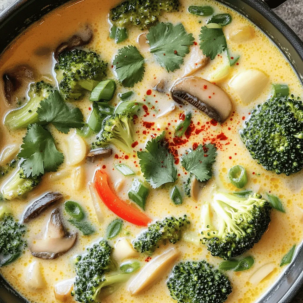 Die Thai-Kokosnuss-Suppe hat einige wichtige Zutaten. Die Basis ist Kokosmilch, die der Suppe einen reichen, cremigen Geschmack verleiht. Gemüsebrühe bringt Tiefe. Rote Currypaste fügt eine angenehme Schärfe hinzu. Diese drei Zutaten machen die Suppe besonders und lecker. Hier sind die Hauptzutaten, die du benötigst: - 700 ml Kokosmilch - 500 ml Gemüsebrühe - 1 Esslöffel rote Currypaste Wenn du diese Zutaten kombinierst, erhältst du eine köstliche, duftende Suppe. Du kannst die Suppe leicht anpassen. Für eine vegetarische Variante kannst du Tofu statt Fleisch verwenden. Ersetze das Gemüse durch deine Lieblingssorten. Wenn du mehr Protein möchtest, füge Huhn oder Garnelen hinzu. Das macht die Suppe noch herzlicher und nahrhafter. Hier sind einige Alternativen: - Tofu für Vegetarier - Huhn oder Garnelen für mehr Protein - Verschiedene Gemüsesorten nach Wahl Frische Zutaten sind der Schlüssel zu einem tollen Geschmack. Sie sind oft aromatischer und gesünder. Frische Kräuter und Gemüse bringen mehr Farbe und Nährstoffe in die Suppe. Getrocknete Zutaten können praktisch sein, aber sie verlieren oft ihren vollen Geschmack. Wenn du die Wahl hast, wähle immer frisch. Ein paar Tipps: - Verwende frischen Ingwer und Knoblauch für mehr Aroma. - Frisches Gemüse sorgt für eine bessere Textur. - Frische Kräuter wie Koriander geben der Suppe einen tollen Abschluss. Für das vollständige Rezept, schau dir die [Full Recipe] an. Um die Basis für die Thai Kokosnuss-Suppe zu machen, beginne mit dem Kokosnussöl. Erhitze es in einem großen Topf bei mittlerer Hitze. Füge die geschnittene Zwiebel hinzu. Brate die Zwiebel an, bis sie glasig ist. Das dauert etwa 3-4 Minuten. Jetzt kommt der gehackte Knoblauch, der geriebene Ingwer und das zerdrückte Zitronengras dazu. Brate alles für 2 Minuten an. Der Duft wird köstlich sein! Gieße jetzt die Kokosmilch und die Gemüsebrühe in den Topf. Rühre die Mischung gut um. Es ist wichtig, dass du alles langsam zum Sieden bringst. Dann kommt die rote Currypaste. Vermische sie gut, bis sie sich in der Brühe auflöst. Diese Schritte sind entscheidend für den vollen Geschmack der Suppe. Füge die geschnittenen Champignons, die rote Paprika und die Brokkoliröschen hinzu. Lass die Mischung nun für etwa 7-10 Minuten kochen. Es ist wichtig, das Gemüse nicht zu lange zu kochen. So bleibt die Textur knackig und frisch. Rühre ab und zu um, damit nichts anbrennt. Wenn das Gemüse zart ist, ist die Suppe fast fertig! Um die Aromen in deiner Thai Kokosnuss-Suppe zu perfektionieren, achte auf die Gewürze. Beginne mit frischer Sojasauce. Sie bringt einen klaren Umami-Geschmack. Eine gute Menge rote Currypaste macht die Suppe reich und würzig. Probiere, die Menge anzupassen, je nach deinem Geschmack. Wenn du einen kräftigeren Geschmack möchtest, füge mehr Currypaste hinzu. Die Schärfe ist wichtig in dieser Suppe. Chiliflocken sind eine tolle Möglichkeit, mehr Hitze hinzuzufügen. Beginne mit einer kleinen Menge und taste dich langsam vor. Limettensaft gibt der Suppe frische und einen tollen Kontrast. Füge etwas mehr hinzu, wenn du es frischer magst. Garnierungen machen deine Suppe schön und schmackhaft. Frischer Koriander bringt eine tolle Farbe und einen frischen Geschmack. Geschnittene Frühlingszwiebeln geben einen knackigen Biss. Du kannst auch etwas Limettenschnitz dazu servieren. Für ein besseres Erlebnis, kombiniere die Suppe mit Reis oder knusprigem Brot. Probiere die [Full Recipe] für eine leckere Zubereitung. {{image_4}} Um eine fleischlose Thai-Kokosnuss-Suppe zu machen, ersetze das Huhn oder die Garnelen. Nutze einfach mehr Gemüse, wie Zucchini oder Karotten. Du kannst auch Tofu hinzufügen. Tofu bringt eine tolle Textur und Protein. Verwende die gleichen Gewürze und die Brühe für einen vollen Geschmack. Damit bleibt die Suppe kräftig und gesund. Wenn du gerne mehr Eiweiß in deiner Suppe hast, füge Huhn oder Garnelen hinzu. Hähnchenbrust in kleine Stücke schneiden und in der Pfanne anbraten, bevor du die Brühe hinzufügst. Garnelen können direkt in die kochende Suppe gegeben werden. Sie brauchen nur etwa 3-5 Minuten zum Kochen. Tofu ist auch eine gute Wahl. Er ist vielseitig und nimmt die Aromen gut auf. Du kannst auch regionale Zutaten verwenden, um die Suppe anzupassen. Zum Beispiel, füge frische Kräuter wie Basilikum hinzu. Diese geben der Suppe einen neuen Geschmack. Du kannst auch asiatische Pilze wie Shiitake verwenden. Sie bringen einen reichhaltigen Umami-Geschmack. Experimentiere mit verschiedenen Gemüsesorten oder Gewürzen aus deiner Region. So machst du deine eigene, besondere Variante der Suppe. Für das vollständige Rezept besuche die Seite mit dem [Full Recipe]. Du kannst die Thai Kokosnuss-Suppe einfach im Kühlschrank aufbewahren. Fülle die Suppe in einen luftdichten Behälter. Achte darauf, die Suppe abkühlen zu lassen, bevor du sie verschließt. Im Kühlschrank bleibt die Suppe frisch für etwa drei bis vier Tage. Wenn du die Suppe länger aufbewahren möchtest, empfehle ich dir, sie einzufrieren. Um die Suppe optimal einzufrieren, lasse sie zuerst ganz abkühlen. Fülle die kalte Suppe in gefriergeeignete Behälter oder Beutel. Achte darauf, etwas Platz im Behälter zu lassen, da sich die Suppe beim Gefrieren ausdehnt. Du kannst die Suppe bis zu drei Monate im Gefrierfach lagern. Um die Suppe aufzutauen, lege sie einfach über Nacht in den Kühlschrank. Du kannst sie auch in der Mikrowelle oder auf dem Herd bei niedriger Hitze auftauen. Die Haltbarkeit der Zutaten ist wichtig für den Geschmack. Kokosmilch kann ungeöffnet bis zu einem Jahr halten, aber einmal geöffnet, sollte sie innerhalb von drei bis fünf Tagen verbraucht werden. Gemüse wie Paprika und Brokkoli sind frisch am besten und halten sich im Kühlschrank etwa eine Woche. Achte darauf, frische Kräuter wie Koriander innerhalb von zwei bis drei Tagen zu nutzen, um ihren vollen Geschmack zu genießen. Die Thai-Kokosnuss-Suppe bleibt im Kühlschrank bis zu fünf Tage frisch. Stelle sicher, dass du sie in einem luftdichten Behälter aufbewahrst. Du kannst die Suppe auch einfrieren. Im Gefrierschrank bleibt sie bis zu drei Monate gut. Achte darauf, sie in portionsgerechten Behältern einzufrieren. So ist es einfach, sie später zu genießen. Ja, du kannst die Suppe leicht aufwärmen. Die beste Methode ist, sie in einem Topf bei mittlerer Hitze zu erwärmen. Rühre die Suppe regelmäßig um, damit sie gleichmäßig erhitzt wird. Du kannst auch einen Mikrowellenofen verwenden. Gieße die Suppe in eine mikrowellengeeignete Schüssel und decke sie ab. Erwärme sie in kurzen Intervallen, bis sie heiß ist. Zu dieser Suppe passen viele Beilagen gut. Reis ist eine klassische Wahl und nimmt die Aromen auf. Du kannst auch frische Kräuter wie Koriander oder Minze auf die Suppe streuen. Für etwas Crunch sind geröstete Erdnüsse eine tolle Ergänzung. Wenn du es herzhaft magst, probiere knusprige Frühlingsrollen oder ein frischer Salat. Jede Beilage bringt etwas Einzigartiges in dein Essen. Die Thai-Kokosnuss-Suppe ist einfach zuzubereiten und voller Geschmack. Wir haben die Hauptzutaten wie Kokosmilch und Currypaste besprochen. Du kannst frische oder getrocknete Zutaten wählen, um den Geschmack zu verbessern. Außerdem gab es Tipps, um die Aromen anzupassen und die Schärfe zu variieren. Denke daran, die Suppe richtig zu lagern, um die Frische zu bewahren. Jetzt bist du bereit, deine eigene köstliche Suppe zu kochen! Probiere verschiedene Varianten und finde deine Lieblingsversion.
