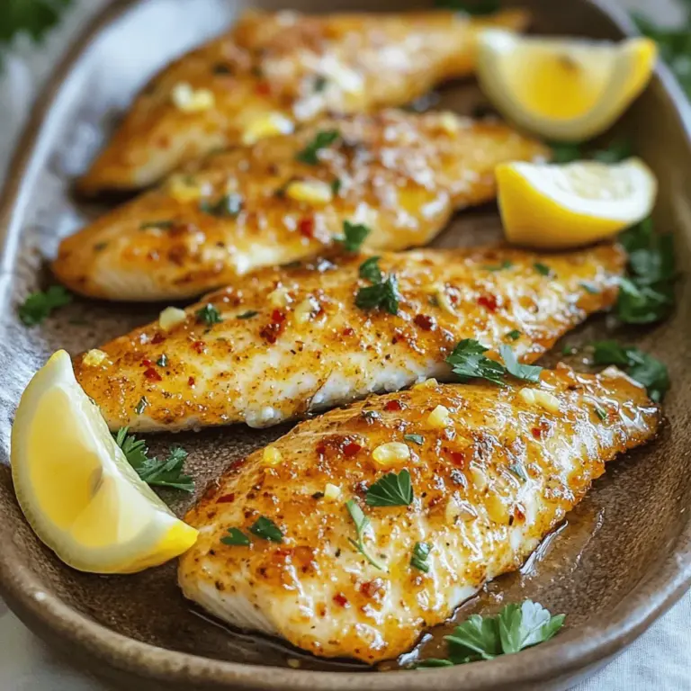 Wenn Sie Lust auf ein einfaches, aber schmackhaftes Gericht haben, sind Sie hier genau richtig. Die Zutaten für das Rezept sind leicht zu finden. Sie benötigen: - 4 Tilapiafilets - 4 Esslöffel Olivenöl - 4 Knoblauchzehen, fein gehackt - 1 Teelöffel rote Paprikaflocken - Schale und Saft von 2 Zitronen - 1 Teelöffel geräuchertes Paprikapulver - Salz und Pfeffer nach Geschmack - Frische Petersilie oder Koriander zur Garnitur Diese Zutaten bringen frische Aromen und eine gesunde Note auf den Tisch. Der Knoblauch sorgt für einen starken Geschmack. Die Zitronen geben Frische und die Paprikaflocken bringen eine angenehme Schärfe. Wenn Sie die Zutaten bereit haben, können Sie direkt zum Kochen übergehen. Die Kombination dieser Aromen macht das Gericht besonders. Nutzen Sie die frischen Kräuter zum Garnieren. Sie geben dem Gericht das gewisse Etwas. Dies ist ein einfaches Rezept, das Sie immer wieder machen möchten. Für das vollständige Rezept schauen Sie sich den Abschnitt "Full Recipe" an. Heize deinen Ofen auf 200 °C (400 °F) vor. Das ist wichtig für gleichmäßiges Garen. Bereite ein Backblech vor. Du kannst es mit Backpapier auslegen oder leicht mit Kochspray einfetten. So klebt der Fisch nicht fest. Jetzt kommt der spannende Teil! Mische die folgenden Zutaten in einer kleinen Schüssel: - 4 Esslöffel Olivenöl - 4 Knoblauchzehen, fein gehackt - 1 Teelöffel rote Paprikaflocken - Schale und Saft von 2 Zitronen - 1 Teelöffel geräuchertes Paprikapulver - Salz und Pfeffer nach Geschmack Rühre alles gut um. Du solltest eine schöne, würzige Marinade bekommen. Diese Marinade gibt dem Fisch viel Geschmack. Lege die Tilapiafilets auf das vorbereitete Backblech. Jetzt bestreiche jedes Filet großzügig mit der Marinade. Achte darauf, dass etwas Knoblauch und Gewürze oben auf dem Fisch bleiben. Das sorgt für zusätzlichen Geschmack. Backe die Tilapia im vorgeheizten Ofen für etwa 15-20 Minuten. Der Fisch sollte undurchsichtig sein und sich leicht mit einer Gabel zerteilen lassen. Die genaue Garzeit kann je nach Dicke der Filets variieren. Wenn der Fisch fertig ist, nimm ihn aus dem Ofen und lasse ihn einige Minuten ruhen. Garnieren kannst du das Gericht mit frischer Petersilie oder Koriander. Das sieht nicht nur schön aus, sondern schmeckt auch frisch! Um den perfekten Gargrad für Tilapia zu erreichen, gibt es einige einfache Anzeichen. Gekochter Fisch wird undurchsichtig und leicht flockig. Man sollte auch auf die Farbe achten. Wenn der Fisch nicht mehr durchsichtig ist, ist er meist bereit. Die Dicke der Filets spielt eine große Rolle. Dickere Filets brauchen mehr Zeit. Ein dickeres Stück kann bis zu 20 Minuten brauchen, während dünnere Filets schon nach 15 Minuten gar sein können. Überprüfen Sie den Gargrad regelmäßig, um ein Überkochen zu vermeiden. Kräuter und Gewürze bringen frische Aromen in Ihr Gericht. Ich empfehle frische Petersilie oder Koriander als Garnitur. Diese Kräuter verleihen dem Gericht einen lebendigen Geschmack und machen es ansprechend. Wenn Sie mehr Geschmack möchten, probieren Sie, Basilikum oder Thymian hinzuzufügen. Sie passen gut zu Fisch. Alternativen zur Marinade sind auch möglich. Zum Beispiel können Sie Zitronenpfeffer oder Dill verwenden, um einen anderen Geschmack zu erzielen. Für das vollständige Rezept besuchen Sie bitte den Abschnitt mit dem Titel "Full Recipe". {{image_4}} Für einen mediterranen Geschmack können Sie die Marinade anpassen. Fügen Sie einfach einige zusätzliche Zutaten hinzu. Ich empfehle, 1 Tasse gehackte Tomaten, 1 Teelöffel Oregano und 1 Teelöffel Zitronenthymian zu verwenden. Diese Aromen bringen die Frische des Mittelmeers auf Ihren Teller. Die Kombination von Zitrone und Kräutern wird den Fisch wunderbar ergänzen. Wenn Sie es schärfer mögen, probieren Sie diese scharfe Variante. Verwenden Sie Chili oder andere scharfe Gewürze. Sie können 1 Teelöffel Cayennepfeffer oder frische, gehackte Jalapeños hinzufügen. Diese Zutaten geben dem Gericht einen kräftigen Kick. Achten Sie darauf, die Menge nach Ihrem Geschmack anzupassen. Eine weitere Möglichkeit ist, den Tilapia in Folie zu backen. Diese Methode sorgt für mehr Geschmack und Saftigkeit. Wickeln Sie die marinierten Filets in Alufolie ein. Dies hilft, die Feuchtigkeit zu halten. Backen Sie die Folie dann für etwa 20 Minuten im Ofen. Der Fisch wird zart und voller Aromen sein. Wenn Sie Reste von der würzigen Zitronen-Knoblauch gebackenen Tilapia haben, gibt es viele Möglichkeiten, diese zu nutzen. Sie können die restlichen Filets in einem Wrap oder Sandwich verwenden. Fügen Sie frisches Gemüse und etwas Joghurt oder Sauce hinzu. Eine andere Idee ist, die Reste klein zu schneiden und in einem Salat zu servieren. So bringen Sie neuen Schwung in Ihr Mittagessen! Um die Tilapia optimal aufzubewahren, lassen Sie die Reste zuerst abkühlen. Legen Sie die Filets in einen luftdichten Behälter. Im Kühlschrank bleiben sie bis zu drei Tage frisch. Wenn Sie die Tilapia länger aufbewahren möchten, können Sie sie einfrieren. Wickeln Sie die Filets gut in Frischhaltefolie ein und legen Sie sie in einen Gefrierbeutel. So bleiben sie bis zu drei Monate genießbar. Achten Sie darauf, sie langsam im Kühlschrank aufzutauen, bevor Sie sie erneut aufwärmen. Um zu prüfen, ob der Tilapia gar ist, gibt es einige einfache Tipps. Achten Sie darauf, dass der Fisch undurchsichtig ist und sich leicht mit einer Gabel zerteilen lässt. Ein weiteres Zeichen ist, wenn die Filets eine schöne weiße Farbe haben. Der Fisch sollte nicht mehr glänzen. Es hilft auch, ein Fleischthermometer zu verwenden. Die Innentemperatur sollte mindestens 63 °C (145 °F) erreichen. Wenn Sie keinen Thermometer haben, verwenden Sie die Gabelprobe. Ja, Sie können gefrorenen Tilapia verwenden. Es ist wichtig, ihn vor dem Kochen aufzutauen. Lassen Sie den Fisch über Nacht im Kühlschrank auftauen. Wenn Sie es eilig haben, tauen Sie ihn in kaltem Wasser auf. Wickeln Sie den Fisch gut ein, um Wasseraufnahme zu vermeiden. Kochen Sie den gefrorenen Tilapia nicht direkt. Dies kann zu ungleichmäßiger Garung führen. Für die besten Ergebnisse, verwenden Sie ihn, wenn er vollständig aufgetaut ist. Für die perfekte Beilage zu Ihrem Spicy Lemon Garlic Baked Tilapia gibt es viele tolle Möglichkeiten. Ein frischer Salat mit grünem Blattgemüse passt perfekt. Außerdem sind gedünstetes Gemüse oder gebratene Kartoffeln eine gute Wahl. Reis oder Quinoa bieten eine gesunde und sättigende Basis. Für Getränke empfehle ich einen leichten Weißwein oder einen spritzigen Mineralwasser. Diese Getränke ergänzen die Aromen des Fisches hervorragend. Zusammengefasst haben wir die Zutaten und die einfache Zubereitung von Tilapia besprochen. Die verschiedenen Marinaden und Varianten bringen zusätzlich Geschmack. Du kannst auch Reste kreativ verwerten. Achte auf die Garzeit, um den perfekten Fisch zu erzielen. Mit diesen Tipps und Tricks wird dein Gericht sicher ein Erfolg. Probiere die verschiedenen Optionen und finde deinen Favoriten! Guten Appetit!