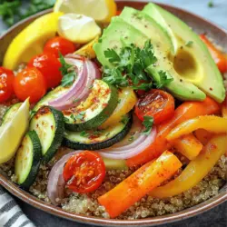 - Quinoa: 1 Tasse, gewaschen - Gemüsebrühe oder Wasser: 2 Tassen - Gemüse: Zucchini, Paprika, Cherrytomaten, Karotten, rote Zwiebel Ich wähle Quinoa als Basis. Quinoa hat viele Nährstoffe. Es ist eine tolle Quelle für Proteine und Ballaststoffe. Ich wasche die Quinoa gründlich, um die Bitterstoffe zu entfernen. Dann koche ich sie in Gemüsebrühe oder Wasser. Das gibt der Quinoa mehr Geschmack. Für das Gemüse nutze ich Zucchini, Paprika, Cherrytomaten, Karotten und rote Zwiebeln. Diese Gemüsesorten sind bunt und gesund. - Olivenöl: 2 Esslöffel - Knoblauchpulver: 1 Teelöffel - Geräuchertes Paprikapulver: 1 Teelöffel - Salz und Pfeffer nach Geschmack Die Gewürze bringen den Geschmack zur Geltung. Ich verwende Olivenöl, um das Gemüse zu rösten. Es macht das Gemüse zart und lecker. Knoblauchpulver und geräuchertes Paprikapulver geben dem Gericht eine besondere Note. Ich füge Salz und Pfeffer hinzu, um den Geschmack zu verstärken. - Frische Petersilie, gehackt - Avocado, in Scheiben - Zitronenschnitze Die Garnierungen machen die Bowls schön und frisch. Ich streue frische Petersilie darüber. Sie gibt einen tollen Farbkontrast. Avocado ist cremig und nahrhaft. Ich schneide sie in Scheiben und lege sie auf das Gemüse. Zitronenschnitze sind perfekt, um einen frischen Spritzer über die Bowl zu geben. Sie helfen, die Aromen zu heben und das Gericht aufzuhellen. Für das gesamte Rezept, schau dir die Full Recipe an. Heize deinen Ofen auf 220°C (425°F) vor. Nimm eine große Auflaufform und gib das gewürfelte Gemüse hinein. Das sind Zucchini, Paprika, Cherrytomaten, Karotten und rote Zwiebeln. Vermenge das Gemüse mit 2 Esslöffeln Olivenöl. Streue 1 Teelöffel Knoblauchpulver, 1 Teelöffel geräuchertes Paprikapulver sowie Salz und Pfeffer darüber. Mische alles gut, damit das Gemüse gleichmäßig bedeckt ist. Verteile das Gemüse in einer einzigen Schicht in der Form. Röste es 25 bis 30 Minuten. Rühre das Gemüse nach der Hälfte der Zeit um, damit es gleichmäßig röstet. Während das Gemüse röstet, bereite die Quinoa vor. Nimm einen mittelgroßen Topf und gib 1 Tasse gewaschene Quinoa mit 2 Tassen Gemüsebrühe (oder Wasser) hinein. Bringe die Mischung bei starker Hitze zum Kochen. Reduziere dann die Hitze und decke den Topf ab. Lass die Quinoa 15 Minuten köcheln, bis die gesamte Flüssigkeit aufgenommen ist. Nimm den Topf vom Herd und lass die Quinoa 5 Minuten abgedeckt ruhen. Lockere die Quinoa danach mit einer Gabel auf. Jetzt kommt der spaßige Teil! Nimm eine Schüssel und gib eine Portion Quinoa als Basis hinein. Belege die Quinoa mit dem gerösteten Gemüse. Füge einige Scheiben Avocado hinzu, um die Bowl noch besser zu machen. Garniere alles mit frischer Petersilie und lege Zitronenschnitze an die Seite. Diese geben der Bowl einen frischen Spritzer. Für das vollständige Rezept, schau dir die [Full Recipe] an. Die richtige Menge Quinoa und Flüssigkeit ist wichtig. Verwenden Sie eine Tasse Quinoa und zwei Tassen Gemüsebrühe oder Wasser. Dies gibt der Quinoa die nötige Feuchtigkeit zum Garen. Kochen Sie die Quinoa schnell auf hoher Hitze. Sobald sie kocht, reduzieren Sie die Hitze. Decken Sie den Topf ab und lassen Sie die Quinoa für 15 Minuten köcheln. Danach nehmen Sie den Topf vom Herd und lassen die Quinoa fünf Minuten ruhen. Das macht sie fluffig und locker. Die Größe der Gemüsestücke beeinflusst die Röstzeit. Schneiden Sie das Gemüse in gleichmäßige Stücke. So garen sie gleichmäßig. Ich empfehle, die Stücke etwa 2 bis 3 cm groß zu schneiden. Wenden Sie das Gemüse nach der Hälfte der Röstzeit. Das sorgt dafür, dass es schön knusprig wird. Röstzeiten von 25 bis 30 Minuten sind ideal für zartes und karamellisiertes Gemüse. Fügen Sie gesunde Extras wie Kichererbsen oder Nüsse hinzu. Diese erhöhen den Proteingehalt und machen die Bowl sättigender. Sie können auch saisonales Gemüse nutzen, um den Geschmack zu variieren. Im Frühling sind Spargel und Erbsen toll, im Herbst Kürbis und Rosenkohl. Experimentieren Sie mit verschiedenen Gemüsesorten, um neue Geschmackskombinationen zu entdecken. {{image_4}} Für mehr Abwechslung probiere diese Gemüsekombinationen: - Brokkoli: Er gibt einen schönen Crunch und viele Nährstoffe. - Süßkartoffeln: Sie bringen Süße und eine cremige Textur. - Kürbis: Er ist lecker und hat viele Vitamine. - Spinat: Füge frische Blätter hinzu, um mehr Farbe zu haben. - Grünkohl: Seine Blätter sind nahrhaft und passen gut dazu. Diese Kombinationen machen dein Gericht bunt und gesund. Du kannst das Gemüse nach Saison oder Vorliebe wählen. So bleibt dein Roasted Vegetable Quinoa Bowl spannend und voll von Geschmack. Um die Nährstoffe zu steigern, füge Proteine hinzu: - Feta-Käse: Er gibt einen salzigen Geschmack und Cremigkeit. - Tofu: Eine gute pflanzliche Proteinquelle, die den Geschmack aufnimmt. - Bohnen: Sie sind nahrhaft und sättigend. - Linsen: Diese kleinen Hülsenfrüchte fügen Ballaststoffe und Eiweiß hinzu. Diese proteinreichen Ergänzungen machen die Bowl noch nahrhafter. Du kannst sie nach Belieben hinzufügen oder mischen. Experimentiere mit verschiedenen Zutaten, um das Beste aus deiner Bowl herauszuholen. Das richtige Dressing macht einen großen Unterschied. Probiere diese Optionen: - Zitronen-Vinaigrette: Sie bringt Frische und Säure. - Tahini-Dressing: Es hat einen nussigen Geschmack und Cremigkeit. - Joghurt-Dressing: Es ist leicht und cremig. Das Dressing kannst du nach deinem Geschmack anpassen. Es gibt der Bowl einen neuen Twist und macht jedes Mal Freude. Kombiniere die Dressings mit den Zutaten, um deinen Lieblingsgeschmack zu finden. Um die Reste Ihres Roasted Vegetable Quinoa Bowls frisch zu halten, gibt es einfache Tipps. Bewahren Sie die Reste im Kühlschrank in einem luftdichten Behälter auf. So bleiben sie bis zu drei Tage genießbar. Achten Sie darauf, das Gemüse und die Quinoa getrennt zu lagern. Das verhindert, dass die Quinoa matschig wird. Wenn Sie die Reste länger aufbewahren möchten, können Sie sie auch einfrieren. Verwenden Sie gefriergeeignete Behälter oder Beutel. So bleiben sie bis zu drei Monate frisch. Beim Auftauen sollten Sie die Reste über Nacht im Kühlschrank lassen. Es gibt zwei gute Möglichkeiten, um die Reste aufzuwärmen. Die Mikrowelle ist schnell, aber das Gemüse kann weich werden. Legen Sie die Reste in eine Schüssel und decken Sie sie mit einem feuchten Küchenpapier ab. Erhitzen Sie sie in kurzen Intervallen. Der Ofen ist eine bessere Wahl, um die Knusprigkeit des Gemüses zu erhalten. Heizen Sie den Ofen auf 180°C (350°F) vor. Verteilen Sie die Reste auf einem Blech und erwärmen Sie sie etwa 10–15 Minuten. Überkochen Sie das Gemüse nicht, um seine Textur zu bewahren. Die richtige Lagerung der Zutaten ist wichtig. Lagern Sie Quinoa in einem trockenen, kühlen Ort. Ein luftdichter Behälter schützt sie vor Feuchtigkeit. Frisches Gemüse sollte im Gemüsefach des Kühlschranks aufbewahrt werden. Wickeln Sie empfindliche Sorten wie Zucchini in ein feuchtes Tuch, um sie länger frisch zu halten. Vermeiden Sie Lebensmittelverschwendung, indem Sie nur die Menge kaufen, die Sie brauchen. Verarbeiten Sie überschüssiges Gemüse in Suppen oder anderen Gerichten. So nutzen Sie alles und genießen gleichzeitig leckere Speisen. Die Zubereitung dauert etwa 40 Minuten. Die Vorbereitungszeit ist 10 Minuten. Das Kochen der Quinoa und das Rösten des Gemüses dauert etwa 30 Minuten. So kannst du schnell eine leckere und gesunde Mahlzeit genießen. Ja, du kannst die Quinoa im Voraus kochen. Koche die Quinoa und lasse sie in einem luftdichten Behälter im Kühlschrank. So bleibt sie frisch für bis zu fünf Tage. Wenn du sie aufwärmen möchtest, benutze einfach die Mikrowelle oder einen Topf mit etwas Wasser. Für deinen Roasted Vegetable Quinoa Bowl kannst du viele Gemüsesorten verwenden. Hier sind einige tolle Optionen: - Zucchini: leicht und zart - Paprika: süß und bunt - Cherrytomaten: saftig und frisch - Karotten: knackig und süß - Rote Zwiebeln: würzig und mild Diese Gemüse sorgen für den besten Geschmack und viele Nährstoffe. Experimentiere gerne mit deinen Lieblingsgemüsesorten! Röste Gemüse, koche Quinoa und baue deine Bowls zusammen. Mit frischen Zutaten, Gewürzen und Garnierungen wird jede Bowl ein Genuss. Denk daran, du kannst Variationen hinzufügen und Reste clever lagern. So bleibt dein Essen frisch und lecker. Probiere immer neue Kombinationen aus und achte auf gesunde Zutaten. Das macht deine Bowls spannend und nahrhaft. Jetzt liegt es an dir, kreativ zu sein und eigene Bowls zu kreieren!