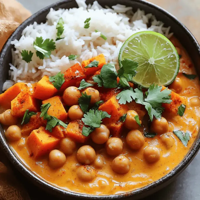 Für dein Süßkartoffel-Kichererbsen-Curry brauchst du: - 2 mittelgroße Süßkartoffeln, geschält und gewürfelt - 1 Dose (425 g) Kichererbsen, abgetropft und abgespült - 1 Dose (400 ml) Kokosmilch - 1 große Zwiebel, fein gehackt - 3 Knoblauchzehen, gehackt - 1 Esslöffel frischer Ingwer, gerieben - 2 Esslöffel Currypulver - 1 Teelöffel Kreuzkümmel - 1/2 Teelöffel Kurkuma - 1 Dose (400 g) gewürfelte Tomaten (mit Saft) - 500 ml Gemüsebrühe - 2 Esslöffel Olivenöl - Salz und Pfeffer nach Geschmack - Frischer Koriander zur Garnitur - Limettenviertel zum Servieren Die Kichererbsen sind eine tolle Quelle für pflanzliches Protein. Sie machen das Curry nahrhaft. Die Kokosmilch gibt dem Gericht eine cremige Textur und einen milden Geschmack. Wenn du vegan kochen möchtest, sind alle Zutaten bereits pflanzenbasiert. Achte darauf, dass die Gemüsebrühe ebenfalls vegan ist. Wenn du Allergien hast oder etwas nicht magst, gibt es einfache Alternativen. Statt Kichererbsen kannst du schwarze Bohnen verwenden. Wenn du allergisch auf Nüsse reagierst, achte darauf, dass deine Kokosmilch keine Nusszusätze hat. Für eine glutenfreie Version kannst du immer sicherstellen, dass die Gewürze und Brühe glutenfrei sind. Zuerst schälen wir die Süßkartoffeln. Schneide sie dann in kleine Würfel. Würfel die Zwiebel fein, damit sie gut im Curry verteilt ist. Hacke den Knoblauch und reibe den frischen Ingwer. Diese Zutaten geben dem Curry viel Geschmack. Bereite auch die Kichererbsen vor. Gieße sie ab und spüle sie unter kaltem Wasser. So wird das Curry frisch und lecker. Erhitze einen großen Topf auf mittlerer Hitze. Gib das Olivenöl hinein und füge die Zwiebel hinzu. Schwitze sie etwa 5 Minuten an, bis sie glasig ist. Jetzt kommen der gehackte Knoblauch und der Ingwer dazu. Brate sie 1-2 Minuten, bis sie gut duften. Streue das Currypulver, den Kreuzkümmel und die Kurkuma in den Topf. Rühre alles gut um und röste die Gewürze etwa 1 Minute. Das macht den Geschmack intensiver. Jetzt gib die gewürfelten Süßkartoffeln, die Kichererbsen, die Tomaten, die Kokosmilch und die Gemüsebrühe in den Topf. Vermenge alles gut. Bringe die Mischung zum Köcheln. Setze den Deckel auf den Topf und reduziere die Hitze. Lass das Curry etwa 20 bis 25 Minuten kochen. So werden die Süßkartoffeln weich. Vergiss nicht, das Curry zu probieren. Schmecke es mit Salz und Pfeffer ab. Wenn du eine dickere Konsistenz magst, koche es ohne Deckel 5-10 Minuten länger. Nach dem Kochen nimm den Topf vom Herd. Lass das Curry kurz ruhen. Serviere es warm und garniere es mit frischem Koriander. Lege ein Limettenviertel dazu. Der Spritzer Limette macht das Gericht frisch und spannend. Um das Curry perfekt zu machen, probiere unterschiedliche Gewürze aus. Du kannst mehr Currypulver oder eine Prise Zimt hinzufügen. Diese Tipps machen das Curry besonders. Achte darauf, dass du die Zutaten gut vermengst, damit der Geschmack überall verteilt ist. Du kannst auch frische Kräuter wie Koriander oder Minze hinzufügen. Das bringt eine neue Frische ins Gericht. Wenn du das Curry schärfer magst, füge etwas Chili oder Cayennepfeffer hinzu. So passt es perfekt zu deinem Geschmack. Für weitere Tipps schaue dir das [Full Recipe] an. Dort findest du noch mehr Ideen und Anregungen. Um das perfekte Süßkartoffel-Kichererbsen-Curry zu machen, achte auf die folgenden Punkte: - Frische Zutaten: Verwende frische Süßkartoffeln und Kräuter. Das macht einen großen Unterschied. - Richtige Hitze: Koche das Curry bei mittlerer Hitze, um ein Anbrennen zu vermeiden. - Konsistenz: Lass das Curry länger köcheln, wenn du eine dickere Sauce magst. - Aromatisches Anbraten: Brate Zwiebeln, Knoblauch und Ingwer gut an. Das gibt dem Curry mehr Geschmack. Du kannst die Schärfe des Currys leicht anpassen. Hier sind einige Tipps: - Weniger Gewürze: Reduziere die Menge an Currypulver für ein milderes Gericht. - Chili hinzufügen: Füge frische Chili oder Cayennepfeffer hinzu, wenn du es schärfer magst. - Süße ausbalancieren: Ein Teelöffel Honig oder Agavendicksaft kann die Schärfe ausgleichen. Um das Curry noch besser zu machen, probiere diese Ideen: - Zitronensaft: Ein Spritzer frischer Limette bringt Frische ins Gericht. - Kokosraspeln: Füge geröstete Kokosraspeln für mehr Textur und Geschmack hinzu. - Grüne Kräuter: Frischer Koriander oder Minze am Ende der Garzeit macht das Curry lebendiger. Für das vollständige Rezept, schau dir den [Full Recipe] an. {{image_4}} Das Süßkartoffel-Kichererbsen-Curry ist von Natur aus vegan und glutenfrei. Du kannst die Zutaten einfach anpassen. Verwende frische Kräuter, um den Geschmack zu verstärken. Statt Kokosmilch kannst du auch Mandelmilch oder Hafermilch nutzen. Achte darauf, dass die Brühe glutenfrei ist, wenn du diese verwendest. So bleibt dein Curry gesund und lecker. Möchtest du mehr Protein in dein Gericht? Füge Tofu oder Tempeh hinzu. Schneide den Tofu in Würfel und brate ihn leicht an, bevor du ihn zum Curry gibst. Du kannst auch Hühnchen verwenden, wenn du Fleisch magst. Brate es zuerst an, bis es durch ist, und füge es dann hinzu. Beide Optionen machen das Curry nahrhafter. Das tolle an diesem Curry ist, dass du verschiedene Gemüsesorten nutzen kannst. Im Frühling sind Zucchini und Erbsen perfekt. Im Sommer passen Auberginen und Paprika gut dazu. Im Herbst sind Kürbis und Karotten sehr schmackhaft. Im Winter kannst du Wurzelgemüse wie Sellerie oder Rüben verwenden. Experimentiere mit dem Gemüse und finde deinen Lieblingsmix! Für das vollständige Rezept schau dir den [Full Recipe] an. Um übrig gebliebenes Süßkartoffel-Kichererbsen-Curry zu lagern, fülle es in einen luftdichten Behälter. Lass das Curry zuerst auf Raumtemperatur abkühlen. Schließe den Behälter gut, um den Geschmack zu bewahren. Du kannst das Curry im Kühlschrank bis zu vier Tage aufbewahren. Wenn du mehr Zeit brauchst, friere es ein. Für die Kühlung stelle den Behälter auf die mittlere oder untere Ablage des Kühlschranks. Vermeide die Tür, da sie oft wärmer ist. Zum Einfrieren benutze gefriergeeignete Behälter oder Beutel. Teile das Curry in Portionen auf, um es einfacher zu machen, nur das zu nehmen, was du brauchst. So bleibt die Qualität besser erhalten. Im Kühlschrank bleibt das Curry etwa vier Tage frisch. Im Gefrierfach kann es bis zu drei Monate haltbar sein. Achte darauf, dass es gut verpackt ist, um Gefrierbrand zu vermeiden. Vor dem Servieren taue das Curry im Kühlschrank auf oder erhitze es direkt auf dem Herd. Vergiss nicht, es vorher gut umzurühren. Um das Süßkartoffel-Kichererbsen-Curry gesünder zu gestalten, kannst du folgende Tipps nutzen: - Verwende weniger Kokosmilch. Ersetze einen Teil durch Gemüsebrühe. - Füge mehr Gemüse hinzu, wie Spinat oder Brokkoli, um Ballaststoffe zu erhöhen. - Nutze frische Kräuter anstelle von Fertiggewürzen, das verbessert den Geschmack. - Reduziere das Öl oder verwende ein kalorienfreies Spray beim Anbraten. Diese kleinen Anpassungen machen dein Curry nahrhafter, ohne den Geschmack zu verlieren. Ja, du kannst das Süßkartoffel-Kichererbsen-Curry im Schnellkochtopf zubereiten. Hier sind die Schritte: 1. Erhitze das Öl im Schnellkochtopf und brate die Zwiebeln, Knoblauch und Ingwer an. 2. Füge die Gewürze hinzu und röste sie kurz an. 3. Gib die Süßkartoffeln, Kichererbsen, Tomaten und Kokosmilch dazu. 4. Schließe den Deckel und koche das Curry 8-10 Minuten unter Druck. 5. Lass den Druck natürlich ab und serviere das Curry. Diese Methode spart Zeit und bringt die Aromen schnell zusammen. Zu deinem Süßkartoffel-Kichererbsen-Curry passen viele Beilagen. Hier sind einige Vorschläge: - Basmati-Reis: Er ist leicht und nimmt die Sauce gut auf. - Naanbrot: Perfekt, um die köstliche Sauce aufzutunken. - Quinoa: Eine proteinreiche und glutenfreie Alternative. - Frischer Salat: Ein einfacher grüner Salat bringt Frische mit. Diese Beilagen runden dein Gericht ab und machen es zu einem kompletten Essen. Das Süßkartoffel-Kichererbsen-Curry ist einfach zuzubereiten und lecker. Wir haben alle Zutaten besprochen, die du brauchst, und wie du sie richtig vorbereitest. Ich habe dir Tipps gegeben, um das Curry zu perfektionieren. Ferner hast du Variationen entdeckt, um das Gericht nach deinem Geschmack anzupassen. Zum Schluss gab es hilfreiche Hinweise zur Lagerung. Vertraue darauf, dass du mit diesem Rezept Freude beim Kochen und Genießen haben wirst. Probiere die Variationen aus und finde deine Lieblingsversion!