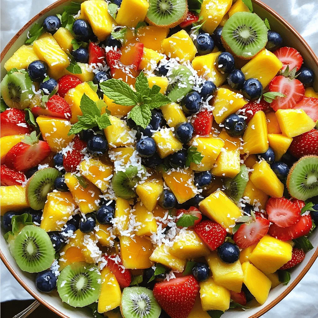 Hier sind die Zutaten, die du für einen köstlichen tropischen Obstsalat brauchst: - 1 reife Ananas, geschält, vom Kern befreit und in mundgerechte Stücke geschnitten - 2 Kiwis, geschält und in Scheiben geschnitten - 1 Mango, gewürfelt - 1 Tasse Erdbeeren, entkelcht und halbiert - 1 Tasse Blaubeeren - 1 Banane, in Scheiben geschnitten - 1 Esslöffel frische Minzblätter, gehackt - 2 Esslöffel Honig (oder Agavensirup für eine vegane Variante) - Saft von 1 Limette - 1 Esslöffel geraspelte Kokosnuss (optional) Ich liebe, wie diese Zutaten zusammenkommen. Jede Frucht bringt ihren eigenen Geschmack mit. Ananas ist süß und saftig. Kiwis fügen eine schöne Säure hinzu. Mangos sind voller tropischer Süße. Erdbeeren und Blaubeeren bringen frische Noten. Die Banane macht alles cremig. Minzblätter bringen einen frischen Kick. Honig oder Agavensirup süßen das Ganze. Limettensaft gibt eine spritzige Note. Wenn du magst, füge Kokosnuss hinzu für einen tropischen Touch. Diese Zutaten machen den Obstsalat nicht nur lecker, sondern auch gesund. Du kannst die Fruchtwahl jederzeit anpassen. Es gibt viele Optionen! Experimentiere und finde deine Lieblingskombination. Für die vollständige Anleitung, schau dir das [Full Recipe] an. 1. Zuerst nehme ich eine reife Ananas. Ich schäle sie und schneide sie in Stücke. 2. Dann schäle ich zwei Kiwis und schneide sie in dünne Scheiben. 3. Jetzt würfle ich eine Mango und schneide eine Banane in Scheiben. 1. Ich gebe alle geschnittenen Früchte in eine große Schüssel. 2. Jetzt vermenge ich die Früchte sanft. So vermeide ich, dass sie zerdrücken. 1. In einer kleinen Schüssel vermische ich Honig und den Saft von einer Limette. 2. Dann füge ich die gehackten Minzblätter hinzu und verrühre alles gut. 1. Ich träufle das Dressing gleichmäßig über die Früchte. 2. Dann streue ich geraspelte Kokosnuss darüber, falls ich möchte. 3. Zum Schluss stelle ich den Obstsalat für etwa 30 Minuten in den Kühlschrank. So entfalten sich die Aromen. Für die komplette Anleitung schaue dir das [Full Recipe] an. Um frische, reife Früchte für deinen tropischen Obstsalat auszuwählen, beachte folgende Punkte: - Ananas: Eine reife Ananas hat eine goldene Farbe. Sie sollte leicht nachgeben, wenn du sanft drückst. Der Duft sollte süß sein. - Mangos: Wähle Mangos, die weich sind, aber nicht matschig. Ihre Haut sollte eine leuchtende Farbe haben, je nach Sorte. - Kiwis: Reife Kiwis fühlen sich weich an, wenn du sie drückst. Ihre Haut sollte glatt und braun sein. Die Lagerung von Obst ist ebenfalls wichtig. Halte die Früchte bei Raumtemperatur, bis sie reif sind. Nach der Reifung kannst du sie im Kühlschrank lagern. So bleiben sie länger frisch. Um deinem Obstsalat mehr Farbe und Geschmack zu geben, sind hier einige Tipps: - Farb- und Geschmacksakzente: Nutze verschiedene Früchte in bunten Farben. So machst du den Salat ansprechend. Füge Minzblätter hinzu, um einen frischen Geschmack zu erzeugen. - Bunte Schalen: Serviere den Obstsalat in bunten Schalen. Das macht die Präsentation noch schöner. Du kannst auch klare Schalen nutzen, um die Farben zu zeigen. Wenn du den Salat im Voraus zubereiten möchtest, sind hier einige hilfreiche Tipps: - Bereite die Früchte am Abend vorher vor. Schneide sie und bewahre sie in einer Schüssel im Kühlschrank auf. Das spart Zeit. - Lagertipps: Um die Frische zu bewahren, decke die Schüssel mit Frischhaltefolie ab. So bleibt der Obstsalat länger knackig und lecker. Wenn du diese Tipps befolgst, wird dein tropischer Obstsalat gesund und geschmackvoll sein. Du kannst die [Full Recipe] für mehr Details verwenden. {{image_4}} Wenn du deinen tropischen Obstsalat noch bunter machen willst, füge weitere Früchte hinzu. Hier sind einige empfehlenswerte Alternativen: - Papaya: Diese süße Frucht bringt eine neue Textur. - Grapefruit: Sie fügt eine säuerliche Note hinzu. - Passionsfrucht: Ihre Samen bringen Crunch und einen tollen Geschmack. Saisonale Früchte geben deinem Salat besondere Aromen. Im Sommer sind reife Pfirsiche und Melonen toll. Im Herbst probiere Birnen oder Trauben. Wenn du eine vegane Version machen möchtest, gibt es viele Optionen. Du kannst Honig durch Agavensirup ersetzen. Er gibt die gleiche Süße. Für pflanzliche Toppings sind Nüsse eine gute Wahl. Walnüsse oder Mandeln verleihen einen schönen Crunch. Auch Chiasamen sind reich an Nährstoffen und passen gut dazu. Möchtest du weniger Zucker? Nutze frische Früchte für die Süße. Sie sind gesund und lecker. Du kannst auch Stevia oder Erythrit verwenden. Um mehr Protein hinzuzufügen, füge Griechischen Joghurt oder Quark hinzu. Diese machen den Salat sättigender und nährstoffreicher. Für die vollständige Rezeptanleitung schaue dir das [Full Recipe] an. Um den Obstsalat frisch zu halten, lagere ihn im Kühlschrank. Die beste Temperatur liegt zwischen 1 und 4 Grad Celsius. Nutze einen luftdichten Behälter, um Aromen zu bewahren. So bleiben die Früchte knackig und lecker. Um die Haltbarkeit zu verlängern, verwende frische und reife Früchte. Vermeide geschnittene und überreife Früchte, da sie schneller verderben. Du kannst auch Zitronen- oder Limettensaft über die Früchte geben. Das hilft, die Farbe zu erhalten und das Braunwerden zu verhindern. Teile den Obstsalat in kleine Portionen. So ist es einfacher, nur das zu nehmen, was du brauchst. Verwende kleine Behälter oder Gläser, um die Portionen zu lagern. Diese sind ideal für Snacks oder als Beilage. Einfrieren von Obstsalat ist nicht ideal. Die Textur der Früchte verändert sich. Wenn du dennoch frieren möchtest, friere die Früchte einzeln ein, bevor du sie mischst. So kannst du sie später für Smoothies oder andere Rezepte nutzen. Obstsalat bleibt im Kühlschrank etwa 2 bis 3 Tage frisch. Lagere ihn in einem luftdichten Behälter. So bleibt er länger knackig und lecker. Nach ein paar Tagen können die Früchte weicher werden. Ich empfehle, den Obstsalat frisch zu genießen. So schmeckt er am besten. Ja, du kannst gefrorene Früchte verwenden. Sie sind oft günstig und einfach zu finden. Gefrorene Früchte haben jedoch einige Nachteile. Sie können nach dem Auftauen matschig werden. Frische Früchte haben mehr Biss und Geschmack. Wenn du gefrorene Früchte wählst, achte darauf, ungesüßte Varianten zu nehmen. Ja, dieser Obstsalat ist sehr gesund. Er enthält viele Vitamine und Ballaststoffe. Tropische Früchte wie Ananas und Mango sind reich an Antioxidantien. Diese Nährstoffe stärken das Immunsystem. Der Obstsalat ist auch kalorienarm. Er eignet sich hervorragend als Snack oder Dessert. Du kannst das Rezept leicht anpassen. Verwende deine Lieblingsfrüchte oder saisonale Optionen. Wenn du keine Erdbeeren magst, nimm Himbeeren. Du kannst auch andere Süßungsmittel ausprobieren. Agavensirup oder Maple Syrup sind tolle Alternativen. Sei kreativ und finde deine perfekte Mischung! Die besten tropischen Früchte kommen aus warmen Regionen. Achte beim Kauf auf frische, reife Früchte. Überprüfe die Farbe und die Textur. Eine reife Ananas hat eine goldene Farbe und duftet süß. Mangos sollten leicht nachgeben, wenn du sie drückst. Kaufe möglichst lokal oder saisonal, um die beste Qualität zu erhalten. Dieser Obstsalat enthält eine bunte Mischung aus frischen Früchten, wie Ananas und Mangos. Die Zutaten werden einfach vorbereitet und vermischt. Ein leckeres Dressing aus Honig und Limettensaft rundet alles ab. Nutzen Sie unsere Tipps für reifes Obst und Präsentation. Passen Sie den Salat an, um ihn gesünder zu machen. Denken Sie auch an die richtigen Lagerbedingungen, damit er frisch bleibt. Auf diese Weise können Sie immer einen köstlichen Obstsalat genießen.