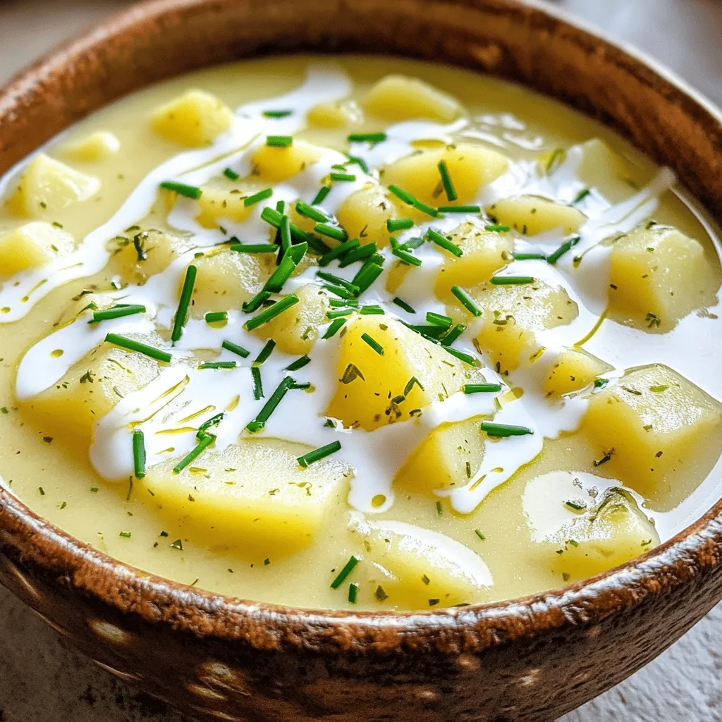 Für eine leckere Kartoffelsuppe brauchst du frische und einfache Zutaten. Hier sind die Hauptzutaten: - 4 mittlere Kartoffeln, geschält und gewürfelt - 1 mittlere Zwiebel, fein gehackt - 3 Knoblauchzehen, gehackt - 4 Tassen Gemüsebrühe - 1 Tasse Schlagsahne (oder Kokosnusscreme für eine milchfreie Option) - 2 Esslöffel Olivenöl - 1 Teelöffel getrockneter Thymian - 1 Teelöffel getrockneter Rosmarin - Salz und Pfeffer nach Geschmack - Frische Schnittlauch oder Petersilie zum Garnieren Diese Zutaten geben deiner Suppe den vollen Geschmack. Die Kartoffeln machen sie cremig und sättigend. Zwiebel und Knoblauch bringen einen tollen Duft und Geschmack. Neben den Hauptzutaten kannst du auch andere Gewürze hinzufügen. Hier sind einige Ideen: - Paprikapulver für mehr Wärme und Farbe - Muskatnuss für eine nussige Note - Lorbeerblatt während des Kochens für zusätzlichen Geschmack Diese Gewürze können die Suppe noch leckerer machen. Achte darauf, die Menge nach deinem Geschmack anzupassen. Wenn du spezielle Diäten einhältst, gibt es Alternativen. Hier sind einige Vorschläge: - Ersetze die Schlagsahne durch Mandelmilch für eine vegane Option. - Verwende Süßkartoffeln statt normaler Kartoffeln für mehr Süße und Nährstoffe. - Füge Gemüse wie Karotten oder Sellerie hinzu, um die Suppe gesünder zu machen. Diese Alternativen machen die Suppe anpassbar. Jeder kann sie nach seinen Vorlieben zubereiten. Du kannst mehr über die Zubereitung in der [Full Recipe] nachlesen. Beginne mit der Vorbereitung deiner Zutaten. Du brauchst: - 4 mittlere Kartoffeln, geschält und gewürfelt - 1 mittlere Zwiebel, fein gehackt - 3 Knoblauchzehen, gehackt - 4 Tassen Gemüsebrühe - 1 Tasse Schlagsahne oder Kokosnusscreme - 2 Esslöffel Olivenöl - 1 Teelöffel getrockneten Thymian - 1 Teelöffel getrockneten Rosmarin - Salz und Pfeffer nach Geschmack - Frische Schnittlauch oder Petersilie zum Garnieren Wasche die Kartoffeln gründlich, bevor du sie schälst. Schneide sie in gleich große Würfel. So garen sie gleichmäßig. Hacke die Zwiebel und den Knoblauch fein. Dies sorgt für einen tollen Geschmack. Erhitze das Olivenöl in einem großen Topf bei mittlerer Hitze. Füge die gehackte Zwiebel hinzu und brate sie für etwa 5 Minuten, bis sie weich ist. Danach gib den Knoblauch dazu und brate ihn für 1-2 Minuten an. Der Duft wird schon bald köstlich sein. Jetzt kommen die Kartoffeln in den Topf. Gieße die Gemüsebrühe dazu und bringe alles zum Kochen. Reduziere dann die Hitze und lasse es 15-20 Minuten köcheln. Prüfe regelmäßig, ob die Kartoffeln zart sind. Wenn sie gar sind, füge Thymian, Rosmarin, Salz und Pfeffer hinzu. Rühre alles gut um. Der Geschmack wird jetzt wunderbar sein. Jetzt ist es Zeit, die Suppe zu pürieren. Nimm einen Stabmixer und püriere die Suppe, bis die gewünschte Konsistenz erreicht ist. Du kannst sie cremig oder stückig machen, je nach Vorliebe. Wenn du keinen Stabmixer hast, kannst du die Suppe in kleinen Portionen in einen Standmixer geben. Sobald die Suppe püriert ist, stelle den Topf bei niedriger Hitze zurück auf den Herd. Rühre die Schlagsahne ein und erhitze die Suppe für weitere 5 Minuten. Schmecke sie noch einmal ab. Füge nach Bedarf mehr Salz und Pfeffer hinzu. Jetzt kannst du die Suppe heiß servieren, garniert mit frischem Schnittlauch oder Petersilie. Für die vollständige Anleitung und weitere Tipps, sieh dir das [Full Recipe] an. Um die beste Konsistenz für deine Kartoffelsuppe zu erreichen, püriere die Suppe gut. Ich empfehle, einen Stabmixer zu verwenden. So kannst du den Mixvorgang direkt im Topf durchführen. Püriere die Suppe, bis sie schön cremig wird. Wenn du es stückig magst, püriere nur einen Teil. Achte darauf, die Suppe nicht zu lange zu kochen, nachdem du die Sahne hinzugefügt hast. So bleibt sie perfekt cremig. Für mehr Geschmack kannst du frische Kräuter wie Schnittlauch oder Petersilie verwenden. Auch ein Spritzer Zitronensaft bringt Frische. Wenn du es würziger magst, füge etwas Cayennepfeffer oder Paprika hinzu. Geröstete Knoblauchzehen geben einen tollen Geschmack. Du kannst auch Speck oder geröstete Zwiebeln als Topping verwenden. Diese Zutaten machen die Suppe noch interessanter. Ein häufiger Fehler ist, die Kartoffeln nicht gleichmäßig zu schneiden. Sie garen dann unterschiedlich und beeinflussen die Konsistenz. Ein weiterer Fehler ist, die Suppe zu lange zu kochen, nachdem du die Sahne hinzugefügt hast. Das kann die Suppe trennen. Achte auch darauf, die Gewürze nicht zu früh hinzuzufügen. Füge sie erst am Ende hinzu, um den vollen Geschmack zu erhalten. So bleibt die Suppe lecker und aromatisch. {{image_4}} Du kannst die Kartoffelsuppe ganz leicht anpassen. Füge zum Beispiel Karotten, Sellerie oder Lauch hinzu. Diese Gemüsesorten bringen neue Aromen und Farben in die Suppe. Du kannst auch Brokkoli oder Blumenkohl verwenden. Diese Gemüse passen gut zu den Kartoffeln und machen die Suppe noch nahrhafter. Wenn du das Gemüse magst, schneide es klein und brate es vor dem Hinzufügen an. So entfalten sich die Geschmäcker besser. Wenn du eine milchfreie Suppe machen möchtest, ist das kein Problem. Ersetze die Schlagsahne durch Kokosnusscreme oder Cashewcreme. Beide Alternativen sorgen für eine cremige Textur. Sie haben auch einen milden Geschmack. Du kannst auch pflanzliche Milch wie Mandel- oder Sojamilch verwenden. Diese Optionen sind leicht und gesund. So passt die Suppe gut zu verschiedenen Diäten. Ein Schnellkochtopf kann dir viel Zeit sparen. Du kannst die Kartoffeln und das Gemüse darin schnell garen. Bringe die Brühe in den Schnellkochtopf, füge die Kartoffeln und das Gemüse hinzu und schließe den Deckel. Lass alles etwa 10 Minuten kochen. Danach pürierst du die Suppe wie gewohnt. Das spart nicht nur Zeit, sondern auch Energie. Für die besten Ergebnisse achte darauf, den Deckel richtig zu schließen. So bleibt der Dampf im Topf und gart das Gemüse gleichmäßig. Für mehr Details und die vollständige Anleitung schau dir das [Full Recipe] an. Um die Kartoffelsuppe frisch zu halten, lasse sie zuerst abkühlen. Danach fülle sie in einen luftdichten Behälter. Du kannst sie bis zu drei Tage im Kühlschrank aufbewahren. Achte darauf, dass der Behälter gut verschlossen ist, damit keine Gerüche eindringen. Wenn du die Suppe wieder aufwärmen willst, benutze einen Topf. Erhitze sie bei mittlerer Hitze. Rühre regelmäßig, damit sie gleichmäßig warm wird. Wenn die Suppe zu dick ist, füge etwas Brühe oder Wasser hinzu. Du kannst die Suppe auch in der Mikrowelle erhitzen, aber achte darauf, sie in einem mikrowellenfesten Behälter zu verwenden. Die Kartoffelsuppe hält sich gut im Gefrierfach. Du kannst sie bis zu drei Monate einfrieren. Verwende einen gefrierfesten Behälter oder Gefrierbeutel. Achte darauf, etwas Platz zu lassen, da die Suppe beim Gefrieren expandiert. Wenn du die Suppe auftauen möchtest, stelle sie über Nacht in den Kühlschrank. So bleibt die Qualität erhalten. Du kannst die gefrorene Suppe auch direkt in den Topf geben und langsam erhitzen. Für mehr Details, schau dir das Full Recipe an. Um die Suppe dicker zu machen, püriere mehr Kartoffeln. Du kannst auch etwas weniger Brühe hinzufügen. Wenn du eine dünnere Suppe möchtest, füge einfach mehr Brühe oder Wasser hinzu. Achte darauf, die Suppe gut zu rühren, während du die Flüssigkeit hinzufügst. Dies hilft, die Konsistenz gleichmäßig zu machen. Ja, frische Kräuter sind großartig! Sie bringen mehr Geschmack. Du kannst Petersilie, Schnittlauch oder Thymian verwenden. Verwende die doppelte Menge frischer Kräuter, um den besten Geschmack zu erzielen. Füge die frischen Kräuter am Ende des Kochens hinzu, damit sie frisch bleiben. Zu Kartoffelsuppe passen viele Beilagen. Ein einfaches Brot wie Baguette oder eine Scheibe Roggenbrot ist ideal. Auch ein frischer Salat ergänzt die Suppe gut. Du kannst die Suppe auch mit geröstetem Gemüse servieren. Diese Beilagen bringen zusätzliche Aromen und Texturen in dein Essen. Für das vollständige Rezept kannst du die Anleitung für die cremige Knoblauch-Kräuter Kartoffelsuppe [Full Recipe] einsehen. Zusammenfassend haben wir die besten Zutaten für eine leckere Kartoffelsuppe erkundet. Du lernst, wie man die perfekte Konsistenz erreicht und variieren kann. Tipps helfen dir, Fehler zu vermeiden und die Suppe zu verfeinern. Auch die Lagerung und Haltbarkeit sind wichtig. Denke daran, dass jeder seine Suppe nach Geschmack anpassen kann. Experimentiere mit neuen Zutaten und finde deine persönliche Lieblingsversion. Kartoffelsuppe ist vielseitig, einfach und immer köstlich. Viel Spaß beim Kochen!