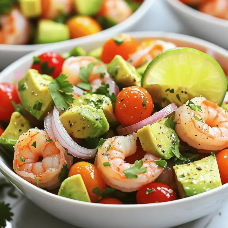 - 450 g Garnelen, geschält und entdarmt - 2 reife Avocados, gewürfelt - 240 g Cherrytomaten, halbiert - 1/2 rote Zwiebel, fein gehackt - 60 g frischer Koriander, gehackt Die Garnelen sind der Hauptbestandteil. Sie sind reich an Protein und geben dem Salat einen tollen Geschmack. Achte darauf, frische Garnelen zu wählen. Sie sollten fest und leicht rosa sein. Avocados bringen eine cremige Textur. Sie sind auch voll von gesunden Fetten. Wähle reife Avocados, die leicht weich sind. Cherrytomaten fügen Süße hinzu. Ihre leuchtende Farbe macht den Salat ansprechend. Rote Zwiebeln geben einen schönen Biss. Sie sind schärfer als andere Zwiebeln, was gut zum Salat passt. Der frische Koriander bringt ein wunderbares Aroma. Er ist ein beliebtes Kraut in vielen Gerichten. Wenn du Koriander nicht magst, kannst du Petersilie verwenden. - 2 Esslöffel Olivenöl - 2 Esslöffel Limettensaft - 1 Teelöffel Knoblauchpulver - Salz und Pfeffer nach Geschmack Das Dressing ist einfach und frisch. Olivenöl sorgt für einen gesunden Fettgehalt. Limettensaft bringt Säure und Frische. Knoblauchpulver fügt einen starken Geschmack hinzu. Du kannst auch frischen Knoblauch verwenden, wenn du magst. Salz und Pfeffer sind wichtig, um das Dressing abzurunden. - Gemüsevariationen - Weitere Proteine Du kannst auch andere Gemüse hinzufügen. Paprika, Gurken oder Radieschen passen gut. Sie bringen mehr Farbe und Crunch. Zusätzliche Proteine wie Hähnchen oder Tofu sind eine gute Idee. Sie machen den Salat sättigender. Experimentiere mit verschiedenen Zutaten, um deinen perfekten Salat zu finden. Diese einfache und gesunde Kombination macht deinen Avocado-Garnelen-Salat besonders. Probiere das Rezept aus dem Link [Full Recipe]. 1. Bringen Sie in einem großen Topf reichlich Wasser zum Kochen. 2. Fügen Sie eine Prise Salz hinzu. 3. Geben Sie die Garnelen ins kochende Wasser. 4. Kochen Sie sie 2-3 Minuten lang, bis sie rosa sind. 5. Gießen Sie die Garnelen ab und lassen Sie sie abkühlen. 1. Nehmen Sie eine kleine Schüssel. 2. Geben Sie Olivenöl, Limettensaft und Knoblauchpulver hinein. 3. Rühren Sie alles gut um, bis es vermischt ist. 4. Probieren Sie das Dressing und fügen Sie nach Belieben Salz und Pfeffer hinzu. 1. Nehmen Sie eine große Schüssel für den Salat. 2. Vermengen Sie vorsichtig die gewürfelten Avocados, halbierten Cherrytomaten, rote Zwiebel und Koriander. 3. Fügen Sie die abgekühlten Garnelen zur Gemüsemischung hinzu. 4. Heben Sie alles vorsichtig unter, um die Avocados nicht zu zerdrücken. 5. Träufeln Sie das Dressing gleichmäßig über die Mischung und vermengen Sie alles. Für die vollständige Anleitung schauen Sie sich das [Full Recipe] an. - Garzeit beachten: Garnelen sind schnell gar. Kochen Sie sie nur 2-3 Minuten. Achten Sie darauf, dass sie rosa werden. Zu langes Kochen macht sie zäh. - Vorbereitungen für mehr Geschmack: Marinieren Sie die Garnelen vor dem Kochen. Verwenden Sie etwas Limettensaft und Gewürze. Das gibt einen tollen Geschmack. - Reife erkennen: Wählen Sie Avocados, die leicht nachgeben, wenn Sie sie drücken. Zu harte Avocados sind noch nicht reif. Zu weiche sind überreif. - Tipps zur Lagerung: Lagern Sie reife Avocados im Kühlschrank. So bleiben sie frisch. Wenn sie noch hart sind, lassen Sie sie bei Raumtemperatur. - Anrichten und Präsentation: Servieren Sie den Salat in schönen Schalen. Ein Limettenviertel und frischer Koriander machen das Gericht bunt. - Beilagen-Ideen: Dieser Salat passt gut zu Tortilla-Chips oder knusprigem Brot. Auch Reis oder Quinoa sind tolle Beilagen. {{image_4}} Du kannst verschiedene Gemüsesorten in deinen Salat einfügen. Probiere zum Beispiel: - Gurken für einen frischen Crunch. - Paprika für mehr Farbe und Süße. - Radieschen für etwas Schärfe. Diese Zutaten bringen Abwechslung und gesunde Nährstoffe. Ergänze deinen Salat mit Nüssen oder Samen. Mandeln oder Walnüsse fügen einen knackigen Biss hinzu. Chiasamen sind ein toller Weg, um Omega-3-Fette zu bekommen. Für das Dressing gibt es viele Möglichkeiten. Du kannst Kräuter-Dressings ausprobieren. Frische Kräuter wie Basilikum oder Dill geben viel Geschmack. Einfach mit Olivenöl und Zitronensaft mischen. Ein Joghurtdressing ist ebenfalls eine gute Wahl. Nutze griechischen Joghurt, um es cremig zu machen. Füge ein wenig Knoblauch und Zitrone hinzu. Das macht den Salat noch frischer und gesünder. Wenn du eine vegane Option suchst, ersetze die Garnelen. Tofu oder Tempeh sind tolle Alternativen. Sie nehmen die Aromen gut auf und bieten Proteine. Du kannst das Gemüse und Dressing wie im Rezept verwenden. Für die Dressings kannst du vegane Optionen wählen. Nutze pflanzliche Joghurts oder einfach eine Mischung aus Olivenöl und Essig. So bleibt der Salat leicht und lecker. Um den gesunden Avocado Shrimp Salad frisch zu halten, lagere ihn im Kühlschrank. Stelle sicher, dass der Salat in einem luftdichten Behälter ist. So bleibt die Frische der Zutaten erhalten. Verwende am besten Glas- oder Kunststoffbehälter mit einem festen Deckel. Diese Behälter helfen, den Geschmack zu bewahren und das Eindringen von Luft zu verhindern. Die Haltbarkeit des Salats ist wichtig. Im Kühlschrank bleibt er etwa zwei Tage frisch. Achte darauf, dass du ihn nicht zu lange stehen lässt, da die Avocados schnell braun werden. Wenn du einige Komponenten getrennt lagern möchtest, kannst du die Garnelen und das Dressing separat aufbewahren. Wenn du die Zutaten gefrieren möchtest, achte darauf, dass die Garnelen vor dem Einfrieren gut abgekühlt sind. Du kannst die Garnelen in einem geeigneten Behälter einfrieren. Die Avocados sollten jedoch nicht gefroren werden, da sie ihre Textur verlieren. Die Frische der Zutaten variiert. Garnelen bleiben im Kühlschrank etwa zwei Tage frisch. Wenn du sie gekocht hast, achte darauf, dass sie gut abgedeckt sind. Ja, du kannst den Salat vorbereiten. Bereite ihn bis zu einem Tag im Voraus vor. Lagere alles in einem luftdichten Behälter. Zu diesem Salat passen frisches Brot oder knusprige Tortilla-Chips. Ein leichter Weißwein oder sprudelndes Wasser ergänzt das Gericht gut. Dieser Artikel hat euch gezeigt, wie man einen frischen Garnelensalat zubereitet. Wir haben die Hauptzutaten, das Dressing und verschiedene Variationen erklärt. Mit einfachen Schritten macht ihr diesen Salat lecker und bunt. Denkt daran, frische Zutaten zu wählen und die Garnelen perfekt zu kochen. Nutzt diese Tipps, um euren Salat zu einem Hit zu machen. Experimentiert mit Rezepten und genießt den Geschmack! Guten Appetit!