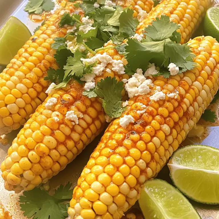 - 4 frische Maiskolben, enthäutet - 60 g ungesalzene Butter, weich - 2 Esslöffel frischer Limettensaft - 1 Teelöffel Limettenschale Die Hauptzutaten sind einfach, aber wichtig. Frische Maiskolben geben den besten Geschmack. Wähle die Maiskolben, die fest und golden sind. Die ungesalzene Butter sorgt für eine cremige Textur. Limettensaft und -schale bringen eine frische Note. Diese Kombination macht das Gericht besonders lecker. - 1 Esslöffel Chilipulver (nach Geschmack anpassen) - 1 Teelöffel Knoblauchpulver - 1/2 Teelöffel Salz - 1/4 Teelöffel schwarzer Pfeffer - Zerbröselter Cotija-Käse (zum Bestreuen) - Frischer Koriander, gehackt (zum Garnieren) Die Gewürze geben dem Gericht das gewisse Etwas. Chilipulver fügt Schärfe hinzu. Du kannst die Menge nach deinem Geschmack anpassen. Knoblauchpulver sorgt für einen herzhaften Kick. Cotija-Käse bringt eine salzige Note. Frischer Koriander rundet alles ab und macht das Gericht bunt. Diese Zutaten machen die Kombination aus Chili und Limette perfekt. Für das vollständige Rezept, schau dir die Full Recipe an! - Bring einen großen Topf mit Wasser zum Kochen. - Füge 4 frische, enthäutete Maiskolben hinzu. - Koche den Mais 5-7 Minuten lang, bis er zart ist. - Nimm den Mais vorsichtig aus dem Wasser und lasse ihn abkühlen. - In einer Schüssel vermenge 60 g weiche Butter mit 2 Esslöffeln Limettensaft. - Füge 1 Teelöffel Limettenschale und 1 Esslöffel Chilipulver hinzu. - Gib auch 1 Teelöffel Knoblauchpulver, 1/2 Teelöffel Salz und 1/4 Teelöffel Pfeffer dazu. - Rühre alles gut um, bis die Mischung gleichmäßig aussieht. - Heize deinen Grill oder eine Grillpfanne auf mittlere bis hohe Hitze vor. - Bestreiche die abgekühlten Maiskolben mit der Chili-Limetten-Butter. - Lege die Maiskolben auf den Grill und grille sie 3-4 Minuten. - Wende die Kolben regelmäßig, bis sie schöne Grillstreifen haben. - Nach dem Grillen bestreue die Maiskolben mit zerbröseltem Cotija-Käse und frischem Koriander. Für das vollständige Rezept schau dir die [Full Recipe] an. - Direkte und indirekte Hitze anwenden: Beginne mit direkter Hitze, um den Mais schön zu grillen. So erhält er die besten Grillstreifen. Danach kannst du ihn auf die indirekte Hitze legen. Das hilft, den Mais gleichmäßig zu garen, ohne ihn zu verbrennen. - Turnen für gleichmäßiges Garen: Drehe die Maiskolben regelmäßig. So gart der Mais gleichmäßig und wird perfekt zart. Ein einfacher Griff sorgt für ein großartiges Ergebnis. - Anpassung der Gewürze: Du kannst die Gewürze nach deinem Geschmack anpassen. Magst du es schärfer? Füge mehr Chilipulver hinzu. Für eine mildere Variante nimm weniger. Experimentiere mit den Aromen, um deinen perfekten Geschmack zu finden. - Weitere Beläge zur Auswahl: Neben Cotija-Käse kannst du andere Käsesorten verwenden. Feta oder Parmesan sind ebenfalls lecker. Frische Kräuter wie Schnittlauch oder Petersilie bringen noch mehr Geschmack. Lass deiner Kreativität freien Lauf! {{image_4}} Für ein schmackhaftes Erlebnis kannst du alternative Käsesorten verwenden. Feta oder Parmesan sind tolle Optionen. Diese Käsesorten bringen verschiedene Geschmäcker. Du kannst auch veganen Käse nutzen, um das Rezept pflanzenbasiert zu machen. Zusätzlich kannst du mehr Gemüse hinzufügen. Gegrillte Paprika oder Zucchini passen gut. Diese sind einfach zuzubereiten und machen das Gericht bunter. Du kannst sie direkt auf den Grill legen, während der Mais gart. Um den Schärfegrad zu ändern, probiere verschiedene Chilis. Jalapeños bringen eine milde Schärfe. Habaneros sind sehr scharf und geben mehr Kick. Du kannst die Chilis auch ganz weglassen, wenn dir das lieber ist. Für Kinder empfehle ich mildere Optionen. Statt Chilipulver kannst du Paprikapulver verwenden. Es ist süßlich und nicht scharf. So können auch die Kleinen das leckere Chili Lime Corn on the Cob genießen. Das vollständige Rezept findest du [hier](#). Wenn du noch Mais übrig hast, lagere ihn im Kühlschrank. Wickele die Maiskolben in Frischhaltefolie. So bleibt er frisch und lecker. Du kannst den Mais bis zu drei Tage aufbewahren. Achte darauf, dass er gut eingewickelt ist, um Trockenheit zu vermeiden. Wenn du länger sparen möchtest, friere den zubereiteten Mais ein. Zuerst lasse den Mais vollständig abkühlen. Danach wickel ihn in Frischhaltefolie und lege ihn in einen Gefrierbeutel. Du kannst den Mais bis zu drei Monate im Gefrierfach aufbewahren. Beim Auftauen lege den Mais einfach in den Kühlschrank. Warte, bis er vollständig aufgetaut ist. Dann erwärme ihn in der Mikrowelle oder in einem Topf. So bleibt der Geschmack frisch und die Textur zart. Die ideale Kochzeit für zarten Mais beträgt etwa 5 bis 7 Minuten. Bringe zuerst einen großen Topf mit Wasser zum Kochen. Füge dann die enthäuteten Maiskolben hinzu. Du wirst wissen, dass der Mais fertig ist, wenn er zart ist und leicht mit einer Gabel durchstochen werden kann. Achte darauf, den Mais nicht zu lange zu kochen, da er sonst matschig werden kann. Ja, du kannst die Chili-Limetten-Butter im Voraus zubereiten. Sie hält sich im Kühlschrank etwa eine Woche. Stelle sicher, dass du die Butter in einem luftdichten Behälter aufbewahrst. So bleibt der frische Geschmack erhalten. Wenn du sie verwendest, lasse sie vor dem Auftragen auf den Mais etwas weich werden. Zu Chili Lime Corn on the Cob passen viele Beilagen. Du könntest gegrilltes Hähnchen oder Rindfleisch servieren. Auch frische Salate sind eine gute Wahl. Für Getränke empfehle ich eine kalte Limonade oder ein frisches Bier. Diese Kombinationen machen dein Grillfest noch besser. Zesty Chili Lime Corn on the Cob Zutaten: - 4 frische Maiskolben, enthäutet - 60 g ungesalzene Butter, weich - 2 Esslöffel frischer Limettensaft - 1 Teelöffel Limettenschale - 1 Esslöffel Chilipulver (nach Geschmack anpassen) - 1 Teelöffel Knoblauchpulver - 1/2 Teelöffel Salz - 1/4 Teelöffel schwarzer Pfeffer - Zerbröselter Cotija-Käse (zum Bestreuen) - Frischer Koriander, gehackt (zum Garnieren) Das vollständige Rezept findest du unter [Full Recipe]. Zusammengefasst zeigt dieser Beitrag, wie Sie köstlichen Chili-Limetten-Mais zubereiten. Wir haben die Hauptzutaten besprochen, sowie die Zubereitungsschritte für die perfekte Grillzeit. Tipps und Variationen helfen Ihnen, Ihr Gericht anzupassen. Lagern Sie Reste richtig, damit Sie länger Freude daran haben. Experimentieren Sie mit verschiedenen Gewürzen und Belägen. Kochen kann Spaß machen. Probieren Sie es aus und genießen Sie jedes Mal ein neues Geschmackserlebnis!