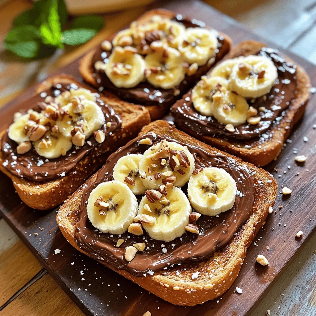 Für diesen leckeren Toast brauche ich: - 4 Scheiben Vollkorn- oder Sauerteigbrot - 4 Esslöffel Schokoladen-Haselnuss-Aufstrich (wie Nutella) - 2 reife Bananen, in Scheiben geschnitten - 1/4 Tasse gehackte Haselnüsse - 1 Esslöffel Honig (optional) - Eine Prise Meersalz - Frische Minzblätter zur Garnitur (optional) Diese Zutaten machen den Toast besonders lecker. Das Brot sorgt für einen schönen Biss, während der Schokoladen-Haselnuss-Aufstrich die süße Note bringt. Die Bananen fügen Frische hinzu. Ich liebe es, mit frischen und hochwertigen Zutaten zu arbeiten. Vollkornbrot ist nicht nur nahrhaft, sondern auch voll mit Ballaststoffen. Der Schokoladen-Haselnuss-Aufstrich ist ein Genuss, der vielen gefällt. Reife Bananen sind süß und cremig. Die gehackten Haselnüsse bringen Crunch und einen nussigen Geschmack. Meersalz hebt die Aromen hervor. Honig ist eine optionale Zutat, die eine zusätzliche Süße bietet. Frische Minze gibt dem Gericht einen tollen Farbkontrast und Frische. Ich verstehe, dass manche Menschen Allergien haben. Hier sind ein paar Alternativen: - Verwenden Sie glutenfreies Brot, wenn Sie glutenfrei leben. - Statt Schokoladen-Haselnuss-Aufstrich können Sie Mandelbutter verwenden. - Wenn Sie Nüsse vermeiden müssen, lassen Sie die Haselnüsse weg. - Für eine vegane Option, verwenden Sie Ahornsirup anstelle von Honig. Diese Anpassungen machen das Rezept für jeden zugänglich. Probieren Sie aus, was für Sie am besten funktioniert! Nehmen Sie 4 Scheiben Brot. Vollkorn oder Sauerteig sind ideal. Toasten Sie die Scheiben bis sie goldbraun sind. Sie können einen Toaster oder eine Pfanne nutzen. Bei mittlerer Hitze wird das Brot schön knusprig. Achten Sie darauf, dass die Scheiben gleichmäßig geröstet sind. Das gibt dem Toast einen tollen Geschmack. Nach dem Toasten kommt der leckere Teil. Nehmen Sie 4 Esslöffel Schokoladen-Haselnuss-Aufstrich. Verteilen Sie einen Esslöffel auf jede Scheibe. Achten Sie darauf, dass der Aufstrich gleichmäßig verteilt ist. So schmeckt jeder Biss gut. Dieser Schritt macht das Brot süß und schokoladig. Jetzt schneiden Sie 2 reife Bananen in Scheiben. Arrangieren Sie die Bananenscheiben dekorativ auf dem Aufstrich. Überlappen Sie sie leicht für ein schönes Bild. Sie können auch eine interessante Form wählen. Das macht Ihr Toast noch ansprechender. Streuen Sie 1/4 Tasse gehackte Haselnüsse darüber. Diese bringen einen tollen Crunch und Geschmack. Wenn Sie möchten, können Sie auch etwas Honig darüber träufeln. Zum Schluss geben Sie eine Prise Meersalz für mehr Tiefe. Entdecken Sie das vollständige Rezept, um alle Schritte zu sehen und mehr über die Zubereitung zu lernen. Um den besten Toast zu machen, verwende frisches Brot. Vollkorn- oder Sauerteigbrot geben den besten Geschmack. Toast das Brot bis es goldbraun ist. Ein Toaster macht das einfach. Wenn du eine Pfanne nutzt, stelle die Hitze auf mittel. So wird das Brot gleichmäßig knusprig. Drehe das Brot um, wenn eine Seite fertig ist. Du kannst die Bananen mit anderen Früchten ersetzen. Probiere Erdbeeren oder Himbeeren. Diese Früchte passen gut zu Schokolade. Nutze auch andere Aufstriche. Mandelbutter oder Erdnussbutter sind tolle Alternativen. Du kannst auch Gewürze wie Zimt oder Muskatnuss hinzufügen. Diese geben dem Toast einen besonderen Kick. Die Präsentation macht den Genuss noch besser. Lege die Toasts auf ein Holzbrett oder einen bunten Teller. Schneide sie diagonal für einen eleganten Look. Garniere die Toasts mit frischen Minzblättern. Das sieht schön aus und bringt Frische. Serviere die Toasts sofort, solange sie warm sind. So schmecken sie am besten. {{image_4}} Wenn du etwas Abwechslung möchtest, probiere verschiedene Aufstriche. Mandelbutter bietet einen nussigen Geschmack. Erdnussbutter passt auch gut und bringt eine neue Dimension. Für eine süßere Note kannst du Honig- oder Ahornsirup-Aufstrich verwenden. Diese Optionen bringen unterschiedliche Aromen in deinen Schokoladen-Haselnuss-Bananen-Toast. Um deinen Toast noch knuspriger zu machen, füge Toppings hinzu. Geröstete Kokosraspeln geben einen tollen Geschmack und Textur. Chiasamen sind auch eine gute Wahl für einen gesunden Crunch. Du kannst auch etwas Granola darüber streuen. Diese Toppings machen deinen Toast nicht nur leckerer, sondern auch spannender. Wenn du gesund essen möchtest, gibt es tolle Alternativen. Verwende glutenfreies Brot, wenn du Gluten meiden willst. Statt Schokoladen-Haselnuss-Aufstrich kannst du eine Avocado-Creme ausprobieren. Diese ist cremig und gesund. Für weniger Zucker nutze einen ungesüßten Aufstrich. So bleibt der Genuss, und du ernährst dich bewusst. Für das vollständige Rezept schau dir die Details an. Wenn du Reste von deinem Schokoladen-Haselnuss-Bananen-Toast hast, bewahre sie am besten in einem luftdichten Behälter auf. So bleibt das Brot frisch. Du kannst die Toasts im Kühlschrank für bis zu zwei Tage aufbewahren. Vermeide es, sie länger liegen zu lassen, da sie sonst ihre Knusprigkeit verlieren. Um die Toasts wieder warm zu machen, nutze einen Toaster oder eine Pfanne. Toasten im Toaster ist schnell und einfach. Wenn du sie in einer Pfanne erhitzt, stelle sicher, dass du sie bei niedriger Hitze machst. So bleiben sie knusprig und lecker. Vermeide die Mikrowelle, da sie den Toast weich macht. Um die Frische des Toasts zu erhalten, kannst du die Brotscheiben direkt vor dem Essen toasten. Das bringt den besten Geschmack und die beste Textur hervor. Lagere die Zutaten getrennt, um die Aromen frisch zu halten. Die Bananen sollten erst kurz vor dem Servieren geschnitten werden, damit sie nicht braun werden. Die Zubereitung des Schokoladen-Haselnuss-Bananen-Toast dauert nur 10 Minuten. Diese Zeit reicht aus, um die Brotscheiben zu toasten und die anderen Zutaten vorzubereiten. Es ist schnell und einfach, sodass Sie im Handumdrehen ein köstliches Frühstück oder einen Snack genießen können. Ja, Sie können den Aufstrich selbst machen! Ein einfaches Rezept ist, Haselnüsse zu rösten und sie dann zu mahlen. Fügen Sie Kakaopulver, Honig und etwas Öl hinzu, um die perfekte Konsistenz zu erreichen. So haben Sie einen frischen und leckeren Schokoladen-Haselnuss-Aufstrich, der genau nach Ihrem Geschmack ist. Zu diesem Rezept passen viele Beilagen gut. Hier sind einige meiner Favoriten: - Joghurt für zusätzliche Cremigkeit - Frisches Obst wie Beeren oder Äpfel - Ein Glas Milch oder pflanzliche Alternativen - Ein Kaffee oder Tee für den perfekten Genuss Sie können auch zusätzliche Nüsse oder Samen hinzufügen, um mehr Crunch zu erhalten. Schokoladen-Haselnuss-Bananen-Toast ist einfach und lecker. Wir haben die besten Zutaten und einfache Schritte besprochen. Ich gab Tipps für perfekte Toast-Techniken und Variationen, um das Rezept spannend zu halten. Auch die Lagerung und häufige Fragen haben wir behandelt. Denke daran, dass du je nach Geschmack und Allergien anpassen kannst. Probiere verschiedene Aufstriche und Toppings aus, um deine eigene Note zu finden. Jetzt ist es an der Zeit, kreativ zu werden und dein perfektes Toast zu zaubern!