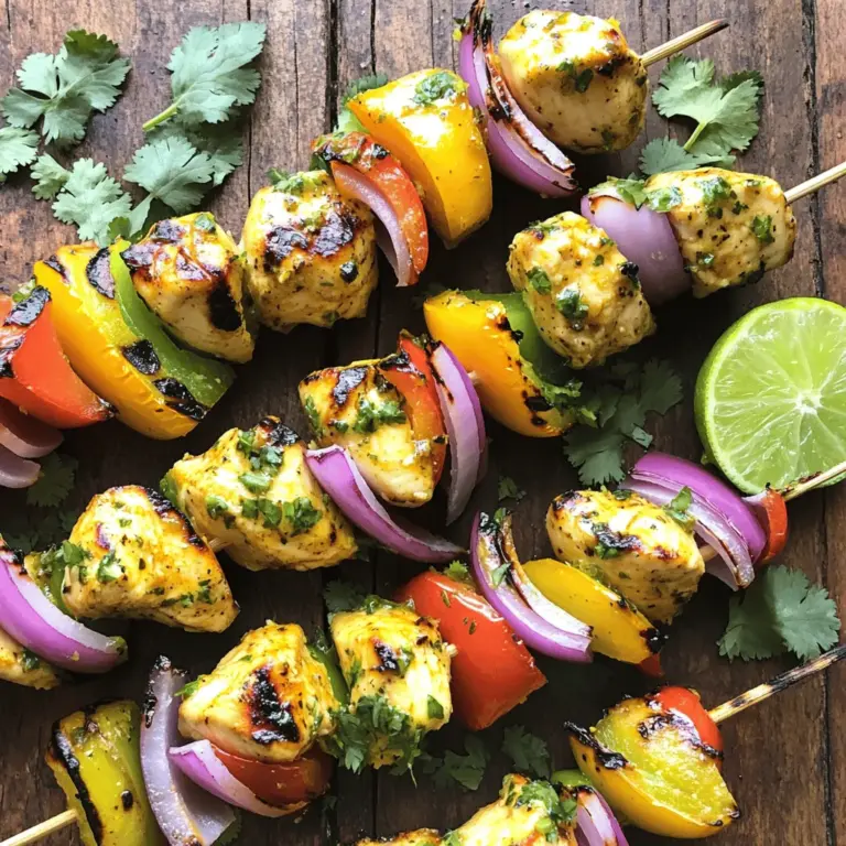 Für die Zesty Lime Chicken Skewers brauchen Sie: - 450 g Hähnchenbrustfilets, in 2,5 cm große Würfel geschnitten - 1 kleine rote Zwiebel, in Spalten geschnitten - 1 Paprika (rot oder grün), in Stücke geschnitten - Frischer Koriander zum Garnieren Diese Zutaten sind einfach zu finden. Achten Sie darauf, frisches Hähnchen zu wählen. Dies sorgt für zartes Fleisch. Die Marinade verleiht dem Hähnchen mehr Geschmack. Für die Marinade benötigen Sie: - 3 Esslöffel Olivenöl - Schale und Saft von 2 Limetten - 2 Knoblauchzehen, fein gehackt - 1 Teelöffel gemahlener Kreuzkümmel - 1 Teelöffel geräuchertes Paprikapulver - 1 Teelöffel Honig - Salz und Pfeffer nach Geschmack Diese Zutaten sorgen für einen tollen Geschmack. Limetten geben Frische und die Gewürze fügen Tiefe hinzu. Achten Sie bei der Auswahl der Zutaten auf folgende Punkte: - Wählen Sie frisches Hähnchen, das keine verfärbten Stellen hat. - Die Limetten sollten fest und schwer in der Hand liegen. So sind sie saftig. - Holen Sie sich frische Kräuter, wenn möglich. Sie haben mehr Aroma. - Verwenden Sie hochwertige Gewürze, denn sie beeinflussen den Geschmack. Wenn Sie diese Tipps befolgen, machen Sie die Zesty Lime Chicken Skewers noch besser. Für die vollständige Rezeptur (Full Recipe) schauen Sie in die entsprechenden Abschnitte. Beginne mit der Marinade. Nimm eine mittelgroße Schüssel. Gib 3 Esslöffel Olivenöl hinein. Füge die Schale und den Saft von 2 Limetten hinzu. Hacke 2 Knoblauchzehen und gib sie ebenfalls dazu. Jetzt kommt der Kreuzkümmel, das geräucherte Paprikapulver und 1 Teelöffel Honig. Würze mit Salz und Pfeffer. Vermische alles gut mit einem Schneebesen. Die Marinade sollte gleichmäßig und duftend sein. Nimm 450 g Hähnchenbrustfilets und schneide sie in 2,5 cm große Würfel. Gib die Hähnchenwürfel in die Schüssel mit der Marinade. Stelle sicher, dass jedes Stück gut bedeckt ist. Decke die Schüssel ab und stelle sie für mindestens 30 Minuten in den Kühlschrank. Für mehr Geschmack kannst du das Hähnchen bis zu 2 Stunden marinieren. Heize deinen Grill oder eine Grillpfanne auf mittelhohe Hitze vor. Wenn du Holzspieße benutzt, weiche sie vorher in Wasser ein. Nimm die marinierten Hähnchenwürfel und spieße sie abwechselnd mit Zwiebelspalten und Paprikastücken auf. Lege die Spieße auf den heißen Grill. Grill sie etwa 10-12 Minuten, bis das Hähnchen durch ist und eine schöne Bräunung hat. Drehe die Spieße während des Grillens für eine gleichmäßige Garung. Nimm die Spieße vom Grill und lass sie einige Minuten ruhen. Das hilft, die Säfte zu halten. Garnier die Spieße vor dem Servieren mit frischem Koriander. Serviere sie auf einem großen Teller. Füge einige Limettenscheiben und einen Klecks Joghurt oder Sauerrahm hinzu. Diese Details machen dein Gericht noch ansprechender. Um die Zesty Lime Chicken Skewers perfekt zu grillen, achte auf die Hitze. Heize den Grill gut vor. Eine mittelhohe Hitze sorgt dafür, dass das Hähnchen gleichmäßig gart. Drehe die Spieße regelmäßig, damit sie nicht anbrennen. Du kannst einen Deckel benutzen, um die Hitze zu halten und das Hähnchen schneller zu garen. Die Marinierzeit ist entscheidend für den Geschmack. Du kannst die Hähnchenwürfel für mindestens 30 Minuten marinieren. Für einen intensiveren Geschmack lasse sie bis zu 2 Stunden einziehen. Das sorgt dafür, dass die Aromen gut in das Fleisch eindringen. Plane genug Zeit ein, um das Beste aus deiner Marinade herauszuholen. Um die Spieße noch schmackhafter zu machen, füge zusätzliches Gemüse hinzu. Zwiebeln und Paprika bringen Farbe und Geschmack. Du kannst auch Ananas oder Champignons verwenden. Diese Zutaten ergänzen die Limette wunderbar. Experimentiere mit verschiedenen Kräutern, wie Basilikum oder Thymian, um neue Aromen zu entdecken. {{image_4}} Du kannst die Zesty Lime Chicken Skewers leicht anpassen. Füge einfach frisches Gemüse hinzu. Zwiebeln, Paprika und Zucchini passen gut. Sie bringen Farbe und Geschmack. Das Gemüse wird beim Grillen weich und süß. Es macht deine Spieße noch nahrhafter und leckerer. Wenn du kein Hähnchen magst, probiere andere Proteine. Lamm, Rind oder Garnelen sind großartige Alternativen. Diese Proteine nehmen die Marinade gut auf. Du kannst die Grillzeit anpassen, um sie richtig zu garen. Denke daran, die Spieße gut zu drehen, damit alles gleichmäßig brät. Die Marinade ist der Schlüssel zu gutem Geschmack. Du kannst sie leicht ändern. Füge zum Beispiel Sojasauce oder Honig hinzu. Das gibt eine süße Note. Oder probiere frische Kräuter wie Basilikum oder Petersilie. Sie bringen neue Aromen in dein Gericht. Experimentiere mit deinen Lieblingsgewürzen für mehr Vielfalt. Um Reste der Zesty Lime Chicken Skewers aufzubewahren, lege sie in einen luftdichten Behälter. Achte darauf, dass die Spieße vollständig abgekühlt sind, bevor du sie einpackst. Du kannst sie im Kühlschrank bis zu drei Tage aufbewahren. Achte darauf, den Behälter gut zu verschließen, um Gerüche zu vermeiden. Um die Spieße frisch zu halten, empfiehlt es sich, sie in einer Marinade aus Olivenöl und Limettensaft zu lagern. Das hilft, das Hähnchen saftig zu halten. Du kannst auch frische Kräuter wie Koriander hinzufügen, um den Geschmack zu intensivieren. Stelle sicher, dass sie nicht länger als drei Tage im Kühlschrank bleiben. Beim Aufwärmen der Spieße liegt der Schlüssel in der sanften Hitze. Du kannst sie in einer Pfanne bei mittlerer Hitze aufwärmen. Füge einen Spritzer Wasser oder Brühe hinzu, um das Austrocknen zu vermeiden. Alternativ kannst du die Spieße auch in der Mikrowelle erhitzen. Decke sie dabei mit einem feuchten Küchentuch ab, um Feuchtigkeit zu halten. So bleibt das Hähnchen zart und lecker. Die Hähnchenspieße müssen etwa 10 bis 12 Minuten auf dem Grill bleiben. Drehen Sie sie regelmäßig. So bekommen sie eine schöne Bräunung und garen gleichmäßig. Das Hähnchen ist fertig, wenn es durch ist und der Saft klar bleibt. Ja, Sie können die Hähnchenwürfel im Voraus marinieren. Ich empfehle, sie mindestens 30 Minuten bis zu 2 Stunden im Kühlschrank zu lassen. So ziehen die Aromen gut ein. Für noch mehr Geschmack können Sie die Marinade über Nacht einwirken lassen. Zesty Lime Chicken Skewers passen gut zu verschiedenen Beilagen. Hier sind einige Ideen: - Frischer Salat mit Limettendressing - Gegrilltes Gemüse wie Zucchini und Aubergine - Reis oder Quinoa - Tortillas für Wraps Die vollständige Rezeptur finden Sie in diesem Artikel. Dort sind alle Schritte und Zutaten für Ihre Zesty Lime Chicken Skewers aufgelistet. Zusammenfassend haben wir die wichtigsten Zutaten und Schritte für Zesty Lime Chicken Skewers behandelt. Wir haben auch Tipps gegeben, um das Grillen zu perfektionieren und verschiedene Variationen zu erstellen. Die richtige Lagerung ist wichtig, um Reste frisch zu halten. Experimentiere mit den Marinaden und genieße die verschiedenen Geschmäcker. Mit diesen Ideen machst du jedes Grillfest zu einem Hit. Jetzt liegt es an dir, deine Grillkünste zu zeigen!