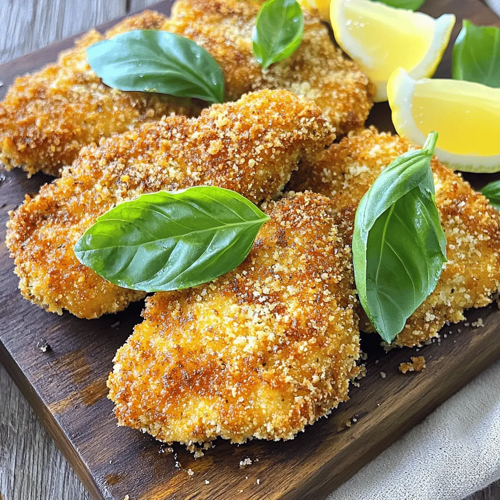 - 4 Hähnchenbrustfilets, ohne Haut und Knochen - 1 Tasse frische Basilikumblätter, grob gehackt - 1 Tasse Semmelbrösel (vorzugsweise italienisch gewürzt) Die Hauptzutaten sind einfach und frisch. Hähnchenbrustfilets sind mager und leicht zuzubereiten. Sie sind die Basis für die Cutlets. Frische Basilikumblätter bringen einen tollen Geschmack. Sie verleihen dem Gericht das italienische Flair. Semmelbrösel geben den Cutlets eine knusprige Textur. Achten Sie darauf, die besten Zutaten zu wählen. - ½ Tasse geriebener Parmesan - 3 Esslöffel Olivenöl - 1 Teelöffel Knoblauchpulver - 1 Teelöffel Zwiebelpulver - Salz und Pfeffer nach Geschmack Die Gewürze sind wichtig für den Geschmack. Parmesan fügt eine salzige, nussige Note hinzu. Olivenöl sorgt für eine schöne Bräunung. Knoblauch- und Zwiebelpulver geben den Cutlets mehr Tiefe. Vergessen Sie nicht, mit Salz und Pfeffer zu würzen. Diese Zutaten machen das Gericht noch besser. - Zitronenspalten zum Servieren - Beilagen-Ideen wie Salat, Pasta oder Gemüse Zitronenspalten bringen Frische und Säure ins Spiel. Sie passen perfekt zu den knusprigen Cutlets. Servieren Sie die Cutlets auf einem Holzbrett oder einer weißen Platte. Fügen Sie eine Beilage hinzu, wie einen grünen Salat oder Pasta. Diese Kombination macht das Essen noch schmackhafter. Sie können das Rezept für italienische Basilikum-Hühnchen-Cutlets nachlesen, um alle Details zu erfahren. Zuerst heizst du den Ofen auf 200°C vor. Das sorgt dafür, dass die Cutlets schön knusprig werden. Dann bereite die Zutaten vor. Du brauchst Hähnchenbrustfilets, Basilikum, Semmelbrösel, Parmesan und Eier. Vergewissere dich, dass alles bereit ist. Nimm die Hähnchenbrustfilets und klopfe sie flach. Sie sollten etwa 1,25 cm dick sein. Das hilft beim gleichmäßigen Garen. Tauche jedes Filet zuerst in die verquirlten Eier. Lass den Überschuss abtropfen. Danach wälze das Hähnchen in der Semmelbröselmischung. Drücke sie gut an, damit die Panade hält. Jetzt kommt der spannende Teil! Erhitze das Olivenöl in einer Pfanne. Brate die Hähnchen-Cutlets etwa 3-4 Minuten auf jeder Seite. Achte darauf, dass sie goldbraun sind. Lege sie danach auf ein Backblech. Backe die Cutlets für weitere 10 Minuten im Ofen. So werden sie knusprig und gar. Serviere die Cutlets warm mit Zitronenspalten. Das macht das Gericht frisch und lecker. Du findest das vollständige Rezept [hier](#Full Recipe). Um die perfekten Hähnchen-Cutlets zu machen, ist die Dicke wichtig. Klopfen Sie die Hähnchenbrustfilets auf etwa 1,25 cm. Dies hilft, dass sie gleichmäßig garen. Wenn die Cutlets zu dick sind, bleiben sie innen roh. Die Panade ist entscheidend für den Geschmack und die Textur. Verwenden Sie italienisch gewürzte Semmelbrösel für einen zusätzlichen Kick. Drücken Sie die Panade gut an, damit sie beim Braten nicht abfällt. Dies sorgt für einen knusprigen Biss. Fügen Sie zusätzliche Kräuter hinzu, um den Geschmack zu verstärken. Rosmarin oder Thymian passen gut zu Basilikum. Diese Kräuter geben dem Gericht eine neue Dimension. Marinieren Sie das Hähnchen vor dem Panieren. Eine Mischung aus Olivenöl, Zitronensaft und Kräutern macht das Hähnchen saftig und würzig. Ein häufiger Fehler ist das Überkochen der Cutlets. Das führt zu trockenem Hähnchen. Braten Sie sie nur, bis sie goldbraun sind. Lassen Sie sie dann im Ofen nachgaren. Verwenden Sie auch das richtige Öl. Olivenöl ist ideal, da es gut schmeckt und hohe Temperaturen verträgt. Vermeiden Sie Öle mit niedrigem Rauchpunkt. Das sorgt für einen besseren Geschmack und eine schöne Kruste. Für das vollständige Rezept, schauen Sie sich die italienischen Basilikum-Hühnchen-Cutlets an. {{image_4}} Für eine mediterrane Note können Sie einige Zutaten ändern. Statt italienisch gewürzter Semmelbrösel verwenden Sie Pankomehl. Es hat eine leichtere Textur und wird knuspriger. Fügen Sie auch getrocknete Oregano oder Thymian hinzu. Diese Kräuter bringen mehr Geschmack ins Gericht. Um das Gericht gesünder zu machen, nutzen Sie Vollkorn-Semmelbrösel. Sie fügen Ballaststoffe hinzu und machen die Cutlets nahrhafter. Statt zu braten, backen Sie die Cutlets im Ofen. So sparen Sie Fett und Kalorien. Die Cutlets bleiben trotzdem knusprig und lecker. Wenn Sie eine vegetarische Version möchten, ersetzen Sie das Hähnchen mit Auberginen oder Zucchini. Diese Gemüsesorten haben eine tolle Textur. Passen Sie die Panade an, indem Sie Kichererbsenmehl verwenden. Es hält die Panade besser und gibt zusätzlichen Geschmack. Diese Variationen bringen neuen Schwung in Ihr Gericht. Sie können die Cutlets immer wieder neu erfinden. Besuchen Sie den [Full Recipe] für mehr Details. Wenn du noch Reste von deinen italienischen Basilikum-Hühnchen-Cutlets hast, bewahre sie richtig auf. - Kühlschranklagerung: Lege die Cutlets in einen luftdichten Behälter. So bleiben sie frisch. Sie sollten nicht länger als drei Tage im Kühlschrank bleiben. - Gefrieroptionen: Wenn du die Cutlets länger aufbewahren möchtest, friere sie ein. Wickele sie gut in Frischhaltefolie und lege sie in einen Gefrierbeutel. So kannst du sie bis zu drei Monate lagern. Um die Cutlets wieder zu genießen, kannst du sie leicht aufwärmen. - Im Ofen oder Mikrowelle: Heize den Ofen auf 180°C vor. Lege die Cutlets auf ein Backblech und backe sie für etwa 10 Minuten. In der Mikrowelle geht es schneller, aber die Cutlets werden eventuell nicht so knusprig. - Tipps für knusprige Textur: Um die knusprige Textur zu erhalten, nutze den Ofen. Wenn du die Mikrowelle verwendest, lege die Cutlets auf ein Mikro-Kochgitter. So wird die Luft zirkulieren. Du fragst dich, wie lange die Cutlets haltbar sind? - Wie lange sind die Cutlets haltbar?: Im Kühlschrank sind sie bis zu drei Tage gut. Im Gefrierfach bleiben sie bis zu drei Monate schmackhaft. - Anzeichen für den Verderb: Achte auf Veränderungen in der Farbe oder einem schlechten Geruch. Wenn die Cutlets schleimig werden, ist es Zeit, sie wegzuwerfen. Die Zubereitungszeit beträgt etwa 15 Minuten. Die Kochzeit dauert dann 25 Minuten. Ingesamt sind es also 40 Minuten von Anfang bis Ende. So schnell können Sie leckere Cutlets genießen! Ja, Sie können die Cutlets im Voraus zubereiten. Bereiten Sie die Hähnchenstücke und die Panade vor. Lagern Sie die Cutlets dann im Kühlschrank. Sie können sie am Zubereitungstag einfach braten. So sparen Sie Zeit und Aufwand! Hier sind einige gute Beilagen für Ihre Cutlets: - Ein frischer grüner Salat. - Knoblauchbrot für extra Geschmack. - Pasta mit Tomatensauce oder Pesto. - Gegrilltes Gemüse für mehr Farbe. Diese Kombinationen machen Ihr Essen noch leckerer! Dieses Rezept hat italienische Wurzeln. Es verbindet frische Kräuter mit einfachen Zutaten. Viele Köche passen es an, um neue Geschmäcker zu kreieren. Ich habe es mit frischem Basilikum verfeinert, um eine besondere Note zu geben. Es bleibt jedoch nah am Original, was es so besonders macht. Für das komplette Rezept schauen Sie bitte auf die [Full Recipe]. Zusammenfassend haben wir die Zutaten und den Prozess für italienische Basilikum-Hühnchen-Cutlets behandelt. Wir haben die Hauptzutaten, Gewürze und Sauceoptionen besprochen. Auch die richtige Zubereitung und mögliche Fehler wurden erklärt. Mit diesen Tipps zauberst du perfekte Cutlets. Experimentiere mit Variationen und lagere Reste sicher. So bleibt dein Gericht immer frisch und lecker. Viel Spaß beim Kochen!