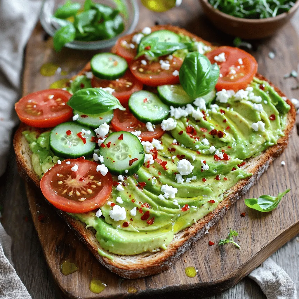 - 2 reife Avocados - 4 Scheiben Vollkornbrot (oder glutenfreies Brot) - 1 mittelgroße Tomate, in Scheiben geschnitten - 1/2 Salatgurke, dünn geschnitten - 1/4 Tasse Feta-Käse, zerbröselt - Optionale Toppings: pochiertes Ei, Radieschenscheiben, Microgreens - 1 Esslöffel Zitronensaft - 1/4 Teelöffel rote Pfefferflocken - 1 Esslöffel frisches Basilikum, gehackt - Salz und Pfeffer nach Geschmack Ich liebe, wie einfach und gesund Avocado Toast ist. Die Hauptzutaten sind eine reife Avocado und frisches Vollkornbrot. Die Avocado liefert gesunde Fette. Das Brot gibt dir Ballaststoffe. Diese Kombination macht dich lange satt. Du kannst deine Toasts mit verschiedenen Belägen anpassen. Tomaten und Gurken bringen Frische. Feta-Käse gibt einen salzigen Geschmack. Du kannst auch ein pochiertes Ei hinzufügen. Das macht dein Toast noch nahrhafter. Für den perfekten Geschmack sind Gewürze wichtig. Der Zitronensaft bringt einen tollen Kick. Rote Pfefferflocken geben etwas Schärfe. Frisches Basilikum macht das Ganze aromatisch. Vergiss nicht, mit Salz und Pfeffer abzuschmecken. Wenn du mehr Ideen brauchst, schau dir die Full Recipe an. Dort findest du verschiedene Varianten, die du ausprobieren kannst. Zuerst toaste ich die Scheiben Vollkornbrot. Ich achte darauf, dass sie goldbraun und knusprig sind. Dies dauert etwa 4 bis 5 Minuten im Toaster. Während das Brot toastet, bereite ich die Avocados vor. Ich halbiere sie, entferne den Kern und schöpfe das Fruchtfleisch in eine Schüssel. Dann gebe ich einen Esslöffel Zitronensaft, Salz und Pfeffer dazu. Mit einer Gabel püriere ich die Mischung, bis sie die perfekte Konsistenz hat. Sobald das Brot fertig ist, verteile ich die Avocado-Mischung großzügig auf den Toasts. Ich achte darauf, dass jede Scheibe gut belegt ist. Danach belege ich die Toasts mit frischen Tomatenscheiben und dünn geschnittenen Gurken. Diese Kombination sorgt für frische Aromen und eine schöne Farbe. Jetzt kommt der letzte Schliff! Ich streue zerbröselten Feta-Käse über die Toasts. Für etwas Schärfe füge ich rote Pfefferflocken hinzu. Zum Schluss dekoriere ich die Toasts mit frischem Basilikum. Wenn ich Lust auf mehr Protein habe, lege ich ein pochiertes Ei auf jede Scheibe. Dieses Rezept ist die "Full Recipe" und bietet viele Möglichkeiten für Variationen und Anpassungen. Um die beste Avocado zu finden, drücken Sie leicht auf die Frucht. Sie sollte sanft nachgeben, aber nicht zu weich sein. Achten Sie auf eine gleichmäßige Farbe ohne dunkle Flecken. Wenn Sie eine reife Avocado finden, können Sie sie sofort verwenden. Wenn sie noch hart ist, lassen Sie sie bei Raumtemperatur reifen. Ein Apfel oder eine Banane in der Nähe kann den Reifungsprozess beschleunigen. Avocado-Toast ist sehr vielseitig. Experimentieren Sie mit verschiedenen Brotsorten. Vollkornbrot gibt einen nussigen Geschmack. Saurer Teig hat eine tolle Textur. Glutenfreies Brot ist auch eine gute Wahl. Verwenden Sie verschiedene Gewürze und Öle für neue Aromen. Ein Spritzer Olivenöl verleiht einen reichen Geschmack. Probieren Sie auch Chiliöl für etwas Schärfe. Ein Hauch von Knoblauchpulver oder Paprika kann das Gericht abrunden. Die Anordnung Ihrer Toasts auf dem Teller ist wichtig. Legen Sie die Toasts auf ein schönes Holzbrett oder einen bunten Teller. Achten Sie darauf, die Farben der Beläge zu zeigen. Ein paar frische Kräuter auf dem Teller machen das Gericht ansprechend. Für Beilagen können Sie einen frischen Salat oder etwas Obst wählen. Ein Glas frisch gepresster Saft passt perfekt dazu. Diese Kombination bringt nicht nur Geschmack, sondern auch Gesundheit auf den Tisch. {{image_4}} Eine tolle vegane Variante ist Avocado-Toast mit Hummus und Gemüse. Das geht schnell und ist gesund. - Zutaten: - 2 reife Avocados - 4 Scheiben Vollkornbrot (oder glutenfreies Brot) - 1 Tasse Hummus - 1/2 Paprika, in Streifen - 1/2 Karotte, gerieben - Frischer Spinat oder Rucola Verteile zuerst das Hummus auf dem Brot. Dann füge die Avocado hinzu. Die Kombination von Hummus und Avocado macht den Toast cremig und nahrhaft. Toppe ihn mit frischem Gemüse für mehr Farbe und Geschmack. Für eine proteinreiche Option mag ich Avocado-Toast mit Lachs oder Eiern. Diese Varianten geben dir einen guten Energieschub. - Zutaten: - 2 reife Avocados - 4 Scheiben Vollkornbrot (oder glutenfreies Brot) - 200 g Räucherlachs oder 4 Eier - 1 Esslöffel Zitronensaft - Dill oder Schnittlauch Verteile die Avocado-Mischung auf dem Toast. Wenn du Lachs benutzt, lege ihn einfach oben drauf. Wenn du Eier magst, koche sie pochiert oder weich. Die Kombination aus Avocado und Lachs oder Eiern ist sehr lecker und sättigend. Wenn du glutenfrei isst, wähle glutenfreies Brot für deinen Toast. Es gibt viele leckere glutenfreie Brote. - Zutaten: - 2 reife Avocados - 4 Scheiben glutenfreies Brot - 1 mittelgroße Tomate, in Scheiben geschnitten - 1/4 Tasse Feta-Käse, zerbröselt Die Zubereitung ist die gleiche wie bei Vollkornbrot. Du kannst auch andere Beläge ausprobieren, wie Nüsse oder Samen. Diese halten dich lang satt und sind gesund. Experimentiere mit diesen Variationen. Du wirst finden, was dir am besten schmeckt! Besuche auch das Rezept "Full Recipe" für weitere Ideen. Reife Avocados brauchen besondere Pflege. Lagern Sie sie bei Raumtemperatur, bis sie weich sind. Wenn die Avocado reif ist, kann sie in den Kühlschrank. Dies verlangsamt den Reifungsprozess. Nutzen Sie eine luftdichte Verpackung, um die Frische zu bewahren. Haben Sie Reste von der Avocado-Mischung? Keine Sorge! Fügen Sie sie zu einem Salat hinzu. Oder mischen Sie sie mit Joghurt für einen Dip. Sie können auch die Mischung in Smoothies verwenden. So vermeiden Sie Verschwendung und genießen neue Geschmäcker. Wenn Sie Toasts vorbereiten, lagern Sie sie richtig. Wickeln Sie die Toastscheiben in Frischhaltefolie. So bleiben sie frisch und knusprig. Lagern Sie sie im Kühlschrank, wenn sie nicht gleich gegessen werden. Sie können sie auch einfrieren! Toasten Sie sie dann einfach, wenn Sie bereit sind. Avocados bleiben frisch, wenn sie richtig gelagert werden. Lagern Sie reife Avocados bei Zimmertemperatur. Sie sollten in zwei bis drei Tagen verzehrt werden. Wenn Sie sie im Kühlschrank aufbewahren, können sie bis zu einer Woche halten. Halbe Avocados sollten mit Frischhaltefolie abgedeckt werden, um Oxidation zu verhindern. Es gibt viele gesunde Toppings für Avocado-Toast. Hier sind einige meiner Favoriten: - Tomaten: Sie bringen Frische und Farbe. - Gurken: Sie sind knackig und erfrischend. - Feta-Käse: Er fügt einen salzigen Geschmack hinzu. - Pochiertes Ei: Es erhöht den Proteingehalt. - Radieschen: Sie geben einen schönen Crunch. - Microgreens: Sie sind nährstoffreich und hübsch. Ja, Sie können Avocado-Toast einfach vorbereiten. Rösten Sie das Brot am Morgen. Bereiten Sie die Avocado-Mischung am Vorabend vor. Lagern Sie sie in einem luftdichten Behälter. So sparen Sie Zeit am Morgen. Die Avocado Toast Delikatesse 🥑 ist eine besondere Variante. Sie kombiniert frische Zutaten und tolle Aromen. Mit reifen Avocados und Vollkornbrot wird dieses Gericht gesund und lecker. Die Kombination aus Tomaten, Gurken und Feta-Käse macht es besonders. Verwenden Sie frisches Basilikum für zusätzlichen Geschmack. Dieses Rezept ist perfekt für ein schnelles Frühstück oder einen Snack. Sie können es leicht anpassen, um neue Variationen zu erstellen. Avocado-Toast ist einfach und lecker. Wir haben die besten Zutaten und Rezepte erkundet. Von der perfekten Avocado bis zu köstlichen Toppings gibt es viele Möglichkeiten. Du kannst kreativ sein und unterschiedliche Variationen ausprobieren. Denke an Abwechslung beim Brot und in der Präsentation. Lagerungstipps helfen dir, die frischen Zutaten optimal zu nutzen. Damit steht einem gesunden Snack nichts im Wege! Lass deine Küche lebendig werden und genieße jeden Bissen!