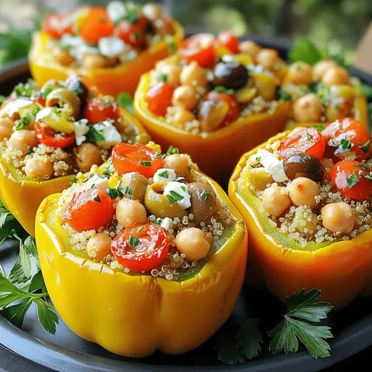 Die Hauptzutaten sind einfach und frisch. Du brauchst: - 4 große Paprika (nach Wahl) - 1 Tasse gekochter Quinoa - 1 Tasse Kirschtomaten, halbiert - 1 Tasse Kichererbsen aus der Dose, abgespült und abgetropft - 1/2 Tasse Feta-Käse, zerbröselt - 1/4 Tasse Kalamata-Oliven, gehackt Diese Zutaten bringen gesunde Nährstoffe und viel Geschmack. Quinoa ist reich an Proteinen. Kichererbsen fügen Ballaststoffe hinzu. Tomaten und Oliven geben Frische und Würze. Die Gewürze machen die Füllung besonders. Du benötigst: - 2 Esslöffel Olivenöl - 1 Teelöffel getrockneter Oregano - 1 Teelöffel Knoblauchpulver - Salz und Pfeffer nach Geschmack Diese Gewürze sorgen für ein köstliches Aroma. Oregano ist ein typisches Gewürz der mediterranen Küche. Es bringt den Geschmack der Sonne ins Gericht. Olivenöl ist gesund und gibt einen tollen Geschmack. Wähle die besten Paprika für dein Gericht. Achte auf: - Farbe: Bunte Paprika sind süßer. Rote, gelbe oder grüne Paprika sind lecker. - Größe: Große Paprika haben mehr Platz für die Füllung. - Frische: Sie sollten fest und knackig sein. Vermeide weiche oder fleckige Paprika. Wenn du frische Paprika wählst, wird das Gericht noch besser. Sie geben Geschmack und Farbe. Für das beste Ergebnis kaufe sie am besten beim lokalen Markt. Zuerst heize den Ofen auf 190°C vor. Nimm die großen Paprika und schneide die Oberseiten ab. Entferne die Kerne und die weißen Teile innen. Du kannst jede Farbe von Paprika wählen: rot, gelb oder grün. Sie sehen bunt und einladend aus. In einer großen Schüssel vermische den gekochten Quinoa mit Kirschtomaten, Kichererbsen, Feta-Käse und Kalamata-Oliven. Diese Mischung ist herzhaft und gesund. Träufle das Olivenöl darüber und füge Oregano, Knoblauchpulver, Salz und Pfeffer hinzu. Rühre alles gut um, bis die Zutaten gleichmäßig verteilt sind. Fülle jede Paprika mit der Quinoamischung. Drücke sie sanft, damit sie gut gefüllt sind. Stelle die gefüllten Paprika in eine Auflaufform aufrecht. Wenn sie nicht stehen, schneide den Boden leicht ab. Decke die Form mit Aluminiumfolie ab und backe die Paprika 30 Minuten lang. Nach dieser Zeit entferne die Folie und backe sie weitere 10-15 Minuten, bis sie zart und leicht gebräunt sind. Lass die Paprika einige Minuten abkühlen. Garniere sie vor dem Servieren mit frischer Petersilie. Für mehr Details kannst du die Full Recipe ansehen. Um gefüllte Paprika perfekt zu machen, achte auf die Paprika. Wähle große und feste Paprika. Sie halten die Füllung besser. Entferne die Kerne und Membranen gründlich. So bleibt die Füllung frisch und lecker. Achte darauf, die Füllung nicht zu fest zu drücken. Sie sollte locker bleiben, damit die Paprika gleichmäßig garen. Wenn du den Ofen vorheizt, benutze die richtige Temperatur. 190°C sind ideal. Das Backen in Alufolie hilft, die Feuchtigkeit zu halten. Nach 30 Minuten kannst du die Folie abnehmen. So werden die Paprika schön braun und zart. Gefüllte Paprika sehen toll aus und schmecken köstlich. Serviere sie auf einem großen Teller. Beträufle sie mit Olivenöl für extra Geschmack. Streue frische Petersilie darüber. Das gibt dir Farbe und Frische. Als Beilage passen griechischer Joghurt oder ein frischer Salat gut dazu. Ein einfacher Gurkensalat mit Zwiebeln ergänzt die Aromen. Auch etwas Brot ist lecker, um die Füllung aufzutunken. Um die Nährstoffdichte zu erhöhen, kannst du mehr Gemüse hinzufügen. Zucchini oder Spinat sind tolle Optionen. Sie sorgen für mehr Vitamine und Mineralien. Du kannst auch Nüsse oder Samen einrühren. Das bringt gesunde Fette und einen tollen Crunch. Wenn du die Füllung abwechslungsreich gestalten willst, füge frische Kräuter hinzu. Basilikum oder Petersilie geben einen tollen Geschmack. So machst du dein Gericht noch gesünder und bunter. Probiere es aus und genieße die Vielfalt! {{image_4}} Mediterrane gefüllte Paprika sind sehr anpassbar. Du kannst sie leicht vegetarisch oder vegan machen. Statt Feta-Käse verwende einfach einen pflanzlichen Käse. Das gibt den gleichen tollen Geschmack. Du kannst auch Tofu oder Seitan als Proteinquelle nutzen. Achte darauf, dass du alle Zutaten gut würzt. Das macht den Unterschied. Die Füllung ist der Schlüssel zu leckeren gefüllten Paprika. Du kannst kreativ sein! Probiere Reis, Linsen oder sogar Hackfleisch. Kombiniere verschiedene Gemüsesorten wie Zucchini oder Spinat. Das sorgt für mehr Geschmack und Nährstoffe. Eine Mischung aus Nüssen gibt extra Crunch. Du kannst auch getrocknete Früchte für eine süße Note hinzufügen. Die Gewürze machen das Gericht einzigartig. Neben Oregano kannst du auch Basilikum oder Thymian verwenden. Ein bisschen Kreuzkümmel bringt eine exotische Note. Wenn du es scharf magst, füge rote Paprikaflocken hinzu. Achte darauf, die Gewürze gut zu mischen. So verteilst du den Geschmack gleichmäßig. Experimentiere mit verschiedenen Kräutern, um deine perfekte Mischung zu finden. Die Variationen sind endlos! Das Rezept für die mediterranen gefüllten Paprika ist einfach und macht Spaß. Um die gefüllten Paprika frisch zu halten, lege sie in einen luftdichten Behälter. Du kannst sie auch in Frischhaltefolie wickeln. So bleiben sie saftig und lecker. Stelle sicher, dass die Paprika vollständig abgekühlt sind, bevor du sie lagerst. So vermeidest du Kondenswasser, das die Füllung matschig macht. Du kannst die gefüllten Paprika einfach aufwärmen. Lege sie in eine Auflaufform und decke sie mit Aluminiumfolie ab. So erhitzt du sie gleichmäßig. Stelle den Ofen auf 180°C ein und backe sie für etwa 15-20 Minuten. Du kannst auch die Mikrowelle nutzen. Stelle die Paprika in eine mikrowellengeeignete Schüssel und erwärme sie für 2-3 Minuten. Im Kühlschrank bleiben die gefüllten Paprika etwa 3-4 Tage frisch. Achte darauf, sie in einem luftdichten Behälter zu lagern. Wenn du sie länger aufbewahren möchtest, friere sie ein. So bleiben sie bis zu 3 Monate haltbar. Zum Einfrieren solltest du die Paprika ohne Soße lagern. So bleibt die Textur besser. Vor dem Servieren auftauen und dann aufwärmen. Du kannst die Paprika noch gesünder machen, indem du frisches Gemüse hinzufügst. Zucchini, Spinat oder Karotten passen gut. Du kannst auch die Menge an Feta-Käse verringern oder ihn ganz weglassen. Statt Quinoa kannst du braunen Reis oder Linsen verwenden. Diese Alternativen fügen mehr Ballaststoffe hinzu und machen die Mahlzeit nahrhafter. Ja, du kannst die Füllung im Voraus zubereiten. Mische die Zutaten und lagere sie in einem luftdichten Behälter im Kühlschrank. Du kannst die Füllung bis zu drei Tage im Voraus machen. Wenn du bereit bist zu essen, fülle die Paprika und backe sie wie im Rezept beschrieben. Dadurch sparst du Zeit und kannst die gefüllten Paprika schnell zubereiten. Zu mediterranen gefüllten Paprika passen viele Beilagen gut. Ein einfacher grüner Salat mit einem leichten Dressing ist eine gute Wahl. Du kannst auch ein Knoblauchbrot oder Fladenbrot servieren. Wenn du es herzhaft magst, probiere einen Couscous-Salat. Diese Beilagen ergänzen die Aromen der gefüllten Paprika und machen die Mahlzeit noch leckerer. Mediterrane gefüllte Paprika sind vielseitig und lecker. Wir haben die besten Zutaten besprochen, um tolle Aromen zu erzielen. Die Schritt-für-Schritt-Anleitung macht die Zubereitung einfach. Mit Tipps zur perfekten Zubereitung wird jedes Gericht ein Hit. Experimentiere mit Variationen, um neue Geschmäcker zu entdecken. Achte auf die richtige Lagerung für beste Frische. Denk daran, gesunde Optionen hinzuzufügen. Lass dich kreativ inspirieren und genieße jede gefüllte Paprika!