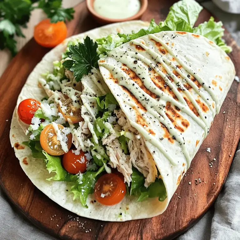 - Größe der Tortillas und ihrer Bedeutung Die Größe der Tortillas ist wichtig. Große Tortillas halten mehr Füllung. Sie sind leichter zu rollen. Für diesen Wrap empfehle ich große Weizentortillas. Diese machen dein Essen stabiler und einfacher zu essen. - Geeignete Hähnchenbrustoptionen Verwende gekochte Hähnchenbrust. Du kannst sie zerrupfen oder in Stücke schneiden. Das macht den Wrap saftig und lecker. Du kannst auch Grillhähnchen nehmen. Das gibt einen tollen Geschmack. - Frische und relevante Beilagen Frische Zutaten machen den Wrap besonders. Ich empfehle Romanasalat für Crunch. Cherrytomaten bringen Süße. Füge sie halbiert hinzu. So wird der Wrap bunt und schmackhaft. - Auswahl des besten Caesar-Dressings Das Dressing ist entscheidend. Wähle ein cremiges Caesar-Dressing. Es sollte gut gewürzt sein. Du kannst auch ein leichtes Dressing nehmen. Das macht den Wrap weniger schwer. - Verwendung von frischen oder getrockneten Kräutern Frische Kräuter sind ideal. Du kannst Petersilie oder Schnittlauch verwenden. Sie geben einen frischen Geschmack. Getrocknete Kräuter sind auch gut. Sie sind praktisch und lange haltbar. - Bedeutung von frisch geriebenem Parmesan Frisch geriebener Parmesan macht einen großen Unterschied. Er schmilzt besser und hat mehr Geschmack. Vermeide abgepackten Käse. Der ist oft weniger aromatisch. Frischer Parmesan ist der Schlüssel zu einem tollen Wrap. Für die vollständige Anleitung und weitere Tipps besuche das [Full Recipe]. Um die Hähnchenbrust gut zu zerrupfen, koche sie zuerst. Lass sie abkühlen, bevor du sie mit den Händen oder einer Gabel in kleine Stücke zerrupfst. So wird die Textur zart und leicht. Für den Romanasalat schneide die Blätter in feine Streifen. Achte darauf, die harten Stiele zu entfernen. Frischer Salat macht den Wrap knackig und lecker. Für die Cherrytomaten halbiere sie einfach. Diese kleinen Tomaten bringen Frische in den Wrap. Wenn du Croutons hinzufügst, nimm ein paar und halte sie bereit. Sie geben dem Wrap einen tollen Crunch. Lege eine Weizentortilla flach auf die Arbeitsfläche. Gib eine gute Menge der Hähnchen-Caesar-Mischung in die Mitte. Achte darauf, nicht zu viel Füllung zu nehmen, damit der Wrap nicht platzt. Klappe die Seiten der Tortilla ein, dann rolle sie von unten nach oben. Drücke leicht, damit die Füllung bleibt. Wiederhole das mit der zweiten Tortilla. So hast du zwei tolle Wraps. Heize eine beschichtete Pfanne auf mittlerer Hitze vor. Lege die Wraps für 2-3 Minuten hinein. Wende sie vorsichtig, bis sie goldbraun sind. Dadurch bekommst du eine knusprige Außenseite. Schneide die Wraps schräg in der Mitte durch. So sieht es schön aus und du kannst sie einfach servieren. Für extra Geschmack, serviere sie mit mehr Caesar-Dressing zum Dippen. Was man beim Hähnchen zubereiten beachten sollte Achte darauf, das Hähnchen gut zu kochen. Verwende frische Hähnchenbrust, um den besten Geschmack zu erhalten. Zerkleinere das Hähnchen gleichmäßig, damit es gut mit dem Dressing vermischt wird. Überprüfe die Innentemperatur. Sie sollte mindestens 75 Grad Celsius betragen. Tipps für eine optimale Konsistenz des Dressings Das Dressing sollte cremig, aber nicht zu dick sein. Mische das Caesar-Dressing gut mit den anderen Zutaten. Füge bei Bedarf etwas Wasser hinzu, um es leichter zu machen. Teste die Konsistenz vor dem Mischen mit dem Hähnchen und Salat. Die richtige Balance zwischen Füllung und Tortilla Die Füllung sollte die Tortilla gut ausfüllen, aber nicht überquellen. Eine große Tortilla kann mehr Füllung halten. Achte darauf, dass die Füllung gleichmäßig verteilt ist. So bleibt alles beim Rollen an seinem Platz. Vorschläge für weniger Kalorien Nutze griechischen Joghurt anstelle von Mayonnaise im Dressing. Wähle fettfreies Hähnchen oder reduziere die Menge an Käse. Du kannst auch mehr Salat hinzufügen, um das Volumen zu erhöhen, ohne viele Kalorien zu bekommen. Vegan-freundliche Optionen Ersetze das Hähnchen durch gegrillten Tofu oder Kichererbsen. Verwende ein veganes Caesar-Dressing, das keinen tierischen Produkte enthält. Füge Avocado für cremige Textur hinzu und nimm pflanzlichen Käse, falls gewünscht. Alternativen für glutenfreie Tortillas Nutze Tortillas aus Mais oder Reis. Diese sind glutenfrei und ebenfalls lecker. Du kannst auch große Salatblätter verwenden, um die Füllung zu umhüllen. So bekommst du einen frischen und leichten Wrap. Für das vollständige Rezept, schau dir die [Full Recipe] an. {{image_4}} Du kannst deinen Chicken Caesar Wrap ganz nach deinem Geschmack anpassen. Wenn du vegetarisch isst, nimm einfach gegrilltes Gemüse oder Falafel. Diese Optionen sind lecker und gesund. Für eine vegane Variante, ersetze das Hähnchen durch Tofu und das Dressing durch eine pflanzliche Version. Außerdem kannst du verschiedene Proteinquellen ausprobieren. Rindfleisch eignet sich gut, wenn du etwas Deftigeres willst. Tofu ist eine tolle Wahl, wenn du etwas Leichtes suchst. Bei den Salaten und Gemüsesorten kannst du kreativ sein. Nutze Spinat oder Rucola statt Romanasalat. Wenn du gerne mehr Crunch magst, füge Karotten oder Paprika hinzu. Lass uns die Welt auf deinem Teller entdecken! Du kannst deinen Wrap mit asiatischen Aromen aufpeppen. Füge etwas Sesamöl und Sojasauce hinzu und verwende Salat aus der asiatischen Küche. Eine mediterrane Version ist auch möglich. Mische Feta und schwarze Oliven in deine Füllung. Diese Zutaten bringen einen frischen Geschmack. Wenn du Lust auf etwas Würziges hast, probiere den Tex-Mex-Stil. Verwende Salsa und Guacamole für einen tollen Kick. Das bringt Abwechslung in dein Essen und macht jeden Biss spannend. Vergiss nicht, für die besten Ergebnisse die [Full Recipe] zu befolgen! Um die Frische deiner übrig gebliebenen Chicken Caesar Wraps zu bewahren, folge diesen Tipps: - Wickle die Wraps in Frischhaltefolie. Dadurch bleibt die Füllung frisch. - Lege die Wraps in einen luftdichten Behälter. So trocknen sie nicht aus. Im Kühlschrank sind die Wraps bis zu drei Tage haltbar. Sie schmecken am besten, wenn du sie frisch isst. Wenn du sie länger aufbewahren möchtest, kannst du sie einfrieren. Achte darauf, die Wraps gut einzuwickeln. So verhinderst du Gefrierbrand. Gefrorene Wraps halten bis zu drei Monate. Wenn du deine Wraps wieder aufwärmen möchtest, gibt es einfache Methoden: - Lege die Wraps in eine Pfanne bei mittlerer Hitze. Erwärme sie für 2-3 Minuten auf jeder Seite. So bleiben sie knusprig. - Du kannst auch eine Mikrowelle verwenden. Wickel die Wraps in ein feuchtes Papiertuch. Erhitze sie in 30-Sekunden-Intervallen. Vermeide eine matschige Textur, indem du die Wraps nicht zu lange aufbewahrst und sie gut verpackst. Wenn du die Wraps erneut grillen möchtest, benutze eine Pfanne oder einen Kontaktgrill. So bekommst du wieder die knusprige Oberfläche, die du liebst. Wraps sind im Kühlschrank etwa drei Tage haltbar. Achte darauf, sie in einem luftdichten Behälter zu lagern. Im Gefrierfach bleiben sie bis zu drei Monate frisch. Wickel die Wraps gut in Frischhaltefolie, um Gefrierbrand zu vermeiden. Ja, du kannst die Wraps im Voraus machen. Bereite die Füllung einen Tag vorher zu. Wickel die Wraps gut ein und stelle sie in den Kühlschrank. So bleiben sie frisch. Wenn du sie aufwärmen willst, grill sie kurz, um sie knusprig zu machen. Zu Chicken Caesar Wraps passen viele leckere Beilagen. Ein einfacher grüner Salat ist eine gute Wahl. Auch Karottensticks oder Gurkenscheiben sind frisch und knackig. Chips sind ein toller Snack dazu. Das beste Caesar-Dressing findest du in vielen Supermärkten. Du kannst auch dein eigenes machen. Mische Mayonnaise, Zitronensaft, Knoblauch, und Parmesan. So hast du einen frischen Geschmack. Ja, du kannst andere Proteine verwenden. Thunfisch ist eine leckere Alternative. Garnelen sind auch eine tolle Wahl. Du kannst sogar Kichererbsen für eine vegane Option probieren. Um das Rezept für Chicken Caesar Wraps zu perfektionieren, erinnere dich an die Zutaten und die Zubereitung. Achte auf die Größe der Tortillas und wähle frische Hähnchenbrust. Verwende gute Gewürze und frischen Parmesan. Beherzige unsere Tipps, um häufige Fehler zu vermeiden und verschiedene Variationen auszuprobieren. Der richtige Umgang mit den Wraps macht den Unterschied. Halte die Wraps frisch und genieße sie unterschiedlicher Art. So erstellst du leckere Gerichte, die deine Familie und Freunde beeindrucken werden.