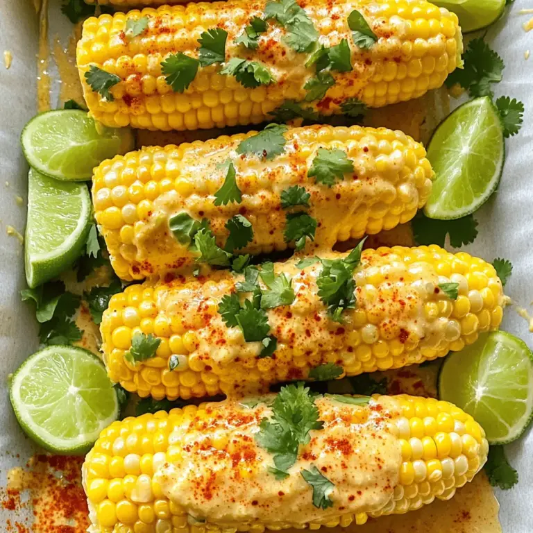 - 4 frische Maiskolben, geschält - 60 ml Mayonnaise - 30 g saure Sahne - 15 ml frischer Limettensaft - 5 g Limettenschale - 5 g Chilipulver - 2,5 g geräuchertes Paprikapulver - Salz nach Geschmack - Frischer Koriander, gehackt (zum Garnieren) - Limettenspalten - zusätzliche Gewürze Beim Kochen von Chili Lime Corn on the Cob sind frische Zutaten wichtig. Die Maiskolben bringen Süße und Textur. Mayonnaise und saure Sahne sorgen für eine cremige Basis. Limettensaft und -schale geben Frische und eine saftige Note. Die Gewürze bringen das Gericht auf die nächste Stufe. Chilipulver fügt einen Kick hinzu, während geräuchertes Paprikapulver Tiefe bringt. Frischer Koriander rundet den Geschmack ab. Ich empfehle, die Limettenspalten beim Servieren bereit zu halten. So kann jeder nach Geschmack nachwürzen. Wenn du gerne experimentierst, füge mehr Gewürze hinzu. Du kannst auch andere frische Kräuter verwenden, um deine eigene Note zu setzen. Die Zutaten sind einfach zu bekommen und machen dieses Rezept zu einem echten Hit. Schau dir die vollständige Rezeptanleitung [Full Recipe] an, um alles Schritt für Schritt zu sehen. - Kochen der Maiskolben: Bringen Sie einen großen Topf mit Wasser zum Kochen. Fügen Sie 4 geschälte Maiskolben hinzu. Kochen Sie diese für etwa 5-7 Minuten, bis der Mais zart ist. - Abkühlen lassen: Nehmen Sie die Maiskolben vorsichtig aus dem Wasser. Lassen Sie sie kurz abkühlen, damit Sie sich nicht verbrennen. - Mischen der Zutaten: In einer Schüssel vermengen Sie 60 ml Mayonnaise, 30 g saure Sahne, 15 ml Limettensaft, 5 g Limettenschale, 5 g Chilipulver, 2,5 g geräuchertes Paprikapulver und eine Prise Salz. - Konsistenz prüfen: Rühren Sie die Mischung gut um, bis sie glatt ist. Sie sollte cremig und gut gewürzt schmecken. - Gleichmäßiges Auftragen der Mischung: Wenn die Maiskolben handwarm sind, verwenden Sie einen Pinsel oder Löffel. Bestreichen Sie jeden Kolben großzügig mit der Chili-Limetten-Mischung. - Garnieren und Servieren: Streuen Sie zusätzliches Chilipulver über die Kolben für mehr Geschmack. Garnieren Sie sie mit frischem Koriander und servieren Sie Limettenspalten dazu. Für die vollständige Anleitung besuchen Sie das [Full Recipe]. - Anpassung der Gewürzmengen: Beginnen Sie mit der angegebenen Menge an Gewürzen. Probieren Sie dann die Mischung. Mögen Sie es schärfer? Fügen Sie mehr Chilipulver hinzu. Für einen frischeren Geschmack können Sie mehr Limettensaft verwenden. Ich empfehle, die Gewürze nach und nach anzupassen. So finden Sie Ihre perfekte Balance. - Verwendung von frischen Zutaten: Frische Zutaten machen einen großen Unterschied. Wählen Sie frische Maiskolben, die fest und saftig sind. Verwenden Sie frische Limetten für den Saft und die Schale. Diese kleinen Details verbessern den Geschmack. - Überkochen der Maiskolben: Kochen Sie die Maiskolben nicht zu lange. Fünf bis sieben Minuten sind optimal. Übergekochter Mais wird weich und verliert seine Süße. Achten Sie also auf die Zeit. - Ungleichmäßige Würzung: Tragen Sie die Chili-Limetten-Mischung gleichmäßig auf. Ein Pinsel hilft dabei, die Mischung gut zu verteilen. Wenn Sie es ungleichmäßig auftragen, schmeckt es nicht gut. Jeder Biss sollte perfekt gewürzt sein. - Ansprechende Serviermethoden: Servieren Sie die Maiskolben auf einem schönen Teller. Legen Sie die Limettenspalten daneben. Das sieht gut aus und macht Lust auf mehr. - Bedeutung von frischen Kräutern: Frischer Koriander ist mehr als nur Deko. Er bringt Farbe und Geschmack. Streuen Sie ihn großzügig auf die Maiskolben. Frische Kräuter machen Ihr Gericht lebendiger und einladender. Für das vollständige Rezept schauen Sie sich die [Full Recipe] an. {{image_4}} Für eine vegane Version meiner Chili Lime Corn on the Cob gibt es tolle Alternativen. Anstelle von Mayonnaise kannst du pflanzliche Joghurt verwenden. Es gibt viele Marken, die einen tollen Geschmack bieten. Du kannst auch Avocado verwenden, um eine cremige Textur zu erhalten. Wenn du saure Sahne brauchst, nutze einfach Kokosnusscreme oder eine andere pflanzliche Sahne. Diese Optionen bieten den gleichen tollen Geschmack. Wenn du etwas mehr Würze möchtest, probiere zusätzliche Gewürze. Knoblauchpulver oder Kreuzkümmel bringen eine neue Dimension in die Mischung. Du kannst auch mit frischem Chili experimentieren. Frische Chilis geben einen scharfen Kick. Verschiedene Paprikasorten bringen ebenfalls unterschiedliche Aromen. Experimentiere mit süßer oder scharfer Paprika, um den perfekten Geschmack zu finden. Chili Lime Corn on the Cob passt gut zu vielen Beilagen. Kombiniere sie mit frischen Salaten. Ein leichter, knackiger Salat ergänzt den süßen Mais wunderbar. Du kannst auch Dips dazu anbieten. Salsa oder Guacamole sind perfekte Begleiter. Diese Kombinationen machen das Essen noch spannender und leckerer. Wenn Sie übrig gebliebenen Chili Lime Corn on the Cob haben, lagern Sie ihn kühl. Wickeln Sie die Maiskolben in Frischhaltefolie. Das hält sie frisch. Alternativ können Sie einen luftdichten Behälter verwenden. So bleibt der Geschmack erhalten. Um die Maiskolben wieder aufzuwärmen, gibt es mehrere Methoden. Die einfachste Methode ist, sie in der Mikrowelle zu erhitzen. Legen Sie die Kolben auf einen Teller und decken Sie sie ab. Erwärmen Sie sie 1-2 Minuten. Eine andere Methode ist, sie in einem Topf mit leicht gesalzenem Wasser zu erhitzen. So bleiben sie saftig. Tipps für beste Ergebnisse: Überprüfen Sie die Temperatur, damit der Mais nicht austrocknet. Sie können auch ein wenig frische Limette hinzufügen, um den Geschmack zu beleben. Der gekochte Mais hält sich im Kühlschrank etwa 3 bis 5 Tage. Achten Sie darauf, ihn gut zu verpacken. Wenn Sie mehr als fünf Tage warten, essen Sie ihn besser nicht mehr. Anzeichen von Verderb sind ein unangenehmer Geruch oder Verfärbungen. Wenn die Kolben trocken oder schimmlig sind, sollten Sie sie wegwerfen. So genießen Sie die besten Aromen und die Frische des Chili Lime Corn on the Cob. Die optimale Kochzeit für Maiskolben beträgt etwa 5-7 Minuten. Wenn das Wasser kocht, füge die geschälten Kolben hinzu. Achte darauf, dass sie zart sind, aber nicht matschig. Überprüfe nach 5 Minuten die Konsistenz. Mit dieser Zeit bleibt der Geschmack frisch und knackig. Ja, du kannst das Rezept im Voraus zubereiten. Koche die Maiskolben und lasse sie abkühlen. Bereite die Chili-Limetten-Mischung ebenfalls vor. Bewahre alles getrennt im Kühlschrank auf. So kannst du die Kolben einfach kurz vor dem Servieren bestreichen. Das spart Zeit und sorgt für einen leckeren Snack. Wenn du keinen Limettensaft hast, kannst du Zitronensaft verwenden. Zitronensaft gibt auch einen tollen Geschmack. Du kannst auch Essig wie Apfelessig für eine saure Note nutzen. Oder probiere Orangensaft für eine süßere Variante. Diese Alternativen verleihen dem Gericht einen anderen, aber leckeren Geschmack. In diesem Blogpost haben Sie gelernt, wie Sie leckere Maiskolben zubereiten. Wir haben die Hauptzutaten, Gewürze und Aromen besprochen. Ich habe Ihnen gezeigt, wie Sie die Maiskolben perfekt vorbereiten und servieren. Nutzen Sie meine Tipps, um den Geschmack zu perfektionieren und häufige Fehler zu vermeiden. Variieren Sie das Rezept für neue Geschmackserlebnisse und beachten Sie die Lagerhinweise. Mit diesen Informationen können Sie Ihre Maiskolben genießen und beeindrucken!
