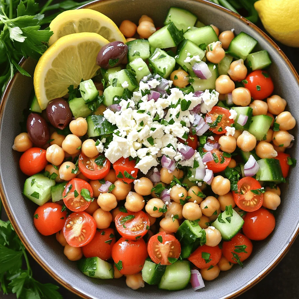Die Hauptzutaten machen diesen Salat frisch und gesund. Hier ist, was du brauchst: - 1 Dose (425 g) Kichererbsen, gut abgetropft und abgespült - 1 Tasse Cherrytomaten, halbiert - 1 Gurke, gewürfelt - 1 Paprika (jede Farbe), gewürfelt - 1/4 rote Zwiebel, fein gehackt - 1/2 Tasse Kalamata-Oliven, entkernt und halbiert - 1/4 Tasse frische Petersilie, gehackt - 1/4 Tasse Feta-Käse, zerbröselt - 3 Esslöffel Olivenöl - 2 Esslöffel Zitronensaft - 1 Teelöffel getrockneter Oregano - Salz und Pfeffer nach Geschmack Diese Zutaten bringen Farbe und Geschmack in deinen Salat. Kichererbsen sind reich an Proteinen. Das macht sie zu einer großartigen Basis für jedes Gericht. Frische Zutaten machen einen großen Unterschied. Sie geben dem Salat mehr Geschmack. Achte immer darauf, reife Cherrytomaten und knackige Gurken zu wählen. Sie sollten fest und saftig sein. Wenn du die Möglichkeit hast, kaufe lokale Produkte. Sie sind oft frischer und geschmackvoller. Manchmal haben Leute Allergien. Hier sind ein paar Alternativen: - Kichererbsen: Du kannst auch weiße Bohnen verwenden, wenn du Kichererbsen nicht magst. - Feta-Käse: Für eine milchfreie Option, versuche veganen Käse oder ganz wegzulassen. - Oliven: Wenn du keine Oliven magst, lasse sie einfach weg oder nutze geröstete Nüsse für einen Crunch. Mit diesen Tipps kannst du deinen mediterranen Kichererbsensalat anpassen. So passt er besser zu deinen Bedürfnissen. Wenn du mehr über die Zubereitung erfahren möchtest, schau dir das [Full Recipe] an. Zuerst öffnest du eine Dose Kichererbsen. Spüle die Kichererbsen gut ab. Das entfernt die Konservierungsstoffe. Nimm eine große Schüssel und gib die Kichererbsen hinein. Halbiere die Cherrytomaten und füge sie hinzu. Würfle die Gurke und die Paprika. Schneide die rote Zwiebel fein. Gib auch diese in die Schüssel. Jetzt hast du die Basis für deinen Salat. Für das Dressing nimm eine kleine Schüssel. Mische das Olivenöl mit dem Zitronensaft. Füge den getrockneten Oregano hinzu. Schmecke mit Salz und Pfeffer ab. Rühre gut um, bis alles vermischt ist. Das Dressing bringt alle Aromen zusammen. Jetzt kommt der spaßige Teil! Gieße das Dressing über die Kichererbsenbasis. Mische alles vorsichtig, so dass die Kichererbsen ganz bleiben. Füge die Kalamata-Oliven und die Petersilie hinzu. Umrühre alles noch einmal leicht. Zum Schluss streue den zerbröselten Feta-Käse darauf. Lass den Salat für 10 Minuten ruhen. So können die Aromen gut einziehen. Du findest die vollständige Zubereitung im [Full Recipe]. Um Zeit zu sparen, nutzen Sie vorgekochte Kichererbsen aus der Dose. Diese sind schnell einsatzbereit. Waschen Sie sie gut ab, um den Konservierungsstoff zu entfernen. Schneiden Sie das Gemüse in gleichmäßige Stücke. Verwenden Sie einen scharfen Messer und ein stabiles Schneidebrett. So geht das Schneiden schneller und sicherer. Lassen Sie den Salat nach dem Mischen für etwa 10 Minuten ruhen. So ziehen die Aromen gut in die Kichererbsen ein. Für mehr Geschmack können Sie das Dressing auch länger einziehen lassen. Fügen Sie frische Kräuter oder Gewürze hinzu, um die Aromen zu verstärken. Präsentation ist wichtig! Servieren Sie den Salat in einer großen Schüssel. Streuen Sie frische Petersilie und zerbröselten Feta-Käse oben drauf. Legen Sie Zitronenscheiben um die Schüssel. Das sieht toll aus und bringt frische Farbe. Für weitere Ideen schauen Sie sich das [Full Recipe] an. {{image_4}} Fügen Sie Ihrem Kichererbsensalat mehr Protein hinzu. Gegrilltes Hähnchen oder Garnelen sind tolle Optionen. Auch Tofu oder Tempeh passen gut. Diese Optionen sind reich an Protein und machen den Salat sättigender. Wenn Sie es einfach halten wollen, bleiben die Kichererbsen die Hauptquelle für Protein. Um den Salat vegetarisch zu halten, lassen Sie den Feta-Käse weg oder ersetzen Sie ihn durch eine pflanzliche Alternative. Wenn Sie vegan sind, verwenden Sie einfach eine vegane Käsealternative. So bleibt der Salat lecker und passt zu vielen Ernährungsweisen. Experimentieren Sie mit verschiedenen Kräutern und Gewürzen für zusätzliche Aromen. Nutzen Sie frische, saisonale Zutaten für mehr Geschmack. Im Frühling können Sie Radieschen oder Spargel hinzufügen. Im Sommer sind Zucchini und frische Kräuter perfekt. Im Herbst bieten sich Kürbiswürfel an. Im Winter sind geröstete Wurzelgemüse eine tolle Wahl. Saisonale Zutaten machen den Salat vielfältig und spannend. Um den mediterranen Kichererbsensalat frisch zu halten, lagere ihn in einem luftdichten Behälter. Achte darauf, dass der Behälter sauber und trocken ist. So bleibt der Salat knackig und die Aromen bleiben lange erhalten. Stelle den Behälter in den Kühlschrank. Die kühle Temperatur hilft, die Frische der Zutaten zu bewahren. Im Kühlschrank hält sich der Kichererbsensalat etwa 3 bis 5 Tage. Nach drei Tagen kann der Salat etwas weicher werden. Die Aromen sind trotzdem gut! Du kannst ihn vor dem Servieren kurz durchmischen. Achte darauf, den Salat nicht länger als fünf Tage aufzubewahren. Nach dieser Zeit sind die Zutaten nicht mehr frisch. Ich empfehle, den mediterranen Kichererbsensalat nicht einzufrieren. Das Einfrieren kann die Textur der frischen Zutaten wie Gurken und Tomaten verändern. Diese Zutaten verlieren beim Auftauen ihren Crunch. Wenn du Reste hast, esse sie einfach frisch. So genießt du den vollen Geschmack. Für die vollständige Zubereitung des Salats, siehe den Full Recipe. Ja, du kannst den Salat im Voraus zubereiten. Bereite ihn einfach einige Stunden vor dem Servieren zu. Das gibt den Aromen Zeit, sich zu verbinden. Das Gemüse bleibt frisch und knackig. Wenn du ihn einen Tag vorher machst, lagere ihn in einem luftdichten Behälter im Kühlschrank. Du kannst den Geschmack leicht anpassen. Magst du es würziger? Füge mehr Oregano oder einige Chiliflocken hinzu. Wenn du eine süßere Note willst, probiere etwas Honig oder Agavendicksaft. Du kannst auch verschiedene Essigsorten verwenden, um den Geschmack zu variieren. Experimentiere mit den Zutaten, um deinen perfekten Salat zu finden. Ja, dieser Salat ist glutenfrei. Die Hauptzutaten sind Kichererbsen, Gemüse und Oliven. Alle sind glutenfrei. Achte jedoch darauf, dass die Produkte, die du kaufst, keine Gluten-Spuren enthalten. Wenn du Feta-Käse verwendest, prüfe ebenfalls die Zutatenliste. So kannst du sicherstellen, dass der Salat für alle geeignet ist. Für das komplette Rezept, siehe [Full Recipe]. Der mediterrane Kichererbsensalat ist einfach zuzubereiten und sehr schmackhaft. Wir haben die besten Zutaten, Tipps und Variationen besprochen. Frische und hochwertige Zutaten sind der Schlüssel. Dennoch kannst du auch anpassen und variieren. Bei der Aufbewahrung bleibt der Salat frisch, wenn du ihn richtig lagerst. Du kannst ihn sogar einfrieren, wenn nötig. Nutze dieses Rezept, um deinen Jüngsten und Freunden gesunde Mahlzeiten zu bieten. Vertraue auf deine Kreativität und genieße jeden Bissen.