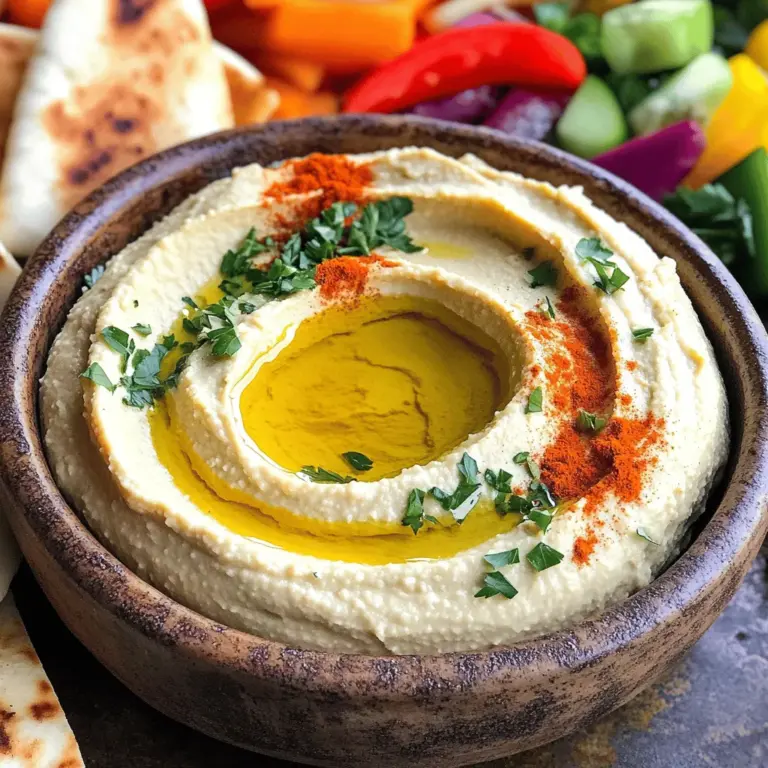 Um einen köstlichen gerösteten Knoblauch-Hummus zu machen, brauchst du einige wichtige Zutaten: - 1 Dose (425 g) Kichererbsen, abgetropft und abgespült - 60 ml Tahini - 45 ml Olivenöl (plus zusätzlich für das Garnieren) - 1 ganze Knoblauchknolle - 60 ml Zitronensaft (ca. 2 Zitronen) - 1 Teelöffel gemahlener Kreuzkümmel - Salz nach Geschmack - 30-45 ml Wasser (nach Bedarf anpassen für die gewünschte Konsistenz) - Paprika und gehackte Petersilie zum Garnieren Bei der Auswahl der Zutaten ist Qualität der Schlüssel. Verwende frische Kichererbsen für den besten Geschmack. Du kannst auch getrocknete Kichererbsen verwenden, aber sie benötigen mehr Zeit zum Kochen. Wähle hochwertigen Olivenöl, da er den Geschmack des Hummus stark beeinflusst. Frischer Zitronensaft bringt viel Aroma. Achte darauf, die Knoblauchknolle gut zu prüfen. Sie sollte fest und ohne dunkle Flecken sein. Für den besten Hummus empfehle ich, Kichererbsen aus der Dose zu verwenden. Sie sind weich und leicht zu pürieren. Wenn du getrocknete Kichererbsen verwenden möchtest, weiche sie über Nacht ein und koche sie dann gut. Dies sorgt dafür, dass sie die richtige Textur haben. Frische Kichererbsen sind einfach zu verarbeiten und liefern eine cremige Konsistenz. Wenn du nach einem speziellen Geschmack suchst, probiere Kichererbsen aus verschiedenen Regionen. Um den gerösteten Knoblauch vorzubereiten, heizen Sie Ihren Ofen auf 200°C vor. Nehmen Sie eine ganze Knoblauchknolle und schneiden Sie die Oberseite ab. Dies hilft, die Zehen freizulegen. Beträufeln Sie die Knolle mit einem Teelöffel Olivenöl. Wickeln Sie sie dann in Alufolie ein. Rösten Sie den Knoblauch für 30-35 Minuten. Er ist fertig, wenn die Zehen weich und karamellisiert sind. Lassen Sie den Knoblauch kurz abkühlen. Drücken Sie die Zehen aus der Haut und legen Sie sie beiseite. Jetzt kommen die Kichererbsen ins Spiel. Geben Sie die abgetropften und abgespülten Kichererbsen in die Küchenmaschine. Fügen Sie 60 ml Tahini, den gerösteten Knoblauch, 45 ml Olivenöl, 60 ml Zitronensaft, 1 Teelöffel gemahlenen Kreuzkümmel und etwas Salz hinzu. Pürieren Sie alles zusammen, bis die Mischung ganz glatt ist. Falls nötig, schaben Sie die Seiten der Schüssel mit einem Spatel ab. Wenn das Hummus zu dick ist, fügen Sie 30-45 ml Wasser hinzu. Pürieren Sie erneut, bis die gewünschte Konsistenz erreicht ist. Probieren Sie das Hummus nun und passen Sie die Gewürze an. Vielleicht möchten Sie mehr Salz oder Zitronensaft hinzufügen. Übertragen Sie das Hummus in eine Servierschüssel. Beträufeln Sie es mit etwas Olivenöl. Bestreuen Sie es mit Paprika und garnieren Sie es mit frisch gehackter Petersilie. Für das vollständige Rezept schauen Sie sich bitte die Anleitung für cremige geröstete Knoblauch-Hummus an. Um Hummus besonders cremig zu machen, ist die richtige Zubereitung entscheidend. Verwenden Sie zuerst gut abgetropfte Kichererbsen. Sie können auch die Haut der Kichererbsen entfernen, um eine glattere Textur zu erreichen. Fügen Sie nach und nach Wasser hinzu, wenn Sie die Mischung pürieren. So bleibt die Konsistenz perfekt. Ein hochwertiges Olivenöl gibt zusätzlich einen geschmeidigen Geschmack. Die Garnierung macht Ihr Hummus noch ansprechender. Beträufeln Sie es mit ein wenig Olivenöl. Dann streuen Sie Paprika und frisch gehackte Petersilie darüber. Diese Farben bringen das Hummus zum Strahlen. Für extra Geschmack können Sie auch geröstete Pinienkerne oder geräuchertes Paprikapulver verwenden. Gerösteter Knoblauch-Hummus passt gut zu vielen Beilagen. Servieren Sie ihn mit warmem Pita-Brot. Frisches Gemüse wie Karotten, Paprika und Gurken sind ebenfalls klasse. Tortilla-Chips bieten einen knusprigen Kontrast. Sie können auch kleine Spieße mit Gemüse oder Oliven dazu legen. Diese Kombinationen machen das Essen noch spannender und leckerer. Für ein detailliertes Rezept schauen Sie sich die [Full Recipe] an. {{image_4}} Hummus ist sehr vielseitig. Du kannst ihm viele neue Geschmäcker geben. Probiere zum Beispiel, Rote Beete oder Avocado hinzuzufügen. Diese Zutaten geben deinem Hummus Farbe und einen neuen Geschmack. Eine andere Idee ist, geröstete Paprika für einen süßen und rauchigen Hummus zu verwenden. Auch frische Kräuter wie Basilikum oder Koriander können einen frischen Kick bringen. So bleibt dein Hummus spannend und lecker. Zusätzliche Gewürze machen dein Hummus besonders. Zimt oder Muskatnuss verleihen eine warme Note. Knoblauchpulver oder Chili bringen einen würzigen Kick. Du kannst auch ein wenig geräucherten Paprika für eine rauchige Tiefe hinzufügen. Experimentiere mit verschiedenen Gewürzen. So findest du deinen perfekten Geschmack. Diese kleinen Änderungen machen einen großen Unterschied. Hummus ist von Natur aus vegan und glutenfrei. Achte darauf, dass deine Zutaten das auch sind. Verwende immer frisches Olivenöl und hochwertige Kichererbsen. Es gibt viele glutenfreie Dips, die du mit Hummus kombinieren kannst. Probiere Gemüsesticks oder glutenfreies Brot. Du kannst auch Kichererbsen-Pasta als Beilage nutzen. Sie passt perfekt zu deinem Hummus. So hast du eine schmackhafte und gesunde Mahlzeit. Um Hummus frisch zu halten, bewahre ihn in einem luftdichten Behälter auf. Das schützt ihn vor Trockenheit und anderen Gerüchen im Kühlschrank. Füge einen dünnen Schicht Olivenöl oben drauf. Das hilft, die Feuchtigkeit zu halten. Im Kühlschrank bleibt dein Hummus bis zu eine Woche frisch. Achte darauf, ihn gut zu verschließen. Wenn du ihn länger aufbewahren möchtest, kannst du ihn einfrieren. Im Gefrierschrank hält er bis zu drei Monate. Stelle sicher, dass du ihn in einem gefrierfesten Behälter aufbewahrst. Nach dem Auftauen kann Hummus manchmal trocken wirken. Füge einfach einen Esslöffel Wasser oder Olivenöl hinzu. Püriere ihn erneut in der Küchenmaschine, bis er wieder cremig ist. Schmecke ihn ab und füge nach Bedarf Salz oder Zitronensaft hinzu. So bleibt dein Hummus lecker und frisch! Gerösteter Knoblauch-Hummus hält sich gut im Kühlschrank. Du kannst ihn bis zu einer Woche lagern. Stelle sicher, dass du ihn in einem luftdichten Behälter aufbewahrst. Wenn du ihn länger aufbewahren möchtest, friere ihn ein. So bleibt er bis zu drei Monate frisch. Ja, du kannst Hummus auch ohne Tahini machen. Er wird etwas anders schmecken, aber die Kichererbsen und der geröstete Knoblauch geben bereits viel Geschmack. Du kannst stattdessen mehr Olivenöl oder Joghurt verwenden. Experimentiere mit den Mengen, um die beste Textur zu finden. Fertigen gerösteten Knoblauch-Hummus findest du in vielen Supermärkten. Achte auf die Kühlabteilung, oft gibt es dort verschiedene Marken. Einige Bio-Läden bieten auch hausgemachten Hummus an. Lies die Zutatenliste, um sicherzustellen, dass die Qualität hoch ist. Um die Textur des Hummus cremiger zu machen, püriere ihn länger. Wenn er zu dick ist, füge langsam Wasser hinzu. Ein Spritzer Olivenöl kann ebenfalls helfen. Achte darauf, die Seiten der Schüssel abzukratzen, damit alles gleichmäßig püriert wird. Gerösteter Knoblauch-Hummus ist einfach zuzubereiten und vielseitig. Wir haben die richtigen Zutaten und Schritt-für-Schritt-Anleitungen untersucht. Qualität ist entscheidend, besonders bei Kichererbsen. Mit meinen Tipps wird Ihr Hummus cremig und lecker. Ob kreative Variationen oder Lagerungshinweise, diese Tipps sichern den Genuss. Nutzen Sie die FAQs für zusätzliche Klarheit. Experimentieren Sie und passen Sie den Hummus an Ihre Wünsche an. Genießen Sie selbstgemachten Hummus in jeder Situation!