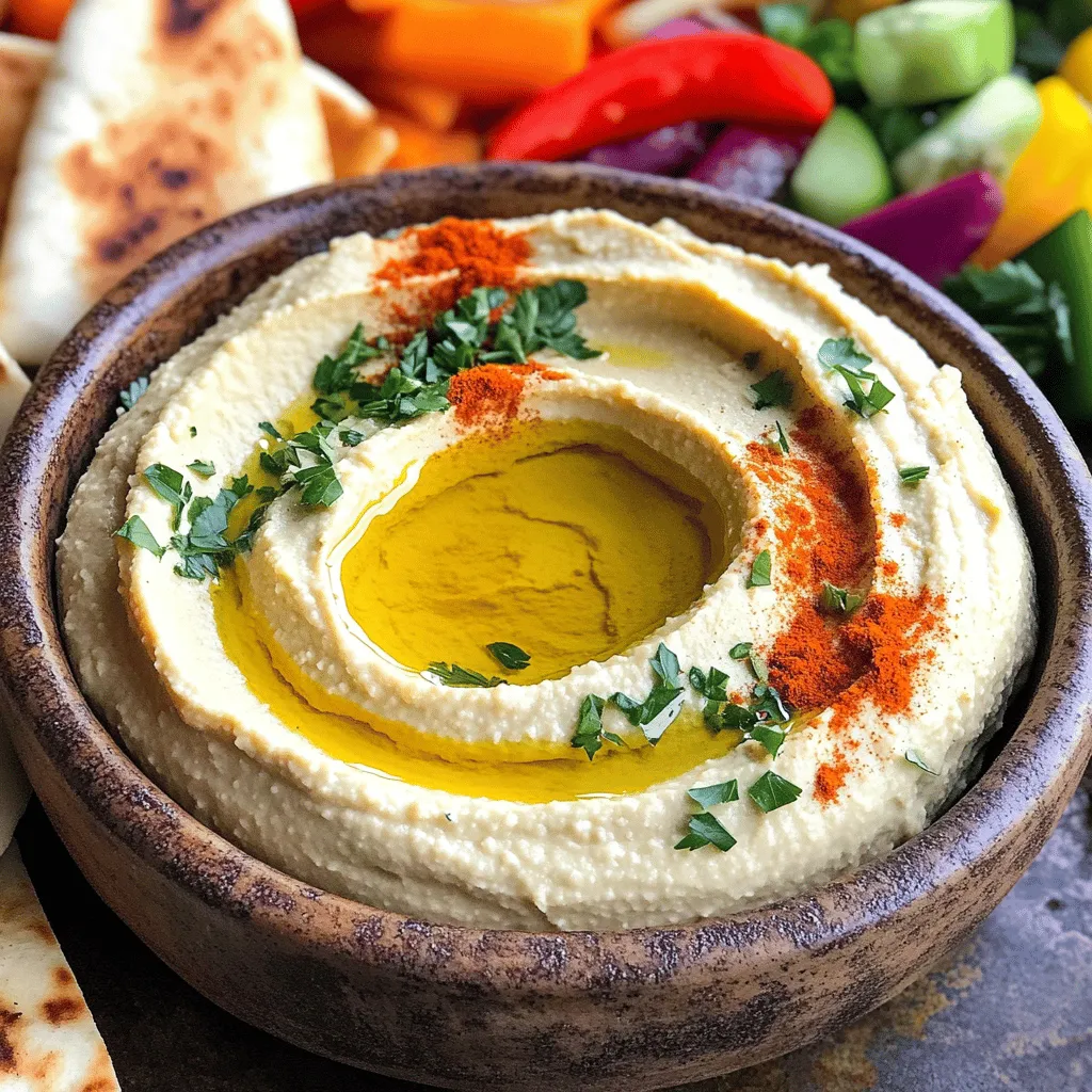 Um einen köstlichen gerösteten Knoblauch-Hummus zu machen, brauchst du einige wichtige Zutaten: - 1 Dose (425 g) Kichererbsen, abgetropft und abgespült - 60 ml Tahini - 45 ml Olivenöl (plus zusätzlich für das Garnieren) - 1 ganze Knoblauchknolle - 60 ml Zitronensaft (ca. 2 Zitronen) - 1 Teelöffel gemahlener Kreuzkümmel - Salz nach Geschmack - 30-45 ml Wasser (nach Bedarf anpassen für die gewünschte Konsistenz) - Paprika und gehackte Petersilie zum Garnieren Bei der Auswahl der Zutaten ist Qualität der Schlüssel. Verwende frische Kichererbsen für den besten Geschmack. Du kannst auch getrocknete Kichererbsen verwenden, aber sie benötigen mehr Zeit zum Kochen. Wähle hochwertigen Olivenöl, da er den Geschmack des Hummus stark beeinflusst. Frischer Zitronensaft bringt viel Aroma. Achte darauf, die Knoblauchknolle gut zu prüfen. Sie sollte fest und ohne dunkle Flecken sein. Für den besten Hummus empfehle ich, Kichererbsen aus der Dose zu verwenden. Sie sind weich und leicht zu pürieren. Wenn du getrocknete Kichererbsen verwenden möchtest, weiche sie über Nacht ein und koche sie dann gut. Dies sorgt dafür, dass sie die richtige Textur haben. Frische Kichererbsen sind einfach zu verarbeiten und liefern eine cremige Konsistenz. Wenn du nach einem speziellen Geschmack suchst, probiere Kichererbsen aus verschiedenen Regionen. Um den gerösteten Knoblauch vorzubereiten, heizen Sie Ihren Ofen auf 200°C vor. Nehmen Sie eine ganze Knoblauchknolle und schneiden Sie die Oberseite ab. Dies hilft, die Zehen freizulegen. Beträufeln Sie die Knolle mit einem Teelöffel Olivenöl. Wickeln Sie sie dann in Alufolie ein. Rösten Sie den Knoblauch für 30-35 Minuten. Er ist fertig, wenn die Zehen weich und karamellisiert sind. Lassen Sie den Knoblauch kurz abkühlen. Drücken Sie die Zehen aus der Haut und legen Sie sie beiseite. Jetzt kommen die Kichererbsen ins Spiel. Geben Sie die abgetropften und abgespülten Kichererbsen in die Küchenmaschine. Fügen Sie 60 ml Tahini, den gerösteten Knoblauch, 45 ml Olivenöl, 60 ml Zitronensaft, 1 Teelöffel gemahlenen Kreuzkümmel und etwas Salz hinzu. Pürieren Sie alles zusammen, bis die Mischung ganz glatt ist. Falls nötig, schaben Sie die Seiten der Schüssel mit einem Spatel ab. Wenn das Hummus zu dick ist, fügen Sie 30-45 ml Wasser hinzu. Pürieren Sie erneut, bis die gewünschte Konsistenz erreicht ist. Probieren Sie das Hummus nun und passen Sie die Gewürze an. Vielleicht möchten Sie mehr Salz oder Zitronensaft hinzufügen. Übertragen Sie das Hummus in eine Servierschüssel. Beträufeln Sie es mit etwas Olivenöl. Bestreuen Sie es mit Paprika und garnieren Sie es mit frisch gehackter Petersilie. Für das vollständige Rezept schauen Sie sich bitte die Anleitung für cremige geröstete Knoblauch-Hummus an. Um Hummus besonders cremig zu machen, ist die richtige Zubereitung entscheidend. Verwenden Sie zuerst gut abgetropfte Kichererbsen. Sie können auch die Haut der Kichererbsen entfernen, um eine glattere Textur zu erreichen. Fügen Sie nach und nach Wasser hinzu, wenn Sie die Mischung pürieren. So bleibt die Konsistenz perfekt. Ein hochwertiges Olivenöl gibt zusätzlich einen geschmeidigen Geschmack. Die Garnierung macht Ihr Hummus noch ansprechender. Beträufeln Sie es mit ein wenig Olivenöl. Dann streuen Sie Paprika und frisch gehackte Petersilie darüber. Diese Farben bringen das Hummus zum Strahlen. Für extra Geschmack können Sie auch geröstete Pinienkerne oder geräuchertes Paprikapulver verwenden. Gerösteter Knoblauch-Hummus passt gut zu vielen Beilagen. Servieren Sie ihn mit warmem Pita-Brot. Frisches Gemüse wie Karotten, Paprika und Gurken sind ebenfalls klasse. Tortilla-Chips bieten einen knusprigen Kontrast. Sie können auch kleine Spieße mit Gemüse oder Oliven dazu legen. Diese Kombinationen machen das Essen noch spannender und leckerer. Für ein detailliertes Rezept schauen Sie sich die [Full Recipe] an. {{image_4}} Hummus ist sehr vielseitig. Du kannst ihm viele neue Geschmäcker geben. Probiere zum Beispiel, Rote Beete oder Avocado hinzuzufügen. Diese Zutaten geben deinem Hummus Farbe und einen neuen Geschmack. Eine andere Idee ist, geröstete Paprika für einen süßen und rauchigen Hummus zu verwenden. Auch frische Kräuter wie Basilikum oder Koriander können einen frischen Kick bringen. So bleibt dein Hummus spannend und lecker. Zusätzliche Gewürze machen dein Hummus besonders. Zimt oder Muskatnuss verleihen eine warme Note. Knoblauchpulver oder Chili bringen einen würzigen Kick. Du kannst auch ein wenig geräucherten Paprika für eine rauchige Tiefe hinzufügen. Experimentiere mit verschiedenen Gewürzen. So findest du deinen perfekten Geschmack. Diese kleinen Änderungen machen einen großen Unterschied. Hummus ist von Natur aus vegan und glutenfrei. Achte darauf, dass deine Zutaten das auch sind. Verwende immer frisches Olivenöl und hochwertige Kichererbsen. Es gibt viele glutenfreie Dips, die du mit Hummus kombinieren kannst. Probiere Gemüsesticks oder glutenfreies Brot. Du kannst auch Kichererbsen-Pasta als Beilage nutzen. Sie passt perfekt zu deinem Hummus. So hast du eine schmackhafte und gesunde Mahlzeit. Um Hummus frisch zu halten, bewahre ihn in einem luftdichten Behälter auf. Das schützt ihn vor Trockenheit und anderen Gerüchen im Kühlschrank. Füge einen dünnen Schicht Olivenöl oben drauf. Das hilft, die Feuchtigkeit zu halten. Im Kühlschrank bleibt dein Hummus bis zu eine Woche frisch. Achte darauf, ihn gut zu verschließen. Wenn du ihn länger aufbewahren möchtest, kannst du ihn einfrieren. Im Gefrierschrank hält er bis zu drei Monate. Stelle sicher, dass du ihn in einem gefrierfesten Behälter aufbewahrst. Nach dem Auftauen kann Hummus manchmal trocken wirken. Füge einfach einen Esslöffel Wasser oder Olivenöl hinzu. Püriere ihn erneut in der Küchenmaschine, bis er wieder cremig ist. Schmecke ihn ab und füge nach Bedarf Salz oder Zitronensaft hinzu. So bleibt dein Hummus lecker und frisch! Gerösteter Knoblauch-Hummus hält sich gut im Kühlschrank. Du kannst ihn bis zu einer Woche lagern. Stelle sicher, dass du ihn in einem luftdichten Behälter aufbewahrst. Wenn du ihn länger aufbewahren möchtest, friere ihn ein. So bleibt er bis zu drei Monate frisch. Ja, du kannst Hummus auch ohne Tahini machen. Er wird etwas anders schmecken, aber die Kichererbsen und der geröstete Knoblauch geben bereits viel Geschmack. Du kannst stattdessen mehr Olivenöl oder Joghurt verwenden. Experimentiere mit den Mengen, um die beste Textur zu finden. Fertigen gerösteten Knoblauch-Hummus findest du in vielen Supermärkten. Achte auf die Kühlabteilung, oft gibt es dort verschiedene Marken. Einige Bio-Läden bieten auch hausgemachten Hummus an. Lies die Zutatenliste, um sicherzustellen, dass die Qualität hoch ist. Um die Textur des Hummus cremiger zu machen, püriere ihn länger. Wenn er zu dick ist, füge langsam Wasser hinzu. Ein Spritzer Olivenöl kann ebenfalls helfen. Achte darauf, die Seiten der Schüssel abzukratzen, damit alles gleichmäßig püriert wird. Gerösteter Knoblauch-Hummus ist einfach zuzubereiten und vielseitig. Wir haben die richtigen Zutaten und Schritt-für-Schritt-Anleitungen untersucht. Qualität ist entscheidend, besonders bei Kichererbsen. Mit meinen Tipps wird Ihr Hummus cremig und lecker. Ob kreative Variationen oder Lagerungshinweise, diese Tipps sichern den Genuss. Nutzen Sie die FAQs für zusätzliche Klarheit. Experimentieren Sie und passen Sie den Hummus an Ihre Wünsche an. Genießen Sie selbstgemachten Hummus in jeder Situation!