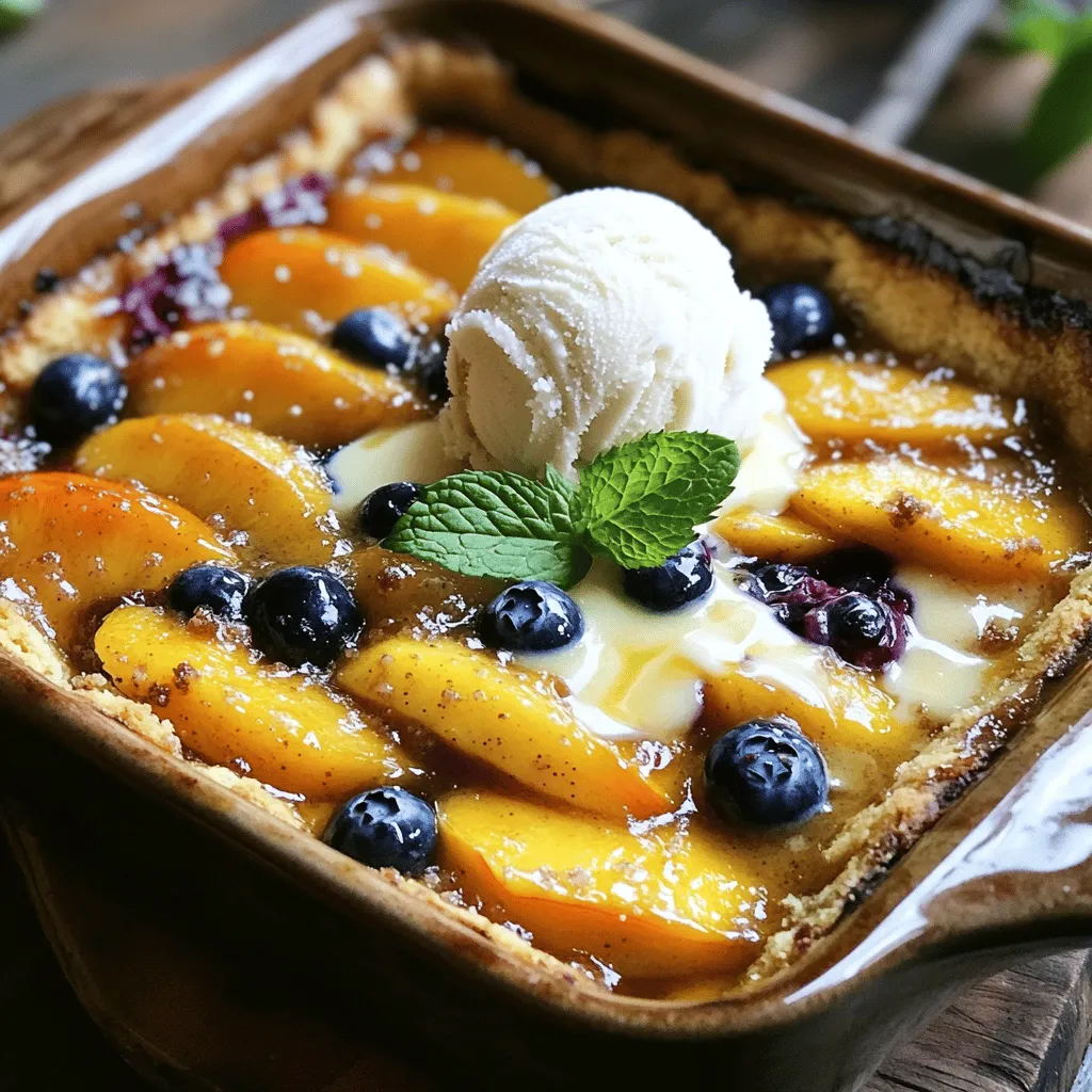 Für einen leckeren Pfirsich Cobbler Dump Cake brauchst du einige einfache Zutaten. Hier ist eine Liste der Hauptzutaten: - 2 Dosen (je 425 g) geschnittene Pfirsiche im Sirup, abgetropft - 240 g frische oder gefrorene Heidelbeeren (optional) - 1 Packung gelbe Kuchenteigmischung - 240 ml ungesalzene Butter, geschmolzen - 1 Teelöffel gemahlener Zimt - ½ Teelöffel Muskatnuss - 220 g brauner Zucker, leicht gepackt - Vanilleeis oder Schlagsahne zum Servieren Diese Zutaten bringen den fruchtigen Geschmack und eine schöne Textur in dein Dessert. Du kannst das Rezept leicht anpassen. Wenn du keine Dosenpfirsiche magst, probiere frische Pfirsiche. Sie geben mehr Geschmack und Frische. Auch andere Früchte funktionieren gut. Äpfel, Kirschen oder sogar Himbeeren sind gute Alternativen. Für eine glutenfreie Version kannst du eine glutenfreie Kuchenteigmischung verwenden. Das gibt dir die gleiche köstliche Kruste, ohne Gluten. Wenn du vegan bist, ersetze die Butter durch pflanzliche Butter oder Öl. Achte darauf, hochwertige Zutaten zu wählen. Frische Pfirsiche sollten reif und saftig sein. Dosenpfirsiche sollten in reinem Sirup eingelegt sein, nicht in schwerem Zuckersirup. Schau auch auf die Kuchenteigmischung. Eine gute Mischung sorgt für einen leckeren Geschmack. Achte darauf, dass die Butter ungesalzen ist. So kannst du den Zimt und die Muskatnuss besser schmecken. Mit diesen Tipps kannst du deinen Pfirsich Cobbler Dump Cake anpassen und verbessern. Für das vollständige Rezept schau dir den Abschnitt "Full Recipe" an, um alle Schritte zu sehen. Zuerst heizen Sie den Ofen auf 175°C vor. Nehmen Sie eine 23x33 cm große Auflaufform. Verteilen Sie die abgetropften Pfirsiche gleichmäßig auf dem Boden der Form. Wenn Sie möchten, fügen Sie die Heidelbeeren hinzu. Diese geben extra Geschmack und Farbe. Streuen Sie eine Mischung aus Zimt und Muskatnuss über die Obstschicht. Diese Gewürze bringen die Frische der Pfirsiche gut zur Geltung. Nehmen Sie die Packung gelbe Kuchenteigmischung. Gießen Sie diese gleichmäßig über die Obstschicht. Achten Sie darauf, dass alles gut bedeckt ist. Schmelzen Sie die Butter und träufeln Sie sie gleichmäßig über die Kuchenteigmischung. Wichtig ist, dass Sie nicht umrühren. Das sorgt für eine knusprige Kruste. Zum Schluss streuen Sie den braunen Zucker über die Mischung. Dies gibt dem Kuchen eine süße Note. Jetzt ist es Zeit zu backen! Stellen Sie die Form in den vorgeheizten Ofen. Backen Sie den Kuchen für 45 bis 50 Minuten. Die Oberfläche sollte goldbraun und sprudelnd sein. Nach dem Backen lassen Sie ihn ein paar Minuten abkühlen. Servieren Sie den Kuchen warm. Ein Klecks Schlagsahne oder eine Kugel Vanilleeis macht ihn perfekt. Wenn Sie mehr Details möchten, schauen Sie sich das [Full Recipe] an. Um die beste Kruste zu bekommen, gibt es ein paar einfache Tricks. Gießen Sie die geschmolzene Butter gleichmäßig über die Kuchenteigmischung. Rühren Sie nicht um. Das sorgt für eine knusprige Kruste. Achten Sie darauf, dass der Kuchen goldbraun ist, bevor Sie ihn herausnehmen. Wenn die Oberseite blubbert, sind Sie auf dem richtigen Weg. Sie können die Pfirsiche nach Ihrem Geschmack anpassen. Fügen Sie frische oder gefrorene Heidelbeeren hinzu, um mehr Frische zu bringen. Auch eine Prise Vanille kann den Geschmack verbessern. Wenn Sie es würziger mögen, fügen Sie mehr Zimt oder Muskatnuss hinzu. Experimentieren Sie mit Nüssen oder Schokoladenstücken für eine besondere Note. Falls der Kuchen nicht aufgeht, könnte die Ofentemperatur zu niedrig sein. Überprüfen Sie den Ofen mit einem Thermometer. Wenn die Kruste zu hart wird, backen Sie den Kuchen kürzer. Ein zu nasser Kuchen kann an zu viel Obst liegen, also verwenden Sie weniger Saft. Sehen Sie sich das Rezept an, um sicherzugehen, dass Sie nichts übersehen haben. {{image_4}} Wenn du Äpfel magst, probiere die herbstliche Variante! Ersetze die Pfirsiche durch 2 Dosen geschnittene Äpfel. Du kannst auch frische Äpfel nutzen, wenn du sie schälen und schneiden möchtest. Füge etwas Zitronensaft hinzu, um die Süße zu balancieren. Die Gewürze wie Zimt und Muskatnuss passen perfekt zu Äpfeln. Das ergibt eine warme, gemütliche Note. Für eine glutenfreie Variante kannst du eine glutenfreie Kuchenteigmischung verwenden. Achte darauf, dass die Mischung keine Weizenprodukte enthält. Du kannst auch Mandelmehl oder Kokosmehl verwenden. Diese Mehle geben dem Kuchen eine besondere Note und sind eine gesunde Wahl. Die restlichen Zutaten bleiben gleich. So kannst du den Kuchen ohne Bedenken genießen. Um den Pfirsich Cobbler Dump Cake vegan zu machen, ersetze die Butter durch pflanzliche Margarine oder Kokosöl. Achte darauf, dass die Kuchenteigmischung keine tierischen Produkte enthält. Einige Marken bieten vegane Mischungen an. Für zusätzlichen Geschmack kannst du eine Prise Vanilleextrakt hinzufügen. Das Ergebnis bleibt lecker und freundlich für alle. Entdecke die Variationen und finde deine Lieblingsversion des Pfirsich Cobbler Dump Cakes! Für das vollständige Rezept kannst du [Full Recipe] besuchen. Um Ihren Pfirsich Cobbler Dump Cake frisch zu halten, lagern Sie ihn in einem luftdichten Behälter. Stellen Sie sicher, dass der Kuchen vollständig abgekühlt ist, bevor Sie ihn abdecken. So bleibt er saftig und lecker. Sie können ihn auch in der Auflaufform abdecken, wenn Sie keinen Behälter haben. Lagern Sie den Kuchen im Kühlschrank, wenn Sie ihn nicht innerhalb von zwei Tagen essen. Ein häufiger Fehler ist, den Kuchen zu lange bei Raumtemperatur zu lassen. Dies kann dazu führen, dass er schnell verderbt. Ein weiterer Fehler ist, den Kuchen nicht richtig abzudecken. Dadurch kann er austrocknen oder Gerüche aus dem Kühlschrank aufnehmen. Stellen Sie auch sicher, dass die Butter nicht schmilzt, wenn Sie den Kuchen aufbewahren. Dies kann die Textur des Kuchens beeinträchtigen. Um den Kuchen wieder aufzuwärmen, heizen Sie den Ofen auf 175 °C vor. Decken Sie den Kuchen mit Aluminiumfolie ab, um ein Austrocknen zu verhindern. Lassen Sie ihn etwa 15 bis 20 Minuten im Ofen. Alternativ können Sie eine Mikrowelle verwenden. Erwärmen Sie den Kuchen in kurzen Intervallen von 30 Sekunden, bis er warm ist. Servieren Sie ihn mit einer Kugel Vanilleeis oder einem Klecks Schlagsahne für das beste Erlebnis. Die Zubereitung des Pfirsich Cobbler Dump Cakes dauert nur etwa 15 Minuten. Das ist schnell und einfach! Danach backt der Kuchen für 45 bis 50 Minuten im Ofen. Insgesamt sind Sie in einer Stunde fertig. So können Sie schnell ein leckeres Dessert genießen. Ja, frische Pfirsiche sind eine tolle Wahl! Sie bringen einen tollen Geschmack. Achten Sie darauf, die Pfirsiche gut zu schälen und in Stücke zu schneiden. Wenn Sie frische Pfirsiche nutzen, reduzieren Sie vielleicht die Menge an Zucker. Frische Pfirsiche haben oft einen süßeren Geschmack. Ein Experiment mit frischen Pfirsichen macht Spaß! Um Reste des Pfirsich Cobbler Dump Cakes zu lagern, lassen Sie ihn zuerst abkühlen. Dann decken Sie ihn gut ab oder legen ihn in einen luftdichten Behälter. So bleibt der Kuchen frisch. Lagern Sie ihn im Kühlschrank. Er hält sich dort bis zu vier Tage. Wenn Sie ihn aufwärmen, machen Sie ihn einfach für ein paar Minuten im Ofen warm. So bleibt er lecker! Pfirsich Cobbler Dump Cake ist einfach und lecker. Wir haben die Hauptzutaten behandelt, wichtige Tipps zur Auswahl gegeben und eine Schritt-für-Schritt-Anleitung vorgestellt. Du kannst Variationen mit Äpfeln oder als glutenfreie und vegane Optionen ausprobieren. Denke an die Lagerung und Aufwärmen der Reste, um den Genuss zu verlängern. Probiere die Tipps aus, um die perfekte Kruste zu bekommen und häufiger Fehler zu vermeiden. So machst du jedes Mal ein tolles Dessert. Es bleibt nur zu sagen: Viel Spaß beim Backen!