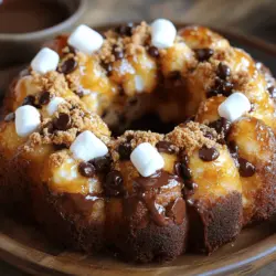 Für das perfekte S'mores Monkey Bread benötigen wir einige wichtige Zutaten. Diese Zutaten bringen den süßen, schokoladigen Geschmack, den wir lieben. Hier sind die Hauptzutaten: - 2 Dosen gekühlte Teigstücke (je 465 g) - 1 Tasse Mini-Marshmallows - 1 Tasse halbbittere Schokoladenstückchen - 1/2 Tasse zerbröselte Graham-Cracker - 1/2 Tasse ungesalzene Butter, geschmolzen - 3/4 Tasse brauner Zucker, fest gepackt - 1 Teelöffel Vanilleextrakt - Prise Salz Diese Zutaten sorgen für die perfekte Mischung aus Textur und Geschmack. Die Kombination von schmelzender Schokolade und süßen Marshmallows macht jeden Bissen besonders. Manchmal haben wir nicht alle Zutaten zur Hand. Hier sind einige Alternativen, die gut funktionieren: - Statt halbbitterer Schokolade können Sie Vollmilchschokolade verwenden. - Für eine gesunde Option nutzen Sie Zartbitterschokolade. - Wenn Sie keinen Graham-Cracker haben, können Sie Kekse oder zerbröselte Kekse verwenden. - Verwenden Sie Kokosöl anstelle von Butter, um eine milchfreie Version zu machen. Diese Alternativen helfen Ihnen, das Rezept anzupassen. So bleibt der Spaß beim Backen erhalten, auch wenn Sie nicht alles zur Hand haben. Möchten Sie Ihr S'mores Monkey Bread aufpeppen? Hier sind einige Ideen für zusätzliche Zutaten: - Fügen Sie Nüsse für einen knusprigen Biss hinzu. - Verwenden Sie eine Prise Zimt für mehr Geschmack. - Probieren Sie Erdnussbutter oder Nutella für eine cremige Note. - Frische Früchte wie Bananen oder Erdbeeren können eine leckere Abwechslung bieten. Mit diesen zusätzlichen Zutaten können Sie Ihr S'mores Monkey Bread einzigartig machen. Seien Sie kreativ und experimentieren Sie mit verschiedenen Geschmäckern. Zuerst heizen Sie Ihren Ofen auf 175 °C vor. Fetten Sie eine 25 cm große Gugelhupfform gut ein. Nehmen Sie eine mittelgroße Schüssel und mischen Sie dort geschmolzene Butter, braunen Zucker und Vanilleextrakt. Rühren Sie, bis die Mischung glatt ist. Öffnen Sie die Dosen mit den Teigstücken und schneiden Sie jedes Stück in Viertel. In einer anderen Schüssel mischen Sie die Teigstücke mit der Hälfte der zerbröselten Graham-Cracker und einer Prise Salz. Mischen Sie alles gut, bis die Stücke gleichmäßig bedeckt sind. Tauchen Sie jedes Teigstück in die Buttermischung. Schichten Sie die Stücke in die Gugelhupfform. Streuen Sie zwischen den Schichten Mini-Marshmallows und Schokoladenstückchen. Wenn die Hälfte der Teigstücke in der Form ist, legen Sie eine Schicht der restlichen Graham-Cracker oben drauf. Fügen Sie die restlichen Teigstücke hinzu, zusammen mit den restlichen Marshmallows und Schokoladenstückchen. Gießen Sie die restliche Buttermischung über die oberste Schicht. Backen Sie das Brot für 30-35 Minuten, bis es goldbraun ist. Lassen Sie das S'mores Monkey Bread etwa 10-15 Minuten abkühlen. Stürzen Sie es dann auf einen Servierteller. Damit es noch besser aussieht, bestäuben Sie das Brot leicht mit zusätzlichen zerbröselten Graham-Crackern. Servieren Sie es warm mit einer extra Schokoladensauce zum Dippen. Genießen Sie diese süße, klebrige Köstlichkeit! Beim Backen von S'mores Monkey Bread gibt es ein paar Fehler, die man leicht vermeiden kann. - Zu viel Butter verwenden: Die Mischung sollte feucht, aber nicht schwimmend sein. - Teigstücke zu groß schneiden: Kleinere Stücke backen gleichmäßiger und sind leichter zu teilen. - Nicht genug Marshmallows: Diese sind wichtig für den S'mores-Geschmack. Fügen Sie genug hinzu! Um das beste S'mores Monkey Bread zu machen, sollten Sie einige Tricks beachten: - Gleichmäßiges Schichten: Achten Sie darauf, die Zutaten gleichmäßig zu schichten. So verteilt sich der Geschmack gut. - Graham-Cracker gut zerbröseln: Die Krümel sollten fein sein. So haften sie besser an den Teigstücken. - Ofen vorheizen: Ein vorgeheizter Ofen sorgt für gleichmäßiges Backen. Schieben Sie das Brot erst hinein, wenn die Temperatur stimmt. Die Backzeit kann variieren. Hier sind einige Tipps zur Anpassung: - Dicke des Teigs: Wenn Sie mehr Teig verwenden, erhöhen Sie die Backzeit um 5-10 Minuten. - Ofentyp: Ein Umluftofen kann die Backzeit verkürzen. Überprüfen Sie das Brot früher. - Goldbraune Farbe: Achten Sie darauf, dass das Brot goldbraun ist. Machen Sie den Zahnstochertest, um sicherzustellen, dass es durchgebacken ist. Wenn Sie diese Tipps und Tricks befolgen, wird Ihr S'mores Monkey Bread sicher ein Hit! Für das vollständige Rezept schauen Sie sich bitte die Full Recipe an. {{image_4}} S'mores Monkey Bread hat viel Raum für Schokolade. Du kannst verschiedene Sorten nutzen, wie: - Vollmilchschokolade - Weiße Schokolade - Dunkle Schokolade Jede Sorte bringt ihren eigenen Geschmack. Probiere die Kombinationen aus, um deine Lieblingsversion zu finden. Für eine glutenfreie Variante kannst du glutenfreie Teigstücke verwenden. Diese gibt es in vielen Läden. Achte darauf, dass auch die Graham-Cracker glutenfrei sind. So bleibt der Geschmack gleich, aber du kannst das Brot genießen, ohne Sorgen. Lass deiner Kreativität freien Lauf! Hier sind einige Ideen, die dein S'mores Monkey Bread noch besser machen: - Erdnussbutter oder Mandelbutter für einen nussigen Geschmack - Bananenstücke für zusätzliche Süße - Karamellsoße für mehr Klebrigkeit und Geschmack Diese Optionen machen dein Monkey Bread einzigartig und lecker. Wenn du mehr Vorschläge haben möchtest, schau dir die Full Recipe an. Wenn Sie S'mores Monkey Bread übrig haben, lagern Sie es in einem luftdichten Behälter. So bleibt es frisch und lecker. Stellen Sie sicher, dass der Behälter gut verschlossen ist, um Luft und Feuchtigkeit fernzuhalten. Bei richtiger Lagerung hält es sich bis zu drei Tage. Um die Frische zu wahren, erwärmen Sie die Stücke vor dem Servieren. Nutzen Sie dazu die Mikrowelle oder den Ofen. Erhitzen Sie es nur kurz, damit es nicht austrocknet. Ein kleiner Spritzer Wasser in der Mikrowelle hilft, die Feuchtigkeit zu bewahren. Für längere Lagerung können Sie das S'mores Monkey Bread einfrieren. Schneiden Sie es in Portionen und wickeln Sie jede Portion in Frischhaltefolie. Legen Sie die Portionen in einen Gefrierbeutel. Beim Auftauen lassen Sie es über Nacht im Kühlschrank. Vor dem Servieren können Sie es im Ofen aufwärmen. So bleibt der Geschmack schön erhalten. Für das vollständige Rezept besuchen Sie die [Full Recipe]. Die Zubereitungszeit für S'mores Monkey Bread beträgt etwa 15 Minuten. Das Backen dauert 30 bis 35 Minuten. Insgesamt sind es also etwa 45 Minuten. Das ist schnell und einfach! Nein, S'mores Monkey Bread ist nicht schwierig. Es erfordert nur grundlegende Kochfähigkeiten. Jeder kann es machen! Mit ein wenig Aufmerksamkeit können Sie ein köstliches Ergebnis erzielen. Folgen Sie einfach dem Rezept, und Sie haben es schnell geschafft. Servieren Sie das Monkey Bread warm. Das macht es besonders lecker. Fügen Sie einen Hauch von zerbröselten Graham-Crackern oben hinzu. Das sieht toll aus! Eine Schokoladensauce zum Dippen passt perfekt. So wird jeder Bissen noch besser. S'mores Monkey Bread ist ein leckeres und spaßiges Rezept. Wir haben die Hauptzutaten, Alternativen und zusätzliche Varianten erkundet. Die Schritt-für-Schritt-Anleitung hilft dir, das Gebäck einfach zuzubereiten. Wir haben Tipps gegeben, um häufige Fehler zu vermeiden und die perfekte Backzeit zu finden. Variationen bieten dir kreative Möglichkeiten, um dein Monkey Bread zu verändern. Denke immer an die Aufbewahrung, um die Frische zu sichern. Jetzt bist du bereit, S'mores Monkey Bread zu machen und deine Familie zu beeindrucken!