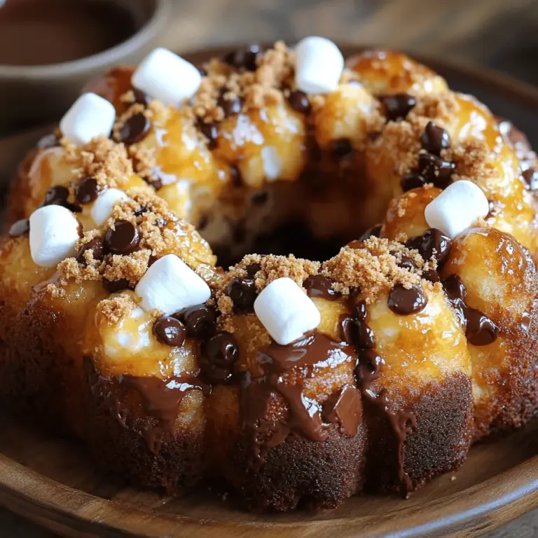 Für das perfekte S'mores Monkey Bread benötigen wir einige wichtige Zutaten. Diese Zutaten bringen den süßen, schokoladigen Geschmack, den wir lieben. Hier sind die Hauptzutaten: - 2 Dosen gekühlte Teigstücke (je 465 g) - 1 Tasse Mini-Marshmallows - 1 Tasse halbbittere Schokoladenstückchen - 1/2 Tasse zerbröselte Graham-Cracker - 1/2 Tasse ungesalzene Butter, geschmolzen - 3/4 Tasse brauner Zucker, fest gepackt - 1 Teelöffel Vanilleextrakt - Prise Salz Diese Zutaten sorgen für die perfekte Mischung aus Textur und Geschmack. Die Kombination von schmelzender Schokolade und süßen Marshmallows macht jeden Bissen besonders. Manchmal haben wir nicht alle Zutaten zur Hand. Hier sind einige Alternativen, die gut funktionieren: - Statt halbbitterer Schokolade können Sie Vollmilchschokolade verwenden. - Für eine gesunde Option nutzen Sie Zartbitterschokolade. - Wenn Sie keinen Graham-Cracker haben, können Sie Kekse oder zerbröselte Kekse verwenden. - Verwenden Sie Kokosöl anstelle von Butter, um eine milchfreie Version zu machen. Diese Alternativen helfen Ihnen, das Rezept anzupassen. So bleibt der Spaß beim Backen erhalten, auch wenn Sie nicht alles zur Hand haben. Möchten Sie Ihr S'mores Monkey Bread aufpeppen? Hier sind einige Ideen für zusätzliche Zutaten: - Fügen Sie Nüsse für einen knusprigen Biss hinzu. - Verwenden Sie eine Prise Zimt für mehr Geschmack. - Probieren Sie Erdnussbutter oder Nutella für eine cremige Note. - Frische Früchte wie Bananen oder Erdbeeren können eine leckere Abwechslung bieten. Mit diesen zusätzlichen Zutaten können Sie Ihr S'mores Monkey Bread einzigartig machen. Seien Sie kreativ und experimentieren Sie mit verschiedenen Geschmäckern. Zuerst heizen Sie Ihren Ofen auf 175 °C vor. Fetten Sie eine 25 cm große Gugelhupfform gut ein. Nehmen Sie eine mittelgroße Schüssel und mischen Sie dort geschmolzene Butter, braunen Zucker und Vanilleextrakt. Rühren Sie, bis die Mischung glatt ist. Öffnen Sie die Dosen mit den Teigstücken und schneiden Sie jedes Stück in Viertel. In einer anderen Schüssel mischen Sie die Teigstücke mit der Hälfte der zerbröselten Graham-Cracker und einer Prise Salz. Mischen Sie alles gut, bis die Stücke gleichmäßig bedeckt sind. Tauchen Sie jedes Teigstück in die Buttermischung. Schichten Sie die Stücke in die Gugelhupfform. Streuen Sie zwischen den Schichten Mini-Marshmallows und Schokoladenstückchen. Wenn die Hälfte der Teigstücke in der Form ist, legen Sie eine Schicht der restlichen Graham-Cracker oben drauf. Fügen Sie die restlichen Teigstücke hinzu, zusammen mit den restlichen Marshmallows und Schokoladenstückchen. Gießen Sie die restliche Buttermischung über die oberste Schicht. Backen Sie das Brot für 30-35 Minuten, bis es goldbraun ist. Lassen Sie das S'mores Monkey Bread etwa 10-15 Minuten abkühlen. Stürzen Sie es dann auf einen Servierteller. Damit es noch besser aussieht, bestäuben Sie das Brot leicht mit zusätzlichen zerbröselten Graham-Crackern. Servieren Sie es warm mit einer extra Schokoladensauce zum Dippen. Genießen Sie diese süße, klebrige Köstlichkeit! Beim Backen von S'mores Monkey Bread gibt es ein paar Fehler, die man leicht vermeiden kann. - Zu viel Butter verwenden: Die Mischung sollte feucht, aber nicht schwimmend sein. - Teigstücke zu groß schneiden: Kleinere Stücke backen gleichmäßiger und sind leichter zu teilen. - Nicht genug Marshmallows: Diese sind wichtig für den S'mores-Geschmack. Fügen Sie genug hinzu! Um das beste S'mores Monkey Bread zu machen, sollten Sie einige Tricks beachten: - Gleichmäßiges Schichten: Achten Sie darauf, die Zutaten gleichmäßig zu schichten. So verteilt sich der Geschmack gut. - Graham-Cracker gut zerbröseln: Die Krümel sollten fein sein. So haften sie besser an den Teigstücken. - Ofen vorheizen: Ein vorgeheizter Ofen sorgt für gleichmäßiges Backen. Schieben Sie das Brot erst hinein, wenn die Temperatur stimmt. Die Backzeit kann variieren. Hier sind einige Tipps zur Anpassung: - Dicke des Teigs: Wenn Sie mehr Teig verwenden, erhöhen Sie die Backzeit um 5-10 Minuten. - Ofentyp: Ein Umluftofen kann die Backzeit verkürzen. Überprüfen Sie das Brot früher. - Goldbraune Farbe: Achten Sie darauf, dass das Brot goldbraun ist. Machen Sie den Zahnstochertest, um sicherzustellen, dass es durchgebacken ist. Wenn Sie diese Tipps und Tricks befolgen, wird Ihr S'mores Monkey Bread sicher ein Hit! Für das vollständige Rezept schauen Sie sich bitte die Full Recipe an. {{image_4}} S'mores Monkey Bread hat viel Raum für Schokolade. Du kannst verschiedene Sorten nutzen, wie: - Vollmilchschokolade - Weiße Schokolade - Dunkle Schokolade Jede Sorte bringt ihren eigenen Geschmack. Probiere die Kombinationen aus, um deine Lieblingsversion zu finden. Für eine glutenfreie Variante kannst du glutenfreie Teigstücke verwenden. Diese gibt es in vielen Läden. Achte darauf, dass auch die Graham-Cracker glutenfrei sind. So bleibt der Geschmack gleich, aber du kannst das Brot genießen, ohne Sorgen. Lass deiner Kreativität freien Lauf! Hier sind einige Ideen, die dein S'mores Monkey Bread noch besser machen: - Erdnussbutter oder Mandelbutter für einen nussigen Geschmack - Bananenstücke für zusätzliche Süße - Karamellsoße für mehr Klebrigkeit und Geschmack Diese Optionen machen dein Monkey Bread einzigartig und lecker. Wenn du mehr Vorschläge haben möchtest, schau dir die Full Recipe an. Wenn Sie S'mores Monkey Bread übrig haben, lagern Sie es in einem luftdichten Behälter. So bleibt es frisch und lecker. Stellen Sie sicher, dass der Behälter gut verschlossen ist, um Luft und Feuchtigkeit fernzuhalten. Bei richtiger Lagerung hält es sich bis zu drei Tage. Um die Frische zu wahren, erwärmen Sie die Stücke vor dem Servieren. Nutzen Sie dazu die Mikrowelle oder den Ofen. Erhitzen Sie es nur kurz, damit es nicht austrocknet. Ein kleiner Spritzer Wasser in der Mikrowelle hilft, die Feuchtigkeit zu bewahren. Für längere Lagerung können Sie das S'mores Monkey Bread einfrieren. Schneiden Sie es in Portionen und wickeln Sie jede Portion in Frischhaltefolie. Legen Sie die Portionen in einen Gefrierbeutel. Beim Auftauen lassen Sie es über Nacht im Kühlschrank. Vor dem Servieren können Sie es im Ofen aufwärmen. So bleibt der Geschmack schön erhalten. Für das vollständige Rezept besuchen Sie die [Full Recipe]. Die Zubereitungszeit für S'mores Monkey Bread beträgt etwa 15 Minuten. Das Backen dauert 30 bis 35 Minuten. Insgesamt sind es also etwa 45 Minuten. Das ist schnell und einfach! Nein, S'mores Monkey Bread ist nicht schwierig. Es erfordert nur grundlegende Kochfähigkeiten. Jeder kann es machen! Mit ein wenig Aufmerksamkeit können Sie ein köstliches Ergebnis erzielen. Folgen Sie einfach dem Rezept, und Sie haben es schnell geschafft. Servieren Sie das Monkey Bread warm. Das macht es besonders lecker. Fügen Sie einen Hauch von zerbröselten Graham-Crackern oben hinzu. Das sieht toll aus! Eine Schokoladensauce zum Dippen passt perfekt. So wird jeder Bissen noch besser. S'mores Monkey Bread ist ein leckeres und spaßiges Rezept. Wir haben die Hauptzutaten, Alternativen und zusätzliche Varianten erkundet. Die Schritt-für-Schritt-Anleitung hilft dir, das Gebäck einfach zuzubereiten. Wir haben Tipps gegeben, um häufige Fehler zu vermeiden und die perfekte Backzeit zu finden. Variationen bieten dir kreative Möglichkeiten, um dein Monkey Bread zu verändern. Denke immer an die Aufbewahrung, um die Frische zu sichern. Jetzt bist du bereit, S'mores Monkey Bread zu machen und deine Familie zu beeindrucken!