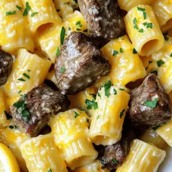 - 450 g Sirloin Steak, in mundgerechte Würfel geschnitten - 225 g Rigatoni-Nudeln - 240 ml Sahne - 100 g geriebener herzhaft-reifer Cheddar-Käse - 50 g geriebener Parmesan Das Sirloin Steak ist zart und voller Geschmack. Es passt perfekt zu den Rigatoni. Diese Nudeln haben eine tolle Form, die die Sauce gut hält. Die Mischung aus Cheddar und Parmesan sorgt für eine cremige Konsistenz. - 4 Knoblauchzehen, fein gehackt - 1 Teelöffel frischer Rosmarin, gehackt - 1 Teelöffel frischer Thymian, gehackt - Salz und Pfeffer nach Geschmack Knoblauch bringt einen wunderbaren Geschmack. Die Kräuter Rosmarin und Thymian geben Tiefe und Aroma. Salz und Pfeffer sind wichtig, um alles abzurunden. - 1/4 Tasse frische Petersilie, gehackt - Zitronenspalten zum Servieren Die frische Petersilie bringt Farbe und Frische. Zitronenspalten geben einen leichten, spritzigen Geschmack. Dieser Kontrast macht das Gericht lebendig. Für die vollständige Rezeptur, schau dir die "Full Recipe" Sektion an. Zuerst bringst du einen großen Topf mit gesalzenem Wasser zum Kochen. Das Wasser sollte sprudelnd sein, um die Rigatoni gleichmäßig zu garen. Gib die Rigatoni hinein und koche sie nach den Anweisungen auf der Verpackung. Achte darauf, dass sie al dente sind. Wenn sie fertig sind, gieße die Nudeln ab, aber behalte etwa 120 ml des Nudelwassers. Das ist wichtig für die Sauce. In der Zwischenzeit erhitze 2 Esslöffel Butter in einer großen Pfanne bei mittelhoher Hitze. Während die Butter schmilzt, würze die Steakwürfel mit Salz und Pfeffer. Lege die Steakwürfel in die Pfanne und verteile sie in einer einzigen Schicht. Brate das Steak etwa 3 bis 4 Minuten auf jeder Seite, bis es schön braun ist. Nimm das Steak aus der Pfanne und stelle es beiseite. Reduziere die Hitze in der Pfanne auf mittlere Temperatur und füge die restlichen 2 Esslöffel Butter hinzu. Sobald die Butter geschmolzen ist, gib den gehackten Knoblauch, Rosmarin und Thymian dazu. Sautiere alles für etwa 1 Minute. Du wirst die köstlichen Aromen sofort merken. Gieße die Sahne in die Pfanne und bringe sie leicht zum Simmern. Füge dann den geriebenen Cheddar und Parmesan hinzu. Rühre stetig, bis die Käsesauce geschmolzen und glatt ist. Wenn die Sauce zu dick erscheint, füge etwas von dem aufbewahrten Nudelwasser hinzu. So erreichst du die perfekte Konsistenz. Jetzt ist es Zeit, alles zusammenzuführen. Gib die abgetropften Rigatoni und die angebratenen Steakwürfel zurück in die Pfanne mit der Käsesauce. Mische alles vorsichtig, bis die Rigatoni gleichmäßig mit der Sauce bedeckt sind. Schmecke die Mischung ab und füge nach Bedarf mehr Salz und Pfeffer hinzu. Um das Gericht schön zu präsentieren, richte die Steak-Rigatoni-Mischung auf Tellern an. Streue die gehackte Petersilie darüber. Serviere Zitronenspalten an der Seite. Diese bringen einen frischen Akzent und machen das Gericht noch spannender. Um das Steak perfekt zuzubereiten, achte auf die Garstufe. Für medium rare brate die Steakwürfel drei bis vier Minuten auf jeder Seite. Nutze ein Fleischthermometer, um sicherzustellen, dass die Innentemperatur etwa 57°C erreicht. Wenn du das Steak marinieren möchtest, probiere eine Mischung aus Olivenöl, Knoblauch und Sojasauce. Lass das Steak mindestens 30 Minuten marinieren, damit die Aromen einziehen. Die Käsesauce kann leicht angepasst werden. Du kannst verschiedene Käsesorten verwenden, um den Geschmack zu verändern. Versuche Gruyère oder Gouda für einen anderen Kick. Wenn die Sauce zu dick ist, füge etwas von dem Nudelwasser hinzu. Das hilft, die Konsistenz zu verbessern und macht die Sauce cremiger. Für Beilagen empfehle ich einen einfachen grünen Salat oder geröstetes Gemüse. Diese Beilagen ergänzen das Gericht gut, ohne es zu überladen. Wenn es um Getränke geht, passt ein leichter Rotwein wie Pinot Noir perfekt dazu. Ein frischer Sprudel hilft ebenfalls, die Aromen gut auszubalancieren. {{image_4}} Du kannst dein Gericht kreativ anpassen. Füge Gemüse wie Brokkoli oder Paprika hinzu. Das gibt Farbe und Nährstoffe. Du kannst auch andere Fleischsorten probieren. Hähnchenbrust oder Schweinefilet sind tolle Alternativen. Diese Optionen machen das Gericht interessant und lecker. Wenn du glutenfrei essen musst, gibt es einfache Lösungen. Wähle glutenfreie Rigatoni. Diese Nudeln schmecken gut und sind einfach zu finden. Achte darauf, dass alle anderen Zutaten ebenfalls glutenfrei sind. So bleibt dein Gericht für alle geeignet. Für vegane Varianten kannst du pflanzenbasierte Produkte verwenden. Nutze pflanzlichen Käse und Sahne. Diese Optionen sind oft cremig und lecker. Sie geben dem Gericht den gleichen reichen Geschmack. So können auch Veganer die Freude an diesem Rezept erleben. Wie lange hält das Gericht im Kühlschrank? Garlic Butter Steak Tips mit Cheesy Rigatoni bleibt im Kühlschrank etwa 3 bis 4 Tage frisch. Achte darauf, das Gericht in einem luftdichten Behälter zu lagern. Tipps zur Lagerung: - Lass das Gericht abkühlen, bevor du es in den Kühlschrank stellst. - Teile die Portionen auf, um die Kühlung zu verbessern. - Beschrifte den Behälter mit dem Datum, um die Frische im Blick zu behalten. Anleitungen zum Einfrieren: Du kannst die Steak Tips und die Käsesauce zusammen einfrieren. Teile das Gericht in Portionen auf und verwende gefriergeeignete Behälter. Auftau- und Erwärmungstipps: - Lasse das Gericht über Nacht im Kühlschrank auftauen. - Erhitze es in der Mikrowelle oder auf dem Herd. Füge etwas Wasser oder Sahne hinzu, um die Konsistenz zu verbessern. Beste Methoden zum Aufwärmen des Gerichts: - Nutze die Mikrowelle für schnelles Aufwärmen. Stelle die Leistung auf mittlere Stufe ein. - Auf dem Herd erhitzen: Gib das Gericht in eine Pfanne und erwärme es bei niedriger Hitze. Rühre regelmäßig um, damit es gleichmäßig warm wird. Diese Tipps helfen dir, dein Garlic Butter Steak Tips mit Cheesy Rigatoni frisch und lecker zu halten. Ja, das Rezept ist einfach. Es hat nur wenige Schritte. Jeder kann es machen. Die Zutaten sind leicht zu finden. Die Zubereitung dauert nicht lange. Du brauchst insgesamt nur 30 Minuten. Perfekt für ein schnelles Abendessen. Um das Steak perfekt zu garen, achte auf die Zeit. Brate es 3-4 Minuten pro Seite. Benutze ein Fleischthermometer für beste Ergebnisse. Medium-Rare ist bei 57 Grad Celsius. Lass das Steak nach dem Braten ruhen. So bleibt der Saft im Fleisch. Ja, du kannst andere Nudelsorten verwenden. Penne oder Farfalle passen gut. Diese Formen halten die Sauce gut. Auch Spaghetti sind eine Option, aber die Textur ist anders. Achte darauf, die Kochzeit anzupassen. Ein roter Wein ist ideal. Cabernet Sauvignon passt gut zu Steak. Merlot ist eine weitere gute Wahl. Wenn du Weißwein magst, versuche Chardonnay. Beide Weine ergänzen den Käse und die Aromen. Du kannst die vollständige Rezeptur in der "Full Recipe" Sektion finden. Dort sind alle Schritte und Zutaten aufgelistet. So kannst du das Gericht einfach nachkochen. Dieses Rezept für Garlic Butter Steak Tips mit Cheesy Rigatoni ist einfach und lecker. Wir haben die Hauptzutaten und die Gewürze besprochen, die du brauchst. Auch der ganze Kochprozess war klar, von der Vorbereitung der Nudeln bis zum Anrichten. Denke daran, deine Käsesauce nach deinem Geschmack anzupassen. Variiere die Zutaten, um das Gericht aufregend zu halten. Lagere die Reste gut, damit du sie später genießen kannst. Viel Spaß beim Kochen und Entdecken neuer Varianten!