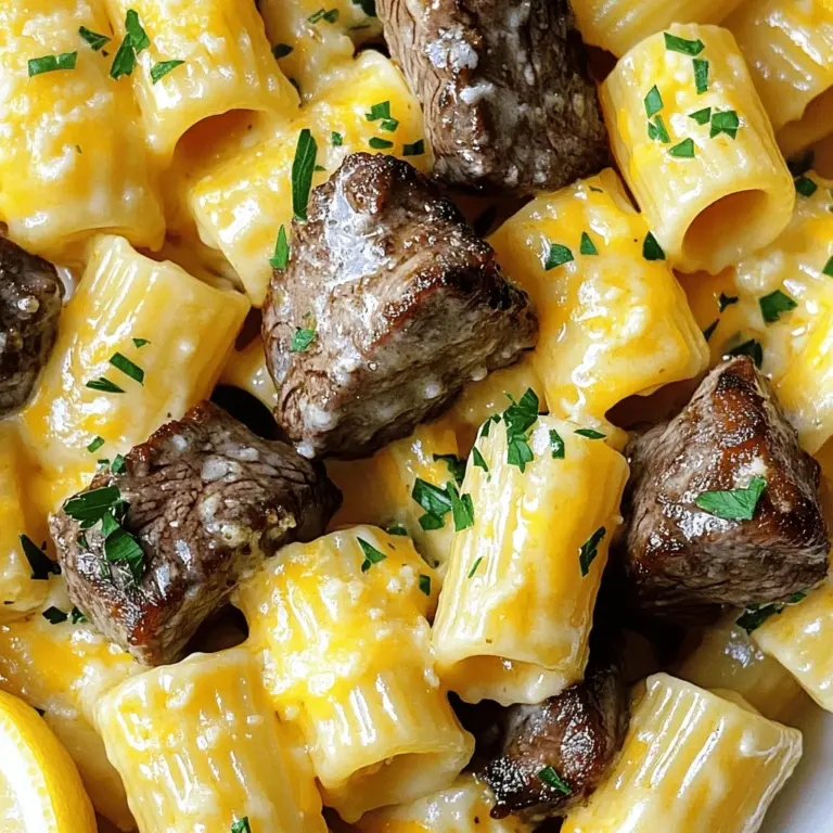 - 450 g Sirloin Steak, in mundgerechte Würfel geschnitten - 225 g Rigatoni-Nudeln - 240 ml Sahne - 100 g geriebener herzhaft-reifer Cheddar-Käse - 50 g geriebener Parmesan Das Sirloin Steak ist zart und voller Geschmack. Es passt perfekt zu den Rigatoni. Diese Nudeln haben eine tolle Form, die die Sauce gut hält. Die Mischung aus Cheddar und Parmesan sorgt für eine cremige Konsistenz. - 4 Knoblauchzehen, fein gehackt - 1 Teelöffel frischer Rosmarin, gehackt - 1 Teelöffel frischer Thymian, gehackt - Salz und Pfeffer nach Geschmack Knoblauch bringt einen wunderbaren Geschmack. Die Kräuter Rosmarin und Thymian geben Tiefe und Aroma. Salz und Pfeffer sind wichtig, um alles abzurunden. - 1/4 Tasse frische Petersilie, gehackt - Zitronenspalten zum Servieren Die frische Petersilie bringt Farbe und Frische. Zitronenspalten geben einen leichten, spritzigen Geschmack. Dieser Kontrast macht das Gericht lebendig. Für die vollständige Rezeptur, schau dir die "Full Recipe" Sektion an. Zuerst bringst du einen großen Topf mit gesalzenem Wasser zum Kochen. Das Wasser sollte sprudelnd sein, um die Rigatoni gleichmäßig zu garen. Gib die Rigatoni hinein und koche sie nach den Anweisungen auf der Verpackung. Achte darauf, dass sie al dente sind. Wenn sie fertig sind, gieße die Nudeln ab, aber behalte etwa 120 ml des Nudelwassers. Das ist wichtig für die Sauce. In der Zwischenzeit erhitze 2 Esslöffel Butter in einer großen Pfanne bei mittelhoher Hitze. Während die Butter schmilzt, würze die Steakwürfel mit Salz und Pfeffer. Lege die Steakwürfel in die Pfanne und verteile sie in einer einzigen Schicht. Brate das Steak etwa 3 bis 4 Minuten auf jeder Seite, bis es schön braun ist. Nimm das Steak aus der Pfanne und stelle es beiseite. Reduziere die Hitze in der Pfanne auf mittlere Temperatur und füge die restlichen 2 Esslöffel Butter hinzu. Sobald die Butter geschmolzen ist, gib den gehackten Knoblauch, Rosmarin und Thymian dazu. Sautiere alles für etwa 1 Minute. Du wirst die köstlichen Aromen sofort merken. Gieße die Sahne in die Pfanne und bringe sie leicht zum Simmern. Füge dann den geriebenen Cheddar und Parmesan hinzu. Rühre stetig, bis die Käsesauce geschmolzen und glatt ist. Wenn die Sauce zu dick erscheint, füge etwas von dem aufbewahrten Nudelwasser hinzu. So erreichst du die perfekte Konsistenz. Jetzt ist es Zeit, alles zusammenzuführen. Gib die abgetropften Rigatoni und die angebratenen Steakwürfel zurück in die Pfanne mit der Käsesauce. Mische alles vorsichtig, bis die Rigatoni gleichmäßig mit der Sauce bedeckt sind. Schmecke die Mischung ab und füge nach Bedarf mehr Salz und Pfeffer hinzu. Um das Gericht schön zu präsentieren, richte die Steak-Rigatoni-Mischung auf Tellern an. Streue die gehackte Petersilie darüber. Serviere Zitronenspalten an der Seite. Diese bringen einen frischen Akzent und machen das Gericht noch spannender. Um das Steak perfekt zuzubereiten, achte auf die Garstufe. Für medium rare brate die Steakwürfel drei bis vier Minuten auf jeder Seite. Nutze ein Fleischthermometer, um sicherzustellen, dass die Innentemperatur etwa 57°C erreicht. Wenn du das Steak marinieren möchtest, probiere eine Mischung aus Olivenöl, Knoblauch und Sojasauce. Lass das Steak mindestens 30 Minuten marinieren, damit die Aromen einziehen. Die Käsesauce kann leicht angepasst werden. Du kannst verschiedene Käsesorten verwenden, um den Geschmack zu verändern. Versuche Gruyère oder Gouda für einen anderen Kick. Wenn die Sauce zu dick ist, füge etwas von dem Nudelwasser hinzu. Das hilft, die Konsistenz zu verbessern und macht die Sauce cremiger. Für Beilagen empfehle ich einen einfachen grünen Salat oder geröstetes Gemüse. Diese Beilagen ergänzen das Gericht gut, ohne es zu überladen. Wenn es um Getränke geht, passt ein leichter Rotwein wie Pinot Noir perfekt dazu. Ein frischer Sprudel hilft ebenfalls, die Aromen gut auszubalancieren. {{image_4}} Du kannst dein Gericht kreativ anpassen. Füge Gemüse wie Brokkoli oder Paprika hinzu. Das gibt Farbe und Nährstoffe. Du kannst auch andere Fleischsorten probieren. Hähnchenbrust oder Schweinefilet sind tolle Alternativen. Diese Optionen machen das Gericht interessant und lecker. Wenn du glutenfrei essen musst, gibt es einfache Lösungen. Wähle glutenfreie Rigatoni. Diese Nudeln schmecken gut und sind einfach zu finden. Achte darauf, dass alle anderen Zutaten ebenfalls glutenfrei sind. So bleibt dein Gericht für alle geeignet. Für vegane Varianten kannst du pflanzenbasierte Produkte verwenden. Nutze pflanzlichen Käse und Sahne. Diese Optionen sind oft cremig und lecker. Sie geben dem Gericht den gleichen reichen Geschmack. So können auch Veganer die Freude an diesem Rezept erleben. Wie lange hält das Gericht im Kühlschrank? Garlic Butter Steak Tips mit Cheesy Rigatoni bleibt im Kühlschrank etwa 3 bis 4 Tage frisch. Achte darauf, das Gericht in einem luftdichten Behälter zu lagern. Tipps zur Lagerung: - Lass das Gericht abkühlen, bevor du es in den Kühlschrank stellst. - Teile die Portionen auf, um die Kühlung zu verbessern. - Beschrifte den Behälter mit dem Datum, um die Frische im Blick zu behalten. Anleitungen zum Einfrieren: Du kannst die Steak Tips und die Käsesauce zusammen einfrieren. Teile das Gericht in Portionen auf und verwende gefriergeeignete Behälter. Auftau- und Erwärmungstipps: - Lasse das Gericht über Nacht im Kühlschrank auftauen. - Erhitze es in der Mikrowelle oder auf dem Herd. Füge etwas Wasser oder Sahne hinzu, um die Konsistenz zu verbessern. Beste Methoden zum Aufwärmen des Gerichts: - Nutze die Mikrowelle für schnelles Aufwärmen. Stelle die Leistung auf mittlere Stufe ein. - Auf dem Herd erhitzen: Gib das Gericht in eine Pfanne und erwärme es bei niedriger Hitze. Rühre regelmäßig um, damit es gleichmäßig warm wird. Diese Tipps helfen dir, dein Garlic Butter Steak Tips mit Cheesy Rigatoni frisch und lecker zu halten. Ja, das Rezept ist einfach. Es hat nur wenige Schritte. Jeder kann es machen. Die Zutaten sind leicht zu finden. Die Zubereitung dauert nicht lange. Du brauchst insgesamt nur 30 Minuten. Perfekt für ein schnelles Abendessen. Um das Steak perfekt zu garen, achte auf die Zeit. Brate es 3-4 Minuten pro Seite. Benutze ein Fleischthermometer für beste Ergebnisse. Medium-Rare ist bei 57 Grad Celsius. Lass das Steak nach dem Braten ruhen. So bleibt der Saft im Fleisch. Ja, du kannst andere Nudelsorten verwenden. Penne oder Farfalle passen gut. Diese Formen halten die Sauce gut. Auch Spaghetti sind eine Option, aber die Textur ist anders. Achte darauf, die Kochzeit anzupassen. Ein roter Wein ist ideal. Cabernet Sauvignon passt gut zu Steak. Merlot ist eine weitere gute Wahl. Wenn du Weißwein magst, versuche Chardonnay. Beide Weine ergänzen den Käse und die Aromen. Du kannst die vollständige Rezeptur in der "Full Recipe" Sektion finden. Dort sind alle Schritte und Zutaten aufgelistet. So kannst du das Gericht einfach nachkochen. Dieses Rezept für Garlic Butter Steak Tips mit Cheesy Rigatoni ist einfach und lecker. Wir haben die Hauptzutaten und die Gewürze besprochen, die du brauchst. Auch der ganze Kochprozess war klar, von der Vorbereitung der Nudeln bis zum Anrichten. Denke daran, deine Käsesauce nach deinem Geschmack anzupassen. Variiere die Zutaten, um das Gericht aufregend zu halten. Lagere die Reste gut, damit du sie später genießen kannst. Viel Spaß beim Kochen und Entdecken neuer Varianten!