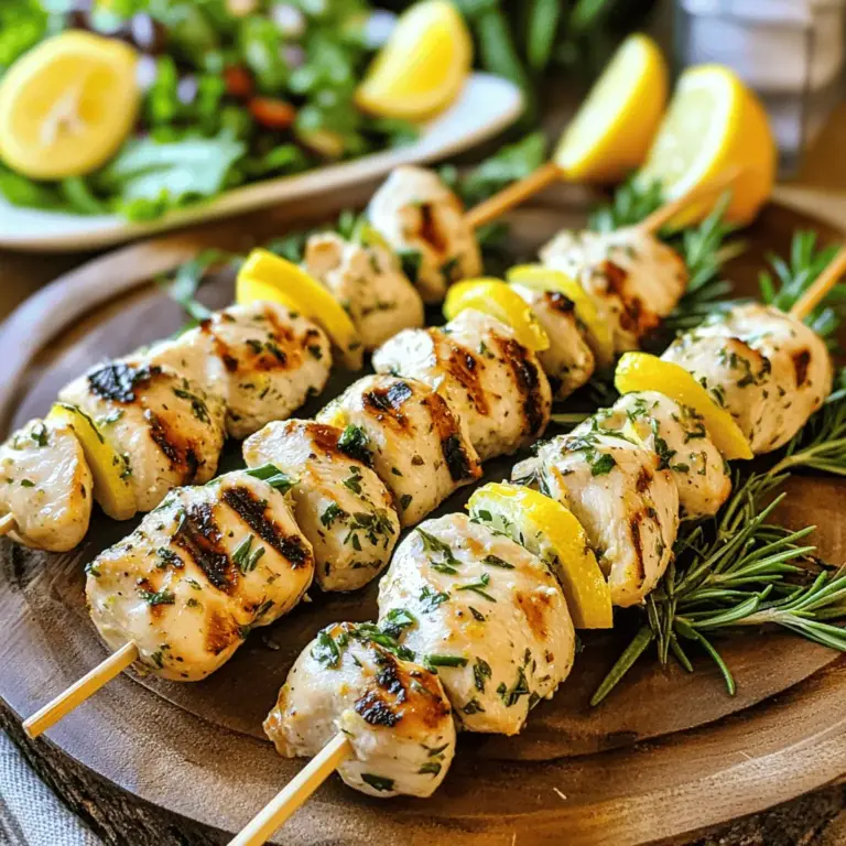 Für die köstlichen Zitronen-Knoblauch-Kräuter-Hähnchenspieße brauchen wir einige einfache Zutaten. Hier sind die Hauptbestandteile: - 680 g Hähnchenbrustfilets ohne Haut und Knochen, in 2,5 cm große Würfel geschnitten - 3 Esslöffel Olivenöl - 2 Esslöffel frischer Zitronensaft - Abrieb von 1 Zitrone - 4 Knoblauchzehen, fein gehackt - 1 Esslöffel frischer Rosmarin, gehackt - 1 Esslöffel frische Petersilie, gehackt - 1 Teelöffel getrockneter Oregano - Salz und Pfeffer nach Geschmack Diese Zutaten sorgen für ein tolles Aroma und machen das Gericht frisch und lecker. Die Marinade ist der Schlüssel zu saftigem Hähnchen. Ich mische Olivenöl, Zitronensaft, Zitronenabrieb, Knoblauch, Rosmarin, Petersilie, Oregano, Salz und Pfeffer. Diese Mischung gibt dem Hähnchen viel Geschmack. Du solltest das Hähnchen mindestens 30 Minuten marinieren. Länger ist besser, um die Aromen tief eindringen zu lassen. Für die Zubereitung benötigst du Spieße und einen Grill. Du kannst Holz- oder Metallspieße verwenden. Wenn du Holzspieße nimmst, solltest du sie vorher 30 Minuten in Wasser einweichen. Dies verhindert, dass sie auf dem Grill verbrennen. Stelle sicher, dass dein Grill auf mittelhohe Hitze vorgeheizt ist. So bekommst du schöne Grillstreifen auf dem Hähnchen. Für das vollständige Rezept mit der Zubereitung und weiteren Tipps, schau dir die [Full Recipe] an. Zuerst musst du das Hähnchen marinieren. Nimm eine große Schüssel und füge Olivenöl, Zitronensaft, Zitronenabrieb, Knoblauch, Rosmarin, Petersilie, Oregano, Salz und Pfeffer hinzu. Rühre alles gut um, bis du eine gleichmäßige Marinade hast. Schneide die Hähnchenbrust in 2,5 cm große Würfel und lege sie in die Marinade. Stelle sicher, dass jedes Stück gut bedeckt ist. Decke die Schüssel ab und lasse alles für mindestens 30 Minuten im Kühlschrank ziehen. So zieht der Geschmack richtig ein. Während das Hähnchen mariniert, kannst du den Grill vorbereiten. Heize deinen Grill oder eine Grillpfanne auf mittlere Hitze vor. Wenn du Holzspieße verwendest, weiche diese vorher für 30 Minuten in Wasser ein. So brennen sie nicht an. Wenn der Grill heiß ist, ist es Zeit für die nächsten Schritte. Stecke die marinierten Hähnchenwürfel auf die Spieße. Achte darauf, etwas Platz zwischen den Stücken zu lassen. Das hilft, dass sie gleichmäßig garen. Lege die Spieße auf den heißen Grill und grille sie für etwa 10 bis 12 Minuten. Wende sie dabei gelegentlich. Achte darauf, dass das Hähnchen eine Innentemperatur von 75 °C erreicht. So bleibt es saftig und zart. Nach dem Grillen lass die Spieße ein paar Minuten ruhen. So setzen sich die Säfte und der Geschmack bleibt im Hähnchen. Für die vollständige Anleitung und weitere Tipps zur Zubereitung, schau dir das [Full Recipe] an. Um die besten Ergebnisse zu erzielen, heize den Grill auf mittelhohe Hitze vor. Das sorgt für schöne Grillstreifen und gleichmäßiges Garen. Du kannst die Temperatur testen, indem du deine Hand 5 cm über den Grill hältst. Wenn du sie nur 3-4 Sekunden dort lassen kannst, ist der Grill bereit. Die Marinierzeit ist wichtig, um Geschmack zu entwickeln. Eine Zeit von 30 Minuten reicht, aber 2 Stunden bringen mehr Aroma. Stelle sicher, dass das Hähnchen gut in der Marinade schwimmt. Verwende einen Plastikbeutel, um alles gleichmäßig zu bedecken. Diese Methode spart Platz im Kühlschrank. Um trockenes Hähnchen zu vermeiden, achte auf die Garzeit. Grill die Spieße nur 10-12 Minuten und wende sie regelmäßig. Nutze ein Fleischthermometer, um sicherzustellen, dass die Innentemperatur 75 °C beträgt. Lass das Hähnchen nach dem Grillen einige Minuten ruhen. So bleibt es saftig und lecker. Für das vollständige Rezept, sieh dir die [Full Recipe] an. {{image_4}} Wenn du eine vegetarische Variante von Zitronen-Knoblauch-Kräuter-Hähnchenspießen möchtest, probiere Gemüse. Zucchini, Paprika und Champignons sind toll. Schneide das Gemüse in gleich große Stücke. Mariniere sie wie das Hähnchen. Das gibt dir einen frischen und leckeren Geschmack. Gegrillte Gemüse sind knackig und voller Aromen. Du kannst auch andere Proteinquellen verwenden. Pute bietet einen milden Geschmack, ähnlich wie Hähnchen. Tofu ist eine großartige Option für Veganer. Wähle festen Tofu und presse das Wasser heraus. Mariniere ihn gut, damit die Aromen gut durchdringen. Beide Optionen sind lecker und nahrhaft. Fühle dich frei, mit verschiedenen Kräutern zu experimentieren. Thymian, Basilikum oder Koriander bringen neue Aromen. Du kannst auch mit Gewürzen spielen. Paprika oder Kreuzkümmel geben einen besonderen Kick. Probiere verschiedene Kombinationen, um deine Lieblingsversion zu finden. So wird jedes Mal ein neuer Genuss. Für das vollständige Rezept, schau dir die [Full Recipe] an. Um die Reste der Zitronen-Knoblauch-Kräuter-Hähnchenspieße frisch zu halten, lege sie in einen luftdichten Behälter. Du kannst die Spieße bis zu drei Tage im Kühlschrank aufbewahren. Achte darauf, dass die Spieße vollständig abgekühlt sind, bevor du sie lagerst. So vermeidest du Kondenswasser, das das Hähnchen trocken machen kann. Wenn du die Spieße länger lagern möchtest, friere sie ein. Verpacke die Spieße in Frischhaltefolie oder speziellen Gefrierbeuteln. So bleiben sie bis zu drei Monate frisch. Achte darauf, die Luft so gut wie möglich herauszudrücken, um Gefrierbrand zu vermeiden. Du kannst die Spieße direkt auf den Grill legen, ohne sie vorher aufzutauen. Das spart Zeit und macht das Kochen einfach. Zum Aufwärmen der Spieße empfehle ich, sie in einer Pfanne oder auf dem Grill bei mittlerer Hitze zu erhitzen. Ein paar Tropfen Olivenöl helfen, die Feuchtigkeit zu bewahren. Du kannst auch den Ofen nutzen. Lege die Spieße auf ein Backblech bei 180 °C für etwa 10 Minuten. So schmecken sie fast wie frisch zubereitet. Um das Hähnchen saftig zu halten, ist Marinieren wichtig. Eine gute Marinade macht viel aus. Verwende Olivenöl, Zitronensaft und frische Kräuter. Lass das Hähnchen mindestens 30 Minuten marinieren. Je länger, desto besser der Geschmack. Achte darauf, die Grilltemperatur nicht zu hoch einzustellen. Hohe Hitze kann das Hähnchen austrocknen. Drehe die Spieße regelmäßig, damit sie gleichmäßig garen und saftig bleiben. Ja, du kannst die Spieße auch im Ofen zubereiten. Heize den Ofen auf 200 Grad Celsius vor. Lege die Spieße auf ein Backblech. Achte darauf, dass sie sich nicht berühren. So garen sie gleichmäßig. Backe sie etwa 15-20 Minuten. Stelle sicher, dass das Hähnchen eine Innentemperatur von 75 Grad Celsius erreicht. So bleibt es schön saftig und zart. Zu diesen Spießen passen viele Beilagen gut. Ein frischer Salat aus grünen Blättern ist eine tolle Wahl. Auch gegrilltes Gemüse passt gut dazu. Reis oder Quinoa sind ebenfalls lecker. Sie nehmen die Aromen der Spieße auf. Du kannst auch etwas Joghurt-Dip anbieten. Das gibt einen schönen Kontrast zu den würzigen Spießen. Für die besten Ergebnisse, probiere die Kombinationen aus und finde deine Favoriten. Zitronen-Knoblauch-Kräuter-Hähnchenspieße haben viel zu bieten. Wir haben die Zutaten, die Schritte und die besten Tipps behandelt. Denke daran, das Hähnchen gut zu marinieren. Achte auf die Grilltemperatur, um es saftig zu halten. Variiere mit Gemüse oder anderen Proteinen, wenn du möchtest. Reste kannst du leicht aufbewahren und genießen. Experimentiere und finde deinen eigenen Stil beim Grillen. Viel Spaß beim Ausprobieren!