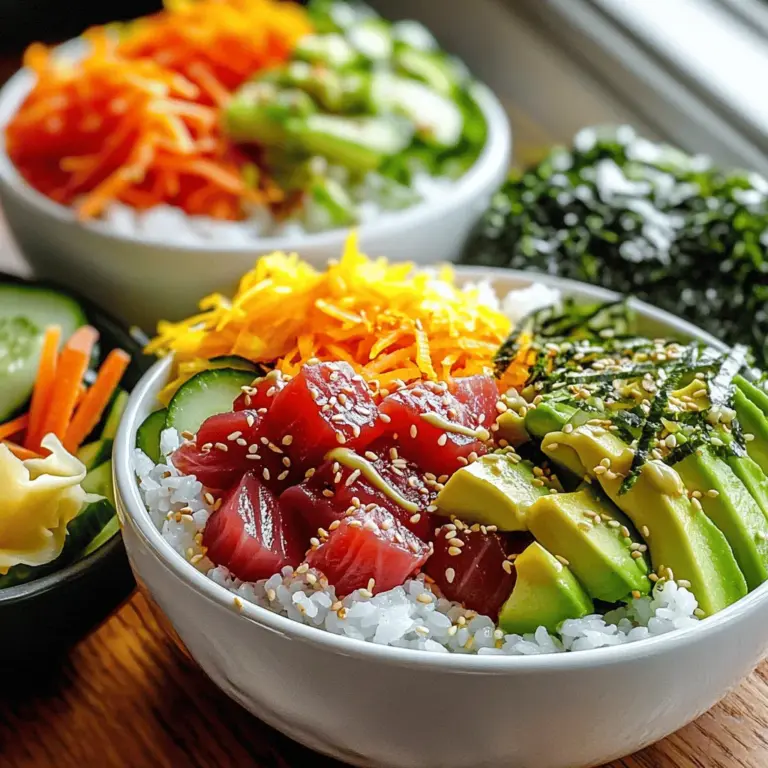 Die Hauptzutaten sind einfach und frisch. Sie machen die Schalen lecker und bunt. Hier sind die Zutaten, die du brauchst: - 2 Tassen Sushi-Reis - 2 1/2 Tassen Wasser - 1/4 Tasse Reisessig - 2 Esslöffel Zucker - 1 Teelöffel Salz - 250 g Sushi-Qualität Fisch (Thunfisch oder Lachs), gewürfelt - 1 Avocado, in Scheiben geschnitten - 1 Gurke, in Julienne geschnitten - 1 Karotte, gerieben - 1/4 Tasse Wakame-Salat - 1 Esslöffel Sesamsamen - Sojasauce zum Beträufeln - Eingelegter Ingwer und Wasabi zum Servieren (optional) Diese Zutaten bilden die Basis deiner Sushi Roll Bowls. Sushi-Reis ist wichtig für die Textur. Frischer Fisch bringt Geschmack und Protein. Gemüse wie Avocado, Gurken und Karotten fügt Farbe und Knackigkeit hinzu. Zusätzlich kannst du weitere Zutaten hinzufügen, um deine Schalen zu variieren. Hier sind einige Ideen: - Edamame für einen zusätzlichen Biss - Radieschen für Schärfe - Frische Kräuter wie Koriander oder Schnittlauch - Nori-Blätter, in Streifen geschnitten Diese Zutaten bringen neue Geschmäcker in deine Schalen. Du kannst sie nach Belieben mixen. Beilagen wie eingelegter Ingwer und Wasabi sorgen für den richtigen Kick. Saisonale Zutaten können den Geschmack deiner Sushi Roll Bowls verbessern. Hier sind einige Vorschläge: - Im Frühling: Spargel oder Erbsen - Im Sommer: Tomaten oder Paprika - Im Herbst: Kürbis oder Süßkartoffeln - Im Winter: Grünkohl oder Rüben Frische Zutaten sind wichtig. Sie geben deinen Schalen ein besonderes Flair. Achte beim Einkauf auf lokale Märkte. Dort findest du die besten Produkte. Für eine vollständige Anleitung und das Rezept schaue dir die [Full Recipe] an. Um perfekten Sushi-Reis zu machen, spülen Sie den Reis zuerst. Verwenden Sie kaltes Wasser. Spülen Sie, bis das Wasser klar ist. Dies hilft, überschüssige Stärke zu entfernen. Danach geben Sie den Reis in einen Topf mit Wasser. Bringen Sie es zum Kochen. Reduzieren Sie dann die Hitze und decken Sie den Topf ab. Lassen Sie den Reis 20 Minuten köcheln. Nehmen Sie den Topf vom Herd und lassen Sie ihn für 10 Minuten ruhen. Mischen Sie Reisessig, Zucker und Salz in einer Schüssel. Rühren Sie, bis alles aufgelöst ist. Lockern Sie den Reis mit einer Gabel. Fügen Sie die Essigmischung hinzu, während der Reis warm ist. Jetzt kommt der spaßige Teil! Teilen Sie den Sushi-Reis gleichmäßig auf vier Schalen auf. Verteilen Sie die gewürfelten Fischstückchen gleichmäßig darüber. Fügen Sie dann die Avocadoscheiben hinzu. Danach kommen die Gurkenstreifen und die geriebene Karotte. Zum Schluss streuen Sie den Wakame-Salat über den Reis. Bestreuen Sie jede Schale mit Sesamsamen. Dies gibt einen tollen Crunch. Beträufeln Sie jede Schale mit Sojasauce. Servieren Sie eingelegten Ingwer und Wasabi, wenn Sie mögen. Für eine schöne Präsentation können Sie die Schalen auf einem dekorativen Tablett anrichten. Für das komplette Rezept, schauen Sie sich das [Full Recipe] an. Um perfekten Sushi-Reis zu kochen, spülen Sie ihn gut ab. Das hilft, die Stärke zu entfernen. Verwenden Sie immer frisches Wasser und decken Sie den Topf ab. Lassen Sie den Reis nach dem Kochen ruhen, damit er die Aromen aufnehmen kann. Mischen Sie die Essigmischung, solange der Reis noch warm ist. So wird er schön aromatisch. Eine ansprechende Präsentation macht jede Schale besonders. Nutzen Sie farbige Zutaten, um Kontraste zu schaffen. Verteilen Sie den Fisch und das Gemüse gleichmäßig. Stellen Sie sicher, dass alles gut sichtbar ist. Verwenden Sie frische Kräuter oder essbare Blüten als Garnitur. Das macht die Schalen nicht nur lecker, sondern auch hübsch. Wählen Sie Sushi-Qualität Fisch für den besten Geschmack. Frischer Thunfisch oder Lachs sind ideal. Achten Sie darauf, dass der Fisch gut aussieht und angenehm riecht. Bei Gemüse sind frische, saisonale Zutaten am besten. Avocado und Gurken bringen eine schöne Textur. Vergessen Sie nicht die Sesamsamen für den Crunch. Diese Tipps helfen Ihnen, Ihre Sushi Roll Bowls noch besser zu machen. Für eine detaillierte Anleitung schauen Sie sich das Full Recipe an. {{image_4}} Für eine vegetarische Variante nehme ich frische, bunte Zutaten. Ich verwende oft gebratenen Tofu. Er hat eine tolle Textur. Außerdem sind Avocado, Gurke und Karotte perfekt dafür. Ich mag es, auch Mango hinzuzufügen. Sie bringt eine süße Note. Mit ein paar Nüssen oder Samen wird es knusprig. So bleibt der Geschmack frisch und spannend. Wenn du Fleisch magst, probiere Hähnchen oder Garnelen. Sie sind gut gewürzt und passen super. Ich empfehle, die Proteine vorher etwas zu marinieren. So wird der Geschmack noch besser. Du kannst auch Räucherlachs verwenden, wenn du Fisch bevorzugst. Tofu ist eine hervorragende Option für Vegetarier. Er nimmt jeden Geschmack gut auf. Die Wahl der Sauce macht einen großen Unterschied. Ich liebe Sojasauce, weil sie salzig und lecker ist. Für etwas mehr Würze kannst du scharfe Sauce hinzufügen. Eine Erdnuss- oder Sesamsauce gibt einen tollen, nussigen Geschmack. Ich mache oft eine Mischung aus Reisessig und Honig. Das ist frisch und süß zugleich. Probiere, deine eigenen Saucen zu kreieren. So kannst du neue Aromen entdecken. Sushi-Reis kann leicht verderben. Um ihn frisch zu halten, lagern Sie ihn in einem luftdichten Behälter. Achten Sie darauf, dass der Reis bei Raumtemperatur aufbewahrt wird. Kühlen Sie ihn nicht, da der Reis hart werden kann. So bleibt die Textur weich und angenehm. Er sollte innerhalb von zwei Tagen verbraucht werden, um den besten Geschmack zu genießen. Die Zutaten für Ihre Sushi Roll Bowls sind wichtig. Lagern Sie frischen Fisch im Kühlschrank. Wickeln Sie ihn gut in Frischhaltefolie ein. So bleibt er frisch und aromatisch. Gemüse wie Avocado und Gurke sollten in einem feuchten Tuch eingewickelt werden. Das verhindert, dass sie austrocknen. Verwenden Sie die restlichen Zutaten innerhalb von drei Tagen für den besten Geschmack. Das Wiedererwärmen von Sushi Roll Bowls ist einfach. Geben Sie die Schalen in die Mikrowelle. Erwärmen Sie sie bei mittlerer Hitze für 30 Sekunden. Überprüfen Sie die Temperatur und wiederholen Sie den Vorgang, falls nötig. Achten Sie darauf, den Fisch und das Gemüse nicht zu lange zu erwärmen. Das kann die Textur und den Geschmack beeinträchtigen. Servieren Sie die Bowls warm oder bei Zimmertemperatur für das beste Erlebnis. Sushi Roll Bowls sind frisch am besten. Sie halten sich im Kühlschrank zwei Tage. Lagern Sie sie in einem luftdichten Behälter. Nach zwei Tagen kann der Reis trocken werden. Außerdem verlieren die Zutaten ihren frischen Geschmack. Achten Sie darauf, die Bowls vor dem Essen gut zu prüfen. Wenn etwas komisch riecht oder aussieht, werfen Sie es weg. Ja, Sie können Sushi Roll Bowls im Voraus zubereiten. Kochen Sie den Reis und schneiden Sie das Gemüse. Lagern Sie alles getrennt im Kühlschrank. Mischen Sie die Zutaten erst kurz vor dem Servieren. So bleiben die Texturen und Geschmäcker frisch. Wenn Sie Fisch verwenden, kaufen Sie ihn am besten am Tag des Servierens. So bleibt er sicher und lecker. Ja, Sushi-Reis ist glutenfrei. Er besteht aus speziellen Reissorten, die für Sushi verwendet werden. Wenn Sie Sojasauce verwenden, prüfen Sie die Zutaten. Manche Sojasaucen enthalten Gluten. Es gibt jedoch glutenfreie Sojasaucen auf dem Markt. Diese sind eine gute Wahl für alle, die glutenfrei essen möchten. Sushi Roll Bowls sind einfach und lecker. Wir haben die besten Zutaten und die Zubereitung besprochen. Die Auswahl der frischen Zutaten macht einen großen Unterschied. Die richtige Technik beim Reis und der Präsentation zählt ebenfalls. Mit vielen Variationen, wie vegetarisch oder mit Hähnchen, bleibt es spannend. Achten Sie auf die Lagerung, damit alles frisch bleibt. Probieren Sie diese Tipps aus, für ein tolles Essen zu Hause.