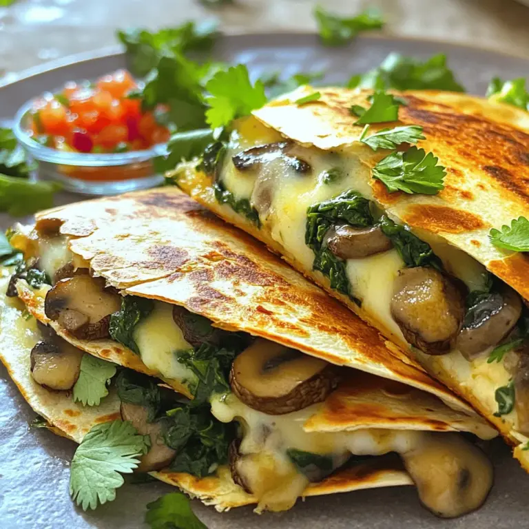 Für die leckere Quesadilla brauchst du folgende Hauptzutaten: - 8 kleine Tortillas aus Weizenmehl - 2 Tassen frischer Spinat, gewaschen und grob gehackt - 1 Tasse Pilze, in Scheiben geschnitten (beliebige Sorte) - 1 Tasse geriebener Mozzarella-Käse Diese Zutaten sind leicht zu finden und machen die Quesadillas besonders schmackhaft. Tortillas sind die Basis. Spinat und Pilze bieten gesunde Nährstoffe. Der Käse sorgt für eine cremige Füllung, die schmilzt und einfach köstlich ist. Um den Geschmack zu verbessern, verwende diese Gewürze und Öle: - 2 Esslöffel Olivenöl - 1 Knoblauchzehe, fein gehackt - 1 Teelöffel getrockneter Oregano Olivenöl bringt einen feinen Geschmack. Knoblauch gibt ein tolles Aroma, das die Quesadillas aufwertet. Oregano ist klassisch und passt perfekt zu den Pilzen und dem Spinat. Für mehr Geschmack kannst du diese optionalen Zutaten hinzufügen: - 1/4 Teelöffel zerstoßene rote Pfefferflocken für etwas Schärfe - Frischer Koriander zur Garnierung Die roten Pfefferflocken geben einen kleinen Kick. Frischer Koriander bringt eine frische Note. Du kannst die Quesadillas nach deinem Geschmack anpassen. Für das vollständige Rezept schau dir den "Full Recipe" an. Zuerst erhitze ich das Olivenöl in einer großen Pfanne. Ich stelle die Hitze auf mittel. Dann füge ich den fein gehackten Knoblauch hinzu. Ich brate ihn für etwa eine Minute an. Der Knoblauch sollte duften, aber nicht verbrennen. Jetzt kommen die geschnittenen Pilze in die Pfanne. Ich brate sie fünf bis sieben Minuten lang, bis sie goldbraun sind. Ich würze sie mit Salz, Pfeffer und Oregano. Jetzt ist es Zeit, den frischen Spinat hinzuzufügen. Ich gebe ihn in die Pfanne und koche ihn, bis er zusammenfällt. Das dauert etwa zwei Minuten. Wenn ich möchte, kann ich auch zerstoßene rote Pfefferflocken für etwas Schärfe hinzufügen. Nach dem Kochen nehme ich die Mischung vom Herd und lasse sie etwas abkühlen. In einer Schüssel vermenge ich den Frischkäse und den geriebenen Mozzarella. Ich rühre, bis die Mischung gut verbunden ist. Dann nehme ich eine Tortilla und streiche auf eine Hälfte eine Schicht der Käsemischung. Ich gebe eine großzügige Portion der Pilz- und Spinatmischung darauf. Jetzt falte ich die Tortilla über die Füllung. Ich wische die Pfanne sauber und erhitze sie wieder. Bei Bedarf füge ich etwas mehr Olivenöl hinzu. Ich brate jede Quesadilla etwa drei bis vier Minuten auf jeder Seite, bis sie goldbraun ist und der Käse schmilzt. Dann wiederhole ich das mit den restlichen Tortillas. Ich übertrage die fertig gebratenen Quesadillas auf ein Schneidebrett. Nach einer Minute lasse ich sie abkühlen, bevor ich sie in Keile schneide. Für die vollständige Anleitung schaue dir das "Full Recipe" an. Um die ideale Knusprigkeit zu erreichen, verwenden Sie eine mittlere Hitze. Zu hohe Hitze brennt die Tortilla. Braten Sie jede Quesadilla 3-4 Minuten pro Seite. Achten Sie darauf, dass der Käse gut schmilzt. Ein wenig Olivenöl hilft, die Quesadilla goldbraun zu machen. Experimentieren Sie mit der Menge an Öl, um die perfekte Textur zu finden. Für extra Geschmack empfehle ich Mozzarella und Frischkäse. Mozzarella schmilzt gut und hat einen milden Geschmack. Frischkäse macht die Füllung cremig und reichhaltig. Sie können auch Cheddar oder Gouda hinzufügen. Diese Käsesorten verleihen den Quesadillas einen herzhaften Geschmack. Kombinieren Sie verschiedene Käsesorten für mehr Vielfalt. Frische Kräuter bringen Farbe und Geschmack. Petersilie oder Koriander passen gut zu diesen Quesadillas. Fügen Sie die Kräuter kurz vor dem Servieren hinzu. So bleibt der frische Geschmack erhalten. Auch Basilikum kann eine kreative Ergänzung sein. Experimentieren Sie mit verschiedenen Kräutern, um Ihre Quesadillas zu verfeinern. {{image_4}} Du kannst die Füllung leicht anpassen. Probiere andere Gemüsesorten wie Paprika oder Zucchini. Diese bringen neue Farben und Geschmäcker in deine Quesadillas. Auch Süßkartoffeln sind eine tolle Wahl. Sie sind süß und nahrhaft. Du kannst sie einfach dämpfen oder rösten, bevor du sie hinzufügst. Wenn du Fleisch magst, füge Hähnchen oder Rind hinzu. Koche das Fleisch zuerst in der Pfanne. Das ergibt mehr Geschmack. Du kannst die Stücke klein schneiden und mit den Pilzen und dem Spinat mischen. Achte darauf, das Fleisch gut durchzubraten, bevor du alles in die Tortillas füllst. Für glutenfreie Quesadillas nutze glutenfreie Tortillas. Diese sind oft in Supermärkten erhältlich. Du kannst auch selbstgemachte Tortillas verwenden. Dazu mischst du einfach glutenfreies Mehl mit Wasser und etwas Öl. So bereitest du die Tortillas nach deinem Geschmack zu. Bewahre die Reste der Quesadillas in einem luftdichten Behälter auf. Du kannst sie im Kühlschrank oder im Gefrierschrank lagern. Im Kühlschrank bleiben sie frisch für bis zu drei Tage. Im Gefrierschrank sind sie bis zu einem Monat haltbar. Achte darauf, sie gut zu verpacken, damit sie nicht austrocknen. Es gibt einige einfache Wege, um die Quesadillas wieder aufzuwärmen. Die Pfanne ist eine gute Wahl. Erhitze sie bei mittlerer Hitze, bis sie wieder knusprig sind. Du kannst auch einen Toaster verwenden. Achte darauf, die Temperatur nicht zu hoch einzustellen, damit die Tortilla nicht verbrennt. Mikrowellen sind schnell, aber sie machen die Quesadillas weich. Wenn du sie in der Mikrowelle erwärmst, lege ein feuchtes Papiertuch darüber. Wie lange sind die Quesadillas genießbar? Im Kühlschrank sind sie bis zu drei Tage gut. Im Gefrierschrank halten sie bis zu einem Monat. Achte darauf, sie vor dem Verzehr gut zu prüfen. Wenn sie seltsam riechen oder anders aussehen, solltest du sie wegwerfen. Frische und Qualität sind wichtig für den Geschmack. Um die Quesadillas knusprig zu machen, achte auf die Hitze. Stelle die Pfanne auf mittlere bis hohe Hitze ein. Ein wenig mehr Olivenöl kann helfen. Brate die Quesadillas etwa 3-4 Minuten pro Seite. Die Tortillas sollten goldbraun sein. Ja, du kannst die Quesadillas im Ofen backen. Lege sie auf ein Backblech und backe sie bei 200 Grad Celsius. Backe sie 10-15 Minuten, bis sie knusprig sind. Wende sie nach der Hälfte der Zeit. So sparst du etwas Öl und bekommst eine gleichmäßige Bräunung. Zu diesen Quesadillas passen viele Saucen. Salsa und Guacamole sind Klassiker. Du kannst auch Sauerrahm oder eine scharfe Sauce verwenden. Für Details zur Zubereitung schaue dir den "Full Recipe" an. So findest du die besten Kombis für deinen Geschmack. Zum Schluss haben wir unsere köstlichen Pilz- und Spinat-Quesadillas vollständig erkundet. Wir haben die Zutaten gelernt, die für die Füllung und den perfekten Geschmack wichtig sind. Jeder Schritt zu köstlichen Quesadillas ist einfach und macht Spaß. Denke daran, kreativ mit Kräutern und Käsesorten zu sein. Variationen wie vegetarische und glutenfreie Optionen sind auch leicht umzusetzen. Mit diesen Tipps werden deine Quesadillas immer lecker. Viel Spaß beim Kochen und Genießen!
