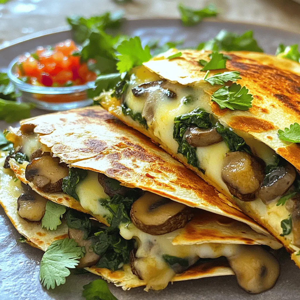 Für die leckere Quesadilla brauchst du folgende Hauptzutaten: - 8 kleine Tortillas aus Weizenmehl - 2 Tassen frischer Spinat, gewaschen und grob gehackt - 1 Tasse Pilze, in Scheiben geschnitten (beliebige Sorte) - 1 Tasse geriebener Mozzarella-Käse Diese Zutaten sind leicht zu finden und machen die Quesadillas besonders schmackhaft. Tortillas sind die Basis. Spinat und Pilze bieten gesunde Nährstoffe. Der Käse sorgt für eine cremige Füllung, die schmilzt und einfach köstlich ist. Um den Geschmack zu verbessern, verwende diese Gewürze und Öle: - 2 Esslöffel Olivenöl - 1 Knoblauchzehe, fein gehackt - 1 Teelöffel getrockneter Oregano Olivenöl bringt einen feinen Geschmack. Knoblauch gibt ein tolles Aroma, das die Quesadillas aufwertet. Oregano ist klassisch und passt perfekt zu den Pilzen und dem Spinat. Für mehr Geschmack kannst du diese optionalen Zutaten hinzufügen: - 1/4 Teelöffel zerstoßene rote Pfefferflocken für etwas Schärfe - Frischer Koriander zur Garnierung Die roten Pfefferflocken geben einen kleinen Kick. Frischer Koriander bringt eine frische Note. Du kannst die Quesadillas nach deinem Geschmack anpassen. Für das vollständige Rezept schau dir den "Full Recipe" an. Zuerst erhitze ich das Olivenöl in einer großen Pfanne. Ich stelle die Hitze auf mittel. Dann füge ich den fein gehackten Knoblauch hinzu. Ich brate ihn für etwa eine Minute an. Der Knoblauch sollte duften, aber nicht verbrennen. Jetzt kommen die geschnittenen Pilze in die Pfanne. Ich brate sie fünf bis sieben Minuten lang, bis sie goldbraun sind. Ich würze sie mit Salz, Pfeffer und Oregano. Jetzt ist es Zeit, den frischen Spinat hinzuzufügen. Ich gebe ihn in die Pfanne und koche ihn, bis er zusammenfällt. Das dauert etwa zwei Minuten. Wenn ich möchte, kann ich auch zerstoßene rote Pfefferflocken für etwas Schärfe hinzufügen. Nach dem Kochen nehme ich die Mischung vom Herd und lasse sie etwas abkühlen. In einer Schüssel vermenge ich den Frischkäse und den geriebenen Mozzarella. Ich rühre, bis die Mischung gut verbunden ist. Dann nehme ich eine Tortilla und streiche auf eine Hälfte eine Schicht der Käsemischung. Ich gebe eine großzügige Portion der Pilz- und Spinatmischung darauf. Jetzt falte ich die Tortilla über die Füllung. Ich wische die Pfanne sauber und erhitze sie wieder. Bei Bedarf füge ich etwas mehr Olivenöl hinzu. Ich brate jede Quesadilla etwa drei bis vier Minuten auf jeder Seite, bis sie goldbraun ist und der Käse schmilzt. Dann wiederhole ich das mit den restlichen Tortillas. Ich übertrage die fertig gebratenen Quesadillas auf ein Schneidebrett. Nach einer Minute lasse ich sie abkühlen, bevor ich sie in Keile schneide. Für die vollständige Anleitung schaue dir das "Full Recipe" an. Um die ideale Knusprigkeit zu erreichen, verwenden Sie eine mittlere Hitze. Zu hohe Hitze brennt die Tortilla. Braten Sie jede Quesadilla 3-4 Minuten pro Seite. Achten Sie darauf, dass der Käse gut schmilzt. Ein wenig Olivenöl hilft, die Quesadilla goldbraun zu machen. Experimentieren Sie mit der Menge an Öl, um die perfekte Textur zu finden. Für extra Geschmack empfehle ich Mozzarella und Frischkäse. Mozzarella schmilzt gut und hat einen milden Geschmack. Frischkäse macht die Füllung cremig und reichhaltig. Sie können auch Cheddar oder Gouda hinzufügen. Diese Käsesorten verleihen den Quesadillas einen herzhaften Geschmack. Kombinieren Sie verschiedene Käsesorten für mehr Vielfalt. Frische Kräuter bringen Farbe und Geschmack. Petersilie oder Koriander passen gut zu diesen Quesadillas. Fügen Sie die Kräuter kurz vor dem Servieren hinzu. So bleibt der frische Geschmack erhalten. Auch Basilikum kann eine kreative Ergänzung sein. Experimentieren Sie mit verschiedenen Kräutern, um Ihre Quesadillas zu verfeinern. {{image_4}} Du kannst die Füllung leicht anpassen. Probiere andere Gemüsesorten wie Paprika oder Zucchini. Diese bringen neue Farben und Geschmäcker in deine Quesadillas. Auch Süßkartoffeln sind eine tolle Wahl. Sie sind süß und nahrhaft. Du kannst sie einfach dämpfen oder rösten, bevor du sie hinzufügst. Wenn du Fleisch magst, füge Hähnchen oder Rind hinzu. Koche das Fleisch zuerst in der Pfanne. Das ergibt mehr Geschmack. Du kannst die Stücke klein schneiden und mit den Pilzen und dem Spinat mischen. Achte darauf, das Fleisch gut durchzubraten, bevor du alles in die Tortillas füllst. Für glutenfreie Quesadillas nutze glutenfreie Tortillas. Diese sind oft in Supermärkten erhältlich. Du kannst auch selbstgemachte Tortillas verwenden. Dazu mischst du einfach glutenfreies Mehl mit Wasser und etwas Öl. So bereitest du die Tortillas nach deinem Geschmack zu. Bewahre die Reste der Quesadillas in einem luftdichten Behälter auf. Du kannst sie im Kühlschrank oder im Gefrierschrank lagern. Im Kühlschrank bleiben sie frisch für bis zu drei Tage. Im Gefrierschrank sind sie bis zu einem Monat haltbar. Achte darauf, sie gut zu verpacken, damit sie nicht austrocknen. Es gibt einige einfache Wege, um die Quesadillas wieder aufzuwärmen. Die Pfanne ist eine gute Wahl. Erhitze sie bei mittlerer Hitze, bis sie wieder knusprig sind. Du kannst auch einen Toaster verwenden. Achte darauf, die Temperatur nicht zu hoch einzustellen, damit die Tortilla nicht verbrennt. Mikrowellen sind schnell, aber sie machen die Quesadillas weich. Wenn du sie in der Mikrowelle erwärmst, lege ein feuchtes Papiertuch darüber. Wie lange sind die Quesadillas genießbar? Im Kühlschrank sind sie bis zu drei Tage gut. Im Gefrierschrank halten sie bis zu einem Monat. Achte darauf, sie vor dem Verzehr gut zu prüfen. Wenn sie seltsam riechen oder anders aussehen, solltest du sie wegwerfen. Frische und Qualität sind wichtig für den Geschmack. Um die Quesadillas knusprig zu machen, achte auf die Hitze. Stelle die Pfanne auf mittlere bis hohe Hitze ein. Ein wenig mehr Olivenöl kann helfen. Brate die Quesadillas etwa 3-4 Minuten pro Seite. Die Tortillas sollten goldbraun sein. Ja, du kannst die Quesadillas im Ofen backen. Lege sie auf ein Backblech und backe sie bei 200 Grad Celsius. Backe sie 10-15 Minuten, bis sie knusprig sind. Wende sie nach der Hälfte der Zeit. So sparst du etwas Öl und bekommst eine gleichmäßige Bräunung. Zu diesen Quesadillas passen viele Saucen. Salsa und Guacamole sind Klassiker. Du kannst auch Sauerrahm oder eine scharfe Sauce verwenden. Für Details zur Zubereitung schaue dir den "Full Recipe" an. So findest du die besten Kombis für deinen Geschmack. Zum Schluss haben wir unsere köstlichen Pilz- und Spinat-Quesadillas vollständig erkundet. Wir haben die Zutaten gelernt, die für die Füllung und den perfekten Geschmack wichtig sind. Jeder Schritt zu köstlichen Quesadillas ist einfach und macht Spaß. Denke daran, kreativ mit Kräutern und Käsesorten zu sein. Variationen wie vegetarische und glutenfreie Optionen sind auch leicht umzusetzen. Mit diesen Tipps werden deine Quesadillas immer lecker. Viel Spaß beim Kochen und Genießen!