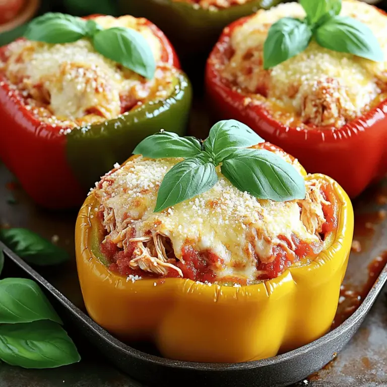 - 4 große Paprika (jede Farbe) - 2 Tassen gegartes Hähnchen, zerrupft - 1 Tasse Marinara-Sauce - 1 Tasse geriebener Mozzarella-Käse - 1/2 Tasse geriebener Parmesan-Käse Die Hauptzutaten sind einfach zu finden. Paprika gibt es in vielen Farben. Das macht das Gericht bunt und einladend. Hähnchen ist leicht zuzubereiten und voller Geschmack. Der Käse bringt die cremige Textur, die wir lieben. - 1 Teelöffel italienische Gewürzmischung - 1/2 Teelöffel Knoblauchpulver - 1/2 Teelöffel Zwiebelpulver - Salz und Pfeffer nach Geschmack Gewürze machen das Gericht besonders. Die italienische Gewürzmischung fügt Tiefe hinzu. Knoblauch- und Zwiebelpulver geben Aroma. Salz und Pfeffer sind wichtig, um den Geschmack zu verstärken. - Frisches Basilikum - Zusätzlicher Parmesan Die Garnitur macht das Gericht schön. Frisches Basilikum bringt Farbe und Frische. Mehr Parmesan kann für zusätzlichen Geschmack sorgen. Sie können die Garnituren nach Ihrem Geschmack anpassen. Das gibt dem Gericht eine persönliche Note. Für die vollständige Anleitung zum Kochen, schauen Sie sich das [Full Recipe] an. - Heize den Ofen auf 190 °C vor. - Schneide die Oberseiten der Paprika ab. - Entferne die Kerne und die weißen Membranen. Jetzt sind die Paprika bereit für die Füllung. Achte darauf, die Paprika gut auszuhöhlen. So bleibt genügend Platz für die leckere Mischung. - In einer großen Schüssel vermenge das zerrupfte Hähnchen mit der Marinara-Sauce. - Füge den Mozzarella-Käse und den Parmesan-Käse hinzu. - Gib die italienische Gewürzmischung, das Knoblauchpulver und das Zwiebelpulver dazu. - Schmecke die Mischung mit Salz und Pfeffer ab. Rühre alles gut um, bis die Zutaten gleichmäßig verteilt sind. Die Mischung sollte cremig und gut gewürzt sein. - Fülle jede Paprika mit der Hähnchenmischung. - Drücke die Füllung leicht nach unten, damit sie gut sitzt. - Stelle die gefüllten Paprika in eine Auflaufform. - Decke die Form mit Aluminiumfolie ab und backe sie 25 Minuten lang. Nach den ersten 25 Minuten nimm die Folie ab. Backe die Paprika dann weitere 15 Minuten. Sie sind fertig, wenn die Paprika weich und der Käse goldbraun ist. Jetzt sind deine Hähnchen-Parmesan gefüllten Paprika bereit zum Servieren! Du kannst das vollständige Rezept [hier](#) finden. - Vegetarische Optionen: Wenn Sie eine vegetarische Füllung möchten, können Sie das Hähnchen durch Quinoa oder Linsen ersetzen. Diese Optionen sind nahrhaft und lecker. Fügen Sie mehr Gemüse wie Zucchini oder Spinat hinzu. Das gibt Geschmack und Farbe. - Verwendung von verschiedenen Käsesorten: Experimentieren Sie mit verschiedenen Käsesorten. Feta oder Gouda geben einen neuen Geschmack. Sie können auch eine Mischung verwenden, um die Füllung noch cremiger zu machen. Probieren Sie auch veganen Käse für eine pflanzliche Option. - Optimale Backzeit: Die perfekten 40 Minuten im Ofen sorgen dafür, dass die Paprika weich und der Käse goldbraun ist. Wenn die Paprika sehr groß sind, kann die Backzeit etwas länger sein. Überprüfen Sie sie nach 30 Minuten. - Konsistenz der Füllung: Achten Sie darauf, dass die Füllung nicht zu trocken ist. Die Marinara-Sauce sorgt für Feuchtigkeit. Fügen Sie mehr Sauce hinzu, wenn die Mischung zu fest erscheint. Eine gute Konsistenz ist wichtig für den Geschmack. - Beilagen und Soßen: Servieren Sie die gefüllten Paprika mit einem frischen Salat. Ein einfacher grüner Salat passt gut. Sie können auch eine extra Marinara-Sauce daneben reichen. Das bringt mehr Geschmack und macht das Gericht noch saftiger. {{image_4}} Bei gefüllten Paprika kann man viel kreativ sein. Du kannst verschiedene Fleischarten verwenden. Probiere Rind oder Pute. Diese Varianten bringen neue Geschmäcker. Auch Vegetarier können Spaß haben! Füge Kichererbsen oder Linsen hinzu. Diese bieten Protein und machen satt. Zusätzlich kannst du Gemüse in die Füllung mischen. Zucchini oder Spinat sind tolle Optionen. Diese geben Farbe und gesunde Nährstoffe. Du kannst auch Pilze oder Karotten hinzufügen. Sie sorgen für mehr Textur und Geschmack. Die Gewürze machen den Unterschied. Du kannst Kräuter nach deinem Geschmack anpassen. Oregano oder Thymian passen gut zu Hähnchen. Für einen frischen Kick kannst du frische Kräuter wie Petersilie nutzen. Experimentiere mit verschiedenen Gewürzen, um deine perfekte Mischung zu finden. Wenn du es schärfer magst, füge rote Paprikaflocken hinzu. Sie geben den Paprika einen tollen Biss. Du kannst auch scharfe Soßen einrühren. Das bringt ein ganz neues Erlebnis. Die passenden Beilagen machen das Gericht rund. Reis oder Quinoa sind leicht und sättigend. Sie passen gut zu den gefüllten Paprika. Du kannst auch einen frischen Salat dazu servieren. Ein grüner Salat mit Vinaigrette ist erfrischend. Dips sind ebenfalls eine gute Idee. Ein Joghurt-Dip oder eine leichte Salsa geben zusätzliche Aromen. Die Kombination macht das Essen noch spannender. Für das vollständige Rezept schau dir den [Full Recipe] an. Nach dem Kochen sollten die Hähnchen-Parmesan gefüllten Paprika schnell aufbewahrt werden. Lagern Sie sie im Kühlschrank, wenn Sie sie innerhalb von drei Tagen essen möchten. - Kühlschranklagerung: Lassen Sie die Paprika auf Raumtemperatur abkühlen. Packen Sie sie in einen luftdichten Behälter. So bleiben sie frisch und schmackhaft. - Tiefkühlarhaltung: Wenn Sie die Paprika länger aufbewahren möchten, frieren Sie sie ein. Wickeln Sie jede Paprika in Frischhaltefolie und legen Sie sie in einen Gefrierbeutel. So halten sie bis zu drei Monate. Beim Aufwärmen der Paprika gibt es zwei Hauptmethoden. Die Mikrowelle ist schnell, der Ofen sorgt für bessere Ergebnisse. - Mikrowelle vs. Ofen: Wenn Sie die Paprika in der Mikrowelle aufwärmen, verwenden Sie eine mittlere Stufe. Decken Sie die Paprika mit einem feuchten Tuch ab. Im Ofen sollten Sie die Paprika bei 180 °C für etwa 15 Minuten aufwärmen. So bleibt der Käse schön zart. - Tipps für besten Geschmack: Fügen Sie etwas frische Marinara-Sauce hinzu, bevor Sie die Paprika aufwärmen. Das hält sie feucht und verbessert den Geschmack. Die Haltbarkeit ist wichtig, um sicher zu essen. Achten Sie auf Anzeichen von Verderb. - Wann die Füllung schlecht wird: Wenn die Füllung einen schlechten Geruch hat oder sich die Farbe verändert, entsorgen Sie sie sofort. - Sicherheitsrichtlinien: Essen Sie die gefüllten Paprika nicht, wenn sie länger als drei Tage im Kühlschrank gelagert wurden. Bei tiefgefrorenen Paprika verzehren Sie sie innerhalb von drei Monaten für die beste Qualität. Mit diesen einfachen Lagerungshinweisen bleibt Ihr Hähnchen-Parmesan gefüllte Paprika Rezept frisch und lecker! Die Zubereitung dauert insgesamt etwa 45 Minuten. Davon sind 15 Minuten für die Vorbereitung und 30 Minuten für das Kochen nötig. Du schneidest die Paprika, mischst die Füllung und backst sie dann im Ofen. Diese schnelle Zeit macht das Rezept ideal für ein leckeres Abendessen. Ja, du kannst die Paprika im Voraus zubereiten. Fülle die Paprika einfach und lege sie in den Kühlschrank. So sind sie bereit, wenn du sie brauchst. Achte darauf, sie gut abzudecken, damit sie frisch bleiben. Du kannst sie auch einfrieren. In diesem Fall backe sie direkt aus dem Gefrierfach, erhöhe aber die Backzeit um einige Minuten. Die Füllung ist sehr anpassbar. Du kannst verschiedene Fleischarten verwenden, wie Rind oder Pute. Auch vegetarische Optionen sind möglich. Füge zum Beispiel schwarze Bohnen oder Linsen hinzu. Du kannst auch andere Käsesorten wie Cheddar oder Gouda verwenden. Experimentiere mit verschiedenen Kräutern und Gewürzen für neue Geschmäcker. Nutze die Gelegenheit, kreativ zu sein und deinen Lieblingsgeschmack zu finden! Diese Anleitung hat dir gezeigt, wie du leckere Hähnchen-Parmesan gefüllte Paprika zubereitest. Wir haben die Hauptzutaten, Gewürze und verschiedene Tipps besprochen. Denke daran, dass du die Füllung nach deinem Geschmack anpassen kannst. Das Dish ist einfach zu machen und ist toll für jede Gelegenheit. Experimentiere mit verschiedenen Zutaten und lass deiner Kreativität freien Lauf. Das Ergebnis wird köstlich sein! Hähnchen-Parmesan gefüllte Paprika bringen Freude auf jeden Tisch.