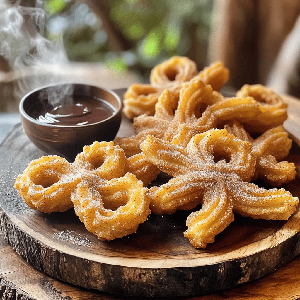 Für die Zubereitung von Zimt-Zucker Churros benötigst du: - 250 ml Wasser - 30 g Kristallzucker (plus 100 g für die Beschichtung) - 1/2 Teelöffel Salz - 115 g ungesalzene Butter - 125 g Weizenmehl (Type 405) - 2 große Eier - 1 Teelöffel Vanilleextrakt - Pflanzenöl (zum Frittieren) - 1 Esslöffel gemahlener Zimt Jede Zutat trägt zum tollen Geschmack und zur perfekten Textur bei. Wenn du einige Zutaten nicht hast, gibt es Alternativen: - Kristallzucker: Du kannst auch braunen Zucker verwenden. - Butter: Kokosöl ist eine gute pflanzliche Option. - Weizenmehl: Du kannst auch glutenfreies Mehl nutzen. - Eier: Für eine vegane Variante, verwende Apfelmus oder Leinsamen. - Pflanzenöl: Verwende Erdnussöl oder Rapsöl zum Frittieren. Diese Substitute können den Geschmack leicht verändern, aber sie funktionieren gut. Die Auswahl der richtigen Zutaten ist wichtig für den Erfolg. Hier sind einige Tipps: - Wähle frische Eier; sie machen die Churros luftiger. - Achte darauf, dass die Butter ungesalzen ist, um die Süße zu bewahren. - Verwende hochwertiges Weizenmehl für eine bessere Textur. - Verwende echten Vanilleextrakt für ein reichhaltiges Aroma. - Frisch gemahlener Zimt hat mehr Geschmack als die fertige Mischung. Die besten Zutaten machen deine Churros besonders lecker. Du findest das vollständige Rezept in der vollständigen Anleitung. Um den perfekten Churroteig zu machen, beginne mit einem mittelgroßen Kochtopf. Füge 250 ml Wasser, 30 g Kristallzucker, 1/2 Teelöffel Salz und 115 g ungesalzene Butter hinzu. Erhitze die Mischung bei mittlerer Hitze, bis sie kocht. Achte darauf, die Mischung gut zu rühren. Wenn das Wasser kocht, nimm den Topf vom Herd. Jetzt kommt der spannende Teil: Rühre 125 g Weizenmehl ein. Du willst einen glatten Teig, der sich leicht vom Rand des Topfes löst. Lass den Teig etwa fünf Minuten abkühlen. Dann füge nacheinander zwei große Eier und 1 Teelöffel Vanilleextrakt hinzu. Rühre alles gut durch, bis die Masse glatt ist. Fülle den Churroteig in einen Spritzbeutel mit großer Sterntülle. So bekommst du die schöne Form, die Churros so besonders macht. Erhitze Pflanzenöl in einer tiefen Pfanne oder einem großen Topf. Das Öl sollte etwa 5 cm hoch sein und eine Temperatur von 175 °C erreichen. Um die Churros zu formen, spritze etwa 15 cm lange Streifen des Teigs vorsichtig in das heiße Öl. Verwende eine Schere, um den Teig abzuschneiden. Frittieren die Churros für etwa 2-3 Minuten auf jeder Seite. Sie sollten goldbraun und knusprig sein. Wenn sie fertig sind, nimm sie mit einer Schaumkelle heraus und lass sie auf Küchenpapier abtropfen. Jetzt kommt das Beste: die Zimt-Zucker-Beschichtung. Mische in einer Schüssel 100 g Kristallzucker mit 1 Esslöffel gemahlenem Zimt. Die warmen Churros wälzen in dieser Mischung, bis sie gleichmäßig beschichtet sind. Serviere die Churros warm und genieße sie mit einer Schale Schokoladensauce oder Dulce de Leche zum Dippen. So einfach kannst du die köstlichen Zimt-Zucker Churros machen! Schau dir das vollständige Rezept an, um alle Schritte im Detail zu sehen. Um die perfekte Konsistenz für Ihre Churros zu erreichen, ist es wichtig, den Teig gut zu mischen. Nach dem Kochen müssen Sie den Teig 5 Minuten abkühlen lassen. So können die Eier besser einziehen. Achten Sie darauf, dass der Teig dick, aber glatt ist. Wenn er zu flüssig ist, fügen Sie etwas mehr Mehl hinzu. Wenn er zu fest ist, können Sie einen Löffel Wasser einrühren. Ein häufiger Fehler ist, den Teig zu lange zu kochen. Das macht ihn trocken. Kochen Sie nur bis die Mischung kocht. Ein weiterer Fehler ist, die Churros zu dicht ins Öl zu legen. Sie brauchen Platz zum Aufblähen. Frittieren Sie sie in kleinen Mengen. So vermeiden Sie, dass die Temperatur des Öls sinkt. Achten Sie auch darauf, das Öl nicht zu überhitzen. Bei 175 °C ist es ideal. Für das Frittieren empfehle ich eine tiefe Pfanne oder einen Topf. Verwenden Sie genug Öl, damit die Churros schwimmen können. Wenn Sie die Churros hineinlegen, blubbert das Öl sofort. Das zeigt, dass die Temperatur stimmt. Frittieren Sie die Churros 2-3 Minuten pro Seite. Achten Sie auf eine goldbraune Farbe. Nehmen Sie die Churros mit einer Schaumkelle heraus und lassen Sie sie auf Küchenpapier abtropfen. So bleiben sie knusprig. Für das vollständige Rezept, schauen Sie sich die [Full Recipe] an. {{image_4}} Gefüllte Churros sind ein echter Genuss! Sie sind eine leckere Wendung des klassischen Rezepts. Du kannst sie mit vielen Füllungen ausprobieren. - Schokoladencreme: Schmelze dunkle Schokolade und fülle sie in die Churros. - Vanillepudding: Ein weicher, süßer Pudding macht die Churros besonders cremig. - Fruchtige Füllungen: Nutze Marmelade oder frische Früchte. Erdbeeren passen gut! Diese Füllungen bringen Vielfalt in jeden Bissen. Du kannst sogar zwei Füllungen mischen. Das macht es spannend! Churros kommen aus Spanien, aber jede Region hat ihre eigene Art, sie zu machen. - Spanische Churros: Sie sind oft dicker und schwerer. Manchmal gibt es Schokoladensauce dazu. - Mexikanische Churros: Diese sind dünner und knuspriger. Sie werden oft mit Zimt und Zucker bestreut. - Argentinische Churros: Sie sind meist gefüllt und haben eine süße Glasur. Diese Unterschiede zeigen, wie vielseitig Churros sind. Probiere die verschiedenen Varianten aus! Die richtige Sauce macht Churros noch besser! Hier sind einige tolle Dip-Ideen: - Dunkle Schokoladensauce: Sie ist reich und schokoladig. Perfekt für Schokoladenliebhaber. - Karamellsauce: Diese süße Sauce ergänzt die Churros gut. - Erdbeersauce: Fruchtig und frisch, ideal für den Sommer. Jeder Dip bringt seinen eigenen Geschmack. So bleibt das Churros-Essen spannend! Wenn du mehr über das Rezept erfahren möchtest, schau dir das Full Recipe an. Um die Churros frisch zu halten, lege sie in einen luftdichten Behälter. Verwende ein Papiertuch, um Feuchtigkeit zu absorbieren. So bleiben sie knusprig. Lagere sie bei Raumtemperatur, nicht im Kühlschrank. Der Kühlschrank kann die Textur weich machen. Wenn du die Churros aufwärmen möchtest, benutze einen Ofen. Stelle den Ofen auf 175 °C. Lege die Churros auf ein Backblech und erwärme sie für etwa 5 bis 7 Minuten. So werden sie wieder knusprig. Mikrowellen sind weniger geeignet, da sie die Churros weich machen können. Churros sind am besten frisch, halten aber auch etwas länger. Bei richtiger Lagerung sind sie bis zu zwei Tage haltbar. Wenn du sie länger aufbewahren möchtest, friere sie ein. In einem luftdichten Behälter halten sie bis zu zwei Monate. Vor dem Servieren einfach aufwärmen. Für das vollständige Rezept, besuche die [Full Recipe]. Um Churros zu Hause zu machen, brauchst du einfache Zutaten. Du kochst Wasser, Zucker, Salz und Butter. Dann rührst du das Mehl ein, bis ein glatter Teig entsteht. Nach dem Abkühlen fügst du Eier und Vanille hinzu. Spritze den Teig in heißes Öl und frittiere die Churros goldbraun. Zum Schluss wälze sie in einer Mischung aus Zucker und Zimt. Churros sind besonders durch ihre Form und die Zimt-Zucker-Beschichtung. Sie bestehen aus einem choux-ähnlichen Teig, der beim Frittieren aufbläht. Andere frittierte Teigwaren, wie Donuts oder Tempura, verwenden oft andere Teigarten und Zubereitungsmethoden. Churros haben eine süßere Note und sind außen knusprig, innen weich. Ja, du kannst Churros im Voraus zubereiten. Bereite den Teig vor und bewahre ihn im Kühlschrank auf. Du kannst sie auch frittieren und dann einfrieren. Um sie wieder aufzufrischen, backe sie im Ofen oder frittiere sie kurz erneut. So bleiben sie knusprig und lecker. Für das beste Ergebnis, serviere sie frisch! Zusammenfassend lässt sich sagen, dass die Zubereitung von Churros einfach und spaßig ist. Wir haben alle Zutaten, Anleitungen und Tipps behandelt. Außerdem erkundeten wir Variationen und Lagerung. Mit diesen Informationen können Sie köstliche Churros selbst machen. Denken Sie daran, beim Frittieren vorsichtig zu sein und Ihren eigenen Stil zu finden. Experimentieren Sie mit verschiedenen Füllungen und Dips. So wird jedes Churro einmalig und lecker. Jetzt liegt es an Ihnen, diese süße Spezialität auszuprobieren und zu genießen!