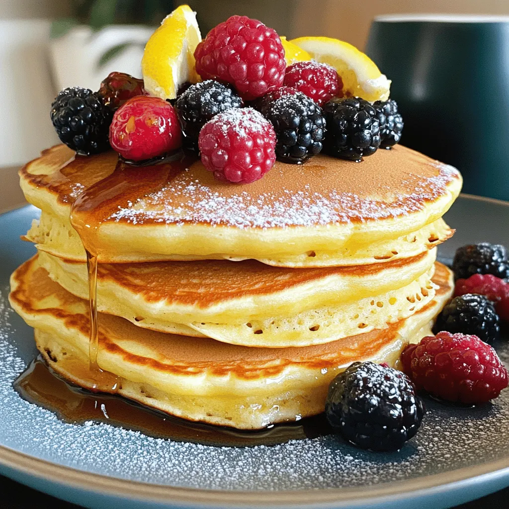 Für die perfekten Zitronen-Ricotta-Pfannkuchen brauchen Sie einige einfache Zutaten. Hier ist die Liste: - 1 Tasse Ricotta-Käse - 1 Tasse Weizenmehl - 2 große Eier - 1/2 Tasse Milch - 1/4 Tasse Zucker - Schale von 1 Zitrone (fein gerieben) - 1 Esslöffel Zitronensaft - 2 Teelöffel Backpulver - 1/2 Teelöffel Salz - 1 Teelöffel Vanilleextrakt - Butter oder Öl zum Braten - Ahornsirup und frische Beeren zum Servieren Jede Zutat hat ihren eigenen Zweck. Der Ricotta macht die Pfannkuchen weich und cremig. Die Zitrone bringt frische und eine tolle Säure. Um die Pfannkuchen zuzubereiten, benötigen Sie einige grundlegende Küchenutensilien: - Eine große Schüssel zum Mischen - Ein Schneebesen oder eine Gabel zum Rühren - Eine separate Schüssel für die trockenen Zutaten - Ein Spatel zum Unterheben des Teigs - Eine beschichtete Pfanne oder Grillplatte - Eine Kelle oder Messbecher zum Portionieren des Teigs Mit diesen Utensilien haben Sie alles, was Sie brauchen. Die Wahl der richtigen Zutaten macht einen großen Unterschied. Achten Sie auf frischen Ricotta-Käse. Er sollte cremig und nicht wässrig sein. Verwenden Sie frische Zitronen für die Schale und den Saft. Diese geben den besten Geschmack. Wenn möglich, wählen Sie Bio-Zutaten. Sie sind oft frischer und geschmackvoller. Achten Sie auch darauf, das Mehl zu sieben. Dies hilft, Klumpen zu vermeiden und macht den Teig leichter. Für die besten Ergebnisse, befolgen Sie die Rezeptanweisungen in der [Full Recipe]. Zuerst sammeln wir die Zutaten. Du brauchst Ricotta-Käse, Eier, Milch und Zitronensaft. Die Zitronenschale bringt einen tollen Geschmack. In einer großen Schüssel vermischst du den Ricotta mit den Eiern, der Milch und dem Zitronensaft. Nutze einen Schneebesen, bis die Mischung schön cremig ist. In einer anderen Schüssel gibst du das Mehl, Backpulver, Salz und Zucker zusammen. Siebe die trockenen Zutaten, damit sie gut vermischt sind. Dann füge die trockenen Zutaten langsam zu den feuchten Zutaten hinzu. Mische alles vorsichtig mit einem Spatel. Es ist okay, wenn noch kleine Klümpchen im Teig sind. Erhitze eine beschichtete Pfanne auf mittlerer Hitze. Fette sie leicht mit Butter oder Öl ein. Gieße für jeden Pfannkuchen etwa 1/4 Tasse Teig in die Pfanne. Backe sie 2-3 Minuten, bis Blasen auf der Oberfläche erscheinen. Die Ränder sollten fest sein. Dann wende die Pfannkuchen und backe sie auf der anderen Seite goldbraun, etwa 2-3 Minuten. Halte die fertigen Pfannkuchen im Ofen warm, während du den restlichen Teig kochst. Stelle die Pfannkuchen auf einen schönen Teller. Träufle etwas Ahornsirup darüber. Frische Beeren machen das Gericht bunt und lecker. Ein Hauch von Puderzucker sorgt für eine süße Note. Du kannst auch Joghurt oder Honig verwenden, um die Pfannkuchen zu verfeinern. So wird dein Frühstück ein echter Genuss! Die Teigkonsistenz ist der Schlüssel zu perfekten Zitronen-Ricotta-Pfannkuchen. Der Teig sollte leicht und fluffig sein. Wenn er zu dick ist, fügen Sie etwas mehr Milch hinzu. Ist der Teig zu dünn, geben Sie mehr Mehl dazu. Rühren Sie nur so lange, bis alles vermischt ist. Kleine Klümpchen sind in Ordnung. Das sorgt für eine zarte Textur. Ein häufiger Fehler ist, die Pfanne zu heiß werden zu lassen. Dann brennen die Pfannkuchen außen an, während sie innen roh bleiben. Halten Sie die Temperatur auf mittlerer Stufe. Ein weiterer Fehler ist, die Pfannkuchen zu früh zu wenden. Warten Sie, bis sich Blasen bilden. Das zeigt an, dass sie bereit sind. Und vergessen Sie nicht, die Pfanne leicht einzufetten, damit sie nicht kleben. Die Servieroptionen sind endlos! Sie können frische Beeren, Bananen oder Nüsse hinzufügen. Auch Joghurt oder Quark passen gut dazu. Für eine süße Note verwenden Sie Honig oder Marmelade. Ein Hauch von Puderzucker macht die Pfannkuchen noch ansprechender. Diese Variationen bringen Abwechslung auf den Tisch und machen jeden Biss besonders. Für die vollständige Rezeptanleitung, schauen Sie sich die [Full Recipe] an. {{image_4}} Du kannst die Zitronen-Ricotta-Pfannkuchen auf viele Arten aufpeppen. Probiere frische Beeren wie Himbeeren oder Blaubeeren. Diese Früchte bringen eine süße Note. Bananen oder Pfirsiche sind ebenfalls tolle Optionen. Schneide sie in kleine Stücke und mische sie in den Teig. So bekommst du fruchtige Überraschungen in jedem Bissen. Auch Zimt kann eine schöne Ergänzung sein. Wenn du glutenfrei essen möchtest, gibt es gute Alternativen. Ersetze das Weizenmehl durch glutenfreies Mehl. Achte darauf, dass du eine Mischung für glutenfreies Backen verwendest. Diese Mehle sorgen für eine ähnliche Textur. Du kannst auch Mandelmehl ausprobieren. Es gibt den Pfannkuchen einen nussigen Geschmack. Wenn du keinen Ricotta zur Hand hast, keine Sorge! Quark oder Frischkäse sind gute Alternativen. Diese Käse geben ebenfalls eine cremige Konsistenz. Du kannst auch griechischen Joghurt verwenden. Das macht die Pfannkuchen leicht und gesund. Mit diesen Variationen bleibt das Rezept spannend und lecker. Nutze die Full Recipe für die besten Ergebnisse. Um Ihre Zitronen-Ricotta-Pfannkuchen frisch zu halten, legen Sie sie auf einen Teller. Decken Sie sie mit Frischhaltefolie oder einem sauberen Küchentuch ab. So bleibt die Feuchtigkeit erhalten. Stellen Sie den Teller in den Kühlschrank. Sie können die Pfannkuchen bis zu drei Tage aufbewahren. Wenn Sie eine größere Menge gemacht haben, können Sie die Pfannkuchen einfrieren. Lassen Sie sie zuerst abkühlen. Legen Sie dann ein Blatt Backpapier zwischen die Pfannkuchen. So kleben sie nicht zusammen. Packen Sie die Stapel in einen Gefrierbeutel oder einen luftdichten Behälter. So halten sie sich bis zu zwei Monate. Um die Pfannkuchen aufzuwärmen, haben Sie einige Optionen. Die einfachste Methode ist die Mikrowelle. Legen Sie die Pfannkuchen auf einen Teller und decken Sie sie ab. Erhitzen Sie sie für 30 Sekunden. Wenn Sie eine knusprige Textur möchten, nutzen Sie eine Pfanne. Erwärmen Sie die Pfannkuchen bei mittlerer Hitze für zwei Minuten auf jeder Seite. Diese Methoden helfen, den Geschmack zu bewahren. Um Zitronen-Ricotta-Pfannkuchen vegan zu machen, müssen Sie einige Zutaten ersetzen. Verwenden Sie anstelle von Ricotta pflanzlichen Joghurt oder Seidentofu. Diese Optionen geben eine ähnliche Textur. Statt Eier können Sie Leinsamen oder Chiasamen verwenden. Mischen Sie einen Esslöffel Samen mit drei Esslöffeln Wasser. Lassen Sie es fünf Minuten ruhen, bis es dick wird. Verwenden Sie pflanzliche Milch, wie Mandel- oder Hafermilch. So bleibt der Geschmack frisch und lecker. Ja, Sie können die Maße leicht anpassen. Verdoppeln oder verdreifachen Sie einfach alle Zutaten. Achten Sie darauf, die Kochzeit anzupassen. Bei größeren Mengen brauchen die Pfannkuchen etwas länger. Verwenden Sie eine große Pfanne und braten Sie mehrere auf einmal. So sparen Sie Zeit und können alle gleichzeitig servieren. Wenn Sie keinen Ahornsirup haben, gibt es viele leckere Alternativen. Honig ist eine gute Wahl, wenn Sie keine vegane Option brauchen. Agavendicksaft oder Kokosblütenzucker sind auch tolle Optionen. Sie können auch fruchtige Saucen wie Erdbeer- oder Himbeersauce verwenden. Diese geben den Pfannkuchen eine frische Note und machen sie noch köstlicher. Für das vollständige Rezept, schauen Sie hier: [Full Recipe]. Zitronen-Ricotta-Pfannkuchen sind einfach und lecker. Sie benötigen frische Zutaten, die wir ausgewählt haben. Die Schritt-für-Schritt-Anleitung hilft Ihnen, die perfekten Pfannkuchen zu backen. Nutzen Sie Tipps, um häufige Fehler zu vermeiden und die Teigkonsistenz zu treffen. Variieren Sie mit Früchten oder glutenfreien Optionen. Denken Sie an die Lagerung für übrig gebliebene Pfannkuchen. Die FAQs runden das Thema ab und beantworten wichtige Fragen. Genießen Sie das Kochen und das Ergebnis!