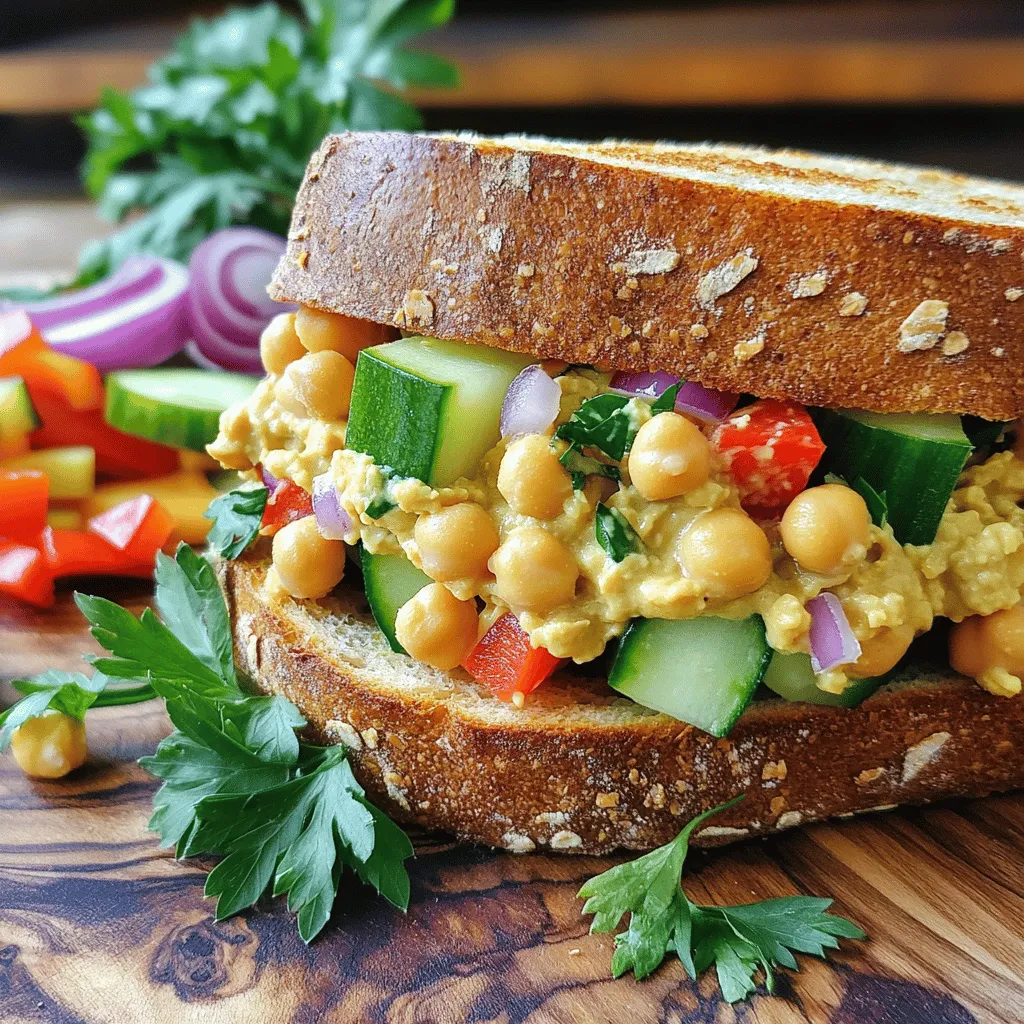 Kichererbsen sind die Stars in diesem Rezept. Sie sind reich an Proteinen und Ballaststoffen. Diese Nährstoffe helfen dir, gesund zu bleiben und geben dir Energie. Kichererbsen verbessern auch dein Herz und deine Verdauung. Du kannst sie aus der Dose verwenden, was die Zubereitung einfach macht. Für Veganer gibt es gute Optionen. Statt Joghurt kannst du einfach eine pflanzliche Alternative nehmen. Das macht das Sandwich lecker und gesund. Es gibt viele Marken, die diese Produkte anbieten. Du kannst auch ganz auf den Joghurt verzichten und einfach mehr Tahini nutzen. Die Gewürze geben dem Sandwich seinen besonderen Geschmack. Kreuzkümmel sorgt für eine warme Note. Geräuchertes Paprikapulver bringt eine leichte Rauchnote ins Spiel. Diese Gewürze sind wichtig, um die Kichererbsen aufzupeppen. Salz und Pfeffer sind natürlich auch entscheidend, um die Aromen zu heben. Die frischen Zutaten wie Paprika, Gurke und Zwiebel bringen Knackigkeit und Frische. Sie sorgen für eine bunte Optik und viele Vitamine. Du kannst die Menge nach deinem Geschmack anpassen. Für das Sandwich brauchst du auch gutes Vollkornbrot. Es ist nahrhaft und gibt einen tollen Biss. Du kannst auch andere Brotsorten ausprobieren, wenn du magst. Für die komplette Zubereitung schaue in das [Full Recipe]. - Zuerst die Kichererbsen vorbereiten und zerdrücken. - Nehmen Sie eine Dose Kichererbsen, spülen Sie sie ab und lassen Sie sie gut abtropfen. - In einer mittelgroßen Schüssel verwenden Sie eine Gabel oder einen Kartoffelstampfer, um die Kichererbsen grob zu zerdrücken. - Achten Sie darauf, die Kichererbsen nicht zu fein zu zerdrücken. Sie sollten noch etwas Textur haben. - Jetzt fügen Sie die Zutaten für die Salatmasse hinzu. - Geben Sie 2 Esslöffel Tahini, 1 Esslöffel griechischen Joghurt, 1 Esslöffel Zitronensaft und 1 fein gehackte Knoblauchzehe hinzu. - Streuen Sie 1/2 Teelöffel gemahlenen Kreuzkümmel und 1/4 Teelöffel geräuchertes Paprikapulver dazu. - Würzen Sie das Ganze mit Salz und Pfeffer nach Geschmack. - Dann vermengen und abschmecken. - Rühren Sie alles gut um, bis die Mischung eine cremige, gleichmäßige Konsistenz hat. - Fügen Sie 1/4 Tasse gewürfelte rote Paprika, 1/4 Tasse gewürfelte Gurke und 1/4 Tasse gewürfelte rote Zwiebel hinzu. - Heben Sie das Gemüse vorsichtig unter die Kichererbsenmasse. - Probieren Sie die Mischung und passen Sie die Würze nach Ihrem Geschmack an. So ist der Kichererbsensalat bereit, um in Ihr Sandwich gefüllt zu werden. Für das volle Rezept, schauen Sie sich das Kichererbsen Freude Sandwich an. Um die ideale Textur für dein Kichererbsensalat-Sandwich zu bekommen, drücke die Kichererbsen leicht. Zu viel Zerdrücken macht die Masse breiig. Du möchtest etwas Biss bewahren. Falls du eine cremige Konsistenz wünschst, füge mehr Tahini oder Joghurt hinzu. Diese Zutaten sorgen für die nötige Cremigkeit. Frische Kräuter wie Petersilie oder Koriander verleihen dem Salat Frische und Geschmack. Sie machen das Sandwich noch leckerer! Die Wahl des Brotes spielt eine große Rolle. Vollkornbrot ist nahrhaft und gibt einen guten Geschmack. Du kannst auch Ciabatta oder Sauerteigbrot verwenden. Überlege, ob du dein Brot toasten willst. Ein leicht geröstetes Brot hat eine knusprige Textur. Das macht jeden Biss köstlich. Zum Anrichten empfehle ich, zuerst Salatblätter auf das Brot zu legen. Dann kommt die Kichererbsenmasse oben drauf. Garniere das Sandwich mit frischen Kräutern. So sieht das Sandwich appetitlich aus und schmeckt besser. Für mehr Ideen, schau dir das [Full Recipe] an. {{image_4}} Das Kichererbsensalat-Sandwich lässt sich leicht abwandeln. Hier sind einige Ideen, die dir helfen, neue Geschmäcker zu entdecken. - Zusätzliche Gemüsesorten: Du kannst Avocado oder Karotten hinzufügen. Avocado macht das Sandwich cremig. Karotten bringen einen süßen Crunch. - Andere Gewürzkombinationen: Probiere verschiedene Gewürze. Ein wenig Curry oder Chili kann das Sandwich aufpeppen. - Proteinreiche Ergänzungen: Füge Tofu oder Tempeh hinzu. Diese Zutaten machen das Sandwich sättigender und liefern mehr Nährstoffe. - Mediterranes Flair: Oliven und Feta bringen einen tollen Geschmack. Sie geben deinem Sandwich eine frische Note. - Indische Gewürze: Koriander oder Garam Masala machen das Sandwich exotisch. Diese Gewürze bringen Wärme und Tiefe. - Asiatische Einflüsse: Sojasauce oder Sriracha können für einen würzigen Kick sorgen. Diese Aromen machen das Sandwich spannend und anders. Mit diesen Variationen kannst du dein Kichererbsensalat-Sandwich immer wieder neu erfinden. Wenn du mehr Ideen brauchst, schau dir das [Full Recipe] an. Kichererbsensalat hält sich gut im Kühlschrank. Bewahre ihn in einem luftdichten Behälter auf. So bleibt er frisch. Du kannst den Salat bis zu drei Tage genießen. Wenn du ihn länger aufbewahren möchtest, friere ihn ein. Kichererbsensalat kann bis zu einem Monat im Gefrierfach bleiben. Achte darauf, ihn in einem gefriergeeigneten Behälter zu lagern. Lass ihn vorher abkühlen, um Kristallbildung zu vermeiden. Wähle für die Aufbewahrung des Kichererbsensalats einen luftdichten Behälter aus Glas oder Kunststoff. Diese Materialien helfen, den Salat frisch zu halten. Du kannst auch einen alten Marmeladenglas verwenden. Stelle sicher, dass der Behälter gut verschlossen ist. Um Austrocknung zu vermeiden, lege ein Stück Küchenpapier auf den Salat. Das Papier zieht überschüssige Feuchtigkeit an und hält den Salat saftig. Das Kichererbsensalat-Sandwich bleibt im Kühlschrank etwa 2 bis 3 Tage frisch. Achte darauf, es gut zu verpacken. Verwende Frischhaltefolie oder eine luftdichte Box. So bleibt das Brot nicht trocken. Bei Raumtemperatur solltest du das Sandwich innerhalb von 2 Stunden essen. Ja, du kannst das Rezept ganz einfach anpassen. Ersetze die Kichererbsen durch schwarze Bohnen für einen anderen Geschmack. Du kannst auch die Gewürze variieren. Probiere zum Beispiel Curry oder italienische Kräuter. Wenn du keine Tahini hast, nutze Erdnussbutter oder Frischkäse. Es gibt viele Möglichkeiten, kreativ zu sein! Ja, es gibt glutenfreies Brot, das du verwenden kannst. Viele Marken bieten leckere Optionen an. Du kannst auch Salatblätter nutzen, um das Sandwich zu machen. Das ist frisch und leicht. Probiere zum Beispiel große Blätter von Eisbergsalat oder Römersalat. Sie sind perfekt für eine glutenfreie Variante. In diesem Blogbeitrag haben wir die Hauptzutaten für Kichererbsensalat besprochen. Du hast gelernt, wie du Kichererbsen zubereitest und die richtige Konsistenz erreichst. Wir gabn dir Tipps, wie du dein Sandwich anrichten kannst und viele Variationen zeigst, um das Rezept spannend und vielfältig zu halten. Denke daran, dass Lagerung wichtig ist. Bewahre den Salat richtig auf, um seine Frische zu erhalten. Experimentiere mit Zutaten und finde die beste Version für dich. Das Kochen macht Spaß, also sei kreativ!