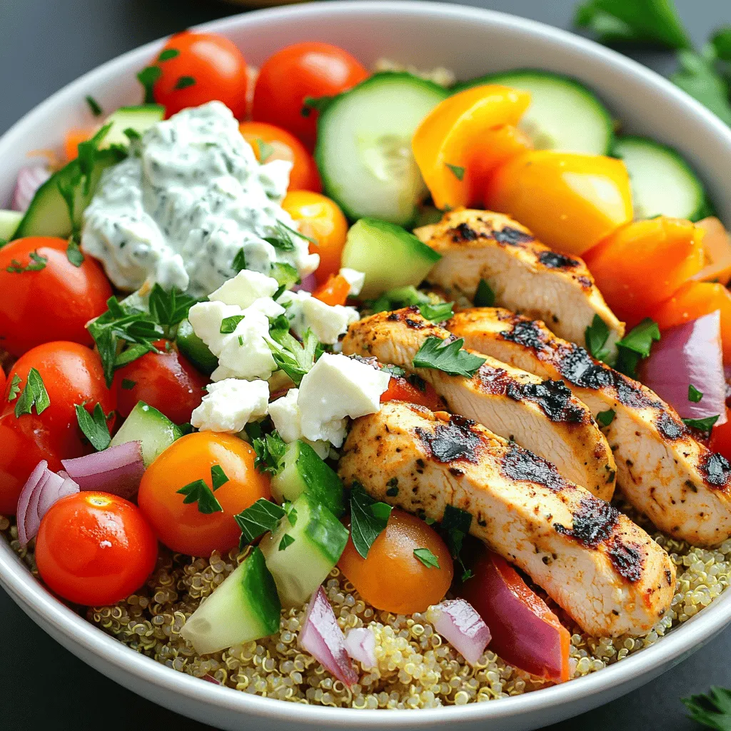 Für die griechischen Hähnchen-Bowls brauchst du: - 2 Hähnchenbrustfilets, ohne Haut und Knochen - 2 Esslöffel Olivenöl - 2 Teelöffel getrockneter Oregano - 2 Zehen Knoblauch, fein gehackt - Saft von 1 Zitrone - Salz und Pfeffer nach Geschmack - 1 Tasse gekochter Quinoa - 1 Tasse Kirschtomaten, halbiert - 1 Gurke, gewürfelt - 1 Paprika, gewürfelt (nach Wahl) - ½ rote Zwiebel, dünn geschnitten - ½ Tasse Feta-Käse, zerbröselt - Frische Petersilie, gehackt, zur Garnitur - 1 Tasse Tzatziki-Sauce (fertig gekauft oder selbstgemacht) Frische Zutaten sind der Schlüssel zu einem tollen Geschmack. Achte darauf, dass dein Hähnchen frisch ist. Es sollte hellrosa und fest anfühlen. Verwende auch frisches Gemüse. Kirschtomaten sollten prall und glänzend sein. Die Gurke sollte knusprig und grün sein. Wenn du Tzatziki verwendest, kannst du selbstgemachtes oder ein gutes Fertigprodukt wählen. Selbstgemachtes hat oft einen frischeren Geschmack. Du kannst auch griechischen Joghurt verwenden, um deine eigene Tzatziki-Sauce zu machen. Wenn du eine spezielle Diät hast, gibt es viele Alternativen. Für eine glutenfreie Option kannst du Quinoa durch Reis oder Hirse ersetzen. Veganer können das Hähnchen durch Kichererbsen oder Tofu ersetzen. Wenn du auf Milchprodukte verzichtest, lasse den Feta-Käse weg oder nutze einen veganen Käse. Such dir die Zutaten, die am besten zu deinem Lebensstil passen. So machst du die Bowl gesund und lecker für dich! Zuerst bereiten wir die Marinade vor. In einer Schüssel mischen Sie Olivenöl, getrockneten Oregano, gehackten Knoblauch, Zitronensaft, Salz und Pfeffer. Diese Mischung gibt dem Hähnchen Geschmack und Zartheit. Fügen Sie die Hähnchenbrustfilets hinzu und reiben Sie sie gut ein. Lassen Sie das Hähnchen mindestens 30 Minuten im Kühlschrank marinieren. Wenn Sie Zeit haben, lassen Sie es bis zu 2 Stunden ziehen. So wird der Geschmack intensiver. Jetzt kommt der spannende Teil. Sie können das marinierte Hähnchen grillen oder in einer Pfanne braten. Wenn Sie grillen, heizen Sie den Grill auf mittlere Hitze vor. Grillen Sie das Hähnchen etwa 6-7 Minuten pro Seite. Es sollte ganz durchgegart sein und innen nicht mehr rosa. Wenn Sie die Pfanne wählen, erhitzen Sie sie ebenfalls auf mittlere Hitze. Nach dem Garen lassen Sie das Hähnchen ein paar Minuten ruhen. Dann schneiden Sie es in Streifen. Falls Sie die Quinoa noch nicht gekocht haben, spülen Sie 1 Tasse Quinoa gut ab. Danach kochen Sie sie nach Packungsanweisung. Sobald sie fertig ist, lockern Sie die Quinoa mit einer Gabel auf. Jetzt kommt der spaßige Teil. Nehmen Sie eine große Schüssel oder einen Teller. Geben Sie die Quinoa als Basis. Legen Sie die geschnittenen Hähnchenstreifen darauf. Fügen Sie dann die Kirschtomaten, die gewürfelte Gurke, die Paprika und die rote Zwiebel hinzu. Zum Schluss streuen Sie den zerbröselten Feta-Käse und die gehackte Petersilie darüber. Servieren Sie Ihre Bowl mit einem Klecks Tzatziki-Sauce. So entsteht eine leckere, gesunde Mahlzeit. Für die gesamte Anleitung beachten Sie das Full Recipe. Die Marinade macht den Unterschied. Ich empfehle, frisches Olivenöl zu verwenden. Es bringt den besten Geschmack. Mische Olivenöl mit Oregano, Knoblauch und Zitrone. Lass das Hähnchen mindestens 30 Minuten marinieren. Für noch mehr Geschmack kannst du es bis zu 2 Stunden ziehen lassen. Vergiss nicht, das Hähnchen gut einzureiben. So nimmt es die Aromen besser auf. Ein häufiger Fehler ist, das Hähnchen zu lange zu garen. Überprüfe die Kerntemperatur. Sie sollte 75 Grad Celsius erreichen. Lass das Hähnchen nach dem Garen ruhen. So bleiben die Säfte im Hähnchen. Schneide es erst nach ein paar Minuten in Streifen. So bleibt es saftig und zart. Achte darauf, die Hitze nicht zu hoch einzustellen. Zu hohe Hitze kann das Hähnchen außen verbrennen und innen roh lassen. Eine schöne Präsentation macht das Essen noch besser. Verwende eine große Schüssel oder einen tiefen Teller. Beginne mit einer Schicht Quinoa. Lege die Hähnchenstreifen darauf. Streue das Gemüse gleichmäßig darüber. Feta und Petersilie geben Farbe und Geschmack. Serviere Tzatziki in einer kleinen Schale daneben. Für einen zusätzlichen Farbtupfer kannst du Oliven oder Radieschen hinzufügen. So wird deine Bowl nicht nur lecker, sondern auch ein Augenschmaus. {{image_4}} Wenn Sie eine vegetarische Option wünschen, probieren Sie Tofu oder Tempeh. Diese Quellen sind reich an Proteinen. Marinieren Sie sie wie das Hähnchen. Das gibt ihnen tollen Geschmack. Sie können auch Kichererbsen verwenden. Diese sind herzhaft und sättigend. Rösten Sie sie für einen knusprigen Biss. Die Griechische Hähnchen-Bowl ist sehr anpassbar. Mögen Sie es scharf? Fügen Sie etwas rote Peperoni oder scharfe Soße hinzu. Für eine süßere Note können Sie Honig oder Agavendicksaft verwenden. Experimentieren Sie mit verschiedenen Kräutern. Basilikum und Dill passen auch gut zu diesen Aromen. Nutzen Sie frisches Gemüse der Saison. Im Sommer sind Zucchini und Auberginen perfekt. Im Herbst fügen Sie geröstete Kürbisstücke hinzu. Diese bringen Farbe und Geschmack. Auch frische Kräuter wie Minze oder Basilikum machen einen großen Unterschied. Sie geben der Bowl einen frischen Geschmack. Sichere Lagerung ist wichtig für die Frische der Griechischen Hähnchen-Bowls. Nach dem Kochen sollten Sie die Bowls schnell abkühlen lassen. Füllen Sie die Reste in luftdichte Behälter. Lagern Sie sie im Kühlschrank. So bleiben sie bis zu drei Tage frisch. Achten Sie darauf, dass das Hähnchen nicht mehr warm ist, bevor Sie es in den Kühlschrank stellen. Die Griechischen Hähnchen-Bowls halten sich gut bis zu drei Tage im Kühlschrank. Wenn Sie die Bowls aufwärmen, achten Sie auf eine gleichmäßige Temperatur. Nutzen Sie die Mikrowelle oder eine Pfanne. Erhitzen Sie das Hähnchen und das Gemüse bei mittlerer Hitze. Fügen Sie etwas Wasser hinzu, um das Austrocknen zu verhindern. Überprüfen Sie immer die Innentemperatur. Sie sollte mindestens 75 Grad Celsius betragen. Meal Prep ist eine tolle Möglichkeit, um Zeit zu sparen. Sie können die Hähnchen-Bowls für die ganze Woche vorbereiten. Marinieren Sie das Hähnchen am Sonntag und grillen Sie es. Kochen Sie auch die Quinoa. Teilen Sie alles in Portionen auf. Fügen Sie frisches Gemüse kurz vor dem Essen hinzu. So bleibt alles knackig und frisch. Probieren Sie, verschiedene Gemüsesorten zu verwenden, um Abwechslung zu schaffen. Du kannst die Griechischen Hähnchen-Bowls bis zu drei Tage im Kühlschrank aufbewahren. Stelle sicher, dass sie in einem luftdichten Behälter sind. So bleiben sie frisch. Wenn du die Bowls länger aufbewahren möchtest, friere sie ein. Das Hähnchen und das Gemüse können gut einfrieren. Quinoa bleibt ebenfalls gut, wenn du ihn im Gefrierbeutel aufbewahrst. Ja, du kannst frisches Gemüse durch gefrorenes Gemüse ersetzen. Gefrorenes Gemüse ist oft schon geputzt und geschnitten. Das spart dir Zeit. Achte darauf, das gefrorene Gemüse vor dem Hinzufügen zu kochen oder aufzutauen. So bleibt die Textur angenehm. Manchmal kann gefrorenes Gemüse etwas weicher sein, aber es ist immer noch lecker und nahrhaft. Typische Ergänzungen sind Oliven, Avocado oder eingelegtes Gemüse. Du kannst auch Kichererbsen oder Bohnen hinzufügen, um mehr Protein zu bekommen. Frische Kräuter wie Dill oder Minze bringen zusätzlichen Geschmack. Für mehr Crunch kannst du Nüsse oder Samen darüber streuen. Diese Zutaten machen deine Bowl noch bunter und schmackhafter. Wenn du mehr Ideen brauchst, schau dir das Full Recipe an. Dieser Artikel hat dir geholfen, eine köstliche Griechische Hähnchen-Bowl zuzubereiten. Du hast die Zutatenliste gesehen und gelernt, Zutaten richtig vorzubereiten. Die Schritt-für-Schritt-Anleitung hat dir gezeigt, wie du das Hähnchen marinierst und garst. Tipps für perfekte Ergebnisse und Variationen für jeden Geschmack helfen dir, kreativ zu sein. Denke auch an die richtigen Lagerung und Meal Prep, um Zeit zu sparen. Mit diesem Wissen kannst du jederzeit eine leckere Bowl genießen. Viel Spaß beim Kochen!