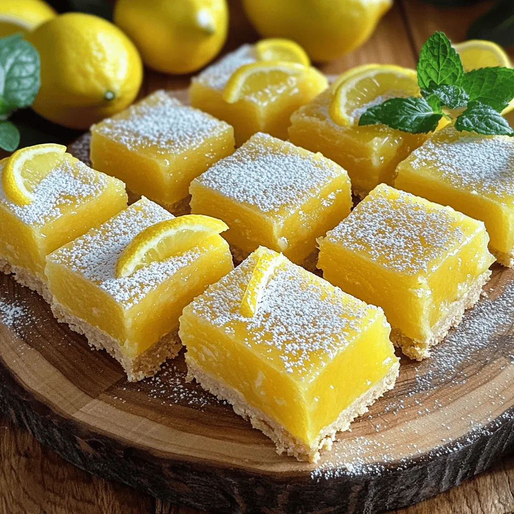 Die Hauptzutaten für meine Zitronenbars sind einfach und frisch. Hier ist, was du brauchst: - 1 Tasse Allzweckmehl - 1/2 Tasse ungesalzene Butter, weich - 1/4 Tasse Puderzucker - 1/4 Teelöffel Salz - 1 Tasse Kristallzucker - 2 große Eier - 1/4 Tasse frischer Zitronensaft (ca. 2 Zitronen) - Schale von 1 Zitrone - 1/2 Teelöffel Backpulver - Puderzucker zum Bestäuben (optional) Jede Zutat spielt eine wichtige Rolle. Die Butter gibt der Kruste ihren Geschmack und die Eier machen die Füllung schön fest. Für die Zubereitung der Zitronenbars brauchst du einige einfache Utensilien: - Eine 20x20 cm (8x8 Zoll) Backform - Zwei Rührschüsseln - Einen Schneebesen oder eine Gabel - Ein Messbecher und Messlöffel - Ein Backpapier oder eine Fettfolie - Ein Sieb (für Puderzucker, optional) Diese Utensilien machen das Backen leichter und schneller. Sie helfen dir, die Zutaten gut zu vermischen und die Bars gleichmäßig zu backen. Die Auswahl der richtigen Zutaten ist wichtig. Hier sind einige Tipps: - Butter: Verwende ungesalzene Butter für einen besseren Geschmack. - Eier: Frische Eier sorgen für eine bessere Textur. - Zitronen: Wähle saftige, reife Zitronen. Sie geben den besten Geschmack. - Zucker: Kristallzucker sorgt für die richtige Süße in der Füllung. - Mehl: Allzweckmehl ist perfekt für die Kruste. Mit diesen Tipps wird dein Rezept immer gut gelingen. Du kannst die besten Zutaten finden, um köstliche Lemon Bars zu machen. Für die vollständige Anleitung und alle Schritte schau dir das [Full Recipe] an. Für die Kruste beginne ich mit der Butter. Ich lasse die Butter weich werden. Das macht es einfacher, sie zu mischen. In einer Schüssel kombiniere ich die weiche Butter, Puderzucker, Mehl und Salz. Ich benutze eine Gabel, um alles gut zu vermengen. Die Mischung sollte krümelig, aber fest sein. Dann drücke ich die Mischung gleichmäßig in die Backform. Das sorgt für eine schöne Basis. Ich backe die Kruste bei 175°C für etwa 15 Minuten. Sie soll leicht goldbraun sein. Während die Kruste backt, bereite ich die Zitronenfüllung vor. Jetzt geht es an die Zitronenfüllung. In einer neuen Schüssel vermische ich den Kristallzucker mit den Eiern. Ich schlage sie gut zusammen, bis die Mischung hell und cremig ist. Dann füge ich den frischen Zitronensaft und die Zitronenschale hinzu. Das gibt der Füllung einen tollen Geschmack. Ich rühre das Backpulver ein und mische alles gut. Die Füllung soll glatt sein. Sobald die Kruste fertig ist, gieße ich die Zitronencreme gleichmäßig darüber. Ich stelle die Backform zurück in den Ofen. Jetzt backe ich die Bars für 20 bis 25 Minuten. Sie sind fertig, wenn die Füllung fest und leicht goldbraun ist. Nach dem Backen lasse ich die Bars in der Form abkühlen. Das ist wichtig, damit sie gut schneiden lassen. Ich schneide sie in Quadrate oder Rechtecke. Wenn ich möchte, bestäube ich die Oberseite mit Puderzucker. Das sieht schön aus und schmeckt auch toll. Für das vollständige Rezept schaue dir die [Full Recipe] an. Um die perfekte Konsistenz für deine Lemon Bars zu erzielen, ist das Mischen der Zutaten wichtig. Du solltest darauf achten, dass die Butter weich ist. Das macht die Mischung cremig. Mische die Kruste, bis sie krümelig ist, aber nicht zu lange. Wenn du die Füllung zubereitest, rühre sie gut, bis sie glatt ist. So bleibt die Füllung nach dem Backen schön fest. Frische Zitronen bringen das beste Aroma in deine Lemon Bars. Du solltest immer saftige, reife Zitronen wählen. Drücke die Zitronen aus, um maximalen Saft zu erhalten. Die Schale der Zitrone gibt zusätzlichen Geschmack. Achte darauf, nur den gelben Teil der Schale zu verwenden. Der weiße Teil schmeckt bitter. Ein häufiger Fehler ist, die Bars zu lange zu backen. Achte darauf, dass die Füllung leicht fest ist, aber nicht zu fest. Wenn deine Bars zu süß sind, kannst du weniger Zucker verwenden. Wenn die Kruste bricht, kann das an zu trockenem Mehl liegen. Verwende weniger Mehl oder mehr Butter. Wenn du diese Tipps befolgst, gelingen dir perfekte Lemon Bars. {{image_4}} Du kannst die klassischen Zitronenbars leicht glutenfrei machen. Ersetze einfach das Allzweckmehl durch glutenfreies Mehl. Es gibt viele hervorragende glutenfreie Mehlmischungen. Achte darauf, eine zu wählen, die gut bindet. Die Textur bleibt so schön zart und die Bars schmecken trotzdem frisch und zitronig. Für einen tropischen Twist füge Kokosnuss hinzu. Verwende geraspelte Kokosnuss in der Kruste oder in der Füllung. Ein Kokosnussgeschmack bringt eine neue Dimension. Es passt gut zu den frischen Zitronen. Du kannst auch Kokosmilch statt Butter in der Füllung verwenden. Dies verleiht den Bars eine cremige Konsistenz. Beeren bringen Farbe und Geschmack. Himbeeren oder Heidelbeeren passen gut zu Zitronen. Du kannst sie in die Füllung mischen oder oben auf die Bars legen. Auch andere Früchte wie Erdbeeren oder Pfirsiche sind möglich. Sie machen die Bars noch fruchtiger und süßer. Experimentiere mit deinen Lieblingsfrüchten für einen neuen Genuss. Die Möglichkeiten sind endlos! Um deine Zitronenbars frisch zu halten, lagere sie in einem luftdichten Behälter. Achte darauf, dass sie vollständig abgekühlt sind, bevor du sie verpackst. Die Kälte hilft, den Geschmack und die Textur zu bewahren. Stelle den Behälter in den Kühlschrank. So bleiben die Bars bis zu einer Woche lecker. Im Kühlschrank halten sich die Zitronenbars etwa eine Woche. Wenn du sie länger aufbewahren möchtest, kannst du sie auch einfrieren. Wickele jede Bar in Frischhaltefolie und lege sie in einen Gefrierbeutel. So bleiben sie bis zu drei Monate frisch. Achte darauf, das Datum auf den Beutel zu schreiben, um den Überblick zu behalten. Wenn du die Zitronenbars wieder aufwärmen möchtest, kannst du sie kurz in die Mikrowelle legen. Erhitze sie für 10 bis 15 Sekunden bei mittlerer Hitze. So werden sie warm und bleiben saftig. Du kannst auch einen Toaster oder einen Ofen nutzen. Backe sie bei 150°C für etwa 5 Minuten. Achte darauf, dass sie nicht austrocknen. Die Zitronenbars benötigen etwa zwei Stunden, um vollständig abzukühlen. Wenn du sie direkt aus dem Ofen nimmst, sind sie sehr heiß. Lass sie in der Form stehen, damit sie gut abkühlen. Dies verhindert, dass die Bars beim Schneiden zerfallen. Du kannst sie auch in den Kühlschrank stellen, um den Abkühlprozess zu beschleunigen. So werden die Bars fest und lecker. Ja, du kannst die Zitronenfüllung ganz nach deinem Geschmack anpassen. Wenn du es süßer magst, füge mehr Zucker hinzu. Für einen intensiveren Zitronengeschmack kannst du mehr Zitronensaft und Schale verwenden. Du kannst auch andere Aromen wie Vanille oder Limette einfügen. Experimentiere ruhig mit den Zutaten, um deine perfekte Mischung zu finden. Um die Zitronenbars gut zu schneiden, warte, bis sie vollständig abgekühlt sind. Verwende ein scharfes Messer, um saubere Schnitte zu machen. Du kannst auch ein heißes Messer verwenden, indem du es kurz unter heißes Wasser hältst und dann abwischst. Dies hilft, die Bars gleichmäßig zu schneiden, ohne sie zu zerdrücken. Zum Servieren kannst du die einzelnen Stücke auf einen Teller legen. Für das vollständige Rezept schau dir den [Full Recipe] an. Zitronenbars sind ein einfacher Genuss, den du selbst machen kannst. Wir haben die Zutaten, die Schritte und viele Tipps behandelt. Denke an die besten Zutaten für den guten Geschmack. Die richtigen Utensilien helfen dir dabei, alles glatt zu machen. Mit unseren Varianten kannst du die Bars anpassen. Denke auch an die Aufbewahrung, damit sie frisch bleiben. Probiere diese einfachen Schritte aus, und genieße deine leckeren Zitronenbars!