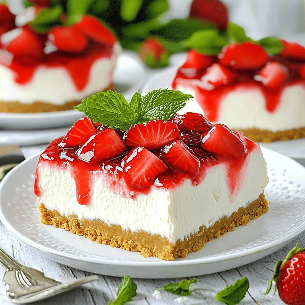 Für den perfekten No-Bake Erdbeer-Cheesecake brauchst du: - 1 ½ Tassen Graham-Cracker-Brösel - ½ Tasse ungesalzene Butter, geschmolzen - 2 Tassen Frischkäse, zimmerwarm Diese Zutaten bilden die Basis für eine cremige Füllung und eine knusprige Kruste. Die Graham-Cracker-Brösel geben deinem Cheesecake eine tolle Textur. Die geschmolzene Butter sorgt dafür, dass alles gut zusammenhält. Der Frischkäse macht die Füllung schön cremig. Für die richtige Süße und den besonderen Geschmack benötigst du: - 1 Tasse Puderzucker - 1 Teelöffel Vanilleextrakt Der Puderzucker wird die Füllung süß machen, ohne sie zu schwer zu machen. Der Vanilleextrakt bringt einen feinen, aromatischen Geschmack. Diese beiden Zutaten sind wichtig, um den Cheesecake lecker zu machen. Für die Dekoration und den letzten Schliff brauchst du: - 1 Tasse Schlagsahne - 2 Tassen frische Erdbeeren, geputzt und in Scheiben geschnitten - ¼ Tasse Erdbeermarmelade (optional für einen Drizzle) Schlagsahne macht den Cheesecake luftig und leicht. Die frischen Erdbeeren bringen Farbe und Frische. Wenn du magst, kannst du die Erdbeermarmelade für einen süßen Drizzle verwenden. Sie sieht nicht nur gut aus, sondern schmeckt auch toll. Diese Zutaten ergeben zusammen einen himmlischen No-Bake Erdbeer-Cheesecake. Wenn du die Schritte befolgst, wirst du sicher viele Komplimente bekommen. Schau dir das Full Recipe an, um mit dem Backen zu beginnen! Zuerst bereiten wir die Kruste vor. Nehmen Sie 1 ½ Tassen Graham-Cracker-Brösel und vermengen Sie diese mit ½ Tasse geschmolzener Butter. Rühren Sie gut um, bis die Mischung wie feuchter Sand aussieht. Dann drücken Sie die Mischung gleichmäßig in den Boden einer 9-Zoll-Springform. Achten Sie darauf, dass die Kruste fest ist. Kühlen Sie die Kruste für 15 Minuten, damit sie stabil wird. Jetzt geht es an die Füllung. In einer großen Schüssel nehmen Sie 2 Tassen zimmerwarmen Frischkäse. Schlagen Sie ihn mit einem Handmixer, bis er glatt und cremig ist. Fügen Sie 1 Tasse Puderzucker und 1 Teelöffel Vanilleextrakt hinzu. Mischen Sie weiter, bis alles gut vermengt ist. In einer separaten Schüssel schlagen Sie 1 Tasse Schlagsahne, bis sich steife Spitzen bilden. Falten Sie die Schlagsahne vorsichtig in die Frischkäse-Mischung. Achten Sie darauf, die Luftigkeit nicht zu verlieren. Falten Sie nun die Hälfte der 2 Tassen geschnittenen Erdbeeren in die Cheesecake-Mischung. Die andere Hälfte bleibt für die Dekoration. Gießen Sie die gesamte Cheesecake-Mischung über die vorbereitete Kruste. Glätten Sie die Oberseite mit einem Spatel. Decken Sie die Springform mit Frischhaltefolie ab und kühlen Sie den Cheesecake mindestens 4 Stunden lang, bis er fest ist. Für das vollständige Rezept schauen Sie sich den Abschnitt Full Recipe an. - Zu hoch schlagen der Sahne: Wenn Sie die Sahne zu hoch schlagen, wird sie fest und körnig. Schlagen Sie die Sahne nur bis sich steife Spitzen bilden. Achten Sie darauf, dass die Sahne weich bleibt. So bleibt der Cheesecake schön cremig und luftig. - Übermixen der Frischkäse-Mischung: Übermixen kann die Struktur Ihres Cheesecakes ruinieren. Mixen Sie den Frischkäse sanft mit dem Puderzucker und dem Vanilleextrakt. Mischen Sie nur so lange, bis alles gut vermischt ist. So bleibt die Textur glatt und schön. - Mit frischen Erdbeeren garnieren: Frische Erdbeeren machen den Cheesecake nicht nur lecker, sondern sehen auch toll aus. Legen Sie einige Erdbeeren oben auf den Cheesecake. Das gibt Farbe und Frische. - Minzblätter als dekoratives Element hinzufügen: Ein paar frische Minzblätter machen viel aus. Sie bringen nicht nur Farbe, sondern auch einen frischen Geschmack. Legen Sie sie auf die Erdbeeren oder an den Rand des Tellers. - Vorbereitungs- und Kühlzeiten richtig einplanen: Planen Sie Ihre Zeit gut ein. Die Zubereitung dauert etwa 20 Minuten. Danach muss der Cheesecake mindestens 4 Stunden kühlen. Machen Sie ihn also früh genug, damit er bei Ihrem Anlass fertig ist. Das gibt Ihnen Zeit, ihn zu genießen! {{image_4}} Wenn du nach einer gesünderen Option suchst, probiere griechischen Joghurt anstelle von Frischkäse. Er ist cremig und hat weniger Fett. Du wirst den Unterschied kaum merken. Außerdem kannst du Zuckeralternativen wie Stevia oder Erythrit verwenden. Diese sind gut für Diabetiker und helfen, den Zuckergehalt zu senken. Für einen frischen Kick füge etwas Zitrone hinzu. Der Zitronensaft bringt eine tolle Säure in die süße Füllung. Wenn du Erdbeeren nicht magst, ersetze sie durch Himbeeren oder Blaubeeren. Diese Früchte bringen ihre eigene Süße und Farbe in den Cheesecake. So bleibt das Rezept aufregend und neu. Wenn du glutenfrei essen möchtest, verwende glutenfreie Graham-Cracker. Diese sind leicht zu finden und schmecken genauso gut. Mit dieser kleinen Änderung kannst du alle genießen, ohne auf den Geschmack zu verzichten. Das macht den No-Bake Strawberry Cheesecake für jeden zugänglich. Für das vollständige Rezept schau dir die Himmlische No-Bake Erdbeer-Cheesecake Anleitung an. Um den Cheesecake frisch zu halten, stelle ihn in den Kühlschrank. Das hilft, die cremige Textur zu bewahren. Wickele den Cheesecake in Frischhaltefolie. So verhinderst du, dass er austrocknet. Diese kleine Maßnahme hält den Geschmack und die Frische intakt. Wie lange bleibt der Cheesecake frisch? Gut gekühlt hält er sich bis zu fünf Tage. Wenn du Reste hast, lagere diese in einem luftdichten Behälter. So bleibt der Cheesecake länger köstlich. Achte darauf, ihn nicht in der Nähe von starken Gerüchen zu lagern. Der Cheesecake kann den Geschmack anderer Lebensmittel annehmen. Um den Cheesecake einzufrieren, schneide ihn in Stücke. Wickele jedes Stück in Frischhaltefolie und lege es in einen Gefrierbeutel. So bleibt die Frische bis zu drei Monate erhalten. Zum Auftauen nimm die Stücke einfach aus dem Gefrierfach. Lass sie über Nacht im Kühlschrank auftauen. So bleibt die Textur perfekt und der Geschmack unverändert. Der No-Bake Erdbeer-Cheesecake muss mindestens 4 Stunden kühlen. Ich empfehle, ihn über Nacht im Kühlschrank zu lassen. So wird er schön fest und die Aromen vermischen sich gut. Eine längere Kühlzeit macht den Cheesecake noch besser. Ja, du kannst diesen Cheesecake mit vielen anderen Früchten machen. Himbeeren und Blaubeeren sind tolle Alternativen. Du kannst auch Pfirsiche oder Kiwis verwenden. Achte darauf, die Früchte frisch und reif zu wählen. Das macht deinen Cheesecake noch leckerer. Ja, der Cheesecake kann glutenfrei sein. Verwende glutenfreie Graham-Cracker für die Kruste. Achte auch darauf, dass alle anderen Zutaten glutenfrei sind. So kann jeder deinen leckeren Cheesecake genießen, egal welche Diät er hat. Um einen leckeren No-Bake Erdbeer-Cheesecake zuzubereiten, haben wir alle Zutaten und Schritte durchgearbeitet. Du hast gelernt, wie man die Kruste vorbereitet, die Füllung anmischt und alles zusammenfügt. Vermeide gängige Fehler wie das Übermixen und plane ausreichend Zeit ein. Du kannst kreativ werden, indem du verschiedene Früchte oder Alternativen wie griechischen Joghurt nutzt. Mit diesen Tipps und Tricks wird dein Cheesecake sicher ein Hit. Begeistere deine Gäste damit und genieße die leckeren Ergebnisse!