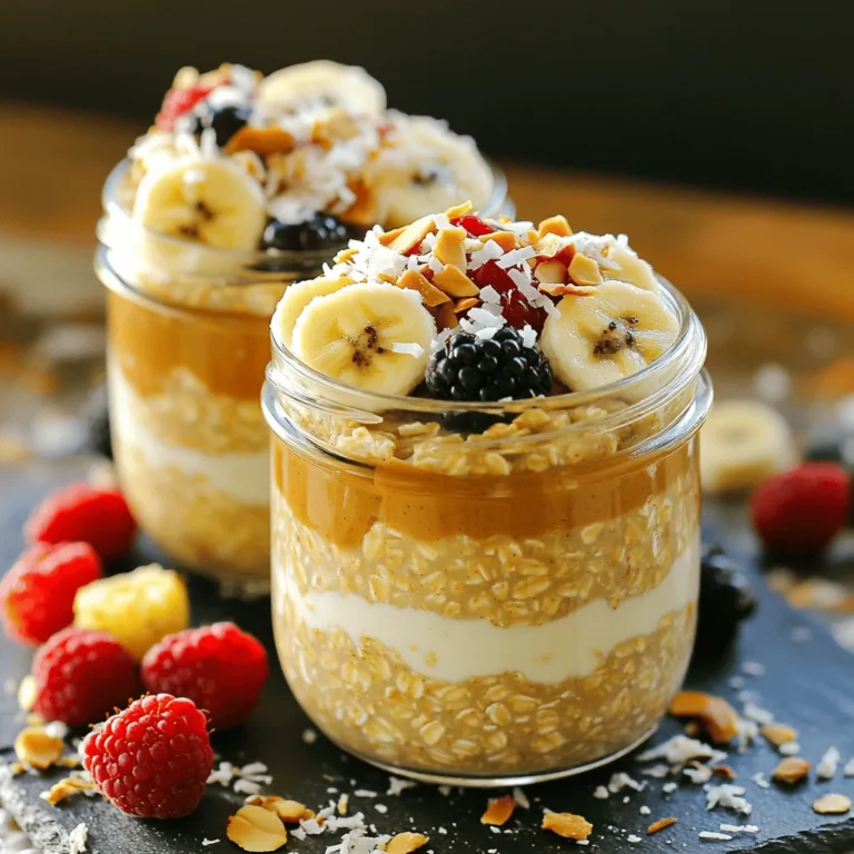 - Haferflocken und ihre Rolle Haferflocken sind die Basis für unsere Overnight Oats. Sie bieten Ballaststoffe und halten uns lange satt. Sie sind einfach zuzubereiten und nehmen die Aromen gut auf. Am besten verwendest du große Haferflocken. Diese haben eine ideale Konsistenz, wenn sie über Nacht einweichen. - Wahl der Milchalternative Du kannst jede Milchalternative verwenden, die dir schmeckt. Ich empfehle ungesüßte Mandelmilch. Sie hat einen milden Geschmack und ergänzt die Erdnussbutter perfekt. Andere Optionen sind Sojamilch oder Hafermilch. Probiere einfach aus, was dir am besten gefällt. - Erdnussbutter: Auswahl und Geschmack Wähle natürliche Erdnussbutter ohne Zusatzstoffe. Diese hat den besten Geschmack und ist gesünder. Du kannst crunchy oder creamy Erdnussbutter nehmen. Die crunchy Variante gibt einen tollen Biss, während die creamy sehr glatt ist. - Verwendung von Ahornsirup oder Honig Ahornsirup oder Honig bringen Süße in die Overnight Oats. Ich mag Ahornsirup, weil er eine feine Note hat. Honig ist auch eine gute Wahl, besonders wenn du einen kräftigen Geschmack magst. Beide sind natürlich und gesund. - Bedeutung von Vanilleextrakt und Salz Ein Hauch von Vanilleextrakt bringt Tiefe in den Geschmack. Es macht die Oats noch leckerer. Salz ist wichtig, um die Süße zu betonen. Ein kleiner Spritzer reicht aus, um das Aroma zu verstärken. - Kokosraspeln für zusätzlichen Geschmack Kokosraspeln geben ein tropisches Flair. Sie sind knusprig und passen gut zu Erdnussbutter. Füge sie in die Mischung oder oben drauf hinzu. So erhältst du mehr Textur. - Frische Früchte als Garnierung Frische Früchte wie Bananen oder Beeren sind perfekt als Topping. Sie bringen Frische und Farbe in dein Frühstück. Zudem sind sie gesund und voller Vitamine. - Nüsse für den Crunch Gehackte Nüsse wie Mandeln oder Walnüsse geben einen tollen Crunch. Sie ergänzen die Cremigkeit der Erdnussbutter. Füge sie einfach vor dem Servieren hinzu, um die beste Textur zu erhalten. Für die vollständige Zubereitung kannst du das [Full Recipe] nutzen, um deine perfekten Erdnussbutter Overnight Oats zu machen. Zuerst mischen wir die Grundzutaten. Nehmen Sie eine mittelgroße Schüssel und geben Sie folgende Zutaten hinein: - 1 Tasse Haferflocken (groß) - 1 Tasse ungesüßte Mandelmilch (oder Milch nach Wahl) - 2 Esslöffel natürliche Erdnussbutter - 2 Esslöffel Ahornsirup (oder Honig) - 1/4 Teelöffel Vanilleextrakt - 1/4 Teelöffel Salz Rühren Sie alles gut um, bis die Erdnussbutter gleichmäßig verteilt ist. Diese Mischung ist der Schlüssel zu den leckeren Erdnussbutter Overnight Oats. Als Nächstes fügen Sie die Kokosraspeln hinzu. Diese geben dem Gericht einen tollen Geschmack und eine schöne Textur. Rühren Sie erneut gut um, bis alles gleichmäßig vermischt ist. Jetzt ist es Zeit, die Mischung in Behälter zu portionieren. Wählen Sie zwei Gläser oder Behälter mit dicht schließendem Deckel. Diese sind perfekt für das Einweichen der Haferflocken. Teilen Sie die Mischung gleichmäßig auf die Behälter auf. Das Verschließen ist sehr wichtig. Sie möchten nicht, dass Luft oder andere Gerüche in die Gläser gelangen. Stellen Sie sicher, dass der Deckel fest sitzt. Die Kühlzeit beträgt mindestens 4 Stunden, am besten über Nacht. So werden die Haferflocken weich und lecker. Nach der Kühlzeit können Sie die Haferflocken gut umrühren. Wenn sie zu dick sind, fügen Sie einen Spritzer Milch hinzu. Die optimale Konsistenz ist cremig und leicht. Genießen Sie die Overnight Oats direkt aus dem Glas. Sie können sie aber auch in eine Schüssel geben und mit frischen Früchten und gehackten Nüssen toppen. So wird das Frühstück noch schöner und schmackhafter! Um die perfekte Konsistenz für deine Erdnussbutter Overnight Oats zu erhalten, passe die Milchmenge an. Wenn du die Mischung lieber cremiger magst, füge etwas mehr Milch hinzu. Beginne mit einer Tasse ungesüßter Mandelmilch. Wenn du die Haferflocken am Morgen rührst, kannst du die Konsistenz nach Bedarf anpassen. Das Rühren ist wichtig. Achte darauf, dass du alle Zutaten gut vermischst. So verteilt sich die Erdnussbutter gleichmäßig. Ein einfacher Löffel oder ein Schneebesen tut hier Wunder. Rühre die Mischung etwa eine Minute lang, bis sie schön cremig ist. Bereite die Overnight Oats am Vorabend zu. Auf diese Weise sparst du Zeit am Morgen. Du kannst alle Zutaten in einer Schüssel mischen und dann in Vorratsbehälter füllen. Ich empfehle, zwei Gläser zu nutzen. Das erleichtert das Portionieren und macht das Frühstück einfach. Verwende luftdichte Behälter. So bleiben die Haferflocken frisch und lecker. Du kannst sie auch für andere Snacks oder Mahlzeiten nutzen. Das macht die Zubereitung effizienter. Wenn du glutenfrei essen musst, sind Haferflocken eine gute Wahl. Achte darauf, dass du glutenfreie Haferflocken kaufst. Es gibt viele Marken, die spezielle glutenfreie Produkte anbieten. Falls du allergisch gegen Erdnüsse bist, kannst du die Erdnussbutter ersetzen. Mandelbutter oder Cashewbutter sind schmackhafte Alternativen. Diese Nussbutter geben deinen Overnight Oats einen tollen Geschmack. Probiere sie einmal aus! {{image_4}} Für einen köstlichen Twist können Sie Ihre Erdnussbutter Overnight Oats variieren. Eine beliebte Option ist die Schokoladen- oder Kakaovariation. Fügen Sie einfach einen Löffel Kakaopulver zur Mischung hinzu. Das bringt einen reichen, schokoladigen Geschmack. Eine andere tolle Idee sind fruchtige Varianten mit Beeren. Sie können frische Erdbeeren, Himbeeren oder Heidelbeeren verwenden. Diese bringen Frische und natürliche Süße in Ihre Overnight Oats. Möchten Sie mehr Eiweiß? Dann fügen Sie etwas Proteinpulver hinzu. Ein Löffel Vanille- oder Schokoladengeschmack passt gut dazu. Das macht die Oats noch nahrhafter und sättigender. Alternativ können Sie auch andere Nussbutter verwenden. Mandelbutter oder Cashewbutter sind leckere Optionen. Sie geben einen anderen Geschmack und sind ebenso gesund. Wenn Sie vegan leben, gibt es einfache Anpassungen. Verwenden Sie Pflanzenmilch wie Hafer- oder Sojamilch und ersetzen Sie Honig durch Agavensirup. So bleibt das Rezept rein pflanzlich. Für Paleo-Fans können Sie die Haferflocken durch Chiasamen oder Kokosnussflocken ersetzen. Diese Zutaten sind schmackhaft und passen gut zu einem Paleo-Lebensstil. Denken Sie daran, dass die Möglichkeiten endlos sind! Beginnen Sie mit dem [Full Recipe] und experimentieren Sie nach Lust und Laune. Erdnussbutter Overnight Oats bleiben frisch, wenn du sie im Kühlschrank lagerst. Der Kühlschrank hält die Haferflocken kühl und verhindert das Verderben. Wenn du viele Portionen zubereitest, teile sie in mehrere Behälter auf. Das macht das Frühstück einfach und schnell. Verwende luftdichte Behälter, um die Frische zu bewahren. Die Haferflocken sind im Kühlschrank bis zu fünf Tage haltbar. Achte darauf, sie gut zu verschließen. So bleibt der Geschmack frisch. Du wirst den Unterschied merken, wenn du sie frisch hältst. Überprüfe die Haferflocken vor dem Essen auf unangenehme Gerüche oder Veränderungen in der Farbe. Du kannst die Erdnussbutter Overnight Oats auch einfrieren. Fülle die Mischung in gefriergeeignete Behälter. Achte darauf, etwas Platz zu lassen, da die Mischung beim Gefrieren expandiert. Um sie aufzutauen, stelle den Behälter einfach in den Kühlschrank. Lasse sie über Nacht auftauen. Rühre die Haferflocken gut durch, bevor du sie servierst. So erhältst du eine schöne, cremige Konsistenz. Erdnussbutter Overnight Oats halten sich gut im Kühlschrank. Sie bleiben bis zu fünf Tage frisch. Achte darauf, die Haferflocken in einem luftdichten Behälter zu lagern. So vermeidest du, dass sie austrocknen oder Gerüche aufnehmen. Wenn du sie länger aufbewahren möchtest, friere sie ein. Achte darauf, beim Auftauen langsam vorzugehen. Ja, du kannst Erdnussbutter durch Mandel-, Cashew- oder Sonnenblumenkernbutter ersetzen. Jede Nussbutter hat ihren eigenen Geschmack. Mandelbutter ist milder, während Cashewbutter cremig und leicht süß ist. Sonnenblumenkernbutter hat einen nussigen Geschmack und ist eine gute Option für Allergiker. Probiere verschiedene Sorten aus und finde deinen Favoriten! Ja, du kannst die Haferflocken auch warm genießen. Einfach die Mischung in einen Topf geben und bei niedriger Hitze erwärmen. Rühre ständig, bis sie warm sind. Das gibt dir eine andere, aber leckere Variante. Du kannst auch etwas Milch hinzufügen, um die Konsistenz zu verbessern. Es gibt viele tolle Kombinationen! Hier sind einige Vorschläge für Toppings und Mix-ins: - Bananenscheiben für Süße - Beeren für einen frischen Geschmack - Gehackte Nüsse für den Crunch - Honig oder Ahornsirup für zusätzliche Süße - Schokoladenstückchen für eine süße Überraschung Experimentiere mit verschiedenen Zutaten, um dein perfektes Frühstück zu finden! Zusammengefasst haben wir die Hauptzutaten für Übernacht-Haferflocken erforscht. Wir haben über die Rolle der Haferflocken, Milchalternativen und Erdnussbutter gesprochen. Auch süße Aromastoffe und optionale Toppings wurden erläutert. Ich habe Tipps gegeben, wie du die perfekte Konsistenz erreichen kannst und wie du deine Haferflocken lagerst. Variationen und Anpassungen für spezielle Diäten waren ebenfalls wichtig. Überragende Übernacht-Haferflocken sind nicht nur nahrhaft, sondern auch vielseitig. Probiere sie aus und finde deine Lieblingskombination!