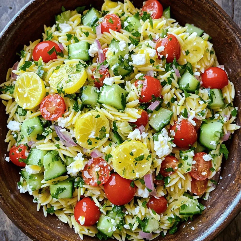 - 1 Tasse Orzo-Nudeln - 2 Esslöffel Olivenöl - 2 Knoblauchzehen, klein gehackt - 1 Zitrone (abgerieben und ausgepresst) Die Orzo-Nudeln sind die Basis für diesen Salat. Sie sind klein und haben eine schöne Form. Olivenöl bringt Geschmack und hilft, die Zutaten zu verbinden. Knoblauch gibt dem Salat eine leckere Würze. Frischer Zitronensaft macht das Gericht spritzig und lebendig. - 1 Tasse Cocktailtomaten, halbiert - 1 Gurke, gewürfelt - 1/2 rote Zwiebel, fein gehackt - 1/4 Tasse frische Petersilie, gehackt Frisches Gemüse macht den Salat bunt und gesund. Die Cocktailtomaten geben Süße und Farbtupfer. Gurken bringen Knackigkeit und Frische. Rote Zwiebeln fügen einen milden, süßen Geschmack hinzu. Petersilie bringt Farbe und einen frischen Hauch. - 1/4 Tasse Feta-Käse, zerbröckelt - Salz und Pfeffer nach Geschmack Feta-Käse fügt eine cremige Textur und salzigen Geschmack hinzu. Salz und Pfeffer heben die Aromen hervor. Der Feta macht den Salat herzhaft und befriedigend. Für das vollständige Rezept, schau dir die [Full Recipe] an. Bringe einen großen Topf mit gesalzenem Wasser zum Kochen. Füge die Orzo-Nudeln hinzu und koche sie für 8-10 Minuten, bis sie al dente sind. Achte darauf, dass sie nicht zu weich werden. Nach dem Kochen gieße die Nudeln ab und spüle sie unter kaltem Wasser. Dies stoppt den Garprozess und hilft, die Nudeln nicht zusammenzukleben. Jetzt kommt der leckere Teil! In einer kleinen Schüssel vermische das Olivenöl, den klein gehackten Knoblauch, die abgeriebene Zitronenschale und den frisch gepressten Zitronensaft. Rühre die Mischung gut um, bis sie gleichmäßig aussieht. Schmecke das Dressing mit Salz und Pfeffer ab. Ich liebe es, die frische Zitrone zu schmecken! Nehme eine große Schüssel und gib die abgekühlten Orzo-Nudeln hinein. Füge die halbierten Cocktailtomaten, die gewürfelte Gurke, die fein gehackte rote Zwiebel und die gehackte Petersilie hinzu. Mische alles vorsichtig. Gieße dann das Zitronen-Knoblauch-Dressing über die Mischung. Hebe alles vorsichtig unter, bis alles gut vermengt ist. Es sieht nicht nur toll aus, sondern schmeckt auch frisch und lecker. Jetzt bist du bereit, deinen Salat zu genießen! Du kannst auch die vollständige Rezeptanleitung für weitere Details einsehen. Um das Dressing perfekt zu machen, wähle ein hochwertiges Olivenöl. Es sollte frisch und aromatisch sein. Ein gutes Olivenöl hebt den Geschmack deines Salats. Drücke den Zitronensaft frisch aus. Das gibt mehr Geschmack als der Saft aus der Flasche. Verwende etwas Zitronenschale für zusätzlichen Frischekick. Mische alles gut in einer kleinen Schüssel. Schmecke das Dressing mit Salz und Pfeffer ab. Du kannst deinen Salat mit verschiedenen Zutaten anpassen. Oliven bringen eine salzige Note. Avocado macht den Salat cremiger und reichhaltiger. Frische Kräuter wie Basilikum oder Minze sorgen für einen neuen Geschmack. Experimentiere mit diesen Zutaten, um deinen perfekten Salat zu finden. Präsentiere den Salat schön in einer großen Schüssel. Beträufle ihn mit etwas Olivenöl und streue frische Petersilie darüber. Das sieht nicht nur gut aus, sondern schmeckt auch besser. Serviere den Salat kühl oder bei Zimmertemperatur. So kommen die Aromen am besten zur Geltung. Du kannst den Salat auch als Beilage zu Grillgerichten reichen. Für die beste Erfahrung, lass ihn vor dem Servieren 15 Minuten stehen. Dies hilft, die Aromen gut zu vermischen. {{image_4}} Wenn du den Salat vegan gestalten möchtest, ersetze die tierischen Produkte. Statt Feta kannst du z.B. einen pflanzlichen Käse verwenden. Füge mehr Gemüse hinzu, wie Paprika, Zucchini oder Spinat. Diese Zutaten bringen Farbe und Geschmack. Du kannst auch gebratene Auberginen oder Zucchini für eine interessante Textur verwenden. Eine gute Mischung macht den Salat lebendiger und gesünder. Möchtest du mehr Protein in deinen Salat bringen? Füge Hühnchen, Kichererbsen oder Quinoa hinzu. Gekochtes Hühnchen gibt dem Salat einen herzhaften Geschmack. Kichererbsen sind eine tolle vegane Quelle für Protein und Ballaststoffe. Quinoa ist auch eine gute Wahl, da es alle neun essentiellen Aminosäuren enthält. Diese Optionen machen deinen Salat sättigender und nahrhafter. Du kannst die Zutaten an die Jahreszeit anpassen. Im Sommer sind frische Erbsen oder grüne Bohnen lecker. Im Herbst könntest du geröstete Kürbisstücke hinzufügen. Im Winter sind geriebene Karotten oder Rote Beete sehr schmackhaft. Diese saisonalen Zutaten bringen Abwechslung und neue Geschmäcker in deinen Salat. So bleibt das Rezept spannend und frisch. Um den Lemon Garlic Orzo Salad frisch zu halten, lagere ihn in einem luftdichten Behälter. Das verhindert, dass er austrocknet. Stelle sicher, dass der Salat vollständig abgekühlt ist, bevor du ihn in den Kühlschrank stellst. So bleiben die Aromen kräftig und die Textur bleibt knackig. Dieser Salat bleibt in der Regel 3 bis 5 Tage frisch. Die Gemüse und Kräuter behalten ihren Geschmack, solange du ihn richtig lagerst. Achte darauf, den Salat bei 4 Grad Celsius oder kälter zu lagern. Nach ein paar Tagen kann der Salat weicher werden, aber der Geschmack bleibt lecker. Wiedererwärmung ist nicht nötig, da der Salat kalt serviert wird. Falls du ihn dennoch erwärmen möchtest, gehe vorsichtig vor. Erhitze ihn nur leicht in der Mikrowelle, um die frischen Zutaten nicht zu beschädigen. Ich empfehle, ihn lieber kalt zu genießen. So bleiben die Aromen lebendig und frisch. Für die vollständige Zubereitung des Salats, siehe das [Full Recipe]. Sie können viele Zutaten hinzufügen, um Ihren Salat zu verbessern. Beliebte Optionen sind: - Oliven (schwarz oder grün) - Avocado, in Würfel geschnitten - Gegrillte Paprika für einen rauchigen Geschmack - Artischockenherzen, gut abgetropft - Frische Kräuter wie Basilikum oder Dill Diese Ergänzungen machen den Salat bunter und geschmackvoller. Experimentieren Sie mit verschiedenen Zutaten. So finden Sie Ihre perfekte Mischung. Es ist am besten, den Salat mindestens 15 Minuten zu kühlen. So können sich die Aromen gut vermischen. Sie können ihn auch bis zu einer Stunde kühlen. Das macht den Salat erfrischender und geschmackvoller. Wenn Sie mehr Zeit haben, lassen Sie ihn länger im Kühlschrank. Über Nacht ist auch möglich. Aber denken Sie daran, frische Zutaten wie Gurken und Tomaten verlieren etwas Knackigkeit, wenn sie zu lange liegen. Ja, Sie können Orzo-Nudeln durch andere Pasta ersetzen. Hier sind einige gute Alternativen: - Fusilli oder Spiralen für mehr Textur - Penne für einen herzhaften Biss - Reisnudeln für eine glutenfreie Option Diese Pasta-Alternativen bringen Abwechslung in Ihr Rezept. Achten Sie darauf, die Kochzeiten entsprechend anzupassen. Dieser Blogpost erklärt, wie man einen leckeren Lemon Garlic Orzo Salad zubereitet. Wir haben die Hauptzutaten wie Orzo, frisches Gemüse und Feta besprochen. Zudem gab ich Tipps zur perfekten Zubereitung und Variationen. Ein guter Salat kann vielseitig sein. Spielt mit Zutaten, um neue Geschmäcker zu entdecken. Denkt an die Aufbewahrung, damit er frisch bleibt. Genießt euren Salat als gesunden Snack oder als Beilage. Es ist einfach, kreativ zu sein!