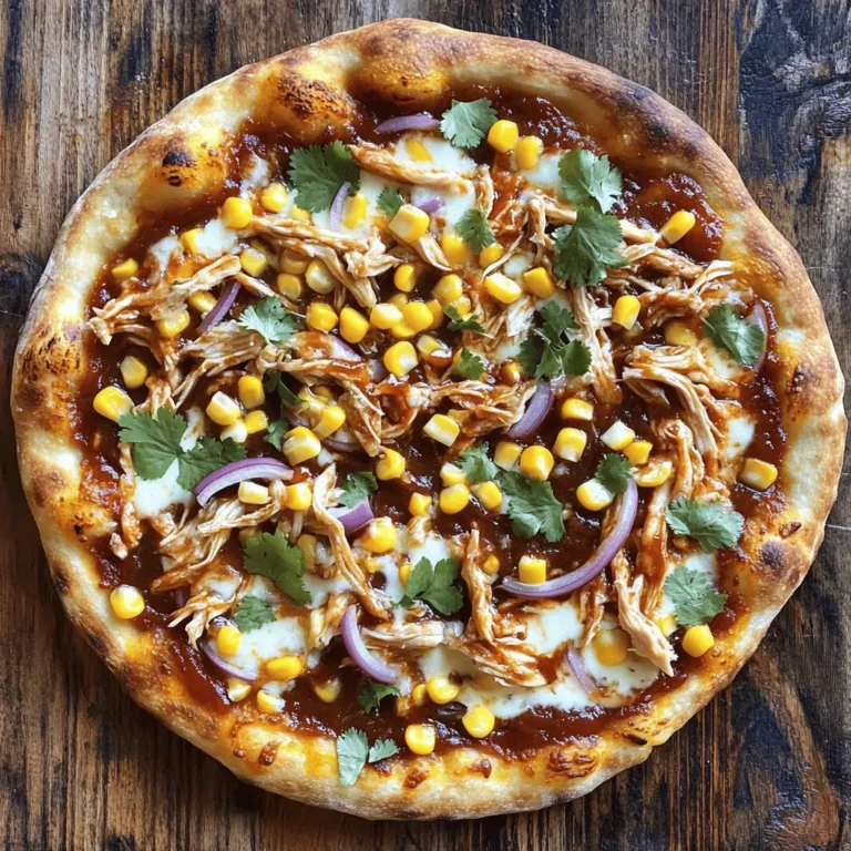 - Pizzateig: Du kannst einen fertigen Teig aus dem Laden nehmen oder ihn selbst machen. Der Teig ist die Basis deiner Pizza und bringt viel Geschmack. - Hühnchen: Verwende gekochtes und zerrupftes Hühnchen. Es sorgt für eine saftige Füllung und nimmt die BBQ-Sauce gut auf. - BBQ-Sauce: Wähle deine Lieblingsmarke. Die Sauce gibt der Pizza ihren rauchigen Geschmack, der einfach unwiderstehlich ist. - Käse: Geriebener Mozzarella ist der beste Käse für diese Pizza. Er schmilzt schön und ist mild im Geschmack. - Gemüse: Rote Zwiebel bringt Süße und Farbe. Maiskörner fügen einen süßen Crunch hinzu. - Garnitur: Frischer Koriander ist optional, bringt jedoch frische Aromen. Er macht die Pizza lebendiger und schöner. Mit diesen Zutaten kannst du eine leckere BBQ Hühnchen Pizza zaubern. Das Rezept ist einfach und macht Spaß! Schau dir das [Full Recipe] an, um alle Schritte zu sehen. Heize den Ofen auf 245°C vor. Diese Temperatur sorgt für einen knusprigen Rand. Wenn du einen Pizzastein hast, lege ihn gleich mit in den Ofen. Roll den Teig auf einer leicht bemehlten Fläche aus. Achte darauf, dass der Teig nicht zu dick ist. Ein dünnerer Teig backt schneller und wird knuspriger. In einer großen Schüssel mische das zerrupfte Hühnchen mit der BBQ-Sauce. Rühre gut um, bis das Hühnchen gleichmäßig mit der Sauce bedeckt ist. Füge Salz und Pfeffer nach deinem Geschmack hinzu. Diese Mischung gibt deiner Pizza einen tollen Geschmack. Du kannst auch die Menge der BBQ-Sauce nach Belieben anpassen. Träufle etwas Olivenöl auf das Backblech. Das hilft, dass der Teig nicht kleben bleibt. Verteile die BBQ-Hühnchen-Mischung gleichmäßig auf dem Pizzateig. Streue den geriebenen Mozzarella-Käse über das Hühnchen. Danach lege die roten Zwiebelringe und die Maiskörner gleichmäßig darauf. Backe die Pizza im heißen Ofen für 12 bis 15 Minuten. Behalte sie im Auge, bis der Rand goldbraun wird und der Käse blubbert. Nimm die Pizza aus dem Ofen und lasse sie kurz abkühlen. Dann schneide sie in Stücke und genieße sie heiß. Du findest das komplette Rezept auch in der Übersicht. Um deine BBQ Hühnchen Pizza zu verbessern, verwende frische Zutaten. Frisches Gemüse und Fleisch schmecken intensiver. Konserven können oft eine weichere Textur haben und weniger Geschmack bieten. Frische Zutaten machen einen großen Unterschied. Die Wahl zwischen Pizzastein und Backblech ist wichtig. Ein Pizzastein speichert Wärme besser. Er sorgt für einen knusprigen Boden. Ein Backblech ist einfacher zu handhaben. Beide Methoden funktionieren gut, aber der Pizzastein gibt dir die beste Kruste. Ein häufiger Fehler ist das Überladen der Pizza. Zu viele Zutaten machen die Pizza matschig. Halte dich an die Mengen im Rezept. So bleibt die Pizza knusprig und lecker. Achte auf die Backtemperatur. Ein zu heißer Ofen kann die Pizza verbrennen. Ein zu kalter Ofen lässt sie nicht richtig backen. Stelle sicher, dass dein Ofen die richtige Temperatur hat. Dies sorgt für eine perfekte Backzeit von 12 bis 15 Minuten. {{image_4}} Es gibt viele einfache Wege, um deine BBQ Hühnchen Pizza gesünder zu machen. Du kannst den Pizzateig ändern. Verwende zum Beispiel Vollkorn-Pizzateig. Er hat mehr Ballaststoffe und Nährstoffe. Du kannst auch einen Blumenkohl-Pizzaboden ausprobieren. Dieser Boden ist leicht und hat wenig Kohlenhydrate. Für die Toppings kannst du mehr Gemüse hinzufügen. Paprika, Spinat und Pilze sind tolle Ideen. Sie geben der Pizza frischen Geschmack. Auch Zucchini und Auberginen sind lecker. Du kannst die Menge an Hühnchen reduzieren und mehr Gemüse verwenden. So wird die Pizza gesünder und bleibt trotzdem lecker. BBQ-Sauce ist nicht nur eine Sorte. Du kannst viele verschiedene Geschmäcker probieren. Eine süße Sauce passt gut zu Hühnchen. Eine scharfe Sauce gibt der Pizza einen Kick. Du kannst auch eine rauchige Sauce nehmen. Diese gibt einen tollen Grillgeschmack. Wenn du keine Hühnchen magst, gibt es Alternativen. Du kannst Rindfleisch oder Schweinefleisch verwenden. Auch Tofu ist eine gute Wahl für Vegetarier. Du kannst die BBQ-Sauce auch mit Kichererbsen kombinieren. Das gibt eine neue Textur und macht die Pizza reich an Protein. Für mehr Ideen schau dir das Full Recipe an und finde deine Favoriten! Um deine BBQ Hühnchen Pizza frisch zu halten, lagere die Reste im Kühlschrank. Wickle die Pizza in Frischhaltefolie oder lege sie in einen luftdichten Behälter. So bleibt sie für 3 bis 4 Tage genießbar. Wenn du mehr Zeit hast, kannst du die Pizza auch einfrieren. Schneide die Pizza in Stücke und lege sie in einen Gefrierbeutel. Drücke die Luft heraus und verschließe den Beutel gut. So bleibt die Pizza bis zu 2 Monate haltbar. Um die Pizza wieder warm zu machen, benutze den Ofen. Heize ihn auf 175°C vor. Lege die Pizza auf ein Backblech und backe sie für etwa 10 Minuten. So bleibt der Boden knusprig und der Käse schmilzt schön. Du kannst auch die Mikrowelle nutzen, aber die Pizza wird dort weich. Wenn du eine knusprige Kruste willst, ist der Ofen die beste Wahl. So schmeckt die BBQ Hühnchen Pizza fast wie frisch aus dem Ofen! Die Vorbereitung der BBQ Hühnchen Pizza dauert nur 10 Minuten. Die gesamte Zeit für das Kochen und Backen beträgt etwa 25 Minuten. Das bedeutet, du kannst die Pizza schnell genießen, ohne lange warten zu müssen. In nur 25 Minuten hast du eine köstliche, heiße Pizza auf deinem Tisch. Ja, du kannst die BBQ-Sauce durch andere Saucen ersetzen. Zum Beispiel passt Honig-Senf gut dazu. Auch eine scharfe Sauce kann dem Gericht einen Kick geben. Wenn du Tomatensauce verwendest, mach die Pizza milder. Jede Sauce verändert den Geschmack, also probiere aus, was dir am besten gefällt. Diese Pizza ist sehr kinderfreundlich! Du kannst die Zutaten anpassen. Wenn deine Kinder keinen Mais mögen, lass ihn einfach weg. Du kannst auch mehr Käse hinzufügen, wenn sie Käseliebhaber sind. Lass sie beim Belegen der Pizza helfen. So wird das Kochen zu einem spaßigen Erlebnis für die ganze Familie! Die BBQ Hühnchen Pizza ist einfach und lecker. Wir haben die besten Zutaten, die besten Schritte und hilfreiche Tipps besprochen. Mit dem richtigen Pizzateig, zerrupftem Hühnchen und deiner Lieblings BBQ-Sauce kreierst du schnell ein tolles Gericht. Denke daran, frische Zutaten zu nutzen und die Pizza nicht zu überladen. Variiere die Rezepte, um deine eigene Note hinzuzufügen. Die Aufbewahrung der Reste ist leicht, so bleibt der Genuss lang erhalten. Jetzt liegt es an dir, diese Pizza zu machen und sich mit Familie oder Freunden zu freuen.
