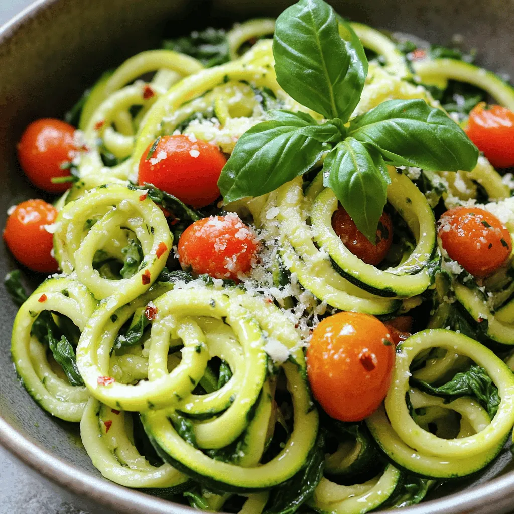 - Zucchini - Kirschtomaten - Frische Spinatblätter Zucchini sind die Hauptzutat für dieses Gericht. Sie sind niedrig in Kalorien und reich an Nährstoffen. Kirschtomaten bringen Süße und Farbe. Frische Spinatblätter fügen einen tollen Geschmack und wichtige Vitamine hinzu. Diese drei Zutaten machen deine Zucchini-Nudeln gesund und köstlich. - Knoblauch - Rote Pfefferflocken - Salz und Pfeffer Knoblauch gibt dem Gericht einen starken Geschmack. Rote Pfefferflocken bringen etwas Schärfe. Salz und Pfeffer sind wichtig, um die Aromen zu heben. Diese Gewürze machen deine Zucchini-Nudeln noch besser. Du kannst die Menge nach deinem Geschmack anpassen. - Geriebener Parmesan - Zitronensaft - Frisches Basilikum Geriebener Parmesan fügt eine cremige Textur hinzu. Zitronensaft bringt Frische und Säure. Frisches Basilikum sorgt für einen tollen Duft. Diese Zutaten sind nicht notwendig, aber sie verbessern das Gericht. Wenn du magst, kannst du sie einfach hinzufügen, um mehr Geschmack zu bekommen. Für die vollständige Anleitung kannst du das [Full Recipe] ansehen. Zucchini-Nudeln sind einfach zuzubereiten. Du kannst einen Spiralschneider oder einen Gemüseschäler verwenden, um sie zu machen. Mit einem Spiralschneider erhältst du lange, spiralförmige Nudeln. Ein Gemüseschäler gibt dir breite Streifen. Lege die Zucchini-Nudeln auf ein Papiertuch. So nimmst du die überschüssige Feuchtigkeit auf. Das hilft, die Nudeln knackig zu halten. Die Hitze ist wichtig. Erhitze das Olivenöl in einer großen Pfanne auf mittlerer Stufe. Warte, bis das Öl heiß ist, bevor du den Knoblauch hinzufügst. Das sorgt für den besten Geschmack. Brate den Knoblauch etwa eine Minute lang an. Du willst, dass er duftet, aber nicht braun wird. Zu langes Braten macht ihn bitter. Jetzt kommen die Kirschtomaten ins Spiel. Halbiere sie und gib sie in die Pfanne. Würze sie mit Salz und Pfeffer. Koche die Tomaten etwa drei bis vier Minuten. Sie sollten leicht weich, aber nicht matschig sein. So bleibt die Textur schön. Dann kannst du die Zucchini-Nudeln hinzufügen. Das ist der nächste Schritt in diesem leckeren Rezept. Für das vollständige Rezept, besuche [Full Recipe]. Um matschige Zucchini-Nudeln zu vermeiden, ist die Vorbereitung entscheidend. Verwende einen Spiralschneider oder einen Gemüseschäler. Nach dem Schneiden legst du die Zoodles auf ein Papiertuch, damit sie überschüssige Feuchtigkeit verlieren. So bleiben sie knackig und lecker. Die richtige Garzeit ist wichtig. Garen die Nudeln nicht länger als 3 Minuten. Überprüfe die Textur während des Kochens. Sie sollten zart, aber nicht matschig sein. So schmecken sie am besten. Kräuter sind der Schlüssel zum Geschmack. Verwende frisches Basilikum oder Petersilie für ein tolles Aroma. Diese Kräuter bringen Frische in dein Gericht. Alternativen wie Oregano oder Thymian bieten auch interessante Geschmäcker. Bei Gewürzen kannst du kreativ sein. Rote Pfefferflocken fügen einen schönen Kick hinzu. Für eine süßere Note probiere etwas Honig oder Balsamico-Essig. Diese Kombinationen machen deine Zucchini-Nudeln einzigartig. Die Präsentation ist wichtig. Serviere die Zucchini-Nudeln in einer flachen Schüssel. Garniere sie mit frischem Basilikum oder Parmesan. Das sieht nicht nur gut aus, sondern schmeckt auch besser. Verwende frische Zutaten zur Dekoration. Kirschtomaten oder Spinatblätter machen das Gericht bunt. Ein paar Spritzer Zitronensaft verleihen einen frischen Look und Geschmack. Diese kleinen Details machen den Unterschied aus. {{image_4}} Zucchini-Nudeln sind eine großartige Wahl für glutenfreie Kost. Sie ersetzen herkömmliche Pasta ohne Gluten. Das macht sie ideal für Menschen mit Zöliakie oder Glutenunverträglichkeit. Du kannst sie mit einer Vielzahl von Beilagen kombinieren. Probier es mit gegrilltem Gemüse oder einer frischen Tomatensauce. Diese Kombination sorgt für einen tollen Geschmack. Möchtest du mehr Protein? Füge Hähnchen, Garnelen oder Tofu zu deinen Zucchini-Nudeln hinzu. Das gibt deinem Gericht mehr Substanz. Wenn du Hähnchen verwendest, brate es vorher in der Pfanne an. Garnelen kochen schnell und sind leicht zuzubereiten. Tofu kann mariniert und angebraten werden. Das gibt ihm einen tollen Geschmack. Wenn du vegan bist, gibt es leckere Alternativen zu Parmesan. Verwende Hefeflocken oder Nusskäse für einen ähnlichen Geschmack. Diese Optionen sind nahrhaft und geben deinem Gericht den nötigen Pfiff. Du kannst auch andere pflanzliche Zutaten verwenden, um deine Zoodles zu verfeinern. Avocado sorgt für Cremigkeit und gesunde Fette. Für das vollständige Rezept und mehr Tipps schau dir die [Full Recipe] an. Um Zucchini-Nudeln frisch zu halten, brauchen Sie den richtigen Behälter. Verwenden Sie am besten einen luftdichten Behälter. Legen Sie ein Papiertuch hinein, um Feuchtigkeit zu absorbieren. Lagern Sie die Nudeln im Kühlschrank. So bleiben sie bis zu drei Tage frisch. Achten Sie darauf, die Nudeln nicht mit anderen feuchten Lebensmitteln zu lagern. Die besten Methoden zum Erhitzen von Zoodles sind einfach. Nutzen Sie eine Pfanne oder die Mikrowelle. In der Pfanne erhitzen Sie etwas Olivenöl. Fügen Sie die Zoodles hinzu und rühren Sie sie gut um. Achten Sie darauf, sie nicht zu lange zu kochen. Dies hilft, die Textur zu bewahren. In der Mikrowelle können Sie die Nudeln in einer Schüssel erhitzen. Decken Sie die Schüssel ab, um Dampf zu nutzen. Zeit sparen ist wichtig beim Kochen. Sie können Zucchini-Nudeln im Voraus zubereiten. Bereiten Sie die Nudeln und lagern Sie sie in einem Behälter. Alternativ können Sie die Zoodles auch einfrieren. Dazu legen Sie sie in einen Gefrierbeutel. Achten Sie darauf, die Luft herauszudrücken. So bleiben sie bis zu drei Monate frisch. Bei Bedarf können Sie die gefrorenen Zoodles direkt in die Pfanne geben. Für das komplette Rezept schauen Sie sich das [Full Recipe] an. Um Zucchini-Nudeln zu machen, brauchen Sie einen Spiralschneider oder einen Gemüseschäler. So machen Sie es: 1. Zucchini schneiden: Waschen Sie die Zucchini gut. Schneiden Sie die Enden ab. 2. Zucchini spiralisieren: Benutzen Sie den Spiralschneider, um lange Nudeln zu formen. Wenn Sie einen Gemüseschäler haben, können Sie breite Streifen machen. 3. Feuchtigkeit entfernen: Legen Sie die Zucchini-Nudeln auf ein Papiertuch. So entfernen Sie überschüssige Feuchtigkeit. Das ist wichtig, um matschige Nudeln zu vermeiden. Ja, Zucchini-Nudeln sind sehr gesund. Sie sind kalorienarm und reich an Vitaminen. Hier sind einige Vorteile: - Nährstoffreich: Zucchini hat viel Vitamin C und A. Diese Vitamine sind gut für das Immunsystem. - Ballaststoffe: Zucchini enthält Ballaststoffe. Diese helfen bei der Verdauung und machen satt. - Wenig Kohlenhydrate: Zucchini-Nudeln sind eine tolle Alternative zu normaler Pasta. Sie sind ideal für Diäten. Ja, Sie können Zucchini-Nudeln im Voraus machen. Hier sind einige Tipps: - Aufbewahrung: Bewahren Sie die Zucchini-Nudeln in einem luftdichten Behälter auf. So bleiben sie frisch. - Maximale Haltbarkeit: Im Kühlschrank halten sie sich bis zu 2-3 Tage. - Einfrieren: Sie können die Nudeln auch einfrieren. So haben Sie immer eine gesunde Option. Es gibt viele leckere Beilagen für Zucchini-Nudeln. Hier sind einige Ideen: - Kirschtomaten: Sie sind frisch und süß. Sie passen gut zu den Zoodles. - Spinat: Er bringt Farbe und zusätzliche Nährstoffe. - Protein: Hähnchen oder Tofu sind tolle Ergänzungen. Sie machen das Gericht sättigender. Für das vollständige Rezept können Sie den Link zu [Full Recipe] nutzen. Diese Anleitung zeigt dir, wie du leckere Zucchini-Nudeln machst. Du hast gelernt, welche Hauptzutaten wichtig sind. Gewürze machen die Zoodles schmackhaft. Ich habe dir verschiedene Variationen vorgestellt, um deine Zucchini-Nudeln anzupassen. Die Tipps helfen dir, die perfekte Textur zu erreichen. Denke auch an die richtigen Lagerungshinweise. Zucchini-Nudeln sind einfach, gesund und vielseitig. Probiere sie aus, um neue Geschmackserlebnisse zu entdecken.