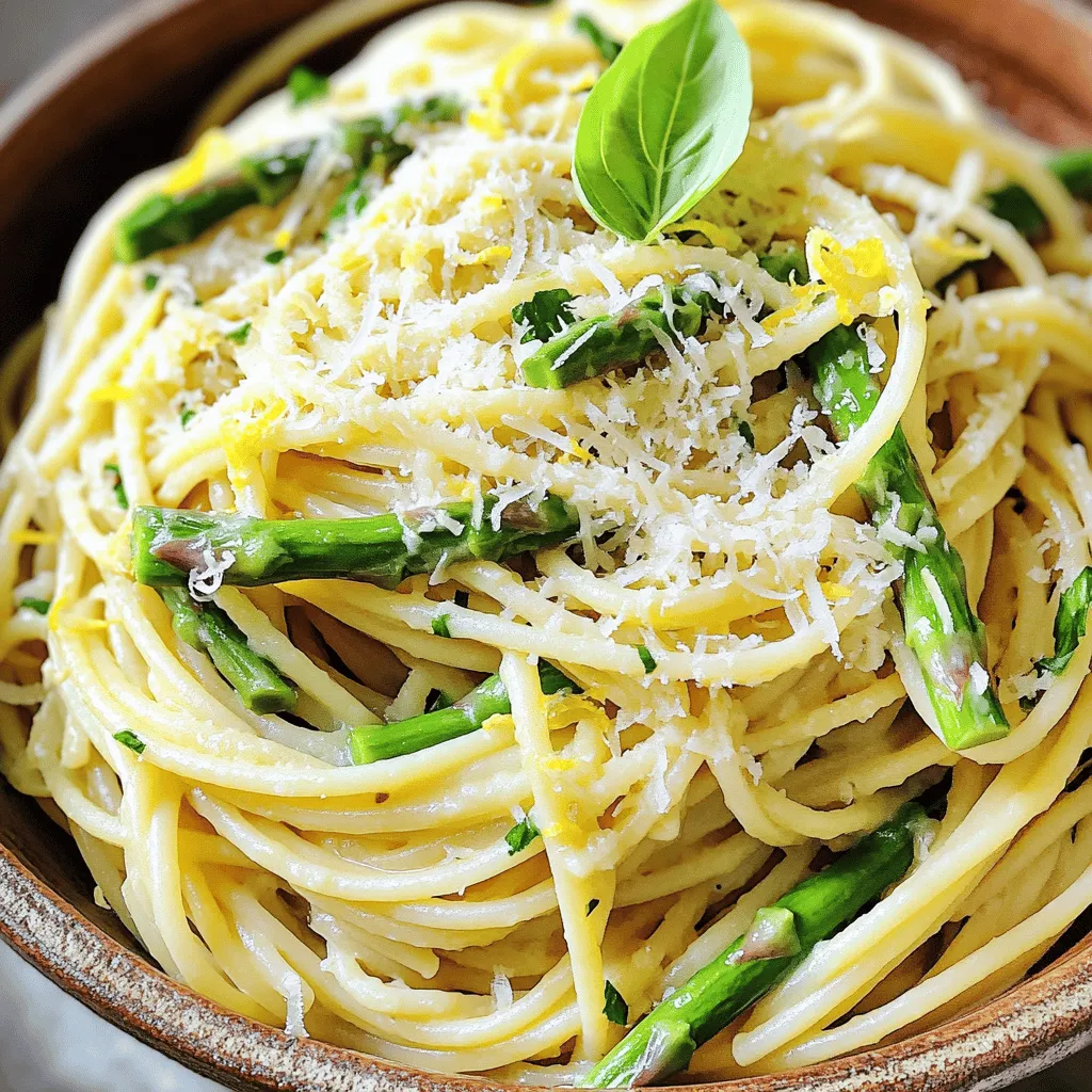 Für die Zitronen-Knoblauch Spargel-Pasta brauchst du folgende frische Zutaten: - 225 g Spaghetti oder Linguine - 1 Bund Spargel, die Enden entfernt und in 2,5 cm lange Stücke geschnitten - 3 Knoblauchzehen, fein gehackt - 60 ml Olivenöl - Schale und Saft von 1 großer Zitrone - 50 g frisch geriebener Parmesan (plus mehr zum Servieren) - Salz und frisch gemahlener schwarzer Pfeffer nach Geschmack - 1/2 Teelöffel rote Pfefferflocken (optional) - Frisches Basilikum oder Petersilie zur Garnitur Die Mengen sind wichtig, um den besten Geschmack zu erreichen. Du benötigst: - 225 g Spaghetti oder Linguine sorgen für eine gute Basis. - Ein Bund Spargel gibt dir den frischen Geschmack und die knackige Textur. - Drei Knoblauchzehen verleihen dem Gericht eine tolle Würze. - 60 ml Olivenöl helfen, alles perfekt zu braten. - Ein großer Zitrone bringt frische Säure. - 50 g Parmesan fügt eine cremige Note hinzu. - Salz und Pfeffer runden alles ab. - Rote Pfefferflocken bringen eine kleine Schärfe, die optional ist. - Frische Kräuter für die Garnitur machen das Gericht bunt. Frischer Spargel sieht glänzend und saftig aus. Achte auf diese Punkte: 1. Die Stiele sollten fest und knusprig sein. 2. Die Köpfe müssen fest und geschlossen sein. 3. Vermeide Spargel mit trockenen oder braunen Flecken. 4. Wenn du kannst, kaufe grünen Spargel. Er hat einen milden, süßen Geschmack. 5. Der Spargel sollte beim Brechen knackig knacken. Mit diesen Tipps findest du den besten Spargel für dein Gericht! Für das gesamte Rezept, schau dir die [Full Recipe] an. Für die perfekte Zitronen-Knoblauch Spargel-Pasta beginne ich mit den Nudeln. Ich koche 225 g Spaghetti oder Linguine in einem großen Topf mit sprudelndem, gesalzenem Wasser. Ich halte mich an die Anweisungen auf der Verpackung. Es ist wichtig, die Nudeln al dente zu kochen. Vor dem Abgießen der Pasta bewahre ich etwa 240 ml des Nudelwassers auf. Dieses Wasser hilft später, die Sauce cremig zu machen. In einer großen Pfanne erhitze ich 60 ml Olivenöl bei mittlerer Hitze. Ich füge 3 fein gehackte Knoblauchzehen hinzu und brate sie etwa 1 Minute lang an. Der Knoblauch sollte nur aromatisch werden, nicht braun. Dann gebe ich die geschnittenen Spargelstücke hinein. Ich brate den Spargel 5-7 Minuten lang, bis er zart, aber noch knackig ist. Nach dem Braten reduziere ich die Hitze und füge die gekochten Nudeln hinzu. Ich gebe auch die Zitronenschale und den Zitronensaft dazu. Alles vermenge ich gut. Falls die Pasta trocken ist, füge ich nach und nach etwas von dem aufbewahrten Nudelwasser hinzu. Jetzt kommt der beste Teil. Ich rühre 50 g frisch geriebenen Parmesan ein. Dann würze ich das Gericht mit Salz, Pfeffer und optional mit roten Pfefferflocken. Es ist wichtig, alles gut zu vermischen. Ich lasse das Gericht eine Minute ruhen, bevor ich es serviere. Ich richte die Pasta in Schalen an und garniere sie mit mehr Parmesan und frisch gehackten Kräutern wie Basilikum oder Petersilie. So sieht das Gericht nicht nur gut aus, es schmeckt auch fantastisch! Für das vollständige Rezept schaue dir die [Full Recipe] an. Ein häufiges Problem ist, die Nudeln zu lange zu kochen. Achte darauf, dass sie al dente sind. So bleiben sie bissfest. Ein weiterer Fehler ist, den Knoblauch zu lange zu braten. Er sollte nur leicht goldbraun sein. Ansonsten wird der Geschmack bitter. Viele vergessen auch, das Nudelwasser aufzuheben. Dieses Wasser hilft, die Sauce cremiger zu machen. Du kannst die Pasta leicht anpassen. Probiere verschiedene Nudelsorten wie Penne oder Fusilli. Für mehr Farben füge rote oder gelbe Paprika hinzu. Wenn du es schärfer magst, kannst du mehr rote Pfefferflocken verwenden. Für eine vegane Version ersetze den Parmesan durch Hefeflocken. Das gibt auch einen tollen Geschmack. Um die Textur zu verbessern, brate den Spargel kurz scharf an. So wird er knackiger. Füge auch etwas Zitronenschale hinzu, um den Geschmack zu intensivieren. Du kannst die Pasta mit frischem Basilikum oder Petersilie garnieren. Das macht das Gericht nicht nur schöner, sondern auch aromatischer. Wenn du mehr Umami möchtest, probiere geröstete Pinienkerne oder Walnüsse. Sie geben einen schönen Crunch. Für die vollständige Anleitung, schau dir das [Full Recipe] an. {{image_4}} Wenn du die Zitronen-Knoblauch Spargel-Pasta vegetarisch oder vegan machen möchtest, gibt es viele Optionen. Für die vegane Variante lässt du den Parmesan einfach weg oder ersetzt ihn durch eine pflanzliche Option. Du kannst auch Hefeflocken verwenden. Sie geben einen nussigen Geschmack und sind reich an B-Vitaminen. So bleibt das Gericht lecker und nahrhaft. Du kannst die Pasta nach deinem Geschmack anpassen. Zum Beispiel passen Kirschtomaten gut zu diesem Gericht. Brate sie mit dem Spargel an, um Süße hinzuzufügen. Auch Pinienkerne sind eine tolle Ergänzung. Röste sie leicht und streue sie über das fertige Gericht. Wenn du mehr Würze magst, füge frische Chili oder Kapern hinzu. Diese Zutaten bringen neue Aromen und Texturen in dein Essen. Die Zitronen-Knoblauch Spargel-Pasta ist vielseitig. Im Frühling ist frischer Spargel ideal. Im Sommer kannst du Zucchini oder grüne Bohnen verwenden. Im Herbst bieten sich Kürbiswürfel an, die du braten kannst, um einen süßen Geschmack zu erzielen. Im Winter passt Rosenkohl gut dazu. Jede Jahreszeit bringt ihren eigenen Geschmack. Experimentiere mit verschiedenen Gemüsesorten, um dein Gericht anzupassen. Um die restliche Zitronen-Knoblauch Spargel-Pasta frisch zu halten, lege sie in einen luftdichten Behälter. So bleibt der Geschmack erhalten. Lass die Pasta auf Raumtemperatur abkühlen, bevor du sie kühlst. Das verhindert Kondensation und macht die Pasta matschig. Du kannst die Reste bis zu drei Tage im Kühlschrank aufbewahren. Beim Wiedererwärmen ist es wichtig, die Pasta schonend zu erwärmen. Du kannst eine Pfanne bei mittlerer Hitze nutzen. Füge etwas Olivenöl oder Nudelwasser hinzu, um die Pasta feucht zu halten. Rühre die Pasta oft um, damit sie gleichmäßig warm wird. So bleibt die Textur angenehm und der Geschmack frisch. Im Kühlschrank hält die Zitronen-Knoblauch Spargel-Pasta etwa drei Tage. Wenn du sie länger aufbewahren möchtest, kannst du sie auch einfrieren. Achte darauf, die Pasta in einem gefrierfesten Behälter oder Beutel zu lagern. So kann sie bis zu drei Monate haltbar sein. Zum Auftauen lege die Pasta einfach über Nacht in den Kühlschrank. Die Zubereitung der Zitronen-Knoblauch Spargel-Pasta dauert insgesamt etwa 25 Minuten. Die Vorbereitungszeit beträgt 10 Minuten. Das Kochen der Pasta und des Spargels geht schnell. Dies macht das Gericht ideal für ein schnelles Abendessen. Ja, du kannst die Zitronen-Knoblauch Spargel-Pasta im Voraus zubereiten. Koche die Pasta und den Spargel. Lagere sie in einem luftdichten Behälter im Kühlschrank. Wenn du bereit bist, das Gericht zu servieren, erwärme die Pasta in einer Pfanne. Füge etwas Olivenöl und Zitronensaft hinzu, um den Geschmack aufzufrischen. Die Zitronen-Knoblauch Spargel-Pasta passt gut zu einfachen Salaten. Ein gemischter grüner Salat mit einem leichten Dressing ist perfekt. Auch gegrilltes Hähnchen oder Garnelen ergänzen dieses Gericht gut. Für Vegetarier sind gebratene Champignons eine tolle Option. Du kannst auch frisches Brot dazu servieren, um die Sauce aufzunehmen. Diese Zitronen-Knoblauch Spargel-Pasta ist einfach zuzubereiten und lecker. Wir haben die wichtigen Zutaten, die Zubereitungsschritte und nützliche Tipps behandelt. Häufige Fehler und Anpassungsmöglichkeiten helfen dir, die beste Version zu kreieren. Variationen bieten neue Geschmacksrichtungen, während die Lagerung dafür sorgt, dass du Reste genießen kannst. Vergiss nicht, dass frische Zutaten der Schlüssel sind. Viel Spaß beim Kochen und Genießen!