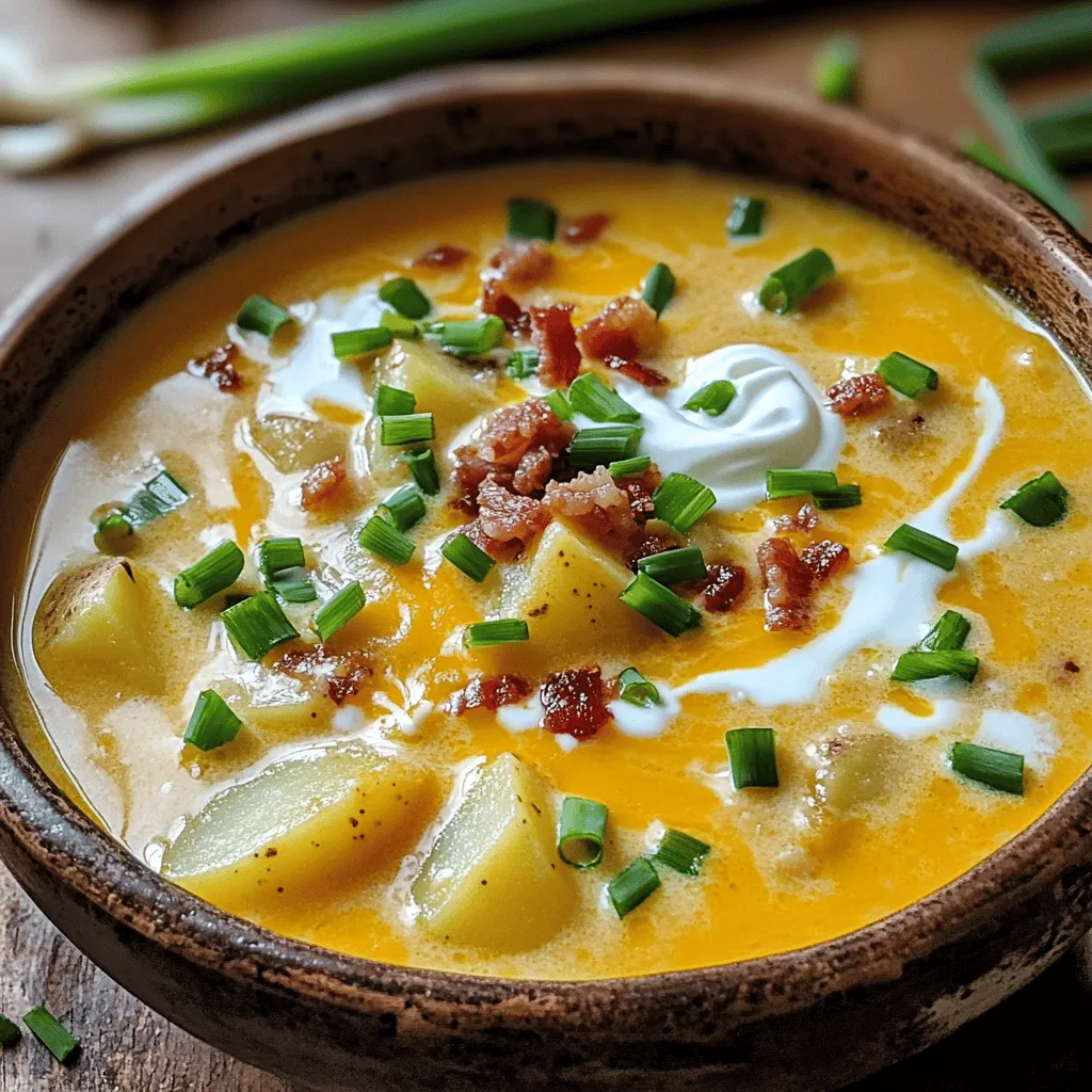 - 4 große Russet-Kartoffeln - 1 mittelgroße Zwiebel - 3 Knoblauchzehen - 4 Tassen Gemüsebrühe - 1 Tasse Schlagsahne (oder milchfreie Option) - 1 Tasse geriebener Cheddar-Käse - 1/2 Tasse saure Sahne - 5 Scheiben Putenbacon (optional) - 2 Frühlingszwiebeln - Gewürze: Salz und Pfeffer Die Hauptzutaten sind die Basis für die Suppe. Russet-Kartoffeln geben die richtige Textur. Zwiebeln und Knoblauch fügen Geschmack hinzu. Gemüsebrühe sorgt für die nötige Flüssigkeit und Tiefe. Die cremigen Komponenten machen die Suppe reichhaltig. Schlagsahne oder eine milchfreie Option gibt eine samtige Note. Geriebener Cheddar-Käse sorgt für herzhaften Geschmack. Saure Sahne bringt Frische und eine leichte Säure ins Spiel. Zusätzliche Zutaten wie Putenbacon bringen einen rauchigen Geschmack. Frühlingszwiebeln geben einen schönen Crunch und Farbe. Gewürze wie Salz und Pfeffer runden das Ganze ab und heben die Aromen hervor. Für die vollständige Liste und Anleitung, schau dir das gesamte Rezept an. Um die perfekte Loaded Baked Potato Soup zu machen, beginne mit der Vorbereitung. - Zwiebel und Knoblauch vorbereiten: Hacke eine mittelgroße Zwiebel und drei Knoblauchzehen klein. Das gibt der Suppe viel Geschmack. - Kartoffeln schälen und würfeln: Nimm vier große Russet-Kartoffeln. Schäle sie und schneide sie in kleine Würfel. So garen sie gleichmäßiger. Jetzt ist es Zeit, die Aromen zum Leben zu erwecken. - Zwiebel und Knoblauch anbraten: Erhitze zwei Esslöffel Olivenöl in einem großen Topf. Gib die Zwiebel und den Knoblauch dazu. Brate sie etwa fünf Minuten lang, bis die Zwiebel weich und durchsichtig ist. - Kartoffeln und Brühe hinzufügen: Füge die gewürfelten Kartoffeln und vier Tassen Gemüsebrühe hinzu. Bringe die Mischung zum Kochen. Reduziere dann die Hitze und lasse die Suppe 15 bis 20 Minuten köcheln, bis die Kartoffeln weich sind. Der letzte Schritt macht die Suppe cremig und lecker. - Suppe pürieren bis zur gewünschten Konsistenz: Wenn die Kartoffeln weich sind, benutze einen Pürierstab. Püriere die Suppe, bis sie glatt ist. Du kannst auch vorsichtig einen Mixer verwenden, aber sei vorsichtig, weil die Suppe heiß ist. - Cremige Zutaten und Gewürze einrühren: Rühre eine Tasse Schlagsahne und eine Tasse geriebenen Cheddar-Käse unter. Füge auch eine halbe Tasse saure Sahne hinzu. Schmecke mit Salz und Pfeffer ab. Lass die Suppe weitere fünf Minuten kochen, damit sich die Aromen gut vermischen. Für das komplette Rezept, schau dir die Cremige Beladene Ofenkartoffelsuppe an. Um die beste Konsistenz zu erreichen, pürieren Sie die Suppe gut. Ein Pürierstab funktioniert am besten, weil er einfach zu handhaben ist. Wenn Sie einen Mixer verwenden, lassen Sie etwas Platz für den Dampf. So vermeiden Sie, dass die Suppe überläuft. Bereiten Sie die Zutaten im Voraus vor. Schneiden Sie die Kartoffeln und das Gemüse am Abend vorher. So sparen Sie Zeit beim Kochen. Sie können die gewürfelten Kartoffeln in Wasser einlegen, damit sie nicht braun werden. Kräuter bringen frischen Geschmack in die Suppe. Frischer Schnittlauch oder Petersilie sind tolle Optionen. Fügen Sie sie am Ende hinzu, um das Aroma zu erhalten. Zusätzliche Gewürze wie Paprika oder Cayennepfeffer verleihen der Suppe eine besondere Note. Experimentieren Sie mit verschiedenen Kräutern. So finden Sie Ihre Lieblingskombination. Um die Suppe leichter zu machen, verwenden Sie fettfreie Sahne statt normaler Sahne. Das macht die Suppe weniger schwer und kalorienarm. Für eine vegane Version ersetzen Sie die Sahne durch Kokosmilch. Auch die saure Sahne kann durch eine pflanzliche Variante ersetzt werden. So genießen Sie die Suppe, ohne auf den Geschmack zu verzichten. Für die vollständige Rezeptur schauen Sie sich die Cremige Beladene Ofenkartoffelsuppe an. {{image_4}} Für die Fleischliebhaber gibt es viele Möglichkeiten. Sie können Putenbacon oder normalen Bacon verwenden. Putenbacon macht die Suppe leichter und weniger fettig. Wenn Sie Fleisch ganz meiden möchten, ist eine vegetarische Version ideal. Sie können die Suppe einfach ohne Bacon zubereiten und trotzdem großartigen Geschmack genießen. Wenn Sie eine vegane Version möchten, ersetzen Sie die Schlagsahne. Verwenden Sie cremige Kokosmilch oder eine pflanzliche Sahne. Auch die saure Sahne lässt sich gut durch vegane Alternativen ersetzen. Dies gibt Ihrer Suppe die nötige Cremigkeit, ohne tierische Produkte. Fügen Sie eine Schicht Avocado oben drauf hinzu. Diese sorgt für eine tolle Frische und einen nussigen Geschmack. Zu dieser herzhaften Suppe passen viele Beilagen. Ein frisches Baguette oder knusprige Brötchen sind perfekt. Sie können auch Crackers servieren, die toll zum Dippen sind. Für die Garnierung sind frische Kräuter wie Schnittlauch und Petersilie eine gute Wahl. Geben Sie extra geriebenen Käse oder knusprigen Bacon darüber, um die Suppe noch attraktiver zu machen. Wenn Sie die Suppe noch kreativer gestalten wollen, probieren Sie gebratene Zwiebeln oder Jalapeños als Topping. Um Ihre Loaded Baked Potato Soup frisch zu halten, lassen Sie sie abkühlen. Füllen Sie die Suppe in einen luftdichten Behälter. Stellen Sie sicher, dass der Behälter gut verschlossen ist. So bleibt die Suppe im Kühlschrank für etwa 3 bis 5 Tage haltbar. Vor dem Essen einfach aufwärmen. Sie können die Suppe auch einfrieren. Verwenden Sie gefriergeeignete Behälter oder Beutel. Lassen Sie etwas Platz, da die Suppe beim Gefrieren expandiert. Die Suppe hält sich so bis zu 3 Monate. Zum Auftauen legen Sie die Suppe über Nacht in den Kühlschrank. Wärmen Sie sie in einem Topf oder in der Mikrowelle auf. Haben Sie Reste von der Suppe? Verwenden Sie sie in einem Auflauf oder als Sauce für Pasta. Sie können auch kleine Portionen in einem Brot einfüllen. Um die Suppe neu zu gestalten, fügen Sie frisches Gemüse oder Hülsenfrüchte hinzu. Experimentieren Sie mit verschiedenen Toppings wie Avocado oder knusprigem Brot. Die Suppe hält sich gut im Kühlschrank. Sie bleibt frisch für etwa 3 bis 5 Tage. Achten Sie darauf, sie in einem luftdichten Behälter zu lagern. Dies hilft, den Geschmack zu bewahren. Ja, Sie können die Suppe im Voraus zubereiten. Kochen Sie die Suppe und lassen Sie sie abkühlen. Füllen Sie sie dann in einen Behälter. Stellen Sie sicher, dass der Behälter gut verschlossen ist. So bleibt die Suppe frisch, wenn Sie sie später genießen. Es gibt viele leckere Variationen dieser Suppe. Fügen Sie zum Beispiel gebratene Zwiebeln oder Paprika hinzu. Für einen scharfen Kick können Sie Jalapeños verwenden. Auch verschiedene Käsesorten wie Gouda oder Mozzarella geben der Suppe neuen Geschmack. Um die Suppe glutenfrei zu machen, verwenden Sie glutenfreie Brühe. Achten Sie darauf, dass alle Zutaten frei von Gluten sind. Vermeiden Sie auch herkömmlichen Bacon, falls er Gluten enthält. So können alle glutenempfindlichen Esser die Suppe genießen. Zu dieser Suppe passen viele Beilagen gut. Ein frisches Baguette oder Knoblauchbrot sind großartige Begleiter. Auch ein einfacher grüner Salat ergänzt die Suppe perfekt. Für einen Snack können Sie Tortilla-Chips oder Cracker anbieten. Diese leckere Kartoffelsuppe ist einfach zuzubereiten und sehr vielseitig. Wir haben die Hauptzutaten, cremige Komponenten und nützliche Tipps besprochen. Außerdem habe ich verschiedene Varianten vorgestellt, um jeden Geschmack zu treffen. Denke daran, die Suppe im Kühlschrank aufzubewahren oder sogar einzufrieren. So bleibt sie frisch. Probier die vorgeschlagenen Beilagen und Toppings aus, um noch mehr Geschmack zu erzielen. Viel Spaß beim Kochen und Genießen!